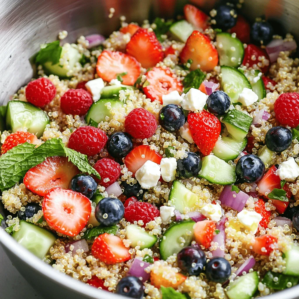 Für einen leckeren Sommerlichen Beeren-Quinoa-Salat brauchen Sie folgende Hauptzutaten: - 1 Tasse Quinoa, gründlich gewaschen - 2 Tassen Wasser oder Gemüsebrühe - 1 Tasse gemischte Beeren (Erdbeeren, Blaubeeren, Himbeeren), bei großen Beeren halbiert - 1 mittlere Gurke, gewürfelt - 1/4 Tasse rote Zwiebel, fein gehackt - 1/4 Tasse Feta-Käse, zerbröselt (optional) - 1/4 Tasse frische Minzblätter, gehackt Diese Zutaten sorgen für einen frischen Geschmack und eine schöne Farbe. Um den Salat nach Ihrem Geschmack zu ändern, können Sie folgende optionale Zutaten hinzufügen: - 1/4 Tasse Olivenöl - 2 Esslöffel Zitronensaft - Salz und Pfeffer nach Geschmack - 1 Esslöffel Honig oder Ahornsirup (optional, für Süße) Diese Zutaten können die Aromen verstärken und den Salat anpassen. Jede Zutat in diesem Salat hat ihre eigenen Vorteile: - Quinoa: Reich an Protein und Ballaststoffen. Gut für die Verdauung. - Beeren: Hoch in Antioxidantien, gut für das Immunsystem. - Gurke: Hydratisierend und kalorienarm. Perfekt für heiße Tage. - Rote Zwiebel: Gibt einen schönen Geschmack und hat entzündungshemmende Eigenschaften. - Feta-Käse: Liefert Calcium und einen salzigen Kick. - Minze: Frisch und gut für die Verdauung. Der Sommerliche Beeren-Quinoa-Salat ist nicht nur lecker, sondern auch sehr gesund. Für die vollständige Rezeptanleitung, sehen Sie bitte die [Full Recipe]. Um die Quinoa perfekt zuzubereiten, beginne mit einer Tasse Quinoa. Zuerst gründlich waschen. So entfernst du Bitterstoffe. Danach gib die Quinoa in einen mittelgroßen Topf. Füge zwei Tassen Wasser oder Gemüsebrühe hinzu. Bring die Mischung bei mittlerer bis hoher Hitze zum Kochen. Wenn es kocht, reduziere die Hitze. Decke den Topf ab und lasse die Quinoa 15 Minuten köcheln, bis sie weich ist. Danach vom Herd nehmen und fünf Minuten ruhen lassen. Lockere die Quinoa mit einer Gabel auf und lass sie auf Zimmertemperatur abkühlen. Die Zutaten sind einfach und frisch. Nimm eine Tasse gemischte Beeren. Erdbeeren, Blaubeeren und Himbeeren passen gut. Halbiere die großen Beeren. Bereite auch eine mittlere Gurke vor. Würfle sie in kleine Stücke. Eine viertel Tasse rote Zwiebel ist ebenfalls wichtig. Hacke sie fein. Wenn du magst, kannst du eine viertel Tasse Feta-Käse zerbröseln. Vergiss nicht die frischen Minzblätter. Hacke sie grob. Diese Zutaten bringen Farbe und Geschmack in den Salat. Für das Dressing nimm eine kleine Schüssel. Gib ein viertel Tasse Olivenöl, zwei Esslöffel Zitronensaft und eine Prise Salz und Pfeffer hinein. Wenn du es süßer magst, füge einen Esslöffel Honig oder Ahornsirup hinzu. Mische alles gut, bis es homogen ist. In einer großen Rührschüssel vermenge die abgekühlte Quinoa mit den vorbereiteten Beeren, Gurke, Zwiebel und Minze. Gieße das Dressing über die Mischung und rühre vorsichtig um. So verteilt sich das Dressing gleichmäßig. Schmecke den Salat ab und passe die Würze nach deinem Geschmack an. Für das komplette Rezept, schau dir die [Full Recipe] an. Um perfekte Quinoa zu kochen, beginne mit gründlichem Waschen. Das entfernt Bitterstoffe. Verwende das richtige Verhältnis von Quinoa zu Wasser: 1 Tasse Quinoa benötigt 2 Tassen Wasser oder Brühe. Koche sie zuerst bei hoher Hitze. Reduziere dann die Hitze und lasse sie 15 Minuten köcheln. Nach dem Kochen lass die Quinoa fünf Minuten ruhen. Dies macht sie fluffig. Verwende eine Gabel zum Lockern der Quinoa. So wird sie leicht und locker. Du kannst die Zutaten nach deinem Geschmack anpassen. Möchtest du mehr Crunch? Füge Nüsse oder Samen hinzu. Für mehr Süße sind Pfirsiche oder Mangos toll. Probiere auch verschiedene Kräuter aus. Basilikum oder Koriander geben einen neuen Geschmack. Wenn du es würziger magst, füge etwas Chili oder Pfeffer hinzu. Du kannst auch den Käse weglassen oder durch eine vegane Option ersetzen. Garnituren können deinem Salat einen schönen Look geben. Frische Minzblätter sind eine gute Wahl. Sie bringen Farbe und Frische. Du kannst auch geröstete Nüsse darüber streuen. Mandeln oder Walnüsse passen gut. Ein Spritzer zusätzlicher Zitronensaft hebt die Aromen hervor. Wenn du magst, probiere auch etwas Balsamico-Creme. Das sieht toll aus und schmeckt lecker. Diese Ideen machen deinen Sommer Berry Quinoa Salad noch spezieller. Für das gesamte Rezept siehe [Full Recipe]. {{image_4}} Manchmal möchte ich das Rezept anpassen. Ich tausche Zutaten je nach Saison aus. Im Frühling verwende ich frische Erdbeeren und Rhabarber. Im Herbst schmecken Äpfel und Kürbis gut. Du kannst auch Nüsse oder Samen hinzufügen. Diese Varianten bringen neue Geschmäcker in dein Gericht. Es ist spannend, mit den Zutaten zu spielen. Um den Salat vegan zu machen, lasse den Feta-Käse weg. Ersetze ihn mit Avocado für eine cremige Textur. Du kannst auch einen speziellen veganen Käse verwenden. Süßungsmittel wie Honig kannst du mit Agavendicksaft ersetzen. Diese Alternativen machen den Salat nahrhaft und lecker. Du wirst die Vielfalt lieben! Ich liebe es, neue Kombis auszuprobieren. Füge Paprika oder Karotten für mehr Crunch hinzu. Auch Kichererbsen oder schwarze Bohnen passen gut in den Salat. Sie bieten Protein und machen ihn sättigender. Experimentiere mit verschiedenen Geschmäckern. So bleibt der Salat spannend und frisch. Du kannst die Grundidee des Full Recipe beibehalten und dennoch neue Akzente setzen. Wenn du Reste vom Sommerlichen Beeren-Quinoa-Salat hast, bewahre sie in einem luftdichten Behälter auf. So bleiben die Zutaten frisch und lecker. Teile den Salat in Portionen, um die Entnahme zu erleichtern. Achte darauf, den Feta-Käse separat zu lagern, falls du ihn hinzugefügt hast. So bleibt er frisch und weich. Die beste Methode zur Lagerung ist, den Salat im Kühlschrank zu halten. Stelle sicher, dass der Behälter gut verschlossen ist. Dies verhindert das Eindringen von Luft und anderen Gerüchen. Du kannst auch ein Küchenpapier oben im Behälter platzieren. Das Papier hilft, die Feuchtigkeit zu absorbieren und die Beeren knackig zu halten. Im Kühlschrank hält sich der Salat etwa drei bis vier Tage. Achte darauf, ihn bei Bedarf gut durchzumischen, bevor du ihn servierst. Wenn du den Salat im Voraus zubereiten möchtest, koche die Quinoa und bereite das Dressing separat vor. Vermenge alles erst kurz vor dem Servieren. So bleibt alles frisch und die Texturen sind optimal. Ich empfehle, die Beeren erst kurz vor dem Servieren hinzuzufügen, um ihre Frische zu bewahren. Ja, du kannst die Quinoa im Voraus kochen. Das spart Zeit und macht die Zubereitung einfacher. Koche die Quinoa einfach nach dem Rezept. Lass sie dann abkühlen und bewahre sie im Kühlschrank auf. So bleibt sie frisch für bis zu fünf Tage. Du kannst dann die Quinoa einfach in den Salat mischen, wenn du bereit bist zu essen. Für diesen Salat sind gemischte Beeren ideal. Ich empfehle Erdbeeren, Blaubeeren und Himbeeren. Sie bringen Farbe und Geschmack. Du kannst auch andere Beeren wie Brombeeren oder Johannisbeeren verwenden. Frische Beeren sind am besten, aber tiefgefrorene Beeren funktionieren auch. Achte darauf, sie gut abzutropfen, bevor du sie hinzufügst. Du kannst diesen Salat leicht für eine Party anpassen. Füge mehr Beeren hinzu, um die Portionen zu vergrößern. Du kannst auch andere Zutaten hinzufügen, wie Avocado oder geröstete Nüsse. Diese geben einen tollen Crunch. Wenn du den Salat ansprechend präsentieren möchtest, serviere ihn in einer großen Schüssel. Genieße die Farben und Aromen! Für das vollständige Rezept, sieh dir den [Full Recipe] an. Der Sommerliche Beeren-Quinoa-Salat vereint gesunde Zutaten, einfache Zubereitung und Anpassungsmöglichkeiten. Du kannst frische Beeren und Quinoa so kombinieren, dass der Salat deinen Geschmack trifft. Verwende unsere Tipps zur perfekten Quinoa und lass deiner Kreativität freien Lauf mit Variationen. Denke daran, den Salat frisch zu lagern, damit er köstlich bleibt. Mit diesen Informationen bist du gut gerüstet, um diesen Salat zuzubereiten. Genieße die gesunde Vielfalt und die frischen Aromen, die ein solcher Salat bieten kann.