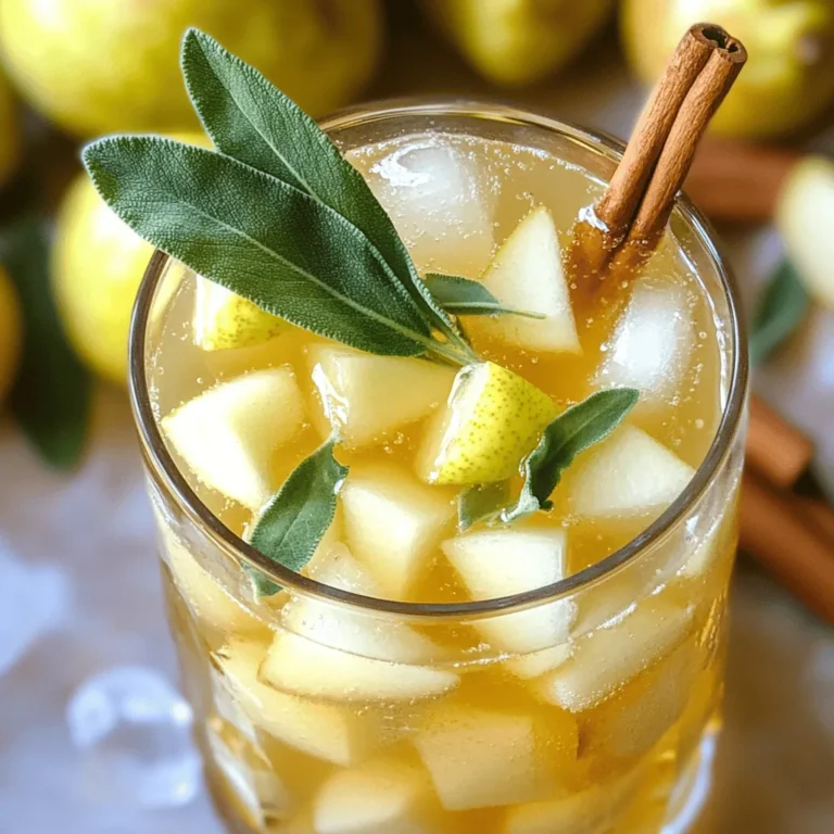 - 4 reife Birnen - 1 Esslöffel frische Salbeiblätter - 1 Esslöffel Zitronensaft - 4 Tassen Sprudelwasser - 1/4 Tasse Honig oder Ahornsirup - Eiswürfel - Ganze Salbeiblätter - Zimtstangen (optional) Die Hauptzutaten sind der Schlüssel zu einem großartigen Birnen-Salbei-Sprudel-Cider. Die reifen Birnen bringen Süße. Frische Salbeiblätter sorgen für einen tollen Geschmack. Zitronensaft bringt die Aromen zusammen und gibt Frische. Die zusätzlichen Zutaten sind wichtig für die Spritzigkeit. Sprudelwasser macht den Cider lebhaft. Honig oder Ahornsirup fügt eine süße Note hinzu. Eiswürfel kühlen das Getränk und machen es erfrischend. Für die Garnierung verwende ich ganze Salbeiblätter. Diese sehen toll aus und geben Aroma. Zimtstangen sind optional, aber sehr lecker. Sie fügen ein warmes Gewürz hinzu und machen den Cider festlich. Wenn du mehr über die Zubereitung erfahren möchtest, schau dir das [Full Recipe] an. - Birnen schälen, entkernen und würfeln: Beginnen Sie mit den Birnen. Nehmen Sie vier reife Birnen. Schälen Sie sie, entfernen Sie die Kerne und schneiden Sie sie in kleine Würfel. Die Birnen sind der Hauptbestandteil. - Salbeiblätter fein hacken: Nehmen Sie einen Esslöffel frische Salbeiblätter. Hacken Sie die Blätter fein. Dies gibt dem Cider einen tollen Geschmack. - Birnen, Salbei und Zitronensaft mixen: Geben Sie die gewürfelten Birnen, die gehackten Salbeiblätter und einen Esslöffel Zitronensaft in einen Mixer. Mixen Sie alles gut, bis die Mischung glatt ist. Das bringt die Aromen zusammen. - Honig oder Ahornsirup hinzufügen und erwärmen: Jetzt nehmen Sie einen mittelgroßen Topf. Fügen Sie die Birnenmischung und 1/4 Tasse Honig oder Ahornsirup hinzu. Rühren Sie gut um und erwärmen Sie die Mischung bei mittlerer Hitze. Lassen Sie es 3-5 Minuten warm werden, aber nicht kochen. - Mischung filtern: Nehmen Sie den Topf vom Herd. Lassen Sie die Mischung auf Zimmertemperatur abkühlen. Filtern Sie die Mischung durch ein feines Sieb in einen großen Krug. Drücken Sie mit einem Spatel, um so viel Flüssigkeit wie möglich herauszuholen. - Sprudelwasser hinzufügen und servieren: Gießen Sie langsam 4 Tassen Sprudelwasser in den Krug mit dem Birnen-Salbei-Saft. Rühren Sie vorsichtig um, um alles gut zu vermengen. Servieren Sie den Cider über Eiswürfeln in Gläsern. Garnieren Sie mit einem ganzen Salbeiblatt und einer Zimtstange, wenn Sie möchten. Für das vollständige Rezept besuchen Sie [Full Recipe]. Um den besten Geschmack zu erzielen, achte auf das Verhältnis von Birne zu Salbei. Ich empfehle, vier reife Birnen für einen Esslöffel frische Salbeiblätter zu verwenden. Dieser Mix bringt die Süße der Birnen hervor und ergänzt die erdigen Aromen des Salbeis. Du kannst den Honig oder Ahornsirup nach deinem Geschmack anpassen. Probiere es zuerst mit einem viertel Tasse und füge mehr hinzu, wenn du es süßer magst. Der Birnen-Salbei-Sprudel-Cider ist ideal für festliche Anlässe. Er passt perfekt zu einer Vielzahl von Speisen. Du kannst ihn zu einer Käseplatte oder zu gegrilltem Fleisch servieren. Auch zu einem frischen Salat macht er sich gut. Die Spritzigkeit des Ciders bringt einen tollen Kontrast zu herzhaften Gerichten. Im Kühlschrank bleibt der Cider bis zu drei Tage frisch. Stelle sicher, dass du ihn in einem luftdichten Behälter aufbewahrst. Wenn du Reste hast, kannst du sie auch in Eiswürfelformen einfrieren. So hast du einen leckeren Cider-Eiswürfel für Dein nächstes Getränk. {{image_4}} Ich liebe es, mit verschiedenen Früchten zu experimentieren. Du kannst zum Beispiel Äpfel oder Pfirsiche hinzufügen. Diese Früchte passen gut zu Birnen und Salbei. Das ergibt einen neuen, frischen Geschmack. Du kannst auch Beeren wie Himbeeren oder Brombeeren verwenden. Sie bringen eine süße Note und Farbe in deinen Cider. Zusätzlich kannst du andere Kräuter wie Minze oder Thymian ausprobieren. Diese Kräuter geben deinem Getränk eine spannende Wendung. Minze sorgt für einen kühlen Effekt, während Thymian einen herzhaften Geschmack hinzufügt. Wenn du eine alkoholische Variante möchtest, füge Apfelwein oder Prosecco hinzu. Diese Getränke bringen Spritzigkeit und einen fruchtigen Kick. Du kannst auch einen Schuss Gin oder Wodka beifügen. Diese Spirituosen passen gut zu Birne und Salbei. Ein spritziger Cocktail mit Birnen-Salbei-Basis ist ebenfalls eine tolle Idee. Mische die Zutaten mit Eis und füge ein wenig Sprudelwasser hinzu. Das ergibt ein erfrischendes, prickelndes Getränk. Die Jahreszeit beeinflusst die Auswahl an Zutaten. Im Herbst sind frische Birnen und Salbei leicht zu finden. Im Winter kannst du Zimt oder Nelken hinzufügen. Diese Gewürze geben deinem Cider Wärme und Gemütlichkeit. Im Frühling kannst du frische Kräuter wie Basilikum verwenden. Diese Kräuter bringen Leichtigkeit und Frische. Im Sommer sind Melonen oder Zitrusfrüchte eine gute Wahl, um deinen Cider aufzupeppen. Für das vollständige Rezept, schau dir bitte [Full Recipe] an. Um den besten Geschmack aus Ihrem Birnen-Salbei-Sprudel-Cider herauszuholen, beachten Sie folgende Punkte: - Temperatur: Lagern Sie den Cider kühl, idealerweise zwischen 4 und 8 Grad Celsius. So bleibt er frisch und spritzig. - Lichtverhältnisse: Halten Sie ihn fern von direkter Sonneneinstrahlung. Licht kann die Aromen schädigen und die Qualität mindern. Geeignete Behälter sind wichtig. Verwenden Sie: - Glasflaschen mit Schraubverschluss: Diese halten den Cider frisch und sprudelnd. - Kunststoffbehälter: Diese sind leicht, aber achten Sie darauf, dass sie dicht verschlossen sind. Die Haltbarkeit ist entscheidend für den Genuss. Hier einige Tipps: - Empfohlene Zeitspanne im Kühlschrank: Im Kühlschrank bleibt der Cider etwa 5 bis 7 Tage frisch. Achten Sie darauf, ihn gut zu verschließen. - Hinweise für das Einfrieren: Es ist nicht empfehlenswert, den Cider einzufrieren. Das Sprudelwasser kann seine Textur verlieren und der Geschmack wird beeinträchtigt. Um das Beste aus Ihrem Cider herauszuholen, nutzen Sie ihn frühzeitig. Hier sind einige Tipps: - Optimale Nutzung vor Ablauf: Trinken Sie ihn innerhalb der ersten Tage nach der Zubereitung. So genießen Sie die frischen Aromen am besten. - Verwendung in Cocktails: Mischen Sie ihn in Cocktails oder als Spritzgetränk mit weiteren Zutaten. Das bringt neue Geschmäcker und macht Spaß. Probieren Sie das Rezept aus und genießen Sie jeden Schluck! Birnen-Salbei-Sprudel-Cider hält sich gut im Kühlschrank. Du kannst ihn bis zu drei Tage aufbewahren. Stelle sicher, dass du ihn in einem luftdichten Behälter lagerst. So bleibt er frisch und spritzig. Bei längerer Lagerung kann der Geschmack verblassen. Der Cider verliert auch seine Spritzigkeit. Am besten genießt du ihn frisch zubereitet. Ja, du kannst getrocknete Salbeiblätter verwenden, aber der Geschmack wird anders sein. Getrocknete Blätter haben oft einen intensiveren Geschmack. Sie sind jedoch weniger frisch. Wenn du getrocknete Blätter nutzt, nimm nur die Hälfte der Menge. So vermeidest du einen zu starken Geschmack. Frische Salbeiblätter geben ein lebendigeres Aroma. Das macht deinen Cider noch köstlicher. Für die besten Zutaten empfehle ich lokale Märkte oder Bioläden. Dort findest du frische Birnen und Kräuter. Du kannst auch Online-Shops nutzen. Viele bieten frische und hochwertige Produkte an. Achte auf die Qualität der Zutaten. Das beeinflusst den Geschmack deines Ciders. Wenn du die besten Zutaten wählst, wird dein Ergebnis noch besser. In diesem Artikel habe ich die Zutaten, die Zubereitung und die Aufbewahrung von Birnen-Salbei-Sprudel-Cider erklärt. Der Mix aus Birnen, Salbei und sprudelndem Wasser ist einfach und frisch. Ihre Variationen können den Geschmack noch spannender machen. Denken Sie daran, frische Zutaten zu verwenden und Ihre Cider kühl zu lagern. Probieren Sie diese Tipps aus, um die beste Mischung zu finden. Genießen Sie diesen Cider bei festlichen Anlässen oder einfach so. So macht das Trinken Freude!