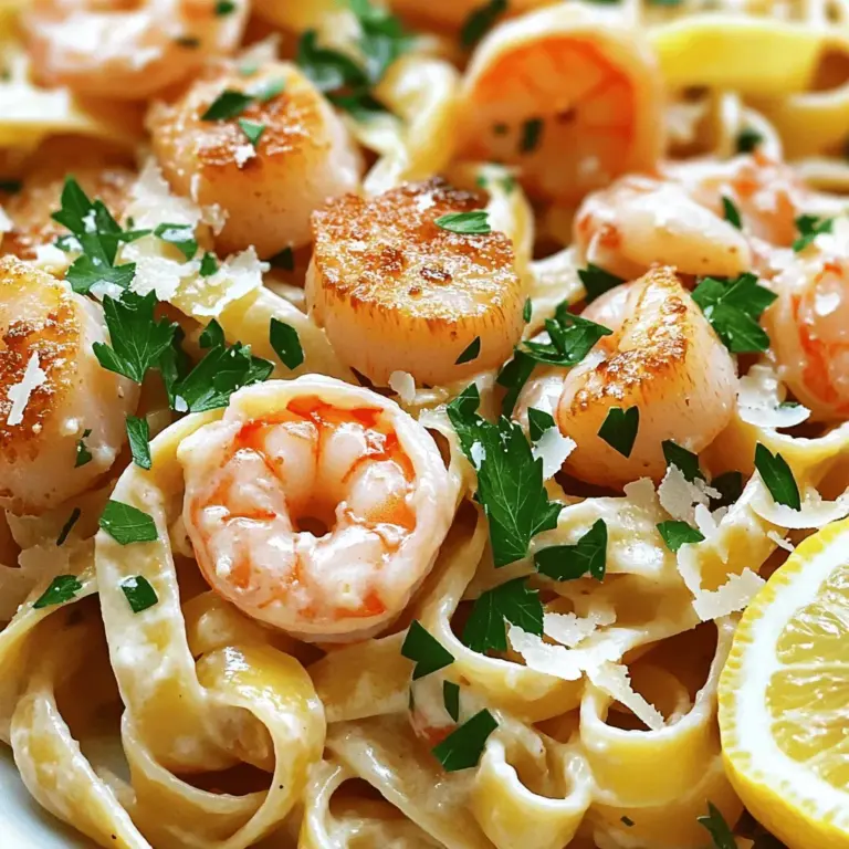 Für diese leckere Pasta brauchen Sie: - 225 g Fettuccine-Nudeln - 1 EL Olivenöl - 1 kleine Zwiebel, fein gehackt - 2 Knoblauchzehen, gehackt - 340 g Garnelen, geschält und entdarmt - 225 g Jakobsmuscheln, gereinigt - 240 ml Schlagsahne - 50 g frisch geriebener Parmesan - 1 TL Zitronenschale - 1 EL frischer Zitronensaft - Salz und Pfeffer nach Geschmack - 2 EL frische Petersilie, gehackt (zum Garnieren) - Rote Chiliflocken (optional) Diese Zutaten bilden die Basis für die cremige Sauce. Die Garnelen und Jakobsmuscheln bringen den frischen Geschmack des Meeres. Für das perfekte Aroma sind die Gewürze wichtig. Salz und Pfeffer sorgen für den Grundgeschmack. Zitronenschale und Zitronensaft geben der Sauce Frische. Die rote Chiliflocken fügen eine kleine Schärfe hinzu, falls Sie es mögen. Wenn Sie frische Zutaten verwenden möchten, achten Sie auf die Qualität. Kaufen Sie Garnelen und Jakobsmuscheln vom Fischhändler Ihres Vertrauens. Frische Kräuter wie Petersilie machen das Gericht lebendiger. Sie können auch andere Meeresfrüchte wie Tintenfisch oder Muscheln hinzufügen. Ein bisschen Kreativität macht das Rezept spannend. Für die komplette Zubereitung schauen Sie sich das Full Recipe an. Beginnen Sie mit der Vorbereitung der Zutaten. Messen Sie alles ab, um den Kochprozess zu erleichtern. Kochen Sie die Fettuccine-Nudeln nach den Anweisungen auf der Verpackung, bis sie al dente sind. Dies dauert etwa 8-10 Minuten. Denken Sie daran, 120 ml Nudelwasser aufzuheben. Dies hilft später, die Sauce zu verdünnen. Während die Nudeln kochen, können Sie die anderen Zutaten vorbereiten. Hacken Sie die Zwiebel und den Knoblauch. Reinigen Sie die Garnelen und Jakobsmuscheln. Diese Schritte nehmen insgesamt etwa 10 Minuten in Anspruch. Erhitzen Sie 1 Esslöffel Olivenöl in einer großen Pfanne bei mittlerer Hitze. Fügen Sie die gehackte Zwiebel hinzu. Sautieren Sie sie etwa 3-4 Minuten, bis sie durchsichtig ist. Rühren Sie dann den Knoblauch ein und braten Sie ihn eine weitere Minute an. Sehen Sie, wie der Duft sich entfaltet! Jetzt erhöhen Sie die Hitze auf mittelhoch. Geben Sie die Garnelen und Jakobsmuscheln in die Pfanne. Kochen Sie sie 3-4 Minuten, bis die Garnelen rosa und die Jakobsmuscheln goldbraun sind. Achten Sie darauf, sie nicht zu überkochen. Reduzieren Sie die Hitze auf niedrig und gießen Sie die Schlagsahne hinein. Rühren Sie, um die Sahne gut zu erwärmen. Fügen Sie nach und nach den geriebenen Parmesan hinzu. Rühren Sie ständig, bis er schmilzt und die Sauce cremig ist. Wenn die Sauce zu dick ist, verwenden Sie das reservierte Nudelwasser, um die Konsistenz zu verbessern. Jetzt, wo die Sauce fertig ist, fügen Sie die Zitronenschale und den Zitronensaft hinzu. Würzen Sie die Sauce mit Salz, Pfeffer und optional roten Chiliflocken. Geben Sie die gekochten Fettuccine in die Pfanne. Wenden Sie die Nudeln, damit sie gleichmäßig mit der Sauce überzogen sind. Nehmen Sie die Pfanne vom Herd. Garnieren Sie das Gericht mit frisch gehackter Petersilie. Servieren Sie die Pasta heiß und genießen Sie diese köstliche, cremige Meeresfrüchte-Pasta! Für die vollständige Rezeptanleitung besuchen Sie [Full Recipe]. Um die Sauce perfekt zu machen, nehmen Sie sich Zeit. Beginnen Sie mit frischen Zutaten. Frischer Knoblauch und Zwiebeln bringen viel Geschmack. Kochen Sie die Garnelen und Jakobsmuscheln nur kurz. So bleiben sie zart und saftig. Verwenden Sie hochwertige Sahne für eine reichhaltige Textur. Fügen Sie den Parmesan langsam hinzu. So schmilzt er gleichmäßig und die Sauce bleibt cremig. Wenn die Sauce zu dick ist, nutzen Sie das Nudelwasser. Das macht die Sauce geschmeidig und hilft, alles gut zu vermischen. Ein häufiger Fehler ist das Überkochen der Meeresfrüchte. Achten Sie darauf, dass die Garnelen nur bis zu einem rosa Farbton gekocht werden. Jakobsmuscheln sollten goldbraun sein, aber nicht gummiartig. Ein weiterer Fehler ist, die Sauce zu früh zu servieren. Lassen Sie die Pasta und die Sauce kurz ruhen. So verbinden sich die Aromen besser. Verwenden Sie nicht zu viel Salz, da der Parmesan bereits salzig ist. Schmecken Sie die Sauce stets ab, bevor Sie sie servieren. Achten Sie beim Kauf auf frische Meeresfrüchte. Die Garnelen sollten glänzend und fest sein. Vermeiden Sie solche, die einen fauligen Geruch haben. Jakobsmuscheln sollten süßlich riechen. Sie sollten fest und leicht feucht sein. Fragen Sie den Verkäufer nach der Herkunft. Frische Meeresfrüchte aus nachhaltigen Quellen sind oft die beste Wahl. Wenn Sie die Meeresfrüchte kaufen, verwenden Sie sie so schnell wie möglich. Lagern Sie sie im Kühlschrank, aber nicht länger als ein bis zwei Tage. Für das vollständige Rezept, schauen Sie sich die Anleitung zur cremigen Meeresfrüchte-Pasta an. {{image_4}} Wenn Sie die Meeresfrüchte-Pasta in eine vegetarische Option verwandeln möchten, gibt es viele leckere Möglichkeiten. Sie können das Gemüse Ihrer Wahl verwenden. Hier sind einige Ideen: - Zucchini, in kleine Stücke geschnitten - Paprika, gewürfelt - Spinat, frisch oder gefroren - Champignons, in Scheiben geschnitten Anstelle von Garnelen und Jakobsmuscheln können Sie auch Tofu oder Kichererbsen verwenden. Diese Zutaten bringen Protein und eine tolle Textur in Ihr Gericht. Möchten Sie Ihrer Pasta einen neuen Geschmack verleihen? Experimentieren Sie mit verschiedenen Gewürzen. Hier sind ein paar Vorschläge: - Fügen Sie Safran hinzu, um eine süße Note zu erzielen. - Verwenden Sie italienische Kräuter wie Oregano oder Basilikum. - Eine Prise Muskatnuss kann der Sauce Tiefe geben. - Probieren Sie geräuchertes Paprikapulver für einen rauchigen Geschmack. Diese Variationen bringen Abwechslung und machen das Gericht spannender. Die Portionsgröße kann leicht angepasst werden. Wenn Sie mehr oder weniger kochen möchten, ändern Sie einfach die Menge der Zutaten. Hier sind ein paar Tipps: - Für eine kleinere Portion halbieren Sie die Zutaten. - Wenn Sie für eine große Gruppe kochen, verdoppeln Sie die Mengen. - Achten Sie darauf, die Kochzeit im Auge zu behalten, besonders bei größeren Mengen. Diese Anpassungen helfen Ihnen, die perfekte Menge für Ihre Bedürfnisse zuzubereiten. Für das gesamte Rezept besuchen Sie den Abschnitt [Full Recipe]. Um die Reste deiner cremigen Meeresfrüchte-Pasta richtig zu lagern, verwende einen luftdichten Behälter. Lass die Pasta abkühlen, bevor du sie hineinlegst. So bleibt sie frisch und lecker. Stelle den Behälter in den Kühlschrank. Wenn du die Pasta wieder aufwärmen möchtest, benutze eine Pfanne. Füge einen Spritzer Wasser oder etwas Sahne hinzu. So bleibt die Pasta cremig. Erhitze sie bei mittlerer Hitze und rühre gut um. Du kannst auch die Mikrowelle verwenden, aber achte darauf, sie nicht zu lange zu erhitzen. Die Pasta hält sich gut im Kühlschrank für etwa 2-3 Tage. Wenn du sie länger aufbewahren möchtest, friere sie ein. In einem geeigneten Behälter bleibt sie bis zu 3 Monate frisch. Zum Auftauen lege die gefrorene Pasta über Nacht in den Kühlschrank. So bleibt die Qualität am besten erhalten. Die cremige Meeresfrüchte-Pasta hält sich etwa 2-3 Tage im Kühlschrank. Achten Sie darauf, sie in einem luftdichten Behälter zu lagern. Ich empfehle, die Pasta vor dem Essen zu riechen und zu prüfen. Wenn sie seltsam riecht, ist es besser, sie wegzuwerfen. Ja, Sie können andere Nudelsorten verwenden. Spaghetti, Linguine oder sogar Penne passen gut zur Sauce. Die Kochzeit kann sich leicht ändern. Achten Sie darauf, die Anweisungen auf der Verpackung zu beachten. Ich finde, dass frische Nudeln einen tollen Geschmack bieten. Zu dieser Pasta passen viele Beilagen. Ein einfacher grüner Salat bringt Frische. Knuspriges Brot ist ideal, um die Sauce aufzutunken. Auch gegrilltes Gemüse bietet eine gute Ergänzung. Wenn Sie es etwas rustikaler mögen, sind gebratene Zucchini oder Spargel eine tolle Wahl. Um mehr über die Zubereitung zu erfahren, schauen Sie sich das [Full Recipe](#) an. In diesem Blogpost haben wir die Hauptzutaten für eine cremige Meeresfrüchte-Pasta besprochen. Ich habe eine Schritt-für-Schritt-Anleitung zum Kochen gegeben. Außerdem teilte ich Tipps, um die Sauce zu perfektionieren. Variationen und Lagerinformationen wurden ebenfalls behandelt. Zusammenfassend ist dieses Rezept vielseitig und einfach. Experimentieren Sie mit frischen Zutaten und Gewürzen, um Ihre perfekte Pasta zu finden. Genießen Sie das Kochen und das Essen!