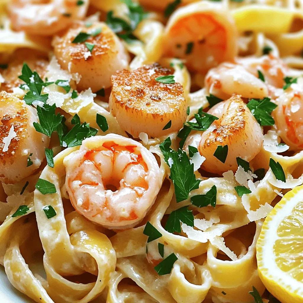 Für diese leckere Pasta brauchen Sie: - 225 g Fettuccine-Nudeln - 1 EL Olivenöl - 1 kleine Zwiebel, fein gehackt - 2 Knoblauchzehen, gehackt - 340 g Garnelen, geschält und entdarmt - 225 g Jakobsmuscheln, gereinigt - 240 ml Schlagsahne - 50 g frisch geriebener Parmesan - 1 TL Zitronenschale - 1 EL frischer Zitronensaft - Salz und Pfeffer nach Geschmack - 2 EL frische Petersilie, gehackt (zum Garnieren) - Rote Chiliflocken (optional) Diese Zutaten bilden die Basis für die cremige Sauce. Die Garnelen und Jakobsmuscheln bringen den frischen Geschmack des Meeres. Für das perfekte Aroma sind die Gewürze wichtig. Salz und Pfeffer sorgen für den Grundgeschmack. Zitronenschale und Zitronensaft geben der Sauce Frische. Die rote Chiliflocken fügen eine kleine Schärfe hinzu, falls Sie es mögen. Wenn Sie frische Zutaten verwenden möchten, achten Sie auf die Qualität. Kaufen Sie Garnelen und Jakobsmuscheln vom Fischhändler Ihres Vertrauens. Frische Kräuter wie Petersilie machen das Gericht lebendiger. Sie können auch andere Meeresfrüchte wie Tintenfisch oder Muscheln hinzufügen. Ein bisschen Kreativität macht das Rezept spannend. Für die komplette Zubereitung schauen Sie sich das Full Recipe an. Beginnen Sie mit der Vorbereitung der Zutaten. Messen Sie alles ab, um den Kochprozess zu erleichtern. Kochen Sie die Fettuccine-Nudeln nach den Anweisungen auf der Verpackung, bis sie al dente sind. Dies dauert etwa 8-10 Minuten. Denken Sie daran, 120 ml Nudelwasser aufzuheben. Dies hilft später, die Sauce zu verdünnen. Während die Nudeln kochen, können Sie die anderen Zutaten vorbereiten. Hacken Sie die Zwiebel und den Knoblauch. Reinigen Sie die Garnelen und Jakobsmuscheln. Diese Schritte nehmen insgesamt etwa 10 Minuten in Anspruch. Erhitzen Sie 1 Esslöffel Olivenöl in einer großen Pfanne bei mittlerer Hitze. Fügen Sie die gehackte Zwiebel hinzu. Sautieren Sie sie etwa 3-4 Minuten, bis sie durchsichtig ist. Rühren Sie dann den Knoblauch ein und braten Sie ihn eine weitere Minute an. Sehen Sie, wie der Duft sich entfaltet! Jetzt erhöhen Sie die Hitze auf mittelhoch. Geben Sie die Garnelen und Jakobsmuscheln in die Pfanne. Kochen Sie sie 3-4 Minuten, bis die Garnelen rosa und die Jakobsmuscheln goldbraun sind. Achten Sie darauf, sie nicht zu überkochen. Reduzieren Sie die Hitze auf niedrig und gießen Sie die Schlagsahne hinein. Rühren Sie, um die Sahne gut zu erwärmen. Fügen Sie nach und nach den geriebenen Parmesan hinzu. Rühren Sie ständig, bis er schmilzt und die Sauce cremig ist. Wenn die Sauce zu dick ist, verwenden Sie das reservierte Nudelwasser, um die Konsistenz zu verbessern. Jetzt, wo die Sauce fertig ist, fügen Sie die Zitronenschale und den Zitronensaft hinzu. Würzen Sie die Sauce mit Salz, Pfeffer und optional roten Chiliflocken. Geben Sie die gekochten Fettuccine in die Pfanne. Wenden Sie die Nudeln, damit sie gleichmäßig mit der Sauce überzogen sind. Nehmen Sie die Pfanne vom Herd. Garnieren Sie das Gericht mit frisch gehackter Petersilie. Servieren Sie die Pasta heiß und genießen Sie diese köstliche, cremige Meeresfrüchte-Pasta! Für die vollständige Rezeptanleitung besuchen Sie [Full Recipe]. Um die Sauce perfekt zu machen, nehmen Sie sich Zeit. Beginnen Sie mit frischen Zutaten. Frischer Knoblauch und Zwiebeln bringen viel Geschmack. Kochen Sie die Garnelen und Jakobsmuscheln nur kurz. So bleiben sie zart und saftig. Verwenden Sie hochwertige Sahne für eine reichhaltige Textur. Fügen Sie den Parmesan langsam hinzu. So schmilzt er gleichmäßig und die Sauce bleibt cremig. Wenn die Sauce zu dick ist, nutzen Sie das Nudelwasser. Das macht die Sauce geschmeidig und hilft, alles gut zu vermischen. Ein häufiger Fehler ist das Überkochen der Meeresfrüchte. Achten Sie darauf, dass die Garnelen nur bis zu einem rosa Farbton gekocht werden. Jakobsmuscheln sollten goldbraun sein, aber nicht gummiartig. Ein weiterer Fehler ist, die Sauce zu früh zu servieren. Lassen Sie die Pasta und die Sauce kurz ruhen. So verbinden sich die Aromen besser. Verwenden Sie nicht zu viel Salz, da der Parmesan bereits salzig ist. Schmecken Sie die Sauce stets ab, bevor Sie sie servieren. Achten Sie beim Kauf auf frische Meeresfrüchte. Die Garnelen sollten glänzend und fest sein. Vermeiden Sie solche, die einen fauligen Geruch haben. Jakobsmuscheln sollten süßlich riechen. Sie sollten fest und leicht feucht sein. Fragen Sie den Verkäufer nach der Herkunft. Frische Meeresfrüchte aus nachhaltigen Quellen sind oft die beste Wahl. Wenn Sie die Meeresfrüchte kaufen, verwenden Sie sie so schnell wie möglich. Lagern Sie sie im Kühlschrank, aber nicht länger als ein bis zwei Tage. Für das vollständige Rezept, schauen Sie sich die Anleitung zur cremigen Meeresfrüchte-Pasta an. {{image_4}} Wenn Sie die Meeresfrüchte-Pasta in eine vegetarische Option verwandeln möchten, gibt es viele leckere Möglichkeiten. Sie können das Gemüse Ihrer Wahl verwenden. Hier sind einige Ideen: - Zucchini, in kleine Stücke geschnitten - Paprika, gewürfelt - Spinat, frisch oder gefroren - Champignons, in Scheiben geschnitten Anstelle von Garnelen und Jakobsmuscheln können Sie auch Tofu oder Kichererbsen verwenden. Diese Zutaten bringen Protein und eine tolle Textur in Ihr Gericht. Möchten Sie Ihrer Pasta einen neuen Geschmack verleihen? Experimentieren Sie mit verschiedenen Gewürzen. Hier sind ein paar Vorschläge: - Fügen Sie Safran hinzu, um eine süße Note zu erzielen. - Verwenden Sie italienische Kräuter wie Oregano oder Basilikum. - Eine Prise Muskatnuss kann der Sauce Tiefe geben. - Probieren Sie geräuchertes Paprikapulver für einen rauchigen Geschmack. Diese Variationen bringen Abwechslung und machen das Gericht spannender. Die Portionsgröße kann leicht angepasst werden. Wenn Sie mehr oder weniger kochen möchten, ändern Sie einfach die Menge der Zutaten. Hier sind ein paar Tipps: - Für eine kleinere Portion halbieren Sie die Zutaten. - Wenn Sie für eine große Gruppe kochen, verdoppeln Sie die Mengen. - Achten Sie darauf, die Kochzeit im Auge zu behalten, besonders bei größeren Mengen. Diese Anpassungen helfen Ihnen, die perfekte Menge für Ihre Bedürfnisse zuzubereiten. Für das gesamte Rezept besuchen Sie den Abschnitt [Full Recipe]. Um die Reste deiner cremigen Meeresfrüchte-Pasta richtig zu lagern, verwende einen luftdichten Behälter. Lass die Pasta abkühlen, bevor du sie hineinlegst. So bleibt sie frisch und lecker. Stelle den Behälter in den Kühlschrank. Wenn du die Pasta wieder aufwärmen möchtest, benutze eine Pfanne. Füge einen Spritzer Wasser oder etwas Sahne hinzu. So bleibt die Pasta cremig. Erhitze sie bei mittlerer Hitze und rühre gut um. Du kannst auch die Mikrowelle verwenden, aber achte darauf, sie nicht zu lange zu erhitzen. Die Pasta hält sich gut im Kühlschrank für etwa 2-3 Tage. Wenn du sie länger aufbewahren möchtest, friere sie ein. In einem geeigneten Behälter bleibt sie bis zu 3 Monate frisch. Zum Auftauen lege die gefrorene Pasta über Nacht in den Kühlschrank. So bleibt die Qualität am besten erhalten. Die cremige Meeresfrüchte-Pasta hält sich etwa 2-3 Tage im Kühlschrank. Achten Sie darauf, sie in einem luftdichten Behälter zu lagern. Ich empfehle, die Pasta vor dem Essen zu riechen und zu prüfen. Wenn sie seltsam riecht, ist es besser, sie wegzuwerfen. Ja, Sie können andere Nudelsorten verwenden. Spaghetti, Linguine oder sogar Penne passen gut zur Sauce. Die Kochzeit kann sich leicht ändern. Achten Sie darauf, die Anweisungen auf der Verpackung zu beachten. Ich finde, dass frische Nudeln einen tollen Geschmack bieten. Zu dieser Pasta passen viele Beilagen. Ein einfacher grüner Salat bringt Frische. Knuspriges Brot ist ideal, um die Sauce aufzutunken. Auch gegrilltes Gemüse bietet eine gute Ergänzung. Wenn Sie es etwas rustikaler mögen, sind gebratene Zucchini oder Spargel eine tolle Wahl. Um mehr über die Zubereitung zu erfahren, schauen Sie sich das [Full Recipe](#) an. In diesem Blogpost haben wir die Hauptzutaten für eine cremige Meeresfrüchte-Pasta besprochen. Ich habe eine Schritt-für-Schritt-Anleitung zum Kochen gegeben. Außerdem teilte ich Tipps, um die Sauce zu perfektionieren. Variationen und Lagerinformationen wurden ebenfalls behandelt. Zusammenfassend ist dieses Rezept vielseitig und einfach. Experimentieren Sie mit frischen Zutaten und Gewürzen, um Ihre perfekte Pasta zu finden. Genießen Sie das Kochen und das Essen!