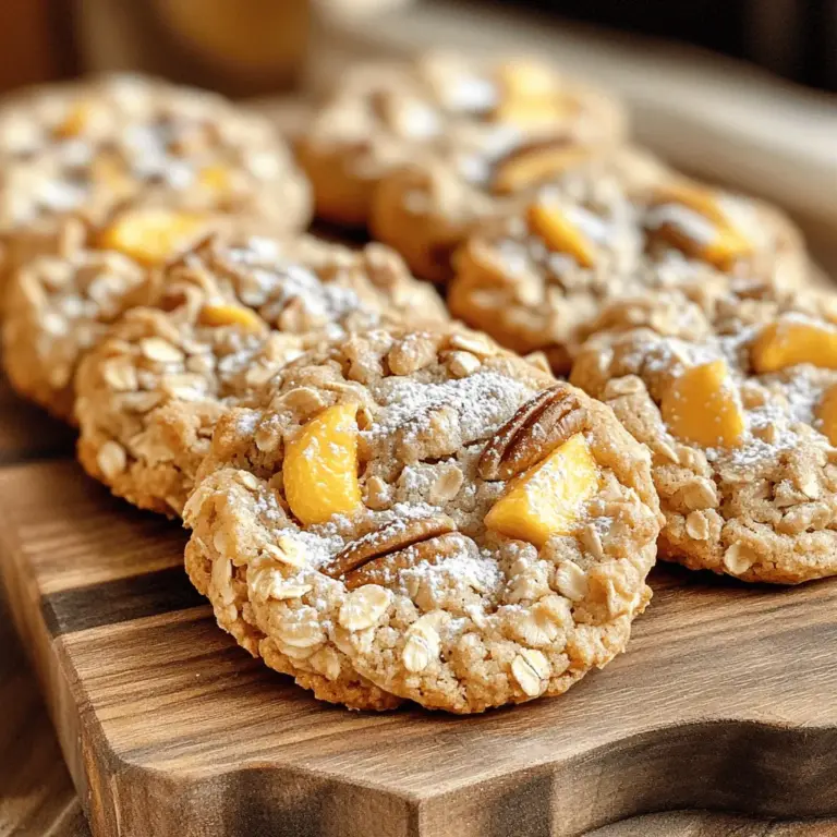 Für die Pfirsich-Cobbler-Plätzchen brauchst du folgende Zutaten: - 1 Tasse ungesalzene Butter, zimmerwarm - 1 Tasse brauner Zucker, fest gepackt - 1/2 Tasse weißer Zucker - 2 große Eier - 2 Teelöffel Vanilleextrakt - 2 1/2 Tassen Weizenmehl - 1 Teelöffel Backpulver - 1/2 Teelöffel Salz - 1 Teelöffel gemahlener Zimt - 1 Tasse frische Pfirsiche, gewürfelt (oder abgetropfte Dosenpfirsiche) - 1/2 Tasse Haferflocken - 1/2 Tasse gehackte Pekannüsse (oder Walnüsse) - 1 Tasse zerbröselte Graham-Cracker (optional, für zusätzliche Textur) Pfirsiche sind zwischen Juni und September in Saison. Diese Monate sind perfekt, um frische, saftige Pfirsiche zu genießen. In dieser Zeit sind sie am süßesten und aromatischsten. Frische Pfirsiche bringen viel Geschmack in deine Kekse. Sie sind auch reich an Vitaminen und Ballaststoffen. Wenn du die besten Pfirsiche wählst, achte auf eine glatte Haut und eine lebendige Farbe. Um die besten Pfirsiche zu finden, gehe wie folgt vor: - Suche nach reifen Pfirsichen, die leicht nachgeben, wenn du sie drückst. - Achte auf eine goldgelbe Farbe. Das zeigt, dass sie reif sind. - Vermeide Pfirsiche mit grünen Flecken. Das sind oft unreife Früchte. - Wenn möglich, rieche an den Pfirsichen. Sie sollten süß duften. Diese Tipps helfen dir, die perfekten Pfirsiche für deine Pfirsich-Cobbler-Plätzchen auszuwählen. Sie sorgen für einen tollen Geschmack in jedem Keks. Wenn du mehr über das Rezept erfahren möchtest, schau dir das [Full Recipe] an. Beginnen Sie mit der Vorbereitung. Stellen Sie alle Zutaten bereit. Messen Sie die Butter ab und lassen Sie sie auf Zimmertemperatur kommen. Dies hilft, die Butter gut mit den Zuckern zu mischen. Waschen Sie die Pfirsiche und schneiden Sie sie in kleine Stücke. Wenn Sie Dosenpfirsiche verwenden, lassen Sie sie gut abtropfen. Heizen Sie den Ofen auf 175°C vor. Legen Sie zwei Backbleche mit Backpapier aus. Das Backpapier verhindert, dass die Kekse festkleben. Damit haben Sie eine saubere Arbeitsfläche. In einer großen Schüssel mischen Sie die zimmerwarme Butter mit dem braunen und weißen Zucker. Schlagen Sie die Mischung, bis sie leicht und luftig ist. Fügen Sie die Eier nacheinander hinzu. Rühren Sie gut um, nach jedem Ei. Geben Sie dann den Vanilleextrakt dazu. In einer separaten Schüssel vermischen Sie das Weizenmehl, das Backpulver, das Salz und den Zimt. Mischen Sie die trockenen Zutaten mit der feuchten Mischung. Rühren Sie nur kurz, bis alles gerade gut vermischt ist. Jetzt kommen die Pfirsiche, Haferflocken und Nüsse in den Teig. Heben Sie alles vorsichtig unter, sodass die Stücke gleichmäßig verteilt sind. Verwenden Sie einen Esslöffel, um kleine Portionen auf die Backbleche zu setzen. Lassen Sie genug Platz zwischen den Keksen. Backen Sie die Kekse 12 bis 15 Minuten. Achten Sie darauf, dass die Ränder goldbraun sind. Die Mitte sollte fest, aber noch weich sein. Nach dem Backen lassen Sie die Kekse fünf Minuten auf dem Blech ruhen. Dann übertragen Sie sie auf ein Kuchengitter zum vollständigen Abkühlen. Die Backzeit kann je nach Ofen variieren. Schauen Sie nach 12 Minuten nach Ihren Keksen. Wenn die Ränder goldbraun sind, sind sie fast fertig. Die Kekse härten beim Abkühlen nach. Sie sollten weich und leicht zäh sein. Wenn Sie eine knusprigere Konsistenz wünschen, lassen Sie die Kekse einige Minuten länger im Ofen. Sehen Sie sich die Farbe genau an. Zu dunkle Kekse sind oft zu trocken. Die perfekte Keks-Konsistenz ist der Schlüssel zu einem guten Geschmack. Für das vollständige Rezept, schauen Sie sich das Full Recipe an. Ein häufiger Fehler ist, die Zutaten nicht richtig abzuwiegen. Achten Sie darauf, dass Sie die Butter und die Zucker genau abmessen. Zu viel oder zu wenig kann die Textur der Plätzchen beeinflussen. Ein weiterer Fehler ist das Übermixen des Teigs. Rühren Sie nur so lange, bis alles gut vermischt ist. So bleiben die Kekse weich und zart. Stellen Sie sicher, dass Ihr Ofen richtig vorgeheizt ist. Ein kalter Ofen kann die Backzeit verlängern und die Konsistenz beeinträchtigen. Für eine leckere Abwechslung können Sie die Pfirsiche durch andere Früchte ersetzen. Probieren Sie Äpfel, Heidelbeeren oder Kirschen. Sie können auch Gewürze hinzufügen. Eine Prise Muskatnuss oder Ingwer kann den Geschmack vertiefen. Für einen knusprigen Biss fügen Sie Schokoladenstückchen oder Kokosraspel hinzu. Diese Variationen machen Ihre Kekse einzigartig und spannend. Nach dem Backen sollten die Kekse auf dem Blech abkühlen. Lassen Sie sie fünf Minuten ruhen. Danach kommen sie auf ein Kuchengitter. Das hilft, die Feuchtigkeit abzuleiten. So bleiben die Kekse knusprig. Wenn Sie die Kekse länger aufbewahren möchten, legen Sie sie in einen luftdichten Behälter. Das schützt sie vor Feuchtigkeit und hält sie frisch. Für eine schnelle Erfrischung können Sie die Kekse leicht im Ofen aufwärmen. {{image_4}} Für eine vegane Version der Pfirsich-Cobbler-Plätzchen tauschen Sie die Eier gegen Apfelmus oder Leinsamen. Verwenden Sie 1/4 Tasse Apfelmus für jedes Ei oder 1 Esslöffel Leinsamen mit 3 Esslöffeln Wasser. Auch die Butter ersetzen Sie durch vegane Margarine. Diese Alternativen geben den Keksen die nötige Feuchtigkeit und Bindung. Pfirsiche sind toll, aber andere Früchte sind auch lecker. Sie können Äpfel, Birnen oder sogar Beeren verwenden. Diese Früchte bringen eigene Aromen und Texturen. Schneiden Sie die Früchte klein, damit sie gut im Teig verteilt sind. So bleibt die Konsistenz der Kekse gleich. Für glutenfreie Kekse nutzen Sie eine Mischung aus glutenfreiem Mehl und Hafermehl. Achten Sie darauf, dass die Haferflocken auch glutenfrei sind. Diese Mischung sorgt für einen leckeren Geschmack und eine gute Textur. Alternativ können Sie Mandelmehl verwenden. Es gibt viele Wege, um diese Kekse glutenfrei und köstlich zu machen. Lust auf mehr? Sehen Sie sich die [Full Recipe] an, um alle Details zu erfahren! Um die Pfirsich-Cobbler-Plätzchen frisch zu halten, lege ich sie in einen luftdichten Behälter. Dieser Behälter schützt die Kekse vor Luft und Feuchtigkeit. So bleiben sie weich und lecker. Wenn ich die Plätzchen zwischen Lagen von Wachspapier schichte, bleibt ihre Textur besser erhalten. Ich empfehle, die Kekse bei Raumtemperatur zu lagern. Vermeiden Sie den Kühlschrank, da die Kekse dort austrocknen können. Pfirsich-Cobbler-Plätzchen lassen sich gut einfrieren. Ich friere sie am besten nach dem Abkühlen ein. Zuerst lege ich die Kekse auf ein Backblech, um sie einzufrieren. Nach ein paar Stunden packe ich die gefrorenen Kekse in einen luftdichten Behälter oder einen Gefrierbeutel. So bleiben sie bis zu drei Monate frisch. Wenn ich sie essen möchte, lege ich sie einfach für ein paar Minuten bei Raumtemperatur. Alternativ kann ich sie auch kurz im Ofen aufwärmen. Die Haltbarkeit der Pfirsich-Cobbler-Plätzchen beträgt etwa eine Woche. Sie bleiben gut, wenn sie richtig aufbewahrt werden. Ich achte darauf, dass sie nicht zu lange draußen stehen. Nach einer Woche fangen sie an, ihren Geschmack zu verlieren. Wenn ich sie länger aufbewahren möchte, friere ich sie ein. So kann ich sie jederzeit genießen, wenn ich Lust auf etwas Süßes habe. Um die Konsistenz der Kekse zu ändern, spielen die Butter und das Mehl eine große Rolle. Verwenden Sie mehr Butter für weichere Kekse. Für festere Kekse nutzen Sie mehr Mehl. Auch die Backzeit beeinflusst die Konsistenz. Kürzeres Backen lässt die Kekse weicher. Längeres Backen macht sie knuspriger. Beobachten Sie die Kekse gut, um die perfekte Textur zu finden. Ja, Sie können Dosenpfirsiche verwenden. Sie sind eine gute Alternative zu frischen Pfirsichen. Drainieren Sie die Dosenpfirsiche gut, um überschüssige Flüssigkeit zu entfernen. Schneiden Sie die Pfirsiche in kleine Stücke. Fügen Sie sie dann wie in der Rezeptanleitung hinzu. Das sorgt für einen tollen Geschmack und eine schöne Textur in den Keksen. Dieses Rezept ergibt etwa 24 Kekse. Die Menge kann je nach Größe der Kekse variieren. Verwenden Sie einen Esslöffel oder einen Kekslöffel für gleich große Portionen. So stellen Sie sicher, dass alle Kekse gleichmäßig backen. Genießen Sie die Kekse frisch aus dem Ofen oder teilen Sie sie mit Freunden! Zusammenfassend haben wir die Zutaten für köstliche Pfirsich-Cobbler-Plätzchen besprochen. Ich gab Ihnen Tipps zur Auswahl der besten Pfirsiche und wie man sie zubereitet. Auch die Backanleitung war detailliert. Wir schauten uns häufige Fehler und Variationen an, wie vegane und glutenfreie Optionen. Schließlich erfuhren Sie, wie Sie die Kekse richtig lagern. Jetzt sind Sie bereit, diese Plätzchen zu backen und zu genießen! Kochen macht Freude und jeder kann es schaffen!