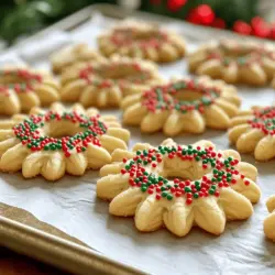 Um die besten Buttery Christmas Spritz Cookies zu machen, brauchst du folgende Zutaten: - 1 Tasse ungesalzene Butter, weich - 3/4 Tasse Kristallzucker - 1 großes Ei - 1 Teelöffel reiner Vanilleextrakt - 1/2 Teelöffel Mandelessenz - 2 Tassen Weizenmehl - 1/4 Teelöffel Salz - 1/2 Teelöffel Backpulver - Rote und grüne Streusel oder bunte Zuckerglasur zur Dekoration Diese Zutaten bringen den vollen Geschmack in deine Kekse. Die Butter gibt den Keksen die nötige Reichhaltigkeit. Zucker sorgt für Süße und eine schöne Textur. Das Ei bindet alles gut zusammen. Du brauchst einige spezielle Utensilien, um diese Kekse zu backen: - Große Rührschüssel - Handmixer oder Standmixer - Spritzbeutel mit einer großen Sterntülle - Backbleche - Backpapier - Teigschaber - Kuchengitter zum Abkühlen Diese Utensilien helfen dir, die Kekse einfach zu formen und gleichmäßig zu backen. Der Spritzbeutel ist besonders wichtig, um die Kekse schön zu spritzen. Die Qualität der Zutaten macht einen großen Unterschied. Hier sind einige Tipps: - Wähle ungesalzene Butter, um die Kontrolle über den Salzgehalt zu behalten. - Nutze frische Eier, um die beste Textur zu erreichen. - Achte darauf, dass der Vanilleextrakt rein ist. Das verbessert den Geschmack. - Verwende hochwertiges Weizenmehl für eine bessere Konsistenz. Frische und hochwertige Zutaten sorgen für den besten Geschmack. Das ist der Schlüssel zu leckeren Keksen. Wenn du diese Tipps befolgst, wirst du sicher tolle Kekse backen! Für das vollständige Rezept sieh dir die [Full Recipe] an. Heize deinen Ofen auf 175 °C vor. Das ist wichtig für gleichmäßiges Backen. Bereite zwei Backbleche vor, indem du sie mit Backpapier auslegst. Das Backpapier verhindert, dass die Kekse festkleben. Nimm eine große Rührschüssel und füge die weiche Butter und den Kristallzucker hinzu. Mit einem Handmixer oder Standmixer schlägst du die Mischung 2-3 Minuten lang. Das Ziel ist eine leichte und fluffige Konsistenz. Diese Textur macht die Kekse besonders zart und lecker. In einer separaten Schüssel verquirlst du das Weizenmehl, das Salz und das Backpulver. Füge die trockenen Zutaten langsam zur Butter-Zucker-Mischung hinzu. Rühre nur so lange, bis alles gerade verbunden ist. Übermische den Teig nicht, da dies die Kekse hart machen kann. Übertrage den Teig in eine Spritzform. Wähle eine Formscheibe, die dir gefällt. Spritze die Kekse auf die vorbereiteten Backbleche. Achte darauf, einen Abstand von etwa 2,5 cm zwischen den Keksen zu lassen. Dekoriere die Kekse vor dem Backen mit roten und grünen Streuseln oder bunter Zuckerglasur. Diese Dekoration gibt den Keksen einen festlichen Touch. Backe die Kekse 8-10 Minuten lang, bis die Ränder leicht goldbraun sind. Lass sie kurz abkühlen und genieße sie dann heiß. Für die vollständige Anleitung siehe das Full Recipe. Für die perfekte buttrige Textur brauchen Sie weiche Butter. Lassen Sie die Butter vor dem Backen etwa eine Stunde bei Raumtemperatur stehen. Sie sollte sich leicht eindrücken lassen. Wenn die Butter zu hart ist, wird der Teig nicht richtig cremig. Mixen Sie die Butter und den Zucker gut. Schlagen Sie sie 2-3 Minuten lang, bis die Mischung hell und luftig ist. Diese Luft macht die Kekse leicht und zart. Ein häufiger Fehler ist, den Teig zu lange zu mischen. Mischen Sie nur so lange, bis alles gerade verbunden ist. Wenn Sie zu lange mixen, wird der Teig zäh. Achten Sie auch darauf, die Zutaten gut abzuwiegen. Zu viel Mehl macht die Kekse trocken. Verwenden Sie immer frische Zutaten, um den besten Geschmack zu erzielen. Die Backzeit beträgt 8-10 Minuten. Überprüfen Sie die Kekse nach 8 Minuten. Die Ränder sollten leicht goldbraun sein. Wenn Sie mehrere Bleche gleichzeitig backen, drehen Sie diese zur Hälfte der Backzeit. So backen die Kekse gleichmäßiger. Lassen Sie die Kekse nach dem Backen einige Minuten auf dem Blech ruhen, bevor Sie sie auf ein Gitter legen. So bleiben sie schön weich. {{image_4}} Ich liebe es, mit verschiedenen Aromen zu spielen. Für schokoladige Kekse, füge einfach Kakaopulver hinzu. Etwa 1/4 Tasse reicht aus. Mixe das Kakaopulver mit dem Mehl. Für einen frischen Zitrusgeschmack, ersetze etwas von der Butter durch Zitronenschale. Das bringt einen tollen Duft und Geschmack. Die Dekoration macht diese Kekse besonders. Du kannst rote und grüne Streusel verwenden. Oder probiere bunte Zuckerglasur aus. Schokolade ist auch eine gute Idee. Schmelze sie und träufle sie über die Kekse. Für eine festliche Note, füge essbare Glitzer hinzu. Wenn du glutenfreie Kekse machen möchtest, ersetze das Weizenmehl durch eine glutenfreie Mischung. Achte darauf, dass die Mischung gut bindet. Um die Kekse vegan zu machen, benutze Pflanzenbutter und ein Apfelmus als Ei-Ersatz. Etwa 1/4 Tasse Apfelmus funktioniert hier gut. Diese Optionen machen die Kekse für alle zugänglich. So kann jeder die buttrigen Weihnachts-Spritzkekse genießen. Für das vollständige Rezept, schau dir den [Full Recipe] an. Um die Frische Ihrer Spritzkekse zu bewahren, lagern Sie sie in einem luftdichten Behälter. Dies schützt sie vor Feuchtigkeit und hält sie knusprig. Stellen Sie sicher, dass die Kekse vollständig abgekühlt sind, bevor Sie sie lagern. Legen Sie ein Blatt Backpapier zwischen die Schichten, um ein Festkleben zu vermeiden. Buttery Christmas Spritz Cookies halten sich im Kühlschrank etwa eine Woche. Bewahren Sie die Kekse in einem luftdichten Behälter auf, um Geschmack und Textur zu erhalten. Wenn Sie sie länger aufbewahren möchten, empfiehlt es sich, sie einzufrieren. So bleiben sie frisch und lecker. Um die Kekse einzufrieren, lassen Sie sie zuerst vollständig abkühlen. Packen Sie sie dann in einen gefrierfesten Beutel oder Behälter. Vergessen Sie nicht, das Datum zu markieren. So wissen Sie, wann Sie sie gemacht haben. Die Kekse können bis zu drei Monate im Gefrierschrank bleiben. Zum Auftauen legen Sie sie einfach bei Raumtemperatur auf ein Tablett. Genießen Sie die festlichen Kekse, wann immer Sie Lust darauf haben! Buttery Christmas Spritz Cookies sind bis zu zwei Wochen haltbar. Lagern Sie sie in einem luftdichten Behälter. So bleiben sie frisch und lecker. Die Kekse können auch gefroren werden, um die Haltbarkeit zu verlängern. Im Gefrierfach bleiben sie bis zu drei Monate gut. Achten Sie darauf, die Kekse gut einzupacken, um Gefrierbrand zu vermeiden. Ja, Sie können die Kekse im Voraus backen. Das macht die Feiertage einfacher. Backen Sie die Kekse bis zu einer Woche vorher. Lassen Sie sie dann vollständig abkühlen. Lagern Sie sie in einem luftdichten Behälter. So bleiben sie frisch, und der Geschmack bleibt erhalten. Wenn Sie möchten, können Sie sie auch einfrieren. Wenn der Teig zu weich ist, können Sie ihn leicht kühlen. Legen Sie den Teig für etwa 30 Minuten in den Kühlschrank. Dies hilft, die Butter zu festigen. Wenn das nicht reicht, fügen Sie etwas mehr Mehl hinzu. Mischen Sie es langsam ein, bis der Teig die richtige Konsistenz hat. Der Teig sollte formbar, aber nicht klebrig sein. Um die Konsistenz des Teigs anzupassen, können Sie die Mehlmenge ändern. Wenn der Teig zu feucht ist, fügen Sie mehr Mehl hinzu. Bei zu festem Teig können Sie einen Esslöffel Milch oder Wasser einmischen. Mischen Sie gut, bis der Teig weich und geschmeidig ist. Achten Sie darauf, nicht zu viel Flüssigkeit hinzuzufügen, da dies die Kekse beeinflussen kann. Buttery Christmas Spritz Cookies sind einfach und lecker. Wir haben die Hauptzutaten, die Utensilien und die besten Tipps zum Backen behandelt. Ich habe auch die Schritte von der Vorbereitung bis zum Spritzen und Dekorieren erklärt. Variationen und Lagerungshinweise garantieren Vielfalt und Haltbarkeit. Denke daran, die häufigsten Fehler zu vermeiden und kreative Aromen auszuprobieren. Diese Kekse bringen sicher Freude in die Weihnachtszeit! Mach dich bereit, deine eigene Keks-Kreation zu genießen.