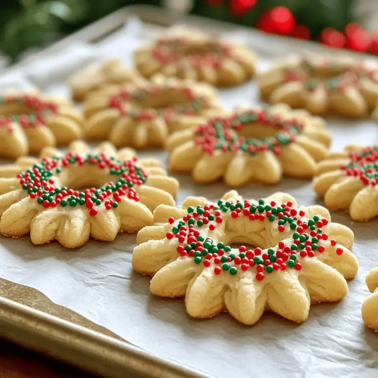 Um die besten Buttery Christmas Spritz Cookies zu machen, brauchst du folgende Zutaten: - 1 Tasse ungesalzene Butter, weich - 3/4 Tasse Kristallzucker - 1 großes Ei - 1 Teelöffel reiner Vanilleextrakt - 1/2 Teelöffel Mandelessenz - 2 Tassen Weizenmehl - 1/4 Teelöffel Salz - 1/2 Teelöffel Backpulver - Rote und grüne Streusel oder bunte Zuckerglasur zur Dekoration Diese Zutaten bringen den vollen Geschmack in deine Kekse. Die Butter gibt den Keksen die nötige Reichhaltigkeit. Zucker sorgt für Süße und eine schöne Textur. Das Ei bindet alles gut zusammen. Du brauchst einige spezielle Utensilien, um diese Kekse zu backen: - Große Rührschüssel - Handmixer oder Standmixer - Spritzbeutel mit einer großen Sterntülle - Backbleche - Backpapier - Teigschaber - Kuchengitter zum Abkühlen Diese Utensilien helfen dir, die Kekse einfach zu formen und gleichmäßig zu backen. Der Spritzbeutel ist besonders wichtig, um die Kekse schön zu spritzen. Die Qualität der Zutaten macht einen großen Unterschied. Hier sind einige Tipps: - Wähle ungesalzene Butter, um die Kontrolle über den Salzgehalt zu behalten. - Nutze frische Eier, um die beste Textur zu erreichen. - Achte darauf, dass der Vanilleextrakt rein ist. Das verbessert den Geschmack. - Verwende hochwertiges Weizenmehl für eine bessere Konsistenz. Frische und hochwertige Zutaten sorgen für den besten Geschmack. Das ist der Schlüssel zu leckeren Keksen. Wenn du diese Tipps befolgst, wirst du sicher tolle Kekse backen! Für das vollständige Rezept sieh dir die [Full Recipe] an. Heize deinen Ofen auf 175 °C vor. Das ist wichtig für gleichmäßiges Backen. Bereite zwei Backbleche vor, indem du sie mit Backpapier auslegst. Das Backpapier verhindert, dass die Kekse festkleben. Nimm eine große Rührschüssel und füge die weiche Butter und den Kristallzucker hinzu. Mit einem Handmixer oder Standmixer schlägst du die Mischung 2-3 Minuten lang. Das Ziel ist eine leichte und fluffige Konsistenz. Diese Textur macht die Kekse besonders zart und lecker. In einer separaten Schüssel verquirlst du das Weizenmehl, das Salz und das Backpulver. Füge die trockenen Zutaten langsam zur Butter-Zucker-Mischung hinzu. Rühre nur so lange, bis alles gerade verbunden ist. Übermische den Teig nicht, da dies die Kekse hart machen kann. Übertrage den Teig in eine Spritzform. Wähle eine Formscheibe, die dir gefällt. Spritze die Kekse auf die vorbereiteten Backbleche. Achte darauf, einen Abstand von etwa 2,5 cm zwischen den Keksen zu lassen. Dekoriere die Kekse vor dem Backen mit roten und grünen Streuseln oder bunter Zuckerglasur. Diese Dekoration gibt den Keksen einen festlichen Touch. Backe die Kekse 8-10 Minuten lang, bis die Ränder leicht goldbraun sind. Lass sie kurz abkühlen und genieße sie dann heiß. Für die vollständige Anleitung siehe das Full Recipe. Für die perfekte buttrige Textur brauchen Sie weiche Butter. Lassen Sie die Butter vor dem Backen etwa eine Stunde bei Raumtemperatur stehen. Sie sollte sich leicht eindrücken lassen. Wenn die Butter zu hart ist, wird der Teig nicht richtig cremig. Mixen Sie die Butter und den Zucker gut. Schlagen Sie sie 2-3 Minuten lang, bis die Mischung hell und luftig ist. Diese Luft macht die Kekse leicht und zart. Ein häufiger Fehler ist, den Teig zu lange zu mischen. Mischen Sie nur so lange, bis alles gerade verbunden ist. Wenn Sie zu lange mixen, wird der Teig zäh. Achten Sie auch darauf, die Zutaten gut abzuwiegen. Zu viel Mehl macht die Kekse trocken. Verwenden Sie immer frische Zutaten, um den besten Geschmack zu erzielen. Die Backzeit beträgt 8-10 Minuten. Überprüfen Sie die Kekse nach 8 Minuten. Die Ränder sollten leicht goldbraun sein. Wenn Sie mehrere Bleche gleichzeitig backen, drehen Sie diese zur Hälfte der Backzeit. So backen die Kekse gleichmäßiger. Lassen Sie die Kekse nach dem Backen einige Minuten auf dem Blech ruhen, bevor Sie sie auf ein Gitter legen. So bleiben sie schön weich. {{image_4}} Ich liebe es, mit verschiedenen Aromen zu spielen. Für schokoladige Kekse, füge einfach Kakaopulver hinzu. Etwa 1/4 Tasse reicht aus. Mixe das Kakaopulver mit dem Mehl. Für einen frischen Zitrusgeschmack, ersetze etwas von der Butter durch Zitronenschale. Das bringt einen tollen Duft und Geschmack. Die Dekoration macht diese Kekse besonders. Du kannst rote und grüne Streusel verwenden. Oder probiere bunte Zuckerglasur aus. Schokolade ist auch eine gute Idee. Schmelze sie und träufle sie über die Kekse. Für eine festliche Note, füge essbare Glitzer hinzu. Wenn du glutenfreie Kekse machen möchtest, ersetze das Weizenmehl durch eine glutenfreie Mischung. Achte darauf, dass die Mischung gut bindet. Um die Kekse vegan zu machen, benutze Pflanzenbutter und ein Apfelmus als Ei-Ersatz. Etwa 1/4 Tasse Apfelmus funktioniert hier gut. Diese Optionen machen die Kekse für alle zugänglich. So kann jeder die buttrigen Weihnachts-Spritzkekse genießen. Für das vollständige Rezept, schau dir den [Full Recipe] an. Um die Frische Ihrer Spritzkekse zu bewahren, lagern Sie sie in einem luftdichten Behälter. Dies schützt sie vor Feuchtigkeit und hält sie knusprig. Stellen Sie sicher, dass die Kekse vollständig abgekühlt sind, bevor Sie sie lagern. Legen Sie ein Blatt Backpapier zwischen die Schichten, um ein Festkleben zu vermeiden. Buttery Christmas Spritz Cookies halten sich im Kühlschrank etwa eine Woche. Bewahren Sie die Kekse in einem luftdichten Behälter auf, um Geschmack und Textur zu erhalten. Wenn Sie sie länger aufbewahren möchten, empfiehlt es sich, sie einzufrieren. So bleiben sie frisch und lecker. Um die Kekse einzufrieren, lassen Sie sie zuerst vollständig abkühlen. Packen Sie sie dann in einen gefrierfesten Beutel oder Behälter. Vergessen Sie nicht, das Datum zu markieren. So wissen Sie, wann Sie sie gemacht haben. Die Kekse können bis zu drei Monate im Gefrierschrank bleiben. Zum Auftauen legen Sie sie einfach bei Raumtemperatur auf ein Tablett. Genießen Sie die festlichen Kekse, wann immer Sie Lust darauf haben! Buttery Christmas Spritz Cookies sind bis zu zwei Wochen haltbar. Lagern Sie sie in einem luftdichten Behälter. So bleiben sie frisch und lecker. Die Kekse können auch gefroren werden, um die Haltbarkeit zu verlängern. Im Gefrierfach bleiben sie bis zu drei Monate gut. Achten Sie darauf, die Kekse gut einzupacken, um Gefrierbrand zu vermeiden. Ja, Sie können die Kekse im Voraus backen. Das macht die Feiertage einfacher. Backen Sie die Kekse bis zu einer Woche vorher. Lassen Sie sie dann vollständig abkühlen. Lagern Sie sie in einem luftdichten Behälter. So bleiben sie frisch, und der Geschmack bleibt erhalten. Wenn Sie möchten, können Sie sie auch einfrieren. Wenn der Teig zu weich ist, können Sie ihn leicht kühlen. Legen Sie den Teig für etwa 30 Minuten in den Kühlschrank. Dies hilft, die Butter zu festigen. Wenn das nicht reicht, fügen Sie etwas mehr Mehl hinzu. Mischen Sie es langsam ein, bis der Teig die richtige Konsistenz hat. Der Teig sollte formbar, aber nicht klebrig sein. Um die Konsistenz des Teigs anzupassen, können Sie die Mehlmenge ändern. Wenn der Teig zu feucht ist, fügen Sie mehr Mehl hinzu. Bei zu festem Teig können Sie einen Esslöffel Milch oder Wasser einmischen. Mischen Sie gut, bis der Teig weich und geschmeidig ist. Achten Sie darauf, nicht zu viel Flüssigkeit hinzuzufügen, da dies die Kekse beeinflussen kann. Buttery Christmas Spritz Cookies sind einfach und lecker. Wir haben die Hauptzutaten, die Utensilien und die besten Tipps zum Backen behandelt. Ich habe auch die Schritte von der Vorbereitung bis zum Spritzen und Dekorieren erklärt. Variationen und Lagerungshinweise garantieren Vielfalt und Haltbarkeit. Denke daran, die häufigsten Fehler zu vermeiden und kreative Aromen auszuprobieren. Diese Kekse bringen sicher Freude in die Weihnachtszeit! Mach dich bereit, deine eigene Keks-Kreation zu genießen.
