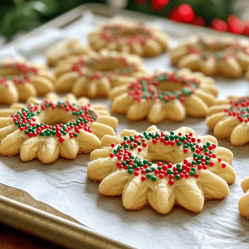 Um die besten Buttery Christmas Spritz Cookies zu machen, brauchst du folgende Zutaten: - 1 Tasse ungesalzene Butter, weich - 3/4 Tasse Kristallzucker - 1 großes Ei - 1 Teelöffel reiner Vanilleextrakt - 1/2 Teelöffel Mandelessenz - 2 Tassen Weizenmehl - 1/4 Teelöffel Salz - 1/2 Teelöffel Backpulver - Rote und grüne Streusel oder bunte Zuckerglasur zur Dekoration Diese Zutaten bringen den vollen Geschmack in deine Kekse. Die Butter gibt den Keksen die nötige Reichhaltigkeit. Zucker sorgt für Süße und eine schöne Textur. Das Ei bindet alles gut zusammen. Du brauchst einige spezielle Utensilien, um diese Kekse zu backen: - Große Rührschüssel - Handmixer oder Standmixer - Spritzbeutel mit einer großen Sterntülle - Backbleche - Backpapier - Teigschaber - Kuchengitter zum Abkühlen Diese Utensilien helfen dir, die Kekse einfach zu formen und gleichmäßig zu backen. Der Spritzbeutel ist besonders wichtig, um die Kekse schön zu spritzen. Die Qualität der Zutaten macht einen großen Unterschied. Hier sind einige Tipps: - Wähle ungesalzene Butter, um die Kontrolle über den Salzgehalt zu behalten. - Nutze frische Eier, um die beste Textur zu erreichen. - Achte darauf, dass der Vanilleextrakt rein ist. Das verbessert den Geschmack. - Verwende hochwertiges Weizenmehl für eine bessere Konsistenz. Frische und hochwertige Zutaten sorgen für den besten Geschmack. Das ist der Schlüssel zu leckeren Keksen. Wenn du diese Tipps befolgst, wirst du sicher tolle Kekse backen! Für das vollständige Rezept sieh dir die [Full Recipe] an. Heize deinen Ofen auf 175 °C vor. Das ist wichtig für gleichmäßiges Backen. Bereite zwei Backbleche vor, indem du sie mit Backpapier auslegst. Das Backpapier verhindert, dass die Kekse festkleben. Nimm eine große Rührschüssel und füge die weiche Butter und den Kristallzucker hinzu. Mit einem Handmixer oder Standmixer schlägst du die Mischung 2-3 Minuten lang. Das Ziel ist eine leichte und fluffige Konsistenz. Diese Textur macht die Kekse besonders zart und lecker. In einer separaten Schüssel verquirlst du das Weizenmehl, das Salz und das Backpulver. Füge die trockenen Zutaten langsam zur Butter-Zucker-Mischung hinzu. Rühre nur so lange, bis alles gerade verbunden ist. Übermische den Teig nicht, da dies die Kekse hart machen kann. Übertrage den Teig in eine Spritzform. Wähle eine Formscheibe, die dir gefällt. Spritze die Kekse auf die vorbereiteten Backbleche. Achte darauf, einen Abstand von etwa 2,5 cm zwischen den Keksen zu lassen. Dekoriere die Kekse vor dem Backen mit roten und grünen Streuseln oder bunter Zuckerglasur. Diese Dekoration gibt den Keksen einen festlichen Touch. Backe die Kekse 8-10 Minuten lang, bis die Ränder leicht goldbraun sind. Lass sie kurz abkühlen und genieße sie dann heiß. Für die vollständige Anleitung siehe das Full Recipe. Für die perfekte buttrige Textur brauchen Sie weiche Butter. Lassen Sie die Butter vor dem Backen etwa eine Stunde bei Raumtemperatur stehen. Sie sollte sich leicht eindrücken lassen. Wenn die Butter zu hart ist, wird der Teig nicht richtig cremig. Mixen Sie die Butter und den Zucker gut. Schlagen Sie sie 2-3 Minuten lang, bis die Mischung hell und luftig ist. Diese Luft macht die Kekse leicht und zart. Ein häufiger Fehler ist, den Teig zu lange zu mischen. Mischen Sie nur so lange, bis alles gerade verbunden ist. Wenn Sie zu lange mixen, wird der Teig zäh. Achten Sie auch darauf, die Zutaten gut abzuwiegen. Zu viel Mehl macht die Kekse trocken. Verwenden Sie immer frische Zutaten, um den besten Geschmack zu erzielen. Die Backzeit beträgt 8-10 Minuten. Überprüfen Sie die Kekse nach 8 Minuten. Die Ränder sollten leicht goldbraun sein. Wenn Sie mehrere Bleche gleichzeitig backen, drehen Sie diese zur Hälfte der Backzeit. So backen die Kekse gleichmäßiger. Lassen Sie die Kekse nach dem Backen einige Minuten auf dem Blech ruhen, bevor Sie sie auf ein Gitter legen. So bleiben sie schön weich. {{image_4}} Ich liebe es, mit verschiedenen Aromen zu spielen. Für schokoladige Kekse, füge einfach Kakaopulver hinzu. Etwa 1/4 Tasse reicht aus. Mixe das Kakaopulver mit dem Mehl. Für einen frischen Zitrusgeschmack, ersetze etwas von der Butter durch Zitronenschale. Das bringt einen tollen Duft und Geschmack. Die Dekoration macht diese Kekse besonders. Du kannst rote und grüne Streusel verwenden. Oder probiere bunte Zuckerglasur aus. Schokolade ist auch eine gute Idee. Schmelze sie und träufle sie über die Kekse. Für eine festliche Note, füge essbare Glitzer hinzu. Wenn du glutenfreie Kekse machen möchtest, ersetze das Weizenmehl durch eine glutenfreie Mischung. Achte darauf, dass die Mischung gut bindet. Um die Kekse vegan zu machen, benutze Pflanzenbutter und ein Apfelmus als Ei-Ersatz. Etwa 1/4 Tasse Apfelmus funktioniert hier gut. Diese Optionen machen die Kekse für alle zugänglich. So kann jeder die buttrigen Weihnachts-Spritzkekse genießen. Für das vollständige Rezept, schau dir den [Full Recipe] an. Um die Frische Ihrer Spritzkekse zu bewahren, lagern Sie sie in einem luftdichten Behälter. Dies schützt sie vor Feuchtigkeit und hält sie knusprig. Stellen Sie sicher, dass die Kekse vollständig abgekühlt sind, bevor Sie sie lagern. Legen Sie ein Blatt Backpapier zwischen die Schichten, um ein Festkleben zu vermeiden. Buttery Christmas Spritz Cookies halten sich im Kühlschrank etwa eine Woche. Bewahren Sie die Kekse in einem luftdichten Behälter auf, um Geschmack und Textur zu erhalten. Wenn Sie sie länger aufbewahren möchten, empfiehlt es sich, sie einzufrieren. So bleiben sie frisch und lecker. Um die Kekse einzufrieren, lassen Sie sie zuerst vollständig abkühlen. Packen Sie sie dann in einen gefrierfesten Beutel oder Behälter. Vergessen Sie nicht, das Datum zu markieren. So wissen Sie, wann Sie sie gemacht haben. Die Kekse können bis zu drei Monate im Gefrierschrank bleiben. Zum Auftauen legen Sie sie einfach bei Raumtemperatur auf ein Tablett. Genießen Sie die festlichen Kekse, wann immer Sie Lust darauf haben! Buttery Christmas Spritz Cookies sind bis zu zwei Wochen haltbar. Lagern Sie sie in einem luftdichten Behälter. So bleiben sie frisch und lecker. Die Kekse können auch gefroren werden, um die Haltbarkeit zu verlängern. Im Gefrierfach bleiben sie bis zu drei Monate gut. Achten Sie darauf, die Kekse gut einzupacken, um Gefrierbrand zu vermeiden. Ja, Sie können die Kekse im Voraus backen. Das macht die Feiertage einfacher. Backen Sie die Kekse bis zu einer Woche vorher. Lassen Sie sie dann vollständig abkühlen. Lagern Sie sie in einem luftdichten Behälter. So bleiben sie frisch, und der Geschmack bleibt erhalten. Wenn Sie möchten, können Sie sie auch einfrieren. Wenn der Teig zu weich ist, können Sie ihn leicht kühlen. Legen Sie den Teig für etwa 30 Minuten in den Kühlschrank. Dies hilft, die Butter zu festigen. Wenn das nicht reicht, fügen Sie etwas mehr Mehl hinzu. Mischen Sie es langsam ein, bis der Teig die richtige Konsistenz hat. Der Teig sollte formbar, aber nicht klebrig sein. Um die Konsistenz des Teigs anzupassen, können Sie die Mehlmenge ändern. Wenn der Teig zu feucht ist, fügen Sie mehr Mehl hinzu. Bei zu festem Teig können Sie einen Esslöffel Milch oder Wasser einmischen. Mischen Sie gut, bis der Teig weich und geschmeidig ist. Achten Sie darauf, nicht zu viel Flüssigkeit hinzuzufügen, da dies die Kekse beeinflussen kann. Buttery Christmas Spritz Cookies sind einfach und lecker. Wir haben die Hauptzutaten, die Utensilien und die besten Tipps zum Backen behandelt. Ich habe auch die Schritte von der Vorbereitung bis zum Spritzen und Dekorieren erklärt. Variationen und Lagerungshinweise garantieren Vielfalt und Haltbarkeit. Denke daran, die häufigsten Fehler zu vermeiden und kreative Aromen auszuprobieren. Diese Kekse bringen sicher Freude in die Weihnachtszeit! Mach dich bereit, deine eigene Keks-Kreation zu genießen.