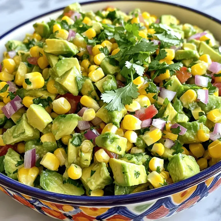 - 2 reife Avocados, gewürfelt - 1 Tasse Maiskörner (frisch oder gefroren) - 1 kleine rote Zwiebel, fein gehackt - 1 rote Paprika, gewürfelt - 1 Jalapeño, entkernt und fein gehackt - 1/4 Tasse frischer Koriander, gehackt - Saft von 2 Limetten - 1 Esslöffel Olivenöl - Salz und Pfeffer nach Geschmack - Große Schüssel - Schneidebrett - Küchenmesser - Esslöffel und Teelöffel zum Messen Um die Avocado Corn Salsa zu machen, brauchst du frische Zutaten. Die Avocados sind die Hauptzutat, sie geben der Salsa eine cremige Textur. Stelle sicher, dass sie reif sind. Eine gute Avocado hat eine dunkle, leicht weiche Haut. Mais gibt der Salsa süße und knackige Noten. Du kannst frischen Mais vom Kolben verwenden oder gefrorenen Mais. Beide Varianten funktionieren gut. Die rote Zwiebel fügt einen scharfen Geschmack hinzu. Sie ist auch schön anzusehen. Die rote Paprika bringt Farbe und Süße. Die Jalapeño bringt ein wenig Schärfe. Du kannst die Menge anpassen, wenn du es milder magst. Koriander ist wichtig für den frischen Geschmack. Limettensaft gibt der Salsa eine tolle Säure. Olivenöl macht die Mischung geschmeidig. Salz und Pfeffer runden den Geschmack ab. Um alles zusammenzubringen, brauchst du eine große Schüssel. Ein Schneidebrett und ein scharfes Küchenmesser sind wichtig, um die Zutaten zu schneiden. Esslöffel und Teelöffel helfen dir, die Mengen genau zu messen. Für die Schritt-für-Schritt-Anleitung zur Zubereitung, schau dir das [Full Recipe] an. Um die Salsa zu machen, beginne mit den Avocados. Schneide sie in kleine Stücke. Dann nimm eine große Schüssel und vermenge die gewürfelten Avocados mit den Maiskörnern. Du kannst frischen oder gefrorenen Mais verwenden. Der frische Geschmack bringt die Salsa zum Leben. Jetzt füge die fein gehackte rote Zwiebel hinzu. Sie gibt der Salsa einen tollen Biss. Danach kommt die gewürfelte rote Paprika dazu. Sie sorgt für Farbe und Süße. Schließlich füge die gehackte Jalapeño hinzu. Achte darauf, die Kerne zu entfernen, wenn du es weniger scharf magst. Jetzt wird es spannend! Nimm den frischen Koriander und hacke ihn klein. Füge ihn zur Mischung hinzu. Der Koriander gibt der Salsa ein frisches Aroma. Drücke den Saft von zwei Limetten über die Zutaten. Der Limettensaft bringt einen tollen, säuerlichen Geschmack. Träufle auch einen Esslöffel Olivenöl darüber. Das Öl macht die Salsa schön glänzend und rundet den Geschmack ab. Mische vorsichtig alles zusammen. Sei sanft, damit die Avocados nicht zerdrückt werden. Jetzt kommt das Wichtigste: Würze die Mischung mit Salz und Pfeffer nach deinem Geschmack. Decke die Schüssel mit Frischhaltefolie ab. Lass die Salsa mindestens 30 Minuten im Kühlschrank stehen. So können sich die Aromen gut entfalten. Das Warten lohnt sich! Je länger die Salsa kühl bleibt, desto besser schmeckt sie. Wenn du möchtest, kannst du die Salsa auch über Nacht im Kühlschrank lassen. So wird sie noch leckerer. Du kannst die komplette Anleitung im [Full Recipe] nachlesen. Um reife Avocados auszuwählen, drücke sanft auf die Haut. Wenn sie leicht nachgibt, sind sie perfekt. Achte darauf, dass die Farbe gleichmäßig ist. Vermeide Avocados mit großen, dunklen Flecken. Lagere reife Avocados bei Raumtemperatur. Wenn du sie langsamer reifen lassen willst, lege sie in den Kühlschrank. So bleiben sie länger frisch. Bei Allergien kannst du die Zwiebel oder Jalapeño ersetzen. Verwende Paprika, um die Schärfe zu mildern. Für mehr Geschmack füge zusätzlich Kreuzkümmel oder Knoblauchpulver hinzu. Diese Gewürze bringen eine neue Dimension in die Salsa. Du kannst auch frische Limetten oder Zitronen verwenden, wenn du mehr Säure willst. Kombiniere die Salsa mit Tortilla-Chips für einen tollen Snack. Sie passt gut zu Nachos oder Burritos. Verwende die Salsa als Topping für gegrilltes Hähnchen oder Fisch. Der frische Geschmack hebt jedes Gericht hervor. Du kannst sie auch auf Salaten verwenden, um Farbe und Geschmack hinzuzufügen. Dieses Rezept ist einfach und macht immer Spaß! Wenn du mehr über die Zubereitung erfahren willst, schaue dir das Full Recipe an. {{image_4}} Diese Avocado Corn Salsa hat etwa 150 Kalorien pro Portion. Die genaue Menge hängt von den Zutaten ab. Hier ist die Aufschlüsselung: - Fette: Etwa 10 g - Kohlenhydrate: Rund 18 g - Proteine: Ungefähr 3 g Die Fette stammen hauptsächlich aus den Avocados. Diese gesunden Fette sind gut für den Körper. Kohlenhydrate kommen aus dem Mais und den Paprika. Sie geben dir Energie. Die Proteine sind nicht hoch, aber sie helfen beim Sättigungsgefühl. Avocados und Mais sind reich an wichtigen Nährstoffen. Avocados enthalten viel Vitamin E, das die Haut gut hält. Sie sind auch voller Kalium, das gut für das Herz ist. Mais bringt Vitamin B, das wichtig für die Stimmung ist. Außerdem enthält er Antioxidantien. Diese schützen deine Zellen vor Schäden. Die Zutaten in dieser Salsa haben viele Vorteile. Avocados können den Cholesterinspiegel senken. Sie unterstützen auch die Verdauung. Mais hat Ballaststoffe, die gut für den Magen sind. Sie helfen, die Nahrung besser zu verdauen. Zusammen fördern diese Zutaten die Gesundheit. Sie sind nicht nur lecker, sondern auch nahrhaft. Wenn du mehr über die Zubereitung erfahren willst, schau dir das [Full Recipe] an. Um die Avocado Corn Salsa frisch zu halten, lagere sie in einem luftdichten Behälter. So bleibt die Salsa länger lecker. Die beste Temperatur für den Kühlschrank liegt bei 4 Grad Celsius. Genießen Sie die Salsa innerhalb von 2 bis 3 Tagen. Nach dieser Zeit könnte die Avocado braun werden und die Aromen schwächer. Einfrieren ist eine gute Option, wenn Sie Reste haben. Füllen Sie die Salsa in einen gefrierfesten Behälter. Lassen Sie etwas Platz oben, damit die Salsa sich ausdehnen kann. Sie können die Salsa bis zu 3 Monate im Gefrierfach aufbewahren. Zum Auftauen legen Sie die Salsa einfach in den Kühlschrank über Nacht. Haben Sie Reste? Verwenden Sie die Salsa in einem Wrap oder auf einem Sandwich. Sie passt auch gut zu Rührei oder Omeletts. Ein weiterer Tipp ist, die Salsa als Dip für Gemüse zu nutzen. So vermeiden Sie Verschwendung und genießen gleichzeitig neue Gerichte mit der gleichen Geschmackskombination. Avocado Corn Salsa bleibt etwa 2 bis 3 Tage frisch im Kühlschrank. Die Textur der Avocado kann sich jedoch etwas ändern. Um die Salsa frisch zu halten, decken Sie sie gut ab. Verwenden Sie Frischhaltefolie oder einen luftdichten Behälter. So bleibt die Salsa länger knackig und lecker. Ja, Sie können diese Salsa im Voraus zubereiten. Machen Sie sie bis zu 24 Stunden früher. Lagern Sie sie im Kühlschrank. Mischen Sie die Avocados erst kurz vor dem Servieren, um Bräunung zu vermeiden. Fügen Sie den Limettensaft dazu, um die Farbe frisch zu halten. So genießen Sie den vollen Geschmack. Ja, diese Salsa ist vegan und glutenfrei. Alle Zutaten sind pflanzlich und enthalten kein Gluten. Das macht sie ideal für alle, die auf ihre Ernährung achten. Die frischen Zutaten bieten viele Nährstoffe. Genießen Sie die Salsa ohne Bedenken. Wenn Sie keinen Jalapeño mögen, probieren Sie einen grünen Paprika oder eine milde Chili. Diese geben auch Geschmack, ohne zu scharf zu sein. Sie können auch Paprika verwenden, um eine süßere Note hinzuzufügen. Diese Alternativen passen gut in die Salsa und machen sie vielseitig für jeden Geschmack. Zusammenfassend haben wir die wichtigsten Zutaten und die einfache Zubereitung von Avocado Corn Salsa betrachtet. Ich habe Tipps für die Auswahl reifer Avocados gegeben und Variationen vorgestellt. Diese Salsa ist vielseitig, lecker und gesund. Sie passt zu vielen Gerichten. Denken Sie daran, die Reste kreativ zu nutzen. Diese einfache Salsa wird sicher jeder lieben! Probieren Sie es aus und genießen Sie die frischen Aromen!