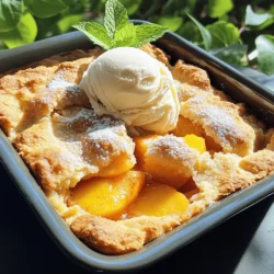 Für den besten Pfirsich-Cobbler brauchst du frische, reife Zutaten. Ich empfehle: - 6 reife Pfirsiche, geschält und in Scheiben geschnitten - 120 g Zucker (nach Geschmack anpassen) - 1 Esslöffel Zitronensaft - 1 Teelöffel Zimt - 1/4 Teelöffel Muskatnuss - 125 g Allzweckmehl - 240 ml Milch - 115 g ungesalzene Butter, geschmolzen - 1 Esslöffel Backpulver - 1/2 Teelöffel Salz - 1 Esslöffel Vanilleextrakt - Eine Prise gemahlener Ingwer (optional für einen zusätzlichen Kick) Diese Zutaten geben deinem Cobbler den perfekten Geschmack. Neben den Hauptzutaten kannst du auch mit Gewürzen spielen. Hier sind einige Ideen: - Ingwer: Ein Hauch von Ingwer bringt Wärme und Tiefe. - Kardamom: Ein wenig Kardamom kann einen tollen Twist geben. - Zitrusfrüchte: Füge etwas Orangen- oder Limettenschale hinzu für mehr Frische. Diese Aromen machen dein Rezept einzigartig und spannend. Wenn du spezielle diätetische Bedürfnisse hast, gibt es tolle Alternativen: - Glutenfrei: Verwende glutenfreies Mehl statt Allzweckmehl. Achte darauf, dass das Backpulver auch glutenfrei ist. - Vegan: Ersetze die Milch durch pflanzliche Milch wie Mandel- oder Hafermilch. Nutze vegane Butter anstelle von normaler Butter. Diese Optionen machen deinen Pfirsich-Cobbler für alle zugänglich. Du kannst auch die Full Recipe ausprobieren, um mehr über die Zubereitung zu erfahren. Zuerst müssen Sie die Pfirsiche vorbereiten. Nehmen Sie sechs reife Pfirsiche, schälen Sie sie und schneiden Sie sie in Scheiben. In einer großen Schüssel mischen Sie die geschnittenen Pfirsiche mit 60 g Zucker, einem Esslöffel Zitronensaft, einem Teelöffel Zimt und einer Prise Muskatnuss. Wenn Sie möchten, können Sie auch gemahlenen Ingwer hinzufügen. Lassen Sie die Mischung etwa zehn Minuten ruhen. Dies gibt den Pfirsichen Zeit, ihren süßen Saft freizusetzen. Während die Pfirsiche ruhen, können Sie den Teig zubereiten. Nehmen Sie eine separate Schüssel und vermengen Sie 125 g Allzweckmehl, 60 g Zucker, einen Esslöffel Backpulver und 1/2 Teelöffel Salz. In einer anderen Schüssel mischen Sie 240 ml Milch, 115 g geschmolzene Butter und einen Esslöffel Vanilleextrakt. Geben Sie die flüssigen Zutaten langsam zu den trockenen. Rühren Sie nur so lange, bis alles gerade so vermischt ist. Es ist in Ordnung, wenn ein paar Klumpen bleiben. Nun ist es Zeit, alles zusammenzubringen. Fetten Sie eine Backform (33x23 cm) leicht ein und geben Sie den Teig gleichmäßig hinein. Löffeln Sie dann die Pfirsichmischung über den Teig. Rühren Sie nicht um! Die Pfirsiche sinken während des Backens. Stellen Sie den Ofen auf 190 °C ein und backen Sie das Ganze 35 bis 40 Minuten. Der Cobbler sollte goldbraun sein und ein Zahnstocher sollte sauber herauskommen. Lassen Sie ihn vor dem Servieren einige Minuten abkühlen. Für die perfekte Präsentation, servieren Sie ihn warm mit Vanilleeis oder Schlagsahne. Ein Minzblatt obendrauf macht das Ganze noch schöner. Jetzt haben Sie ein einfaches und köstliches Rezept für Pfirsich-Cobbler! Wenn Sie mehr erfahren wollen, schauen Sie sich die Full Recipe an. Um die perfekte Konsistenz für Ihren Pfirsich-Cobbler zu erreichen, beachten Sie Folgendes: - Pfirsiche wählen: Verwenden Sie reife, saftige Pfirsiche. Sie sind süßer und geben mehr Saft. - Zucker anpassen: Schmecken Sie die Pfirsiche ab. Fügen Sie Zucker nach Bedarf hinzu, aber nicht zu viel. - Teigmischung: Rühren Sie den Teig nur leicht. Ein paar Klumpen sind in Ordnung. So bleibt er locker. Es gibt einige häufige Fehler, die Sie vermeiden sollten: - Ofen nicht vorheizen: Achten Sie darauf, den Ofen rechtzeitig auf 190°C vorzuheizen. So backt der Cobbler gleichmäßig. - Zu viel Rühren: Vermeiden Sie es, den Teig zu lange zu rühren. Das macht den Cobbler zäh. - Pfirsiche umrühren: Lassen Sie die Pfirsiche im Teig liegen. Rühren Sie nicht um, damit die Schichten erhalten bleiben. Passen Sie das Rezept nach Ihrem Geschmack an: - Zusätzliche Gewürze: Experimentieren Sie mit Muskatnuss oder Ingwer für mehr Geschmack. - Andere Früchte: Sie können auch andere Früchte nutzen. Äpfel oder Beeren sind tolle Alternativen. - Glutenfreie Option: Verwenden Sie glutenfreies Mehl, um den Cobbler glutenfrei zu machen. Für das vollständige Rezept, schauen Sie sich das Rezept an. {{image_4}} Für einen glutenfreien Pfirsich-Cobbler können Sie Allzweckmehl durch glutenfreies Mehl ersetzen. Achten Sie darauf, eine Mischung zu verwenden, die Xanthan enthält. Dieses hilft, die richtige Textur zu erreichen. Das Ergebnis bleibt lecker und saftig. Um eine vegane Version zu machen, tauschen Sie die Milch gegen Pflanzenmilch aus. Verwenden Sie geschmolzenes Kokosöl anstelle von Butter. Auch der Zucker kann durch einen pflanzlichen Süßstoff ersetzt werden. Diese Änderungen machen den Cobbler freundlich für alle. Servieren Sie den Pfirsich-Cobbler warm mit einer Kugel Vanilleeis. Ein Klecks Schlagsahne passt ebenfalls gut. Für einen frischen Kick können Sie Minzblätter hinzufügen. Auch geröstete Nüsse oder Kokosraspeln sind tolle Toppings. Seien Sie kreativ und genießen Sie die Vielfalt! Um den Pfirsich-Cobbler frisch zu halten, bewahre ihn in einem luftdichten Behälter auf. Du kannst auch Frischhaltefolie benutzen. Stelle sicher, dass der Cobbler vollständig abgekühlt ist. So bleibt er saftig und lecker. Wenn du den Cobbler wieder erwärmen möchtest, mache das im Ofen. Heize ihn auf 175°C vor. Lege den Cobbler in eine Auflaufform und decke ihn leicht mit Alufolie ab. So bleibt die Oberseite knusprig. Erwärme ihn für etwa 15 bis 20 Minuten, bis er heiß ist. Im Kühlschrank hält sich der Pfirsich-Cobbler etwa 3 bis 4 Tage. Wenn du ihn länger aufbewahren willst, kannst du ihn einfrieren. Wickel ihn gut ein und lege ihn in den Gefrierschrank. So bleibt er bis zu 3 Monate frisch. Achte darauf, ihn vor dem Servieren langsam im Kühlschrank aufzutauen. Um den besten Pfirsich-Cobbler zu machen, beginne mit frischen, reifen Pfirsichen. Du musst sie schälen und in Scheiben schneiden. Mische die Pfirsiche mit Zucker, Zitronensaft und Gewürzen. Lass sie 10 Minuten ruhen. So wird der Saft freigesetzt. Dann mach den Teig. Mische Mehl, Backpulver und Salz in einer Schüssel. In einer anderen Schüssel mische Milch, Butter und Vanille. Kombiniere beide Mischungen. Gieße den Teig in eine Backform und füge die Pfirsiche hinzu. Backe den Cobbler bei 190°C für 35-40 Minuten. Achte darauf, dass die Oberseite goldbraun wird. Wenn du keinen Zucker verwenden möchtest, probiere Honig oder Ahornsirup. Beide geben eine süße Note. Du kannst auch Kokoszucker oder Stevia verwenden. Achte darauf, die Menge anzupassen, da sie unterschiedlich süßen können. Zuckeralternativen können den Geschmack leicht verändern. Experimentiere, um die beste Option für dich zu finden. Ja, du kannst andere Früchte für den Cobbler verwenden. Äpfel, Beeren oder Birnen sind großartige Alternativen. Sie bringen eigene Geschmäcker und Texturen mit. Achte darauf, die Frucht gut vorzubereiten. Schneide sie in Stücke und mische sie mit ähnlichen Zutaten wie bei Pfirsichen. So bleibt der Cobbler lecker und saftig. Ein Pfirsich-Cobbler ist einfach zuzubereiten und köstlich. Wir haben die Hauptzutaten und Gewürze besprochen, sowie Optionen für glutenfreie und vegane Varianten. Die Schritt-für-Schritt-Anleitung hilft dir, den Teig perfekt zuzubereiten und die Pfirsiche optimal zu kombinieren. Mit Tipps zur Konsistenz und Fehlervermeidung wirst du ein echtes Back-Profi. Schließlich wissen wir, wie man den Cobbler lange frisch hält. Probiere die Variationen aus und passe das Rezept an deinen Geschmack an. Viel Spaß beim Backen!