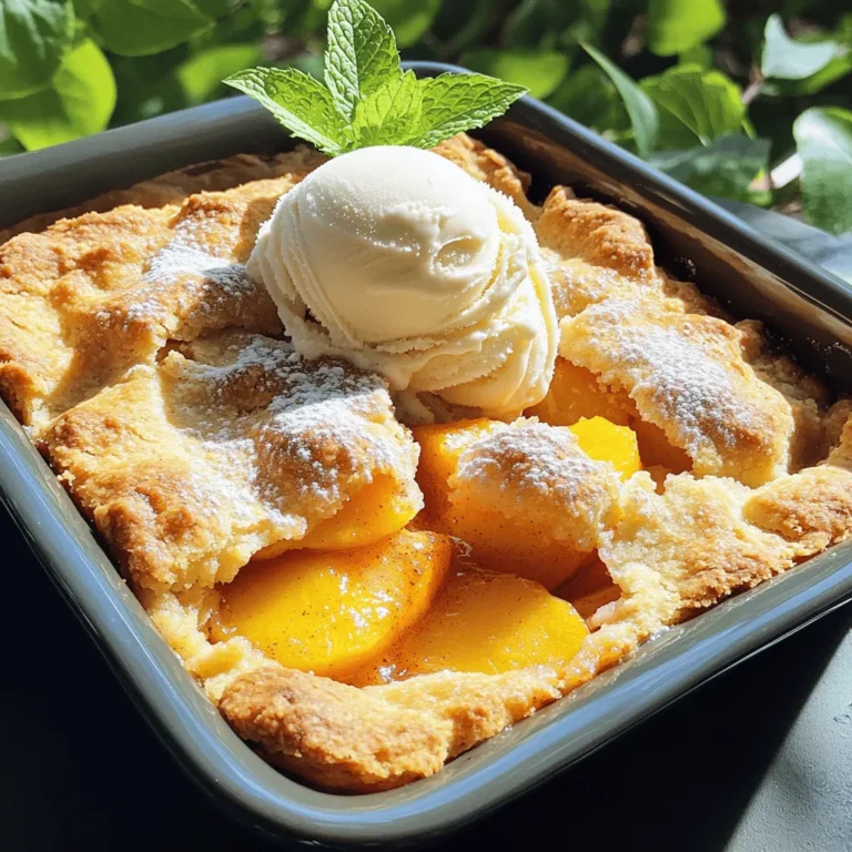 Für den besten Pfirsich-Cobbler brauchst du frische, reife Zutaten. Ich empfehle: - 6 reife Pfirsiche, geschält und in Scheiben geschnitten - 120 g Zucker (nach Geschmack anpassen) - 1 Esslöffel Zitronensaft - 1 Teelöffel Zimt - 1/4 Teelöffel Muskatnuss - 125 g Allzweckmehl - 240 ml Milch - 115 g ungesalzene Butter, geschmolzen - 1 Esslöffel Backpulver - 1/2 Teelöffel Salz - 1 Esslöffel Vanilleextrakt - Eine Prise gemahlener Ingwer (optional für einen zusätzlichen Kick) Diese Zutaten geben deinem Cobbler den perfekten Geschmack. Neben den Hauptzutaten kannst du auch mit Gewürzen spielen. Hier sind einige Ideen: - Ingwer: Ein Hauch von Ingwer bringt Wärme und Tiefe. - Kardamom: Ein wenig Kardamom kann einen tollen Twist geben. - Zitrusfrüchte: Füge etwas Orangen- oder Limettenschale hinzu für mehr Frische. Diese Aromen machen dein Rezept einzigartig und spannend. Wenn du spezielle diätetische Bedürfnisse hast, gibt es tolle Alternativen: - Glutenfrei: Verwende glutenfreies Mehl statt Allzweckmehl. Achte darauf, dass das Backpulver auch glutenfrei ist. - Vegan: Ersetze die Milch durch pflanzliche Milch wie Mandel- oder Hafermilch. Nutze vegane Butter anstelle von normaler Butter. Diese Optionen machen deinen Pfirsich-Cobbler für alle zugänglich. Du kannst auch die Full Recipe ausprobieren, um mehr über die Zubereitung zu erfahren. Zuerst müssen Sie die Pfirsiche vorbereiten. Nehmen Sie sechs reife Pfirsiche, schälen Sie sie und schneiden Sie sie in Scheiben. In einer großen Schüssel mischen Sie die geschnittenen Pfirsiche mit 60 g Zucker, einem Esslöffel Zitronensaft, einem Teelöffel Zimt und einer Prise Muskatnuss. Wenn Sie möchten, können Sie auch gemahlenen Ingwer hinzufügen. Lassen Sie die Mischung etwa zehn Minuten ruhen. Dies gibt den Pfirsichen Zeit, ihren süßen Saft freizusetzen. Während die Pfirsiche ruhen, können Sie den Teig zubereiten. Nehmen Sie eine separate Schüssel und vermengen Sie 125 g Allzweckmehl, 60 g Zucker, einen Esslöffel Backpulver und 1/2 Teelöffel Salz. In einer anderen Schüssel mischen Sie 240 ml Milch, 115 g geschmolzene Butter und einen Esslöffel Vanilleextrakt. Geben Sie die flüssigen Zutaten langsam zu den trockenen. Rühren Sie nur so lange, bis alles gerade so vermischt ist. Es ist in Ordnung, wenn ein paar Klumpen bleiben. Nun ist es Zeit, alles zusammenzubringen. Fetten Sie eine Backform (33x23 cm) leicht ein und geben Sie den Teig gleichmäßig hinein. Löffeln Sie dann die Pfirsichmischung über den Teig. Rühren Sie nicht um! Die Pfirsiche sinken während des Backens. Stellen Sie den Ofen auf 190 °C ein und backen Sie das Ganze 35 bis 40 Minuten. Der Cobbler sollte goldbraun sein und ein Zahnstocher sollte sauber herauskommen. Lassen Sie ihn vor dem Servieren einige Minuten abkühlen. Für die perfekte Präsentation, servieren Sie ihn warm mit Vanilleeis oder Schlagsahne. Ein Minzblatt obendrauf macht das Ganze noch schöner. Jetzt haben Sie ein einfaches und köstliches Rezept für Pfirsich-Cobbler! Wenn Sie mehr erfahren wollen, schauen Sie sich die Full Recipe an. Um die perfekte Konsistenz für Ihren Pfirsich-Cobbler zu erreichen, beachten Sie Folgendes: - Pfirsiche wählen: Verwenden Sie reife, saftige Pfirsiche. Sie sind süßer und geben mehr Saft. - Zucker anpassen: Schmecken Sie die Pfirsiche ab. Fügen Sie Zucker nach Bedarf hinzu, aber nicht zu viel. - Teigmischung: Rühren Sie den Teig nur leicht. Ein paar Klumpen sind in Ordnung. So bleibt er locker. Es gibt einige häufige Fehler, die Sie vermeiden sollten: - Ofen nicht vorheizen: Achten Sie darauf, den Ofen rechtzeitig auf 190°C vorzuheizen. So backt der Cobbler gleichmäßig. - Zu viel Rühren: Vermeiden Sie es, den Teig zu lange zu rühren. Das macht den Cobbler zäh. - Pfirsiche umrühren: Lassen Sie die Pfirsiche im Teig liegen. Rühren Sie nicht um, damit die Schichten erhalten bleiben. Passen Sie das Rezept nach Ihrem Geschmack an: - Zusätzliche Gewürze: Experimentieren Sie mit Muskatnuss oder Ingwer für mehr Geschmack. - Andere Früchte: Sie können auch andere Früchte nutzen. Äpfel oder Beeren sind tolle Alternativen. - Glutenfreie Option: Verwenden Sie glutenfreies Mehl, um den Cobbler glutenfrei zu machen. Für das vollständige Rezept, schauen Sie sich das Rezept an. {{image_4}} Für einen glutenfreien Pfirsich-Cobbler können Sie Allzweckmehl durch glutenfreies Mehl ersetzen. Achten Sie darauf, eine Mischung zu verwenden, die Xanthan enthält. Dieses hilft, die richtige Textur zu erreichen. Das Ergebnis bleibt lecker und saftig. Um eine vegane Version zu machen, tauschen Sie die Milch gegen Pflanzenmilch aus. Verwenden Sie geschmolzenes Kokosöl anstelle von Butter. Auch der Zucker kann durch einen pflanzlichen Süßstoff ersetzt werden. Diese Änderungen machen den Cobbler freundlich für alle. Servieren Sie den Pfirsich-Cobbler warm mit einer Kugel Vanilleeis. Ein Klecks Schlagsahne passt ebenfalls gut. Für einen frischen Kick können Sie Minzblätter hinzufügen. Auch geröstete Nüsse oder Kokosraspeln sind tolle Toppings. Seien Sie kreativ und genießen Sie die Vielfalt! Um den Pfirsich-Cobbler frisch zu halten, bewahre ihn in einem luftdichten Behälter auf. Du kannst auch Frischhaltefolie benutzen. Stelle sicher, dass der Cobbler vollständig abgekühlt ist. So bleibt er saftig und lecker. Wenn du den Cobbler wieder erwärmen möchtest, mache das im Ofen. Heize ihn auf 175°C vor. Lege den Cobbler in eine Auflaufform und decke ihn leicht mit Alufolie ab. So bleibt die Oberseite knusprig. Erwärme ihn für etwa 15 bis 20 Minuten, bis er heiß ist. Im Kühlschrank hält sich der Pfirsich-Cobbler etwa 3 bis 4 Tage. Wenn du ihn länger aufbewahren willst, kannst du ihn einfrieren. Wickel ihn gut ein und lege ihn in den Gefrierschrank. So bleibt er bis zu 3 Monate frisch. Achte darauf, ihn vor dem Servieren langsam im Kühlschrank aufzutauen. Um den besten Pfirsich-Cobbler zu machen, beginne mit frischen, reifen Pfirsichen. Du musst sie schälen und in Scheiben schneiden. Mische die Pfirsiche mit Zucker, Zitronensaft und Gewürzen. Lass sie 10 Minuten ruhen. So wird der Saft freigesetzt. Dann mach den Teig. Mische Mehl, Backpulver und Salz in einer Schüssel. In einer anderen Schüssel mische Milch, Butter und Vanille. Kombiniere beide Mischungen. Gieße den Teig in eine Backform und füge die Pfirsiche hinzu. Backe den Cobbler bei 190°C für 35-40 Minuten. Achte darauf, dass die Oberseite goldbraun wird. Wenn du keinen Zucker verwenden möchtest, probiere Honig oder Ahornsirup. Beide geben eine süße Note. Du kannst auch Kokoszucker oder Stevia verwenden. Achte darauf, die Menge anzupassen, da sie unterschiedlich süßen können. Zuckeralternativen können den Geschmack leicht verändern. Experimentiere, um die beste Option für dich zu finden. Ja, du kannst andere Früchte für den Cobbler verwenden. Äpfel, Beeren oder Birnen sind großartige Alternativen. Sie bringen eigene Geschmäcker und Texturen mit. Achte darauf, die Frucht gut vorzubereiten. Schneide sie in Stücke und mische sie mit ähnlichen Zutaten wie bei Pfirsichen. So bleibt der Cobbler lecker und saftig. Ein Pfirsich-Cobbler ist einfach zuzubereiten und köstlich. Wir haben die Hauptzutaten und Gewürze besprochen, sowie Optionen für glutenfreie und vegane Varianten. Die Schritt-für-Schritt-Anleitung hilft dir, den Teig perfekt zuzubereiten und die Pfirsiche optimal zu kombinieren. Mit Tipps zur Konsistenz und Fehlervermeidung wirst du ein echtes Back-Profi. Schließlich wissen wir, wie man den Cobbler lange frisch hält. Probiere die Variationen aus und passe das Rezept an deinen Geschmack an. Viel Spaß beim Backen!