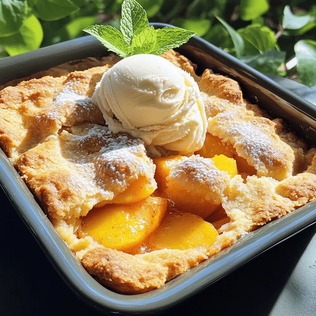 Für den besten Pfirsich-Cobbler brauchst du frische, reife Zutaten. Ich empfehle: - 6 reife Pfirsiche, geschält und in Scheiben geschnitten - 120 g Zucker (nach Geschmack anpassen) - 1 Esslöffel Zitronensaft - 1 Teelöffel Zimt - 1/4 Teelöffel Muskatnuss - 125 g Allzweckmehl - 240 ml Milch - 115 g ungesalzene Butter, geschmolzen - 1 Esslöffel Backpulver - 1/2 Teelöffel Salz - 1 Esslöffel Vanilleextrakt - Eine Prise gemahlener Ingwer (optional für einen zusätzlichen Kick) Diese Zutaten geben deinem Cobbler den perfekten Geschmack. Neben den Hauptzutaten kannst du auch mit Gewürzen spielen. Hier sind einige Ideen: - Ingwer: Ein Hauch von Ingwer bringt Wärme und Tiefe. - Kardamom: Ein wenig Kardamom kann einen tollen Twist geben. - Zitrusfrüchte: Füge etwas Orangen- oder Limettenschale hinzu für mehr Frische. Diese Aromen machen dein Rezept einzigartig und spannend. Wenn du spezielle diätetische Bedürfnisse hast, gibt es tolle Alternativen: - Glutenfrei: Verwende glutenfreies Mehl statt Allzweckmehl. Achte darauf, dass das Backpulver auch glutenfrei ist. - Vegan: Ersetze die Milch durch pflanzliche Milch wie Mandel- oder Hafermilch. Nutze vegane Butter anstelle von normaler Butter. Diese Optionen machen deinen Pfirsich-Cobbler für alle zugänglich. Du kannst auch die Full Recipe ausprobieren, um mehr über die Zubereitung zu erfahren. Zuerst müssen Sie die Pfirsiche vorbereiten. Nehmen Sie sechs reife Pfirsiche, schälen Sie sie und schneiden Sie sie in Scheiben. In einer großen Schüssel mischen Sie die geschnittenen Pfirsiche mit 60 g Zucker, einem Esslöffel Zitronensaft, einem Teelöffel Zimt und einer Prise Muskatnuss. Wenn Sie möchten, können Sie auch gemahlenen Ingwer hinzufügen. Lassen Sie die Mischung etwa zehn Minuten ruhen. Dies gibt den Pfirsichen Zeit, ihren süßen Saft freizusetzen. Während die Pfirsiche ruhen, können Sie den Teig zubereiten. Nehmen Sie eine separate Schüssel und vermengen Sie 125 g Allzweckmehl, 60 g Zucker, einen Esslöffel Backpulver und 1/2 Teelöffel Salz. In einer anderen Schüssel mischen Sie 240 ml Milch, 115 g geschmolzene Butter und einen Esslöffel Vanilleextrakt. Geben Sie die flüssigen Zutaten langsam zu den trockenen. Rühren Sie nur so lange, bis alles gerade so vermischt ist. Es ist in Ordnung, wenn ein paar Klumpen bleiben. Nun ist es Zeit, alles zusammenzubringen. Fetten Sie eine Backform (33x23 cm) leicht ein und geben Sie den Teig gleichmäßig hinein. Löffeln Sie dann die Pfirsichmischung über den Teig. Rühren Sie nicht um! Die Pfirsiche sinken während des Backens. Stellen Sie den Ofen auf 190 °C ein und backen Sie das Ganze 35 bis 40 Minuten. Der Cobbler sollte goldbraun sein und ein Zahnstocher sollte sauber herauskommen. Lassen Sie ihn vor dem Servieren einige Minuten abkühlen. Für die perfekte Präsentation, servieren Sie ihn warm mit Vanilleeis oder Schlagsahne. Ein Minzblatt obendrauf macht das Ganze noch schöner. Jetzt haben Sie ein einfaches und köstliches Rezept für Pfirsich-Cobbler! Wenn Sie mehr erfahren wollen, schauen Sie sich die Full Recipe an. Um die perfekte Konsistenz für Ihren Pfirsich-Cobbler zu erreichen, beachten Sie Folgendes: - Pfirsiche wählen: Verwenden Sie reife, saftige Pfirsiche. Sie sind süßer und geben mehr Saft. - Zucker anpassen: Schmecken Sie die Pfirsiche ab. Fügen Sie Zucker nach Bedarf hinzu, aber nicht zu viel. - Teigmischung: Rühren Sie den Teig nur leicht. Ein paar Klumpen sind in Ordnung. So bleibt er locker. Es gibt einige häufige Fehler, die Sie vermeiden sollten: - Ofen nicht vorheizen: Achten Sie darauf, den Ofen rechtzeitig auf 190°C vorzuheizen. So backt der Cobbler gleichmäßig. - Zu viel Rühren: Vermeiden Sie es, den Teig zu lange zu rühren. Das macht den Cobbler zäh. - Pfirsiche umrühren: Lassen Sie die Pfirsiche im Teig liegen. Rühren Sie nicht um, damit die Schichten erhalten bleiben. Passen Sie das Rezept nach Ihrem Geschmack an: - Zusätzliche Gewürze: Experimentieren Sie mit Muskatnuss oder Ingwer für mehr Geschmack. - Andere Früchte: Sie können auch andere Früchte nutzen. Äpfel oder Beeren sind tolle Alternativen. - Glutenfreie Option: Verwenden Sie glutenfreies Mehl, um den Cobbler glutenfrei zu machen. Für das vollständige Rezept, schauen Sie sich das Rezept an. {{image_4}} Für einen glutenfreien Pfirsich-Cobbler können Sie Allzweckmehl durch glutenfreies Mehl ersetzen. Achten Sie darauf, eine Mischung zu verwenden, die Xanthan enthält. Dieses hilft, die richtige Textur zu erreichen. Das Ergebnis bleibt lecker und saftig. Um eine vegane Version zu machen, tauschen Sie die Milch gegen Pflanzenmilch aus. Verwenden Sie geschmolzenes Kokosöl anstelle von Butter. Auch der Zucker kann durch einen pflanzlichen Süßstoff ersetzt werden. Diese Änderungen machen den Cobbler freundlich für alle. Servieren Sie den Pfirsich-Cobbler warm mit einer Kugel Vanilleeis. Ein Klecks Schlagsahne passt ebenfalls gut. Für einen frischen Kick können Sie Minzblätter hinzufügen. Auch geröstete Nüsse oder Kokosraspeln sind tolle Toppings. Seien Sie kreativ und genießen Sie die Vielfalt! Um den Pfirsich-Cobbler frisch zu halten, bewahre ihn in einem luftdichten Behälter auf. Du kannst auch Frischhaltefolie benutzen. Stelle sicher, dass der Cobbler vollständig abgekühlt ist. So bleibt er saftig und lecker. Wenn du den Cobbler wieder erwärmen möchtest, mache das im Ofen. Heize ihn auf 175°C vor. Lege den Cobbler in eine Auflaufform und decke ihn leicht mit Alufolie ab. So bleibt die Oberseite knusprig. Erwärme ihn für etwa 15 bis 20 Minuten, bis er heiß ist. Im Kühlschrank hält sich der Pfirsich-Cobbler etwa 3 bis 4 Tage. Wenn du ihn länger aufbewahren willst, kannst du ihn einfrieren. Wickel ihn gut ein und lege ihn in den Gefrierschrank. So bleibt er bis zu 3 Monate frisch. Achte darauf, ihn vor dem Servieren langsam im Kühlschrank aufzutauen. Um den besten Pfirsich-Cobbler zu machen, beginne mit frischen, reifen Pfirsichen. Du musst sie schälen und in Scheiben schneiden. Mische die Pfirsiche mit Zucker, Zitronensaft und Gewürzen. Lass sie 10 Minuten ruhen. So wird der Saft freigesetzt. Dann mach den Teig. Mische Mehl, Backpulver und Salz in einer Schüssel. In einer anderen Schüssel mische Milch, Butter und Vanille. Kombiniere beide Mischungen. Gieße den Teig in eine Backform und füge die Pfirsiche hinzu. Backe den Cobbler bei 190°C für 35-40 Minuten. Achte darauf, dass die Oberseite goldbraun wird. Wenn du keinen Zucker verwenden möchtest, probiere Honig oder Ahornsirup. Beide geben eine süße Note. Du kannst auch Kokoszucker oder Stevia verwenden. Achte darauf, die Menge anzupassen, da sie unterschiedlich süßen können. Zuckeralternativen können den Geschmack leicht verändern. Experimentiere, um die beste Option für dich zu finden. Ja, du kannst andere Früchte für den Cobbler verwenden. Äpfel, Beeren oder Birnen sind großartige Alternativen. Sie bringen eigene Geschmäcker und Texturen mit. Achte darauf, die Frucht gut vorzubereiten. Schneide sie in Stücke und mische sie mit ähnlichen Zutaten wie bei Pfirsichen. So bleibt der Cobbler lecker und saftig. Ein Pfirsich-Cobbler ist einfach zuzubereiten und köstlich. Wir haben die Hauptzutaten und Gewürze besprochen, sowie Optionen für glutenfreie und vegane Varianten. Die Schritt-für-Schritt-Anleitung hilft dir, den Teig perfekt zuzubereiten und die Pfirsiche optimal zu kombinieren. Mit Tipps zur Konsistenz und Fehlervermeidung wirst du ein echtes Back-Profi. Schließlich wissen wir, wie man den Cobbler lange frisch hält. Probiere die Variationen aus und passe das Rezept an deinen Geschmack an. Viel Spaß beim Backen!