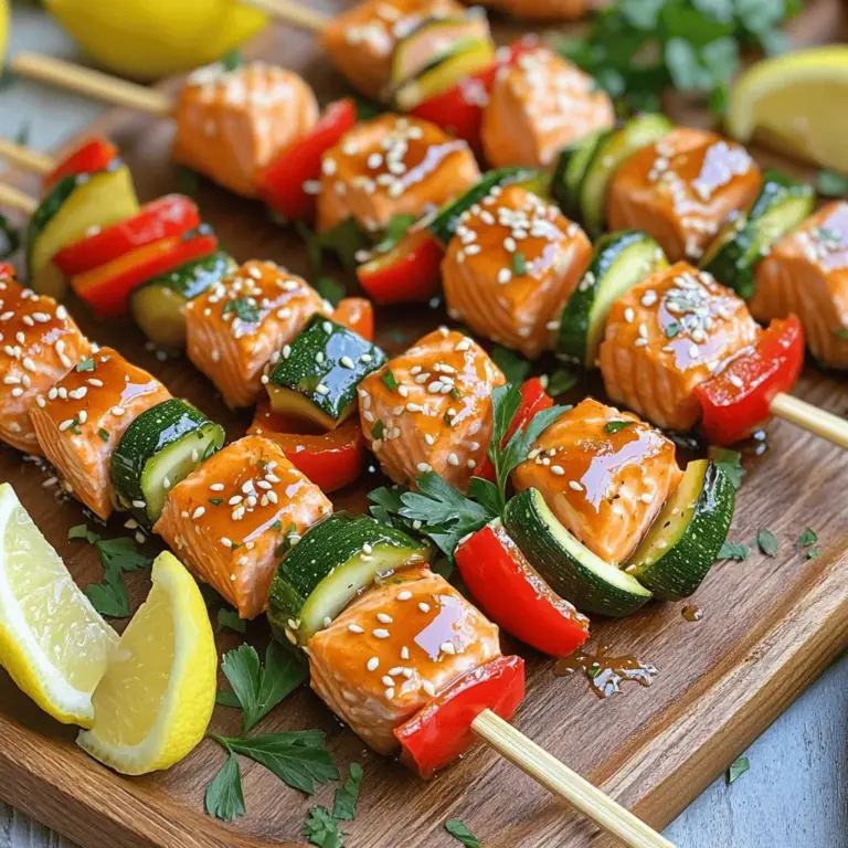 Für die Honig Knoblauch Lachs Spieße brauchen Sie frische und hochwertige Zutaten. Diese sorgen für den besten Geschmack. Die Hauptzutaten sind: - 450 g Lachsfilet, in 2,5 cm große Würfel geschnitten - 60 ml Honig - 45 ml Sojasauce (am besten natriumarme) - 3 Knoblauchzehen, fein gehackt - 1 Esslöffel frischer Ingwer, gerieben - 30 ml Olivenöl - 15 ml Zitronensaft - Salz und Pfeffer nach Geschmack - 1 rote Paprika, in 2,5 cm große Stücke geschnitten - 1 Zucchini, in Ringe geschnitten - Holz- oder Metallspieße (bei Verwendung von Holz, 30 Minuten in Wasser einweichen) Die Mengenangaben sind wichtig für das richtige Verhältnis. So erhalten Sie den besten Geschmack. Hier sind die Maße: - 450 g Lachsfilet ist für vier Portionen gut. - 60 ml Honig gibt eine süße Note. - 45 ml Sojasauce bringt Salz und Tiefe ins Gericht. - 3 Knoblauchzehen fügen Aroma hinzu. - 1 Esslöffel frischer Ingwer bringt Frische. - 30 ml Olivenöl sorgt für Saftigkeit. - 15 ml Zitronensaft gibt Frische und Balance. Um die Spieße zuzubereiten, benötigen Sie einige einfache Küchengeräte: - Eine Schüssel zum Mischen der Marinade. - Ein Schneebesen, um die Zutaten gut zu verrühren. - Ein Messer und ein Schneidebrett zum Schneiden des Gemüses und des Lachses. - Spieße, um die Zutaten zusammenzustecken. - Ein Grill oder eine Grillpfanne, um die Spieße zu garen. Wenn Sie mehr über die Zubereitung erfahren möchten, schauen Sie sich das vollständige Rezept an: [Full Recipe]. Um die Marinade für die Honig Knoblauch Lachs Spieße zuzubereiten, nehmen Sie eine große Schüssel. Geben Sie 60 ml Honig und 45 ml Sojasauce hinein. Fügen Sie 3 fein gehackte Knoblauchzehen und 1 Esslöffel geriebenen Ingwer hinzu. Mischen Sie alles gut. Diese Mischung sorgt für einen leckeren Geschmack. Es ist wichtig, die Marinade gleichmäßig zu verrühren. So verbindet sich der Honig gut mit der Sojasauce. Schneiden Sie 450 g Lachsfilet in 2,5 cm große Würfel. Geben Sie die Lachsstücke in die vorbereitete Marinade. Rühren Sie vorsichtig, so dass jedes Stück gut bedeckt ist. Decken Sie die Schüssel ab und stellen Sie sie für mindestens 30 Minuten in den Kühlschrank. Dies hilft, die Aromen tief in den Lachs einzuziehen. Während der Lachs mariniert, können Sie das Gemüse vorbereiten. Schneiden Sie 1 rote Paprika und 1 Zucchini in passende Stücke. Nehmen Sie die marinierten Lachsstücke aus dem Kühlschrank. Stecken Sie zuerst ein Stück Lachs auf einen Spieß. Fügen Sie dann ein Stück Paprika und einen Zucchini-Ring hinzu. Wiederholen Sie dies, bis alle Zutaten aufgebraucht sind. Achten Sie darauf, Platz zwischen den Stücken zu lassen. So garen sie gleichmäßig. Heizen Sie den Grill auf mittelhohe Temperatur vor und ölen Sie die Roste leicht ein. Grillen Sie die Spieße 10-12 Minuten lang. Wenden Sie sie regelmäßig, bis der Lachs gar ist. Lassen Sie die Spieße nach dem Grillen einige Minuten ruhen, bevor Sie sie servieren. Für das vollständige Rezept, schauen Sie in den Abschnitt "Full Recipe". Um die Marinade perfekt zu machen, mische Honig und Sojasauce gut. Füge dann fein gehackten Knoblauch und frisch geriebenen Ingwer hinzu. Diese Zutaten geben dem Lachs Geschmack. Stelle sicher, dass das Olivenöl und der Zitronensaft gleichmäßig vermischt sind. Das sorgt für eine ausgewogene Marinade. Lass den Lachs mindestens 30 Minuten im Kühlschrank ruhen, damit die Aromen gut einziehen. Heize deinen Grill auf mittlere Hitze vor. Öle den Grillrost leicht ein, um das Ankleben zu verhindern. Lege die Spieße auf den Grill und wende sie regelmäßig. So garen sie gleichmäßig. Achte darauf, dass du die Spieße etwa 10 bis 12 Minuten grillst. Der Lachs sollte durchgegart sein und sich leicht mit einer Gabel zerteilen lassen. Die Spieße sehen toll aus, wenn du sie auf einer großen Platte anrichtest. Streue einige Sesamsamen darüber für etwas Crunch. Frische Petersilie bringt Farbe ins Spiel. Zitronenschnitze an die Seite legen, damit jeder nach Belieben drücken kann. Diese kleinen Details machen dein Gericht besonders und einladend. Für das vollständige Rezept, schau dir die [Full Recipe] an. {{image_4}} Wenn du nach einer vegetarischen Option suchst, probiere Tofu oder Halloumi. Diese Zutaten nehmen die Marinade gut auf. Schneide den Tofu in Würfel oder Halloumi in Scheiben. Du kannst sie genauso marinieren wie den Lachs. Sie bieten eine ähnliche Textur und einen tollen Geschmack. Du kannst auch andere Gemüsearten verwenden. Brokkoli, Zucchini oder Kirschtomaten sind gute Optionen. Diese Gemüse bringen Farbe und verschiedene Aromen. Schneide sie in Stücke, die zu deinem Spieß passen. Achte darauf, die Garzeit zu beachten, da einige Gemüse schneller garen als andere. Fühle dich frei, die Marinade zu variieren. Füge Chiliflocken für einen scharfen Kick hinzu. Oder verwende frische Kräuter wie Basilikum oder Koriander für frische Aromen. Diese kleinen Änderungen machen das Gericht einzigartig. Du kannst auch geräucherte Paprika für einen rauchigen Geschmack probieren. Wenn Sie marinierten Lachs haben, lagern Sie ihn sofort. Legen Sie ihn in einen luftdichten Behälter. So bleibt die Marinade frisch. Verwenden Sie den Lachs innerhalb von zwei Tagen. Andernfalls verliert er an Geschmack und Qualität. Haben Sie Reste nach dem Grillen? Lassen Sie die Spieße abkühlen. Wickeln Sie sie in Folie oder legen Sie sie in einen Behälter. So bleiben sie frisch. Reste halten sich im Kühlschrank bis zu drei Tage. Sie können sie auch für Salate oder Wraps verwenden. Im Kühlschrank bleibt der Lachs sicher bis zu drei Tage. Wenn Sie ihn länger aufbewahren müssen, frieren Sie ihn ein. Wickeln Sie die Spieße gut ein, um Gefrierbrand zu vermeiden. Im Gefrierfach hält sich der Lachs bis zu drei Monate. Achten Sie darauf, ihn langsam im Kühlschrank aufzutauen, bevor Sie ihn wieder erhitzen. Der Lachs sollte mindestens 30 Minuten marinieren. Die Marinade hilft, den Lachs zart und voller Geschmack zu machen. Wenn du mehr Zeit hast, kannst du ihn auch bis zu 2 Stunden marinieren. So dringen die Aromen noch besser ein. Aber sei vorsichtig, marinierst du zu lange, kann der Lachs zu salzig werden. Ja, die Spieße können auch im Ofen zubereitet werden. Heize deinen Ofen auf 200 Grad Celsius vor. Lege die Spieße auf ein Backblech mit Backpapier. Backe sie für etwa 12-15 Minuten, bis der Lachs durchgegart ist. Achte darauf, sie einmal zu wenden. So werden sie gleichmäßig gar und lecker. Zu diesen Spießen passen viele Beilagen. Einige gute Optionen sind: - Reis oder Quinoa - Frischer grüner Salat - Gegrilltes Gemüse - Kartoffeln, gebacken oder püriert Diese Beilagen ergänzen den süßen und herzhaften Geschmack. Du kannst auch eine leichte Sauce oder Dressing hinzufügen, um das Gericht abzurunden. In diesem Artikel haben wir alles Wichtige über Honig Knoblauch Lachs Spieße besprochen. Von den Zutaten über die Marinade bis hin zu Grilltipps. Jeder Schritt verhilft dir zu einem leckeren Ergebnis. Denk an die Variationen für einen besonderen Twist, und vergiss nicht die Lagerungshinweise. Experimentiere mit den Rezepten, um sie perfekt zu machen. Mit diesen Tipps wirst du deine Gäste garantiert beeindrucken. Viel Spaß beim Grillen und Genießen!