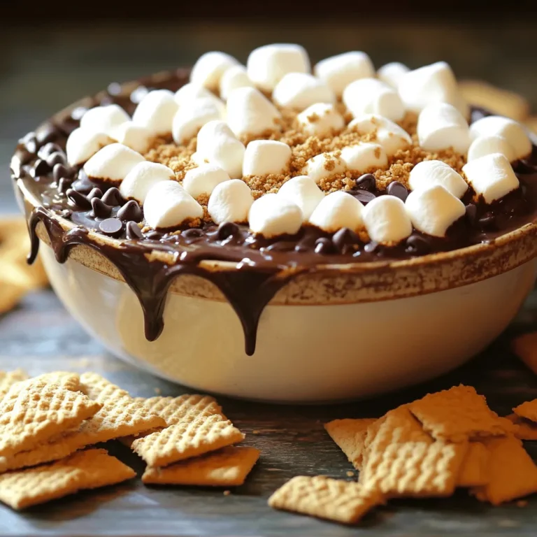 Für den perfekten S’mores Dip benötigen wir einige einfache Zutaten. Hier sind sie: - 1 Tasse halbsüße Schokoladenstückchen - 1 Tasse Mini-Marshmallows - 1/2 Tasse zerbröselte Graham-Cracker - 1 Esslöffel ungesalzene Butter, geschmolzen - 1/2 Teelöffel Vanilleextrakt - Eine Prise Salz - Graham-Cracker, zum Dippen Jede Zutat hat ihren eigenen Zweck. Die halbsüßen Schokoladenstückchen sorgen für einen reichen Schokoladengeschmack. Die Mini-Marshmallows bringen süße und eine fluffige Textur. Die zerbröselten Graham-Cracker geben dem Dip einen knusprigen Biss. Butter und Vanilleextrakt fügen Geschmack und Feuchtigkeit hinzu. Eine Prise Salz verstärkt die Süße der Schokolade. Wenn du etwas Abwechslung wünschst, probiere diese Alternativen: - Verwende Zartbitter-Schokolade für einen intensiveren Geschmack. - Füge einige Nüsse hinzu, um Crunch zu bieten. - Nutze Keksbrösel aus Schokoladenkeksen statt Graham-Crackern. - Ersetze den Vanilleextrakt durch Mandel- oder Kokosnussaroma für einen anderen Geschmack. Mit diesen Optionen kannst du deinen S’mores Dip ganz nach deinem Geschmack anpassen. Für den Air Fryer S’mores Dip brauchst du einige einfache Zutaten. Hier sind sie: - 1 Tasse halbsüße Schokoladenstückchen - 1 Tasse Mini-Marshmallows - 1/2 Tasse zerbröselte Graham-Cracker - 1 Esslöffel ungesalzene Butter, geschmolzen - 1/2 Teelöffel Vanilleextrakt - Eine Prise Salz - Graham-Cracker, zum Dippen Zuerst stelle sicher, dass du alles bereit hast. Das macht das Kochen einfacher. Mische die Schokolade, die Butter, den Vanilleextrakt und das Salz in einer Schüssel. Heize deinen Airfryer auf 175°C vor. Das dauert nur ein paar Minuten. Übertrage dann die Schokoladenmischung in eine ofenfeste Form. Glätte die Oberfläche mit einem Spatel. Verteile die Mini-Marshmallows gleichmäßig auf der Schokolade. Drücke die zerbröselten Graham-Cracker leicht auf die Marshmallows. Das gibt einen tollen Crunch. Stelle die Form in den Airfryer. Gare die Mischung für 5 bis 7 Minuten. Achte darauf, dass die Marshmallows goldbraun werden, aber nicht verbrennen. Wenn sie fertig sind, nimm die Form vorsichtig heraus. Sie wird heiß sein. Lass sie für eine Minute abkühlen. Für die beste Konsistenz achte darauf, die Schokolade gut mit der Butter zu vermengen. So wird alles schön cremig. Die Marshmallows sollten goldbraun und sprudelnd sein. Wenn du mehr Textur magst, kannst du die Graham-Cracker dicker auftragen. Serviere den Dip warm mit Graham-Crackern zum Dippen. Du kannst auch geschmolzene Schokolade darüber träufeln, um das Ganze noch leckerer zu machen. Für das vollständige Rezept, schau dir die [Full Recipe] an. Ein häufiger Fehler ist, die Marshmallows zu lange zu garen. Sie können schnell anbrennen. Achten Sie darauf, die Zeit gut zu überwachen. Ein weiterer Fehler ist, die Schokolade nicht genug zu mischen. Rühren Sie gut, damit alles gleichmäßig wird. Wenn die Mischung ungleichmäßig ist, schmeckt es nicht so gut. Verwenden Sie auch eine ofenfeste Form, die in den Airfryer passt. So vermeiden Sie, dass es überläuft. Servieren Sie den Dip in der Form, in der Sie ihn zubereitet haben. Das sieht toll aus! Legen Sie eine schöne Schicht Graham-Cracker rundherum. So hat jeder sofort einen Dip, wenn der S’mores Dip heiß und blubbernd fertig ist. Sie können auch kleine Schalen mit frischen Früchten anbieten. Erdbeeren oder Bananen passen wunderbar. Für mehr Geschmack können Sie etwas Erdnussbutter hinzufügen. Das gibt dem Dip eine tolle Note. Auch ein wenig Zimt oder Muskatnuss kann den Geschmack verstärken. Wenn Sie etwas Abenteuerlust haben, probieren Sie verschiedene Schokoladensorten. Milchschokolade oder sogar weiße Schokolade können einen neuen Twist bringen. Für einen besonderen Kick können Sie auch Minzextrakt verwenden. {{image_4}} Es gibt viele Möglichkeiten, den S’mores Dip zu variieren. Probieren Sie dunkle Schokolade oder weiße Schokolade. Jede Schokoladensorte hat ihren eigenen Geschmack. Eine Kombination aus verschiedenen Schokoladen kann auch spannend sein. Mischen Sie halbsüße und Milchschokolade für einen süßen Genuss. Wenn Sie es besonders lecker mögen, fügen Sie Erdnussbutter-Schokoladenstückchen hinzu. Für eine glutenfreie Version verwenden Sie glutenfreie Graham-Cracker. Diese Cracker bieten den gleichen knusprigen Biss. Achten Sie darauf, auch glutenfreie Schokoladenstückchen zu wählen. So stellen Sie sicher, dass alle Zutaten glutenfrei sind. Es ist einfach, den Genuss für alle zugänglich zu machen. Wollen Sie etwas mehr Textur? Fügen Sie gehackte Nüsse hinzu, wie Mandeln oder Walnüsse. Diese bringen Crunch in den Dip. Auch Früchte sind eine tolle Ergänzung. Versuchen Sie, frische Erdbeeren oder Bananenscheiben hinzuzufügen. Diese sorgen für eine süße und fruchtige Note. Experimentieren Sie mit verschiedenen Kombinationen für den perfekten Dip. Um den S’mores Dip frisch zu halten, lassen Sie ihn zuerst abkühlen. Geben Sie ihn dann in einen luftdichten Behälter. Er hält sich im Kühlschrank bis zu drei Tage. Achten Sie darauf, die Oberfläche gut abzudecken, um ein Austrocknen zu verhindern. Wenn Sie den Dip länger aufbewahren möchten, können Sie ihn einfrieren. Füllen Sie den abgekühlten Dip in einen gefrierfesten Behälter. Stellen Sie sicher, dass der Behälter gut verschlossen ist. Der Dip kann bis zu einen Monat im Gefrierfach bleiben. Denken Sie daran, ihn vor dem Servieren vollständig aufzutauen. Um den Dip wieder aufzuwärmen, geben Sie ihn in eine ofenfeste Form. Sie können ihn im Airfryer oder im Ofen bei niedriger Temperatur aufwärmen. Überwachen Sie ihn genau, damit die Marshmallows nicht verbrennen. Ein wenig zusätzliche Wärme bringt die köstlichen Aromen zurück. Der S’mores Dip hält sich im Kühlschrank etwa 3 bis 5 Tage. Es ist wichtig, ihn in einem luftdichten Behälter aufzubewahren. So bleibt er frisch und lecker. Vor dem Servieren kann man ihn kurz in der Mikrowelle aufwärmen. Achte darauf, die Temperatur gut zu kontrollieren, damit die Schokolade nicht überhitzt. Ja, du kannst den Dip auch ohne Airfryer machen. Verwende dazu einfach den Ofen. Heize den Ofen auf 175°C vor. Bereite den Dip wie im Rezept beschrieben vor und backe ihn in einer ofenfesten Form für 10 bis 15 Minuten. Beobachte ihn gut, damit die Marshmallows nicht verbrennen. Der Dip wird schön goldbraun und geschmolzen sein. Zu S’mores Dip passen viele leckere Beilagen. Hier sind einige Vorschläge: - Graham-Cracker - Apfelscheiben - Bananenstücke - Mini-Butterkekse - Puddingbecher Diese Beilagen machen das Dippen noch spannender und schmecken großartig mit dem süßen Dip. Du kannst auch kreativ sein und verschiedene Früchte ausprobieren. Der S’mores Dip ist eine einfache und köstliche Leckerei. Wir haben die wichtigsten Zutaten, die Schritt-für-Schritt-Anleitung und nützliche Tipps behandelt. Außerdem haben wir Variationen und Lagerungshinweise besprochen. Experimentiere mit verschiedenen Geschmäckern und genieße deinen Dip mit Freunden oder Familie. Mit diesen Tricks wird dein S’mores Dip immer ein Hit. Viel Spaß beim Ausprobieren und Genießen!