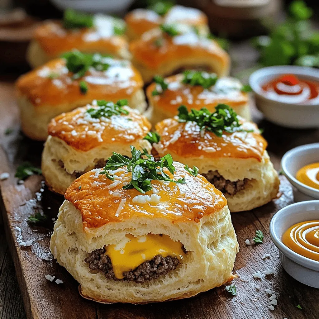 - Rinderhackfleisch und Gewürze Du brauchst 450 g Rinderhackfleisch. Füge 1 Teelöffel Knoblauchpulver, 1 Teelöffel Zwiebelpulver, ½ Teelöffel Salz und ¼ Teelöffel schwarzen Pfeffer hinzu. Diese Gewürze machen das Fleisch richtig lecker. - Käsesorten und Biscuit-Teig Für den Käse nimm 100 g geriebenen Cheddar-Käse und 50 g geriebenen Parmesan-Käse. Diese Käsesorten geben den Bomben einen tollen Geschmack. Benutze 1 Packung (680 g) kühlenden Biscuit-Teig. Das macht die Bomben schön fluffig. - Optionale Zutaten für das Dippen Ketchup und Senf sind perfekt zum Dippen. Du kannst auch andere Dips ausprobieren, die dir gefallen. Sie bringen Abwechslung und Spaß beim Essen. Die Zutaten sind einfach zu finden und machen dein Kochen leicht. Wenn du das ganze Rezept sehen möchtest, schau dir den Full Recipe an. Beginne mit der Mischung des Rinderhackfleischs und der Gewürze. In einer großen Schüssel vermische das Rinderhackfleisch mit dem Knoblauchpulver, Zwiebelpulver, Salz und Pfeffer. Achte darauf, dass die Gewürze gut verteilt sind. Das gibt jedem Bissen einen tollen Geschmack. Nimm eine kleine Portion der Mischung, etwa so groß wie ein Golfball. Drücke sie in deiner Handfläche flach. Lege einen Esslöffel Cheddar-Käse in die Mitte. Forme das Fleisch um den Käse, bis eine Kugel entsteht. Wiederhole diesen Schritt, bis alles Fleisch verarbeitet ist. Öffne jetzt die Packung mit dem Biscuit-Teig. Trenne die Blätter vorsichtig. Drücke jeden Biscuit zu einer flachen Scheibe, etwa 10 cm groß. Achte darauf, dass sie gleichmäßig dünn sind. Lege eine Cheeseburger-Kugel in die Mitte jeder Teigscheibe. Falte den Teig vorsichtig um das Fleisch. Drücke die Ränder gut zusammen, damit kein Fleisch sichtbar bleibt. Bereite dein Backblech vor, indem du es mit Backpapier auslegst. Lege die gefüllten Teigbälle mit der Nahtseite nach unten darauf. In einer kleinen Schüssel vermische die geschmolzene Butter mit dem geriebenen Parmesan. Bestreiche die Oberseite der Cheeseburger Bomben großzügig mit dieser Mischung. Das gibt ihnen einen köstlichen Glanz und Geschmack. Backe die Bomben im vorgeheizten Ofen bei 190°C für 15 bis 20 Minuten. Sie sollten goldbraun und durchgegart sein. Nehme sie aus dem Ofen und garniere sie mit frisch gehackter Petersilie für einen schönen Farbkontrast. Für die vollständige Anleitung schau dir das [Full Recipe] an. Empfohlene Käsevariationen: Ich finde, Cheddar und Parmesan sind eine tolle Kombi. Du kannst aber auch andere Käsesorten ausprobieren. Mozzarella macht die Bomben schön schmelzig. Feta bringt einen salzigen Kick. Experimentiere mit deinem Lieblingskäse! Gewürzmischungen anpassen: Die Gewürze sind wichtig für den Geschmack. Wenn du es schärfer magst, füge etwas Paprika oder Cayennepfeffer hinzu. Für mehr Tiefe kannst du etwas Rauchsalz verwenden. Sei kreativ und finde deine perfekte Mischung! Optimale Backzeiten: Der Ofen sollte auf 190°C vorgeheizt sein. Backe die Cheeseburger Bomben 15 bis 20 Minuten. Achte darauf, dass sie goldbraun sind. So sind sie perfekt durchgegart und knusprig. Wie man die perfekte Konsistenz erreicht: Die Bomben sollten außen knusprig und innen saftig sein. Wenn du sie zu lange backst, werden sie trocken. Überwache die Zeit gut und teste die Konsistenz mit einem Zahnstocher. So stellst du sicher, dass sie perfekt sind! {{image_4}} Du kannst die Cheeseburger Bomben leicht anpassen. Statt Rinderhackfleisch nutze Pflanzenfleisch. Es gibt viele gute Marken, die einen tollen Geschmack bieten. Diese Alternativen sind gut für Veganer und Vegetarier. Für den Käse nimm einfach veganen Käse. Viele Sorten schmelzen gut und schmecken großartig. Auch beim Teig kannst du kreativ sein. Verwende einen veganen Teig oder Blätterteig für eine knusprige Variante. Möchtest du etwas Neues ausprobieren? Probiere BBQ Cheeseburger Bomben. Mische BBQ-Sauce in das Rinderhackfleisch. Das gibt einen süßen und rauchigen Geschmack. Du kannst auch etwas geräucherten Käse verwenden, um das Aroma zu verstärken. Eine weitere Idee sind mediterrane Cheeseburger Bomben. Verwende Feta-Käse und frische Kräuter wie Oregano und Basilikum. Diese Mischung bringt einen frischen und würzigen Geschmack. Du wirst überrascht sein, wie gut diese Aromen zusammenpassen. Kurzzeitige Lagerung im Kühlschrank Wenn du die Knoblauch Parmesan Cheeseburger Bombs nicht sofort isst, lagere sie im Kühlschrank. Lege die Bomben in einen luftdichten Behälter. So bleiben sie frisch für bis zu drei Tage. Achte darauf, dass sie nicht in Kontakt mit Luft kommen. Das verhindert, dass sie trocken werden. Langzeitlagerung im Gefrierschrank Für eine längere Lagerung kannst du die Cheeseburger Bombs einfrieren. Lege sie auf ein Backblech und friere sie für zwei Stunden ein. Danach packe die gefrorenen Bomben in einen Gefrierbeutel. So bleiben sie bis zu drei Monate frisch. Denke daran, das Datum auf den Beutel zu schreiben. Beste Methoden zum Aufwärmen Um die Bomben wieder aufzuwärmen, benutze den Ofen. Heize den Ofen auf 180°C vor. Lege die Bomben auf ein Backblech und backe sie 10 bis 15 Minuten lang. So bleiben sie knusprig und lecker. Du kannst auch eine Mikrowelle benutzen, aber das Ergebnis wird nicht so knusprig. Zubereitung für eine Wiederverwendung Wenn du die Bomben nach dem Einfrieren aufwärmst, lasse sie zuerst einige Minuten im Kühlschrank. So tauen sie gleichmäßig auf. Vermeide es, sie direkt aus dem Gefrierfach in die Mikrowelle zu legen. Das sorgt für ungleichmäßige Erwärmung. Die Cheeseburger Bomben sind im Kühlschrank etwa drei bis vier Tage haltbar. Bewahren Sie sie in einem luftdichten Behälter auf. So bleibt der Geschmack frisch. Wenn Sie länger aufbewahren möchten, können Sie sie einfrieren. Im Gefrierfach halten sie bis zu drei Monate. Denken Sie daran, sie gut zu verpacken, damit sie keinen Gefrierbrand bekommen. Ja, Sie können die Cheeseburger Bomben im Voraus machen. Bereiten Sie die Bomben bis zum Backen vor und lagern Sie sie im Kühlschrank. Backen Sie sie dann frisch, wenn Sie bereit sind, sie zu servieren. Wenn Sie sie einfrieren, tauen Sie sie über Nacht im Kühlschrank auf, bevor Sie sie backen. So erhalten Sie das beste Ergebnis. Zu den Cheeseburger Bomben passen viele leckere Beilagen. Ketchup und Senf sind klassische Dips. Sie können auch eine würzige BBQ-Sauce oder eine Knoblauchsoße ausprobieren. Ein frischer Salat macht das Essen leicht. Karotten- und Selleriesticks sind auch tolle Ergänzungen, die knusprig sind. Dieses Rezept stammt aus der Liebe zu herzhaften Snacks. Es kombiniert die Aromen von Cheeseburgern mit dem Knoblauch-Parmesan-Geschmack. Viele Köche haben diese Art von Rezepten für Partys und Zusammenkünfte entwickelt. Es ist einfach und macht Spaß, sie zuzubereiten. Das Rezept ist ideal für alle, die etwas Neues ausprobieren möchten. Für die detaillierte Zubereitung schauen Sie sich die Full Recipe an. Diese Anleitung beschreibt, wie man leckere Cheeseburger Bomben zubereitet. Wir haben alle Zutaten aufgelistet, die Zubereitung Schritt für Schritt erklärt und hilfreiche Tipps gegeben. Variationen zeigen, dass man kreativ sein kann. Richtig lagern und erwärmen macht die Bomben lange genießbar. Probier die verschiedenen Alternativen aus. Erfreue dich an den köstlichen Geschmäckern, ganz gleich, ob vegan oder klassisch. Guten Appetit!