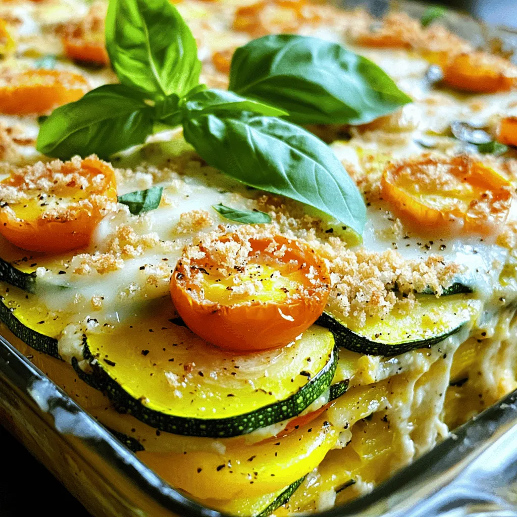Für einen leckeren Zucchini-Kürbis-Auflauf brauchst du folgende Hauptzutaten: - 4 mittelgroße Zucchinis, dünn geschnitten - 2 mittelgroße gelbe Kürbisse, dünn geschnitten - 1 Tasse Kirschtomaten, halbiert - 1 Tasse Zwiebeln, fein gehackt - 2 Knoblauchzehen, gehackt Diese Zutaten sind frisch und bieten einen tollen Geschmack. Die Zucchini und der Kürbis geben dem Auflauf eine schöne Textur. Die Kirschtomaten sorgen für eine süße Note. Um den Auflauf noch besser zu machen, füge diese Zutaten hinzu: - 1 Tasse geriebener Mozzarella-Käse - 1 Tasse geriebener Cheddar-Käse - 1 Tasse Semmelbrösel (Panko für zusätzlichen Crunch) - 1/2 Tasse saure Sahne - 2 große Eier Die Käse sorgen für eine cremige und würzige Konsistenz. Die Semmelbrösel bringen einen tollen Crunch, während die saure Sahne dem Auflauf einen reichen Geschmack verleiht. Frische Kräuter machen deinen Auflauf noch schmackhafter. Hier sind einige Vorschläge: - Frisches Basilikum, zur Garnitur Basilikum gibt dem Gericht eine frische Note. Du kannst es auch vor dem Servieren einfach über den Auflauf streuen. Ein Spritzer Olivenöl bringt den Geschmack noch mehr zur Geltung. Für das vollständige Rezept schau dir den [Full Recipe] an. Beginne mit dem Sammeln der Zutaten. Du benötigst: - 4 mittelgroße Zucchinis, dünn geschnitten - 2 mittelgroße gelbe Kürbisse, dünn geschnitten - 1 Tasse Kirschtomaten, halbiert - 1 Tasse Zwiebeln, fein gehackt - 2 Knoblauchzehen, gehackt - 1 Tasse geriebener Mozzarella-Käse - 1 Tasse geriebener Cheddar-Käse - 1 Tasse Semmelbrösel (Panko für zusätzlichen Crunch) - 1/2 Tasse saure Sahne - 2 große Eier - 2 Esslöffel Olivenöl - 1 Teelöffel italienische Gewürzmischung - Salz und Pfeffer nach Geschmack - Frisches Basilikum, zur Garnitur Wasche das Gemüse gut. Schneide die Zucchini und den Kürbis in dünne Scheiben. Hacke die Zwiebeln und den Knoblauch fein. Dies sorgt für einen gleichmäßigen Geschmack. Erhitze eine große Pfanne bei mittlerer Hitze. Gib 2 Esslöffel Olivenöl hinein. Wenn das Öl heiß ist, füge die gehackten Zwiebeln hinzu. Brate sie für etwa 2 Minuten an, bis sie weich sind. Füge dann den gehackten Knoblauch hinzu. Brate alles zusammen, bis die Zwiebeln glasig und der Knoblauch duftet. Das dauert ungefähr 3 Minuten. Achte darauf, dass der Knoblauch nicht anbrennt. Nimm eine große Schüssel und gebe die geschnittene Zucchini, den gelben Kürbis und die halbierten Kirschtomaten hinein. Füge die angebratenen Zwiebeln und den Knoblauch hinzu. Streue die italienische Gewürzmischung, Salz und Pfeffer darüber. Mische alles gut. In einer separaten Schüssel verrühre die Eier mit der sauren Sahne. Mische diese Eimischung mit dem Gemüse. Hebe dann die Hälfte des geriebenen Mozzarella- und Cheddar-Käses unter. Gieße die Mischung in eine gefettete Auflaufform. Verteile sie gleichmäßig. Vermenge die Semmelbrösel mit dem restlichen Käse und streue diese Mischung über den Auflauf. Jetzt ist der Auflauf bereit für den Ofen. Backe ihn bei 190 °C für 30 bis 35 Minuten. Der Auflauf sollte goldbraun und sprudelnd sein. Lass ihn nach dem Backen 5 Minuten ruhen, bevor du ihn servierst. Für die vollständige Anleitung besuche den [Full Recipe]. Um den besten Geschmack im Zucchini-Kürbis-Auflauf zu erzielen, wähle frisches Gemüse. Achte darauf, dass die Zucchini und der Kürbis fest sind und keine Druckstellen haben. Ich empfehle, die Zwiebeln und den Knoblauch in Olivenöl anzubraten. Das bringt ihre süßen Aromen hervor. Vergiss nicht, die italienischen Gewürze gleichmäßig zu verteilen. Ein Spritzer Zitronensaft kann auch helfen, die Aromen zu heben. Die perfekte Konsistenz erreichst du durch die richtige Menge an Flüssigkeit. Verwende saure Sahne und Eier, um eine cremige Basis zu schaffen. Bei der Zubereitung solltest du die Zucchini nicht zu lange braten. Sie geben beim Backen Wasser ab, was zu einer matschigen Textur führen kann. Wenn du den Auflauf schichtest, achte darauf, dass die Schichten gleichmäßig verteilt sind. So erhältst du eine schöne, gleichmäßige Konsistenz. Ein häufiges Problem ist, dass der Auflauf zu flüssig wird. Um dies zu vermeiden, schneide die Zucchini und den Kürbis dünn und lasse sie vor dem Kochen abtropfen. Ein weiterer Fehler ist das Überbacken. Achte darauf, die Backzeit zu kontrollieren. Wenn der Käse zu dunkel wird, decke den Auflauf mit Alufolie ab. Wenn du den Auflauf nach dem Backen ruhen lässt, hilft das, die Konsistenz zu verbessern. So setzen sich die Aromen gut und der Auflauf lässt sich besser schneiden. Für die genauen Schritte und Mengen, schau dir das [Full Recipe] an. {{image_4}} Wenn du einen veganen Zucchini-Kürbis-Auflauf machen möchtest, gibt es tolle Optionen. Du kannst die Eier durch Chia- oder Leinsamen ersetzen. Mische einen Esslöffel mit drei Esslöffeln Wasser und lasse es einige Minuten ruhen. Das wird zur Bindung. Verwende pflanzliche saure Sahne oder Joghurt, um die Cremigkeit zu erhalten. Für den Käse kannst du einen veganen Käse verwenden oder einfach Hefeflocken hinzugeben. Das gibt einen leckeren, käsigen Geschmack ohne Milchprodukte. Diese Alternativen machen das Gericht leicht und gesund. Du kannst auch andere Gemüsesorten in den Auflauf einfügen. Paprika, Spinat oder Karotten passen gut dazu. Sie bringen mehr Farbe und Nährstoffe. Achte darauf, die Gemüsesorten gleichmäßig zu schneiden, damit sie gleichmäßig garen. Wenn du etwas mehr Biss möchtest, füge Brokkoli oder Blumenkohl hinzu. Die Variationen sind endlos und du kannst kreativ sein. Denke daran, die Menge der anderen Zutaten bei Bedarf anzupassen. Käse kann den Geschmack des Auflaufs stark verändern. Neben Mozzarella und Cheddar kannst du Feta oder Gouda verwenden. Diese Käsesorten geben dem Gericht eine besondere Note. Mische verschiedene Käsesorten, um mehr Tiefe zu schaffen. Du kannst auch einen scharfen Käse wählen, um dem Gericht einen Kick zu geben. Experimentiere mit den Käsesorten, um deinen perfekten Zucchini-Kürbis-Auflauf zu finden. Für die vollständige Rezeptanleitung, schau dir die [Full Recipe] an. Um den Zucchini-Kürbis-Auflauf richtig zu lagern, lasse ihn zuerst abkühlen. Dann decke ihn mit Frischhaltefolie oder Aluminiumfolie ab. Du kannst ihn auch in einen luftdichten Behälter geben. So bleibt der Auflauf frisch und lecker. Für das Einfrieren teile den Auflauf in Portionen. Verpacke jede Portion in einem gefrierfesten Beutel oder Behälter. Achte darauf, die Luft herauszudrücken. Wenn du ihn wieder aufwärmst, lasse ihn zuerst im Kühlschrank auftauen. Dann kannst du ihn im Ofen oder in der Mikrowelle aufwärmen. So bleibt der Geschmack erhalten. Im Kühlschrank hält sich der Zucchini-Kürbis-Auflauf etwa drei bis fünf Tage. Achte darauf, dass er gut abgedeckt ist. Nach dieser Zeit kann der Geschmack nachlassen. Du kannst ihn aber auch einfrieren, wenn du ihn länger aufbewahren willst. Für die besten Ergebnisse genieße ihn frisch oder innerhalb von ein paar Tagen nach der Zubereitung. Falls du mehr über die Zubereitung erfahren möchtest, schau dir das Full Recipe an! Ja, du kannst andere Gemüsesorten verwenden. Auberginen, Paprika oder Brokkoli sind gute Optionen. Diese Gemüsesorten bringen neue Aromen und Texturen in den Auflauf. Du kannst auch verschiedene Kombinationen ausprobieren. Achte darauf, die Garzeit entsprechend anzupassen. Die Vorbereitung dauert etwa 15 Minuten. Du musst das Gemüse schneiden und die anderen Zutaten bereitstellen. Das Kochen in der Pfanne dauert auch rund 5 Minuten. Danach backst du den Auflauf für 30 bis 35 Minuten. Insgesamt benötigst du also etwa 50 Minuten. Ja, dieser Auflauf kann glutenfrei sein. Wenn du glutenfreie Semmelbrösel verwendest, ist das Rezept glutenfrei. Achte darauf, dass auch andere Zutaten, wie Käse und Gewürze, glutenfrei sind. So kannst du sicher sein, dass jeder ihn genießen kann. Der Zucchini-Kürbis-Auflauf ist einfach zuzubereiten und lecker. Wir haben die besten Zutaten besprochen, wie Zwiebeln und Kräuter. Außerdem habe ich Tipps für den besten Geschmack gegeben und wie man Fehler vermeidet. Du kannst auch Variationen ausprobieren, wie vegane Alternativen oder andere Gemüse. Denk daran, den Auflauf richtig zu lagern, damit er frisch bleibt. Dieser Auflauf ist ein tolles Gericht für jede Gelegenheit. Viel Spaß beim Kochen!