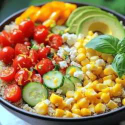 Für die Sommer Veggie Quinoa Bowls benötigst du frische und bunte Zutaten. Hier sind die Hauptzutaten: - 1 Tasse Quinoa, gründlich gespült - 2 Tassen Gemüsebrühe - 1 Tasse Cherrytomaten, halbiert - 1 Tasse Paprika (Rot und Gelb, gewürfelt) - 1 Tasse Gurke, gewürfelt - 1 Tasse Mais (frisch oder gefroren) - 1 Avocado, in Scheiben geschnitten - ½ Tasse Feta-Käse, zerbröselt (optional) - 1 Esslöffel Olivenöl - 2 Esslöffel Zitronensaft - 1 Teelöffel Knoblauchpulver - ½ Teelöffel getrockneter Oregano - Salz und Pfeffer nach Geschmack - Frische Basilikumblätter zur Garnitur Diese Zutaten bringen Farbe und Geschmack in deine Schüssel. Die Sommer Veggie Quinoa Bowls sind nicht nur lecker, sondern auch gesund. Quinoa ist eine großartige Proteinquelle. Sie enthält alle neun essenziellen Aminosäuren. Das Gemüse liefert viele Vitamine. Paprika und Gurken sind reich an Vitamin C. Cherrytomaten sind voller Antioxidantien. Avocado bringt gesunde Fette in die Bowl. Feta-Käse fügt Kalzium hinzu, wenn du ihn verwendest. Diese Mischung unterstützt deine Gesundheit und dein Wohlbefinden. Wenn du deine Zutaten auswählst, achte auf Frische. Wähle Quinoa, die klar und hell ist. Achte darauf, dass das Gemüse glänzend und knackig aussieht. - Cherrytomaten: Sie sollten fest sein und einen süßen Geruch haben. - Paprika: Wähle die, die prall und ohne Flecken ist. - Gurken: Suche nach solchen, die fest und ohne weiche Stellen sind. - Avocado: Drücke leicht auf die Avocado. Sie sollte etwas nachgeben, aber nicht zu weich sein. Diese Tipps helfen dir, die besten Zutaten für deine Sommer Veggie Quinoa Bowls auszuwählen. Du kannst das ganze Rezept für eine vollständige Anleitung finden. Um Quinoa perfekt zu kochen, beginne mit einer Tasse Quinoa. Spüle sie gut ab. Das entfernt die Bitterstoffe. Nimm dann einen mittelgroßen Kochtopf. Füge die gespülte Quinoa und zwei Tassen Gemüsebrühe hinzu. Bring die Mischung bei mittlerer bis hoher Hitze zum Kochen. Reduziere dann die Hitze. Decke den Topf ab und lasse die Quinoa 15 Minuten köcheln. Nach dieser Zeit sollte die Flüssigkeit aufgesogen sein. Die Quinoa wird fluffig und leicht. Verwende eine Gabel, um sie aufzulockern. Während die Quinoa kocht, bereite das Gemüse vor. Nimm eine große Schüssel. Füge eine Tasse halbierte Cherrytomaten, eine Tasse gewürfelte Paprika und eine Tasse gewürfelte Gurke hinzu. Du kannst auch eine Tasse frischen oder gefrorenen Mais dazugeben. Schneide eine Avocado in Scheiben und lege sie in die Schüssel. Vermenge die Zutaten vorsichtig. Diese frischen Aromen machen die Bowl lebendig und lecker. Für das Dressing nimm eine kleine Schüssel. Mische einen Esslöffel Olivenöl, zwei Esslöffel Zitronensaft und einen Teelöffel Knoblauchpulver. Füge einen halben Teelöffel getrockneten Oregano hinzu. Würze mit Salz und Pfeffer nach Geschmack. Verquirle alles gut, bis es vermischt ist. Das Dressing gibt der Bowl einen frischen, würzigen Kick. Wenn die Quinoa fertig ist, lockere sie mit einer Gabel auf. Lass sie etwas abkühlen. Gib die Quinoa dann zu dem Gemüse. Gieße das Dressing gleichmäßig darüber und vermenge alles sanft. Wenn du magst, streue zerbröselten Feta-Käse darüber. Garniere die Bowl mit frischen Basilikumblättern. Für die vollständige Anleitung schaue dir das Full Recipe an. Um eine perfekte Quinoa zu machen, spüle sie zuerst gut ab. Dies entfernt Bitterstoffe. Koche die Quinoa dann in Gemüsebrühe. Das gibt mehr Geschmack. Achte darauf, die Hitze nach dem Kochen zu reduzieren. Decke den Topf ab und lasse sie 15 Minuten köcheln. So wird die Quinoa fluffig und nicht matschig. Du kannst das Rezept ganz nach deinen Wünschen anpassen. Füge deine Lieblingsgemüse hinzu. Brokkoli, Zucchini oder Karotten passen gut. Wenn du für mehr Protein sorgen möchtest, füge Kichererbsen oder Hühnchen hinzu. Für eine schärfere Note, probiere frische Chilis oder Pfeffer. Das Dressing lässt sich auch variieren. Verwende Essig statt Zitronensaft oder füge Senf hinzu. Serviere die Quinoa-Bowls in schönen, tiefen Tellern. Das macht das Gericht appetitlicher. Arrangiere die Avocado-Scheiben schön obenauf. Du kannst auch die frischen Basilikumblätter kunstvoll anrichten. Ein Hauch von Olivenöl darüber macht das Ganze noch ansprechender. Mehr Farben machen die Bowl lebendig und einladend. Du wirst sicher viele Komplimente bekommen! {{image_4}} Für eine vegetarische Bowl kannst du einfach den Feta-Käse weglassen. Wenn du vegane Alternativen suchst, ersetze den Feta durch eine Nusscreme oder ein pflanzliches Joghurt. Diese Optionen bringen einen schönen Geschmack und sind gesund. Du kannst auch mehr Hülsenfrüchte wie Kichererbsen oder schwarze Bohnen hinzufügen. Sie machen die Bowl nahrhafter und sättigender. Nutze frisches, saisonales Gemüse für beste Ergebnisse. Im Sommer sind Zucchini, Auberginen und Kürbis hervorragend. Diese Gemüse haben einen milden Geschmack und passen gut zur Quinoa. Du kannst sie grillen oder roh verwenden. Achte darauf, dass du lokale Produkte wählst, um den besten Geschmack zu erzielen. Frisches Gemüse steigert die Qualität deiner Bowl. Um deine Bowl proteinreicher zu machen, füge gekochte Quinoa oder Edamame hinzu. Hähnchenbrust oder Tofu sind ebenfalls gute Optionen. Diese Zutaten geben dir mehr Energie und halten dich länger satt. Eine Kombination aus verschiedenen Proteinquellen macht das Gericht vielseitig und lecker. Wenn du magst, kannst du auch Nüsse oder Samen darüber streuen. Sie geben einen schönen Crunch und sind gesund. Für das komplette Rezept besuche die Full Recipe. Wenn du Reste hast, bewahre diese in einem luftdichten Behälter auf. So bleibt die Frische erhalten. Lass die Quinoa und das Gemüse zuerst abkühlen. Danach kannst du alles zusammen in den Behälter geben. Achte darauf, dass du die Reste innerhalb von drei Tagen verzehrst. Das Einfrieren ist eine tolle Option. Du kannst die gekochte Quinoa und das Gemüse getrennt einfrieren. Verwende dafür gefriergeeignete Beutel oder Behälter. Achte darauf, so viel Luft wie möglich zu entfernen. So bleibt der Geschmack erhalten. Du kannst die Reste bis zu drei Monate im Gefrierfach aufbewahren. Im Kühlschrank bleibt deine Quinoa-Bowl etwa drei bis vier Tage frisch. Bewahre sie in einem luftdichten Behälter auf. Wenn du die Quinoa und das Gemüse getrennt lagerst, bleibt alles länger gut. Achte darauf, beim Verzehr keine Anzeichen von Verderb zu sehen. Frische Zutaten sind wichtig für den Geschmack. Das Kochen von Quinoa dauert etwa 15 Minuten. Zuerst bringe ich die Gemüsebrühe und die Quinoa in einem Topf zum Kochen. Danach reduziere ich die Hitze und lege den Deckel auf. Die Quinoa wird dann weich und fluffig, wenn sie die gesamte Flüssigkeit aufnimmt. Es ist wichtig, die Quinoa gut zu spülen, bevor ich sie koche. So entferne ich Bitterstoffe, die den Geschmack beeinträchtigen können. Ja, du kannst andere Gemüse verwenden. Ich mag es, kreativ zu sein! Erbsen, Zucchini oder Spinat passen auch gut. Du kannst auch saisonale Gemüse hinzufügen, die du magst. Das macht die Bowl bunt und abwechslungsreich. Achte darauf, das Gemüse gleichmäßig zu schneiden, damit es gleichmäßig gart und gut aussieht. Ja, diese Bowl ist sehr gesund und kalorienarm. Quinoa ist eine großartige Proteinquelle und enthält viele Ballaststoffe. Das frische Gemüse liefert Vitamine und Mineralien. Ich benutze auch wenig Öl und Zitronensaft für das Dressing. So bleibt die Bowl leicht und erfrischend. Für mehr Geschmack kann ich Feta-Käse hinzufügen, aber das ist optional. Diese Bowl ist perfekt für ein leichtes Mittagessen oder ein gesundes Abendessen. Du findest das komplette Rezept im Abschnitt "Full Recipe". Eine Gemüse-Quinoa-Bowl ist einfach zuzubereiten und voller Nährstoffe. Wir haben die Hauptzutaten, ihre Vorteile und Tipps zur Auswahl besprochen. Im Schritt-für-Schritt-Teil habe ich erklärt, wie man perfekte Quinoa kocht und das Gericht anpasst. Du kannst verschiedene Varianten und Lagerungshinweise nutzen, um die Bowl nach deinem Geschmack zu gestalten. Denke daran, dass frische Zutaten und kreative Anpassungen den Unterschied machen. Probiere es aus und genieße die gesunde Mahlzeit!
