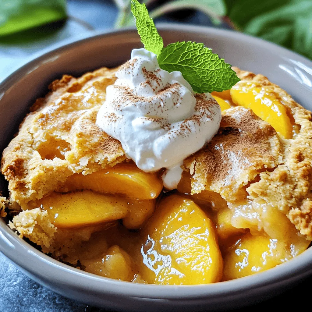 Für diesen frischen Pfirsich-Cobbler brauchen Sie folgende Hauptzutaten: - 6 reife Pfirsiche, geschält und in Scheiben geschnitten - 1 Tasse Kristallzucker (geteilt) - 1 Esslöffel Zitronensaft - 1 Teelöffel Vanilleextrakt Reife Pfirsiche sind der Schlüssel zu einem leckeren Cobbler. Sie geben dem Gericht eine süße und saftige Basis. Wenn Sie frische Pfirsiche nicht finden können, verwenden Sie auch Dosenpfirsiche. Sie sollten jedoch gut abgetropft sein. Der Teig ist einfach und benötigt nur wenige Zutaten: - 1 Tasse Weizenmehl - 1 Esslöffel Backpulver - 1/2 Teelöffel Salz - 1 Tasse Milch - 1/2 Tasse ungesalzene Butter, geschmolzen Dieser Teig wird schön fluffig und goldbraun. Die geschmolzene Butter sorgt für einen reichhaltigen Geschmack. Achten Sie darauf, die Butter nicht zu heiß zu machen. Sie sollte nur geschmolzen, aber nicht kochend sein. Ein paar Gewürze machen den Cobbler besonders: - 1 Teelöffel Zimt - Frische Minzblätter zur Garnierung Zimt bringt Wärme und Tiefe in das Gericht. Minzblätter geben einen frischen Akzent. Sie können auch andere Gewürze wie Muskatnuss ausprobieren, wenn Sie möchten. Für die vollständige Anleitung und Zubereitung, sehen Sie sich das Full Recipe an. Zuerst müssen wir die Pfirsiche vorbereiten. Nehmen Sie 6 reife Pfirsiche und schälen Sie sie. Dann schneiden Sie die Pfirsiche in Scheiben. Legen Sie die geschnittenen Pfirsiche in eine Schüssel. Fügen Sie 1/2 Tasse Zucker, 1 Esslöffel Zitronensaft und 1 Teelöffel Vanilleextrakt hinzu. Rühren Sie alles sanft um. Lassen Sie die Mischung ein wenig stehen. So können die Pfirsiche ihren Saft abgeben. Jetzt bereiten wir den Teig vor. In einer großen Schüssel vermischen Sie 1 Tasse Weizenmehl, 1 Esslöffel Backpulver, 1/2 Teelöffel Salz und die restlichen 1/2 Tasse Zucker. Mischen Sie alles gut. Gießen Sie dann 1 Tasse Milch langsam hinein. Verquirlen Sie alles, bis der Teig glatt ist. Fügen Sie 1/2 Tasse geschmolzene Butter hinzu. Rühren Sie weiter, bis alles gut vermischt ist. Seien Sie vorsichtig, dass Sie den Teig nicht übermixen. Heizen Sie Ihren Ofen auf 190 °C vor. Gießen Sie den Teig in eine gefettete Backform. Verteilen Sie die Pfirsichmischung gleichmäßig über den Teig. Die Pfirsiche dürfen leicht in den Teig sinken. Bestäuben Sie die Oberseite mit Zimt. Backen Sie den Cobbler 35-40 Minuten lang, bis die Oberseite goldbraun ist. Ein Zahnstocher sollte sauber herauskommen. Lassen Sie den Cobbler nach dem Backen etwa 10 Minuten abkühlen, bevor Sie ihn servieren. Dies sorgt für die perfekte Konsistenz. Sie können den Cobbler warm servieren und nach Belieben mit Schlagsahne garnieren. Finden Sie das vollständige Rezept [hier](#). Wählen Sie reife, saftige Pfirsiche für den besten Geschmack. Die Haut sollte leicht nachgeben, wenn Sie sanft drücken. Achten Sie darauf, dass die Pfirsiche eine schöne Farbe haben. Gelbe oder rosa Töne sind ideal. Wenn Sie die Pfirsiche nicht sofort verwenden, lassen Sie sie bei Raumtemperatur reifen. Ein kleiner Spritzer Zitronensaft hilft, die natürliche Süße zu verstärken. Heizen Sie Ihren Ofen auf 190 °C (375 °F) vor. Backen Sie den Cobbler für 35-40 Minuten. Die Oberseite sollte goldbraun sein. Ein Zahnstocher sollte sauber herauskommen, wenn Sie ihn in die Mitte stechen. Wenn die Oberseite zu schnell bräunt, decken Sie den Cobbler mit Aluminiumfolie ab. Lassen Sie ihn nach dem Backen 10 Minuten ruhen, bevor Sie ihn servieren. Pfirsiche sind reich an Vitaminen und Ballaststoffen. Sie fördern die Verdauung und stärken das Immunsystem. Achten Sie darauf, frische und saisonale Pfirsiche zu wählen. Dies verbessert nicht nur den Geschmack, sondern auch die Nährstoffe. Wenn Sie den Cobbler gesünder machen wollen, ersetzen Sie einen Teil des Zuckers durch Honig oder Ahornsirup. Dies gibt dem Dessert einen tollen Geschmack und ist besser für die Gesundheit. {{image_4}} Für eine vegane Version des Pfirsich-Cobblers können Sie die Milch und Butter ersetzen. Nutzen Sie einfach pflanzliche Milch, wie Mandeln oder Hafer. Statt Butter verwenden Sie Kokosöl oder vegane Margarine. Diese Alternativen schmecken genauso gut und helfen Ihnen, die gleiche köstliche Textur zu erzielen. Möchten Sie den Cobbler glutenfrei machen? Ersetzen Sie das Weizenmehl durch eine glutenfreie Mehlmischung. Achten Sie darauf, dass diese Mischung auch Backpulver enthält. So bleibt der Cobbler fluffig und lecker. Dies ist eine einfache Möglichkeit, um alle in Ihrer Familie zu erfreuen. Cobbler ist sehr vielseitig. Sie können frische Beeren, wie Himbeeren oder Brombeeren, hinzufügen. Mischen Sie sie einfach mit den Pfirsichen. Das gibt dem Cobbler eine fruchtige Note und schöne Farben. Auch Äpfel oder Birnen sind tolle Optionen. Experimentieren Sie mit verschiedenen Früchten, um Ihren perfekten Cobbler zu finden! Um Ihren frischen Pfirsich-Cobbler für ein paar Tage frisch zu halten, lassen Sie ihn bei Raumtemperatur abkühlen. Decken Sie ihn dann mit Frischhaltefolie oder einem sauberen Küchentuch ab. So bleibt er für etwa 2 bis 3 Tage lecker. Achten Sie darauf, ihn nicht im Kühlschrank zu lagern, da die Kälte die Textur beeinträchtigen kann. Wenn Sie Ihren Cobbler länger aufbewahren möchten, können Sie ihn einfrieren. Lassen Sie den Cobbler zuerst vollständig abkühlen. Schneiden Sie ihn in Portionen und legen Sie diese in einen luftdichten Behälter oder einen Gefrierbeutel. Achten Sie darauf, so viel Luft wie möglich zu entfernen. Der Cobbler hält sich im Gefrierfach bis zu 3 Monate. Zum Auftauen legen Sie ihn einfach über Nacht in den Kühlschrank. Um den Cobbler wieder aufzuwärmen, heizen Sie Ihren Ofen auf 180 °C (350 °F) vor. Legen Sie die Portionen in eine Auflaufform und decken Sie sie mit Aluminiumfolie ab. Erwärmen Sie den Cobbler 15-20 Minuten lang. So bleibt er warm und knusprig. Für einen zusätzlichen Genuss können Sie ihn mit einer Kugel Vanilleeis oder Schlagsahne servieren. Dieses Rezept ergibt acht Portionen. Es ist perfekt für eine kleine Gruppe oder Familie. Wenn du mehr Gäste hast, kannst du die Zutaten einfach verdoppeln. Achte darauf, eine größere Backform zu verwenden, damit alles gut passt. Ja, gefrorene Pfirsiche sind eine tolle Option! Du kannst sie direkt aus dem Gefrierfach verwenden. Lass sie vorher nicht auftauen. Die gefrorenen Pfirsiche geben dem Cobbler eine schöne Saftigkeit. Stelle sicher, dass du die Pfirsiche gut abtropfen lässt, damit der Cobbler nicht zu nass wird. Es gibt viele Wege, deinen Cobbler zu personalisieren. Du kannst andere Früchte wie Äpfel oder Beeren hinzufügen. Experimentiere auch mit Gewürzen wie Muskatnuss oder Ingwer. Für einen besonderen Twist füge etwas Honig oder Ahornsirup hinzu. Der Cobbler bleibt lecker und überraschend, egal wie du ihn anpasst. Für das vollständige Rezept schau dir die Details im Rezept an! Dieser Artikel hat dir den Weg zu einem köstlichen Pfirsich-Cobbler gezeigt. Wir haben die Hauptzutaten und den Teig besprochen. Du weißt jetzt, wie du die Pfirsiche vorbereitest, den Teig machst und den Cobbler backst. Zudem haben wir wichtige Tipps für die perfekte Zubereitung gegeben. Variationen und Lagerungshinweise helfen dir, kreativ zu sein und Reste zu nutzen. Viel Spaß beim Ausprobieren und Genießen deines eigenen Pfirsich-Cobblers!