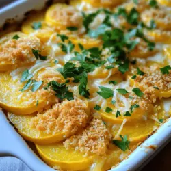 Die Hauptzutaten machen diesen Auflauf lecker und sättigend. Sie brauchen: - 4 Tassen gelbe Zucchini, dünn geschnitten - 1 mittelgroße Zwiebel, gehackt - 2 Knoblauchzehen, fein gehackt - 1 Tasse Schlagsahne - 1 Tasse geriebener Cheddar-Käse - 1 Tasse Semmelbrösel (am besten Panko) - 2 große Eier, verquirlt - 1 Teelöffel Salz - 1/2 Teelöffel schwarzer Pfeffer - 1/2 Teelöffel geräuchertes Paprikapulver - 1 Esslöffel Olivenöl - Frische Petersilie, gehackt (zum Garnieren) Diese Zutaten geben dem Auflauf viel Geschmack und eine tolle Textur. Die Zucchini sorgt für Frische, während der Käse Cremigkeit bringt. Die Gewürze sind wichtig für den vollen Geschmack. Salz und Pfeffer sind klassisch. Das geräucherte Paprikapulver bringt eine rauchige Note. Diese Mischung hebt das Gericht auf die nächste Stufe. Sie können auch andere Gewürze ausprobieren, wie Thymian oder Oregano, um neue Aromen zu entdecken. Manchmal haben wir nicht alle Zutaten zur Hand. Wenn Sie keine gelbe Zucchini haben, verwenden Sie grüne Zucchini. Statt Schlagsahne können Sie auch griechischen Joghurt nehmen. Für den Käse können Sie Mozzarella oder Gouda verwenden. Diese Alternativen schmecken auch gut und passen perfekt zu diesem Rezept. Schauen Sie sich das [Full Recipe] an, um mehr zu erfahren. Zuerst sammeln Sie alle Zutaten. Sie benötigen: - 4 Tassen gelbe Zucchini, dünn geschnitten - 1 mittelgroße Zwiebel, gehackt - 2 Knoblauchzehen, fein gehackt - 1 Tasse Schlagsahne - 1 Tasse geriebener Cheddar-Käse - 1 Tasse Semmelbrösel (Panko ist am besten) - 2 große Eier, verquirlt - 1 Teelöffel Salz - 1/2 Teelöffel schwarzer Pfeffer - 1/2 Teelöffel geräuchertes Paprikapulver - 1 Esslöffel Olivenöl - Frische Petersilie, gehackt (zum Garnieren) Waschen Sie die Zucchini gut und schneiden Sie sie dünn. Die Zwiebel und den Knoblauch sollten ebenfalls gut vorbereitet sein. Diese Schritte sind wichtig. Sie helfen, die Aromen gleichmäßig zu verteilen und die Zubereitung zu erleichtern. Jetzt erhitzen wir das Olivenöl in einer großen Pfanne. Bei mittlerer Hitze die gehackte Zwiebel dazugeben. Sautieren Sie sie für etwa 3-4 Minuten. Die Zwiebel sollte durchscheinend sein. Danach fügen Sie den Knoblauch hinzu. Sautieren Sie für eine weitere Minute, bis er gut riecht. Fügen Sie jetzt die geschnittene Zucchini hinzu. Kochen Sie sie für 5-7 Minuten. Die Zucchini sollten leicht zart sein. Nehmen Sie die Pfanne dann vom Herd. In einer großen Schüssel vermischen Sie die Schlagsahne, die verquirlten Eier, das Salz, den schwarzen Pfeffer und das geräucherte Paprikapulver. Rühren Sie gut um. Fügen Sie die Zucchini-Mischung und die Hälfte des Cheddar-Käses hinzu. Mischen Sie alles gründlich, damit die Aromen gut verbunden sind. Jetzt ist es Zeit, den Auflauf zusammenzustellen. Übertragen Sie die Mischung in eine gefettete Auflaufform. Eine Größe von etwa 23x33 cm funktioniert gut. In einer kleinen Schüssel mischen Sie die restlichen Cheddar-Käse mit den Semmelbröseln. Streuen Sie diese Mischung gleichmäßig über den Auflauf. Jetzt backen wir den Auflauf im vorgeheizten Ofen bei 175°C (350°F) für 25-30 Minuten. Achten Sie darauf, dass die Oberfläche goldbraun ist und der Auflauf blubbert. Nehmen Sie den Auflauf aus dem Ofen und lassen Sie ihn ein paar Minuten ruhen. Garnieren Sie ihn mit gehackter Petersilie für einen schönen Farbtupfer. Genießen Sie das Ergebnis Ihrer Arbeit mit diesem cremigen Südstaaten Zucchini Auflauf! Für das volle Rezept, schauen Sie sich den Abschnitt "Full Recipe" an. Um die perfekte Konsistenz zu erreichen, ist es wichtig, die Zucchini gut vorzubereiten. Schneiden Sie die Zucchini dünn, damit sie gleichmäßig gart. Wenn die Zucchini zu dick ist, wird der Auflauf wässrig. Kochen Sie die Zucchini nur kurz an, um ihre Textur zu bewahren. Achten Sie darauf, die Mischung nicht zu lange zu backen, damit sie cremig bleibt. Der Auflauf sollte fest, aber nicht trocken sein. Experimentieren Sie mit verschiedenen Gewürzen und Zutaten. Fügen Sie etwas frischen Thymian oder Oregano hinzu, um den Geschmack zu vertiefen. Sie können auch frische Paprika oder Spinat unter die Zucchini mischen. Für eine schärfere Note probieren Sie eine Prise Cayennepfeffer. Diese Variationen bringen neue Aromen und machen den Auflauf noch interessanter. Ein häufiger Fehler ist das Überkochen der Zucchini. Dies kann die Textur ruinieren. Achten Sie darauf, die Zucchini nur kurz zu garen. Ein weiterer Fehler ist das Vernachlässigen des Salzes. Es hebt die Aromen hervor und macht den Auflauf leckerer. Vergewissern Sie sich auch, dass Sie die richtige Backzeit einhalten. Ein untergegarter Auflauf ist nicht appetitlich, während ein überbackener Auflauf trocken wird. Für das beste Ergebnis folgen Sie dem [Full Recipe]. {{image_4}} Wenn du den Auflauf noch grüner machen möchtest, füge einfach mehr Gemüse hinzu. Brokkoli, Spinat oder Paprika passen gut dazu. Diese Optionen lassen den Auflauf frisch und bunt aussehen. Du kannst auch Kichererbsen für mehr Protein hinzufügen. So bleibt alles vegetarisch und lecker. Um den Auflauf glutenfrei zu machen, ersetze die Semmelbrösel durch glutenfreie Brötchen oder Mandelmehl. Achte darauf, dass alle Zutaten glutenfrei sind. Du kannst auch Haferflocken verwenden. Das gibt eine andere, aber köstliche Textur und bleibt knusprig. Der Cheddar-Käse ist einfach super, aber du kannst ihn variieren. Probiere Mozzarella für eine schmelzige Konsistenz oder Feta für einen salzigen Kick. Gouda oder Gruyère sind auch großartige Alternativen. Jeder Käse bringt seinen eigenen Geschmack mit und macht den Auflauf einzigartig. Für das vollständige Rezept, schau dir den [Full Recipe] an. Um die Reste des Cremigen Südstaaten Zucchini Auflaufs aufzubewahren, legen Sie sie in einen luftdichten Behälter. Lassen Sie den Auflauf zuerst auf Raumtemperatur abkühlen. Dann decken Sie den Behälter gut ab. So bleibt der Auflauf frisch und lecker. Im Kühlschrank hält er sich bis zu fünf Tage. Sie können den Auflauf auch einfrieren. Dafür lassen Sie ihn vollständig abkühlen und schneiden ihn in Portionen. Wickeln Sie jede Portion in Frischhaltefolie ein und legen Sie sie in einen Gefrierbeutel. So bleibt der Auflauf bis zu drei Monate frisch. Beschriften Sie die Beutel mit dem Datum. Um die Portionen aufzuwärmen, nehmen Sie sie aus dem Kühlschrank oder Gefrierfach. Bei Kühlschrankreste können Sie die Portionen in der Mikrowelle oder im Ofen aufwärmen. Im Ofen heizen Sie ihn bei 180°C für etwa 15 Minuten. Für gefrorene Portionen sollten Sie sie zuerst über Nacht im Kühlschrank auftauen. Dann können Sie sie wie oben beschrieben aufwärmen. So bleibt der Auflauf köstlich und cremig. Der Auflauf bleibt im Kühlschrank bis zu 4 Tage frisch. Achten Sie darauf, ihn in einem luftdichten Behälter aufzubewahren. So bleibt die Textur gut. Wenn Sie ihn länger aufbewahren möchten, können Sie ihn einfrieren. Dabei bleibt er bis zu 3 Monate haltbar. Für die beste Qualität, lassen Sie ihn vor dem Essen langsam im Kühlschrank auftauen. Ja, frische Zucchini sind perfekt für diesen Auflauf. Sie geben einen tollen Geschmack und eine schöne Textur. Achten Sie darauf, die Zucchini dünn zu schneiden. Das hilft, sie gleichmäßig zu garen. Wenn Sie möchten, können Sie auch gelbe Zucchini verwenden. Diese bringen eine schöne Farbe in Ihr Gericht. Um den Auflauf würziger zu machen, können Sie verschiedene Gewürze hinzufügen. Probieren Sie etwas Cayennepfeffer oder Chili-Flocken aus. Mehr Knoblauch gibt auch einen tollen Geschmack. Wenn Sie es noch würziger mögen, denken Sie an scharfen Käse. Das gibt dem Auflauf extra Kick! Für den vollen Genuss, schauen Sie sich das vollständige Rezept an: [Full Recipe]. Der Auflauf ist eine leckere und einfache Mahlzeit. Wir haben die Hauptzutaten und Gewürze besprochen. Schritt für Schritt habe ich erklärt, wie man alles zubereitet. Ich gab Tipps für die perfekte Konsistenz und Variationen, um den Auflauf zu verbessern. Behalte die Lagerungshinweise im Kopf, um Reste optimal zu nutzen. Experimentiere mit verschiedenen Zutaten für deinen eigenen Twist. Mach den Auflauf nach deinem Geschmack. Viel Spaß beim Kochen und Genießen!