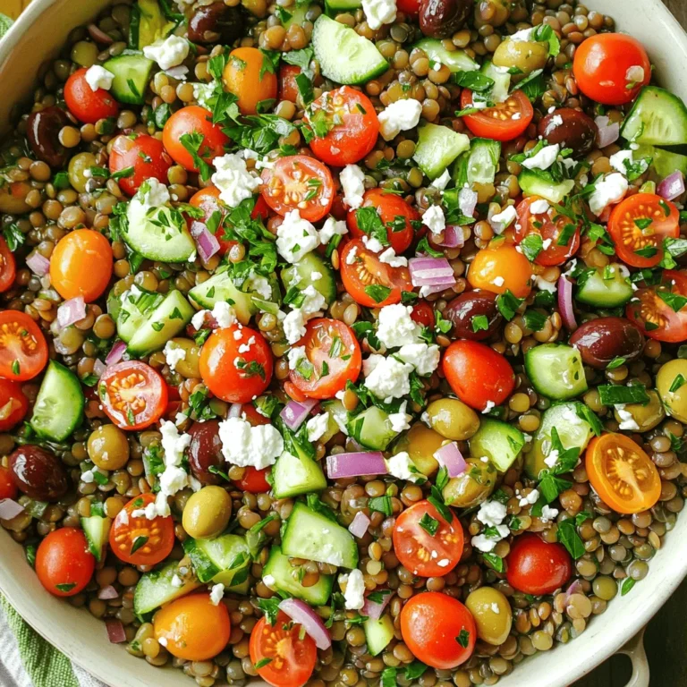 - 1 Tasse grüne oder braune Linsen - 1/2 rote Zwiebel - 1 Gurke - 1 Paprika (rot oder gelb) - 1 Tasse Cherrytomaten Die Hauptzutaten bilden die Basis für den mediterranen Linsensalat. Ich bevorzuge grüne oder braune Linsen, da sie einen nussigen Geschmack haben. Die rote Zwiebel bringt Frische und eine leichte Süße. Die Gurke sorgt für Crunch, während die Paprika und Cherrytomaten Farbe und Geschmack hinzufügen. - 2 Esslöffel Zitronensaft - 3 Esslöffel Olivenöl - 1 Teelöffel getrockneter Oregano Das Dressing ist einfach, aber sehr geschmackvoll. Der Zitronensaft gibt einen spritzigen Kick, während das Olivenöl die Aromen verbindet. Oregano bringt einen typischen mediterranen Geschmack ins Spiel. - 1/4 Tasse Kalamata-Oliven - 1/4 Tasse Feta-Käse - Petersilie, Salz und Pfeffer Kalamata-Oliven fügen eine salzige Note hinzu, die super zu den Linsen passt. Feta-Käse bringt einen cremigen, salzigen Geschmack. Ich mag es, frische Petersilie zu nutzen, um dem Salat ein schönes Aroma zu verleihen. Würzen Sie ihn mit Salz und Pfeffer nach Ihrem Geschmack. Um das vollständige Rezept zu sehen, klicken Sie auf [Full Recipe]. Um Linsen perfekt zu kochen, bringe zuerst vier Tassen Wasser zum Kochen. Füge dann die Linsen und eine Prise Salz hinzu. Reduziere die Hitze und lasse die Linsen sanft köcheln. Das dauert etwa 25 bis 30 Minuten. Die Linsen sollten zart, aber bissfest sein. Nach dem Garen, lasse sie abtropfen und spüle sie mit kaltem Wasser ab, um den Kochprozess zu stoppen. Nimm eine große Schüssel und vermenge die abgekühlten Linsen mit diesen Zutaten: - 1/2 rote Zwiebel, fein gehackt - 1 Gurke, gewürfelt - 1 Paprika (rot oder gelb), in kleine Stücke geschnitten - 1 Tasse Cherrytomaten, halbiert - 1/4 Tasse Kalamata-Oliven, entsteint und halbiert - 2 Esslöffel frische Petersilie, gehackt Jetzt ist es Zeit, das Dressing zuzubereiten. Mische in einer kleinen Schüssel: - 2 Esslöffel Zitronensaft - 3 Esslöffel Olivenöl - 1 Teelöffel getrockneter Oregano - Salz und Pfeffer nach Geschmack Gieße das Dressing gleichmäßig über die Linsenmasse und rühre vorsichtig um, bis alles gut vermischt ist. Füge nun 1/4 Tasse zerbröckelten Feta-Käse hinzu. Mische ihn sanft unter die Salatmischung. Schmecke den Salat nach Belieben mit mehr Salz und Pfeffer ab. Lass den Salat mindestens 15 Minuten ruhen, damit die Aromen gut miteinander verschmelzen. Serviere ihn dann frisch und genieße die mediterranen Aromen. Für die komplette Anleitung, besuche das [Full Recipe]. Um die besten Linsen für Ihren mediterranen Linsensalat zu bekommen, empfehle ich, sie vor dem Kochen einzuweichen. Dies hilft, die Linsen weicher zu machen und die Kochzeit zu verkürzen. Einweichen für etwa zwei Stunden ist ideal. Die Garzeit ist auch wichtig. Kochen Sie die Linsen nicht zu lange. Sie sollten etwa 25 bis 30 Minuten köcheln, bis sie zart, aber noch bissfest sind. Überprüfen Sie sie regelmäßig, um die perfekte Konsistenz zu erreichen. Das Dressing ist der Schlüssel zu einem großartigen Salat. Experimentieren Sie mit verschiedenen Kräutern, um neue Aromen zu entdecken. Frische Minze oder Basilikum passen gut zu diesem Rezept. Sie können auch alternative Öle verwenden. Avocadoöl oder Traubenkernöl bringen einen feinen Geschmack. Probieren Sie verschiedene Öle aus, um den perfekten Mix zu finden. Die Präsentation ist wichtig. Servieren Sie den Salat in einer großen, flachen Schale. Ein schöner Anblick macht das Essen noch besser. Der Salat ist ideal für Buffets oder als Beilage. Er passt gut zu gegrilltem Fleisch oder Fisch. Genießen Sie die frischen Aromen, die dieser Salat bietet. {{image_4}} Möchten Sie Ihren Mediterranen Linsensalat aufpeppen? Fügen Sie Avocado hinzu. Sie bringt eine cremige Textur. Außerdem hat sie gesunde Fette. Gegrilltes Gemüse ist eine weitere tolle Wahl. Zucchini oder Auberginen bieten einen rauchigen Geschmack. Diese Zutaten machen den Salat noch nahrhafter und bunter. Für Veganer können Sie den Feta-Käse durch hochwertigen Tofu ersetzen. Der Tofu kann zerbröckelt werden und hat einen milden Geschmack. Probieren Sie Dressings ohne Honig aus. Olivenöl und Zitronensaft bieten tolle Aromen. Diese Änderungen machen den Salat pflanzlich und lecker. Achten Sie darauf, dass alle Zutaten glutenfrei sind. Viele Linsen sind von Natur aus glutenfrei. Bei Bedarf können Sie glutenfreie Linsen wählen. So genießen Sie den Salat ohne Sorgen. Diese Optionen machen den Salat für alle zugänglich. Für die vollständige Anleitung und das Rezept, schauen Sie sich das [Full Recipe] an. Lagern Sie Ihren Mediterranen Linsensalat in einem luftdichten Behälter. So bleibt er frisch. Er sollte im Kühlschrank aufbewahrt werden. Die Haltbarkeit beträgt bis zu fünf Tage. Überprüfen Sie den Salat täglich auf Frische. Wenn er unangenehm riecht, ist es besser, ihn wegzuwerfen. Sie können den Linsensalat auch für später einfrieren. Teilen Sie den Salat in Portionen auf. Verwenden Sie gefriergeeignete Behälter oder Beutel. So bleibt die Qualität erhalten. Zum Auftauen legen Sie den Salat einfach in den Kühlschrank. Lassen Sie ihn dort über Nacht stehen. Er wird so schonend aufgetaut. Resteverwertung ist eine gute Idee. Verwenden Sie den Linsensalat in anderen Gerichten. Fügen Sie ihn zum Beispiel zu einer warmen Suppe hinzu. Auch als Sandwichfüllung ist er lecker. Mischen Sie ihn mit etwas Hummus. Das ergibt eine tolle Kombination. Für die vollständige Zubereitung besuchen Sie das [Full Recipe]. Der Salat bleibt im Kühlschrank etwa drei bis fünf Tage frisch. Lagern Sie ihn in einem luftdichten Behälter. So bleibt der Geschmack erhalten. Achten Sie darauf, den Salat gut zu decken. Er wird am besten frisch serviert, doch er kann auch später genossen werden. Ja, dieser Salat ist vegan, wenn Sie den Feta-Käse weglassen oder ihn durch einen pflanzlichen Käse ersetzen. Verwenden Sie hochwertige Zutaten. So bleibt der Salat lecker und gesund. Achten Sie auch auf die Oliven und das Dressing, um sicherzustellen, dass sie vegan sind. Ja, Sie können die Linsen auch im Schnellkochtopf zubereiten. Kochen Sie sie dort nur etwa 10 bis 15 Minuten. Alternativ können Sie sie auch in der Mikrowelle garen. Achten Sie auf die Flüssigkeitsmenge. So erhalten Sie die perfekte Konsistenz. Um den Salat würziger zu machen, fügen Sie mehr Gewürze hinzu. Zum Beispiel können Sie Kreuzkümmel oder Paprika verwenden. Frische Kräuter wie Basilikum oder Minze verleihen ebenfalls einen tollen Geschmack. Experimentieren Sie mit verschiedenen Kombinationen. So finden Sie den perfekten Geschmack für Ihren Salat. Für das komplette Rezept schauen Sie bitte [Full Recipe] an. Dieser Linsensalat ist einfach zuzubereiten und voller Geschmack. Wir haben die Hauptzutaten, das Dressing und Tipps für Variationen besprochen. Die richtige Zubereitung und Aufbewahrung sorgen dafür, dass der Salat frisch bleibt. Experimentieren Sie mit zusätzlichen Zutaten, um die Mischung nach Ihrem Geschmack zu verändern. Egal, ob als Beilage oder Hauptgericht, dieser Salat ist eine tolle Wahl. Genießen Sie gesunde und leckere Mahlzeiten, ohne viel Aufwand. Probieren Sie es aus und lassen Sie sich von den Möglichkeiten inspirieren!