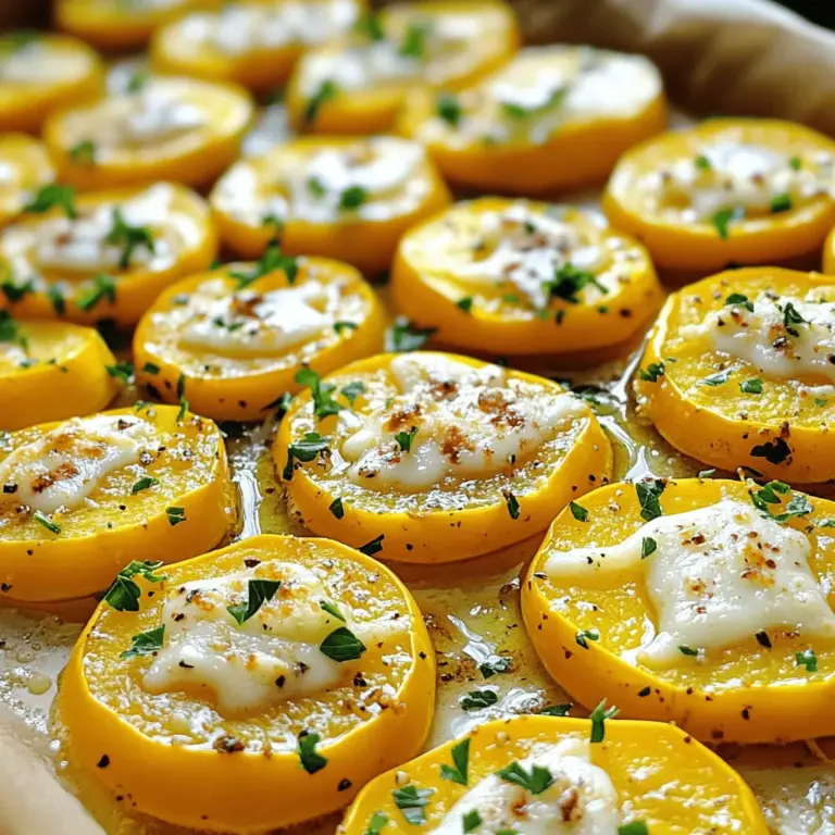 Für dieses Rezept benötigst du folgende Zutaten: - 4 mittelgroße gelbe Kürbisse, in 0,5 cm dicke Scheiben geschnitten - 4 Knoblauchzehen, fein gehackt - 3 Esslöffel Olivenöl - 1 Teelöffel getrockneter Oregano - 1 Teelöffel geräuchertes Paprikapulver - Salz und Pfeffer nach Geschmack Diese Zutaten geben dem Kürbis einen tollen Geschmack. Der Knoblauch bringt Aromen, die du lieben wirst. Olivenöl sorgt für eine goldene Farbe und hilft beim Rösten. Um noch mehr Geschmack zu erhalten, kannst du diese Zutaten hinzufügen: - 1/4 Tasse geriebener Parmesan - Frische Petersilie, gehackt zur Garnierung Parmesan macht den Kürbis besonders cremig. Frische Petersilie gibt dem Gericht eine schöne Farbe und Frische. Du kannst sie nach dem Rösten einfach daraufstreuen. Wenn du Kürbisse kaufst, achte auf diese Punkte: - Wähle feste und glatte Kürbisse ohne Druckstellen. - Achte auf eine kräftige Farbe, die leuchtend gelb ist. - Wähle Kürbisse, die schwer für ihre Größe sind. Frische Kürbisse haben den besten Geschmack. Sie sind knackig und süß. Mit diesen Tipps findest du die besten Kürbisse für dein Rezept. Jetzt bist du bereit, Knoblauchgerösteten Gelben Kürbis zu genießen. Schau dir das [Full Recipe] an, um die Zubereitung zu sehen! Heize deinen Ofen auf 200°C vor. Dies sorgt dafür, dass der Kürbis gleichmäßig und perfekt röstet. Während der Ofen warm wird, bereite die Zutaten vor. Du brauchst vier mittelgroße gelbe Kürbisse. Schneide sie in 0,5 cm dicke Scheiben. Achte darauf, die Scheiben gleichmäßig zu schneiden. So garen sie gleichmäßig. Nimm eine große Schüssel und füge die geschnittenen Kürbisse hinzu. Jetzt kommt der Spaß! Hacke vier Knoblauchzehen fein und gib sie in die Schüssel. Füge drei Esslöffel Olivenöl, einen Teelöffel getrockneten Oregano und einen Teelöffel geräuchertes Paprikapulver hinzu. Streue Salz und Pfeffer nach Geschmack hinein. Mische alles gut, bis die Kürbisscheiben gleichmäßig bedeckt sind. So bekommst du einen tollen Geschmack. Verteile die gewürzten Kürbisse auf ein mit Backpapier ausgelegtes Backblech. Achte darauf, dass sie in einer einzigen Schicht liegen. So rösten sie perfekt. Schiebe das Blech in den vorgeheizten Ofen. Röste die Kürbisse für etwa 20-25 Minuten. Wende sie nach der Hälfte der Garzeit. So werden sie von beiden Seiten schön braun. Wenn du Parmesan magst, streue ihn in den letzten fünf Minuten über den Kürbis. Nimm das Blech heraus, wenn der Kürbis zart und leicht gebräunt ist. Garniere das Gericht mit frischer Petersilie. So sieht es noch besser aus! Für das vollständige Rezept und mehr Details, schaue dir das [Full Recipe](#) an. Um den besten Geschmack zu erreichen, wählen Sie frischen Kürbis. Rösten Sie den Kürbis bei hoher Hitze, um eine perfekte Bräunung zu erzielen. Vermeiden Sie es, die Scheiben zu überladen. Achten Sie darauf, dass genügend Platz zwischen den Kürbisscheiben ist. Dies hilft, die Röstaromen zu intensivieren. Um die Vorbereitung schneller zu machen, schneiden Sie den Kürbis im Voraus. Lagern Sie die Scheiben in einem luftdichten Behälter im Kühlschrank. Verwenden Sie auch einen großen Behälter zum Mischen der Zutaten. So sparen Sie Zeit beim Mischen und Reinigen. Bereiten Sie die Marinade gleichzeitig vor, um alles schnell zusammenzubringen. Für eine schöne Präsentation können Sie frische Kräuter verwenden. Petersilie oder Basilikum geben Farbe und Frische. Ein Spritzer Zitronensaft sorgt für einen zusätzlichen Kick. Parmesan kann kurz vor dem Servieren hinzugefügt werden. So schmilzt er und sieht toll aus. Diese einfachen Schritte machen Ihr Gericht noch schmackhafter. {{image_4}} Sie können mit Gewürzen viel Spaß haben. Oregano und Paprika sind toll, aber probieren Sie auch andere. Thymian oder Rosmarin geben einen anderen Geschmack. Curry oder Kreuzkümmel bringen eine neue Note. Fügen Sie eine Prise Cayennepfeffer hinzu, wenn Sie es scharf mögen. Experimentieren macht das Kochen spannend! Fügen Sie gerne weiteres Gemüse hinzu. Zucchini passt gut zum gelben Kürbis. Auch rote Paprika oder Karotten sind lecker. Diese Gemüse bringen mehr Farbe auf den Teller. Sie können auch Zwiebeln oder Pilze mischen. Schneiden Sie alles in gleich große Stücke, damit es gleichmäßig gart. So wird Ihr Gericht noch bunter und gesünder! Möchten Sie das Rezept vegan machen? Lassen Sie einfach den Parmesan weg. Der Kürbis schmeckt auch ohne Käse toll. Sie können auch Nährhefe verwenden, um einen käsigen Geschmack zu bekommen. Diese Option ist voll mit Vitaminen und Mineralien. So bleibt das Gericht gesund und lecker. Um Reste von knoblauchgeröstetem gelben Kürbis gut zu lagern, lassen Sie ihn zuerst abkühlen. Legen Sie die Reste dann in einen luftdichten Behälter. Achten Sie darauf, dass der Behälter sauber ist. So bleibt der Kürbis frisch und lecker. Sie können ihn bis zu drei Tage im Kühlschrank aufbewahren. Wenn Sie ihn länger aufbewahren möchten, frieren Sie ihn ein. Achten Sie darauf, die Reste in einem gefrierfesten Beutel zu verpacken. Wenn Sie den Kürbis wieder aufwärmen, nutzen Sie den Ofen. Heizen Sie ihn auf 180°C vor. Legen Sie die Kürbisscheiben auf ein Backblech. Decken Sie sie leicht mit Alufolie ab, um ein Austrocknen zu vermeiden. Erwärmen Sie den Kürbis etwa 10 bis 15 Minuten. So bleibt der Geschmack erhalten. Eine andere Methode ist die Mikrowelle. Legen Sie den Kürbis in eine mikrowellengeeignete Schüssel und decken Sie sie ab. Erwärmen Sie ihn in 30-Sekunden-Intervallen, bis er warm ist. Um den Geschmack frisch zu halten, bewahren Sie den Kürbis immer in einem luftdichten Behälter auf. Fügen Sie beim Aufwärmen einen Spritzer Olivenöl hinzu. Dies hilft, die Feuchtigkeit zu bewahren. Eine Prise frischer Petersilie beim Servieren macht das Gericht lebendig. Sie können auch etwas Zitronensaft darüber träufeln. Dies fügt einen frischen Geschmack hinzu und hebt die Aromen hervor. So bleibt Ihr knoblauchgerösteter gelber Kürbis immer köstlich und einladend. Der Kürbis braucht etwa 20 bis 25 Minuten im Ofen. Bei 200°C rösten die Scheiben gleichmäßig. Achte darauf, dass sie zart und leicht gebräunt sind. Wende sie nach der Hälfte der Zeit. Das hilft, eine schöne Farbe zu bekommen. Ja, du kannst verschiedene Kürbissorten nutzen. Zucchini, Butternut oder Hokkaido sind gute Alternativen. Diese Sorten haben ähnliche Geschmäcker. Beachte jedoch, dass die Garzeit leicht variieren kann. Überprüfe die Konsistenz, um sicherzustellen, dass sie gut geröstet sind. Dieser Kürbis passt gut zu vielen Gerichten. Probiere ihn mit gegrilltem Fleisch oder Fisch. Auch als Beilage zu Reis oder Quinoa ist er lecker. Du kannst ihn mit frischen Kräutern oder einem Spritzer Zitronensaft verfeinern. Für Käseliebhaber ist Parmesan eine tolle Ergänzung. Schau dir [Full Recipe] an, um mehr Ideen zu erhalten. Knoblauchgerösteter gelber Kürbis ist einfach zuzubereiten und voller Geschmack. Wir haben die besten Zutaten ausgewählt, Tipps für die Zubereitung gegeben und Möglichkeiten zur Variation vorgestellt. Frische Kürbisse sind der Schlüssel zu einem gelungenen Gericht. Denke an die verschiedenen Gewürze oder Gemüse, die du hinzufügen kannst. Lagere Reste gut, damit du den vollen Geschmack erhältst. Experimentiere mit der Zubereitung und finde deine Lieblingsversion. So wird dein Kürbisgericht immer ein Hit!