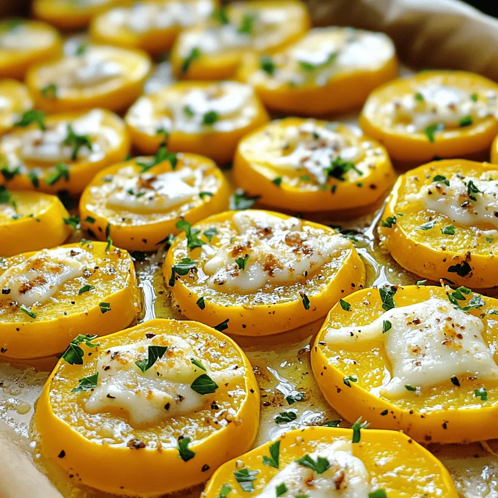 Für dieses Rezept benötigst du folgende Zutaten: - 4 mittelgroße gelbe Kürbisse, in 0,5 cm dicke Scheiben geschnitten - 4 Knoblauchzehen, fein gehackt - 3 Esslöffel Olivenöl - 1 Teelöffel getrockneter Oregano - 1 Teelöffel geräuchertes Paprikapulver - Salz und Pfeffer nach Geschmack Diese Zutaten geben dem Kürbis einen tollen Geschmack. Der Knoblauch bringt Aromen, die du lieben wirst. Olivenöl sorgt für eine goldene Farbe und hilft beim Rösten. Um noch mehr Geschmack zu erhalten, kannst du diese Zutaten hinzufügen: - 1/4 Tasse geriebener Parmesan - Frische Petersilie, gehackt zur Garnierung Parmesan macht den Kürbis besonders cremig. Frische Petersilie gibt dem Gericht eine schöne Farbe und Frische. Du kannst sie nach dem Rösten einfach daraufstreuen. Wenn du Kürbisse kaufst, achte auf diese Punkte: - Wähle feste und glatte Kürbisse ohne Druckstellen. - Achte auf eine kräftige Farbe, die leuchtend gelb ist. - Wähle Kürbisse, die schwer für ihre Größe sind. Frische Kürbisse haben den besten Geschmack. Sie sind knackig und süß. Mit diesen Tipps findest du die besten Kürbisse für dein Rezept. Jetzt bist du bereit, Knoblauchgerösteten Gelben Kürbis zu genießen. Schau dir das [Full Recipe] an, um die Zubereitung zu sehen! Heize deinen Ofen auf 200°C vor. Dies sorgt dafür, dass der Kürbis gleichmäßig und perfekt röstet. Während der Ofen warm wird, bereite die Zutaten vor. Du brauchst vier mittelgroße gelbe Kürbisse. Schneide sie in 0,5 cm dicke Scheiben. Achte darauf, die Scheiben gleichmäßig zu schneiden. So garen sie gleichmäßig. Nimm eine große Schüssel und füge die geschnittenen Kürbisse hinzu. Jetzt kommt der Spaß! Hacke vier Knoblauchzehen fein und gib sie in die Schüssel. Füge drei Esslöffel Olivenöl, einen Teelöffel getrockneten Oregano und einen Teelöffel geräuchertes Paprikapulver hinzu. Streue Salz und Pfeffer nach Geschmack hinein. Mische alles gut, bis die Kürbisscheiben gleichmäßig bedeckt sind. So bekommst du einen tollen Geschmack. Verteile die gewürzten Kürbisse auf ein mit Backpapier ausgelegtes Backblech. Achte darauf, dass sie in einer einzigen Schicht liegen. So rösten sie perfekt. Schiebe das Blech in den vorgeheizten Ofen. Röste die Kürbisse für etwa 20-25 Minuten. Wende sie nach der Hälfte der Garzeit. So werden sie von beiden Seiten schön braun. Wenn du Parmesan magst, streue ihn in den letzten fünf Minuten über den Kürbis. Nimm das Blech heraus, wenn der Kürbis zart und leicht gebräunt ist. Garniere das Gericht mit frischer Petersilie. So sieht es noch besser aus! Für das vollständige Rezept und mehr Details, schaue dir das [Full Recipe](#) an. Um den besten Geschmack zu erreichen, wählen Sie frischen Kürbis. Rösten Sie den Kürbis bei hoher Hitze, um eine perfekte Bräunung zu erzielen. Vermeiden Sie es, die Scheiben zu überladen. Achten Sie darauf, dass genügend Platz zwischen den Kürbisscheiben ist. Dies hilft, die Röstaromen zu intensivieren. Um die Vorbereitung schneller zu machen, schneiden Sie den Kürbis im Voraus. Lagern Sie die Scheiben in einem luftdichten Behälter im Kühlschrank. Verwenden Sie auch einen großen Behälter zum Mischen der Zutaten. So sparen Sie Zeit beim Mischen und Reinigen. Bereiten Sie die Marinade gleichzeitig vor, um alles schnell zusammenzubringen. Für eine schöne Präsentation können Sie frische Kräuter verwenden. Petersilie oder Basilikum geben Farbe und Frische. Ein Spritzer Zitronensaft sorgt für einen zusätzlichen Kick. Parmesan kann kurz vor dem Servieren hinzugefügt werden. So schmilzt er und sieht toll aus. Diese einfachen Schritte machen Ihr Gericht noch schmackhafter. {{image_4}} Sie können mit Gewürzen viel Spaß haben. Oregano und Paprika sind toll, aber probieren Sie auch andere. Thymian oder Rosmarin geben einen anderen Geschmack. Curry oder Kreuzkümmel bringen eine neue Note. Fügen Sie eine Prise Cayennepfeffer hinzu, wenn Sie es scharf mögen. Experimentieren macht das Kochen spannend! Fügen Sie gerne weiteres Gemüse hinzu. Zucchini passt gut zum gelben Kürbis. Auch rote Paprika oder Karotten sind lecker. Diese Gemüse bringen mehr Farbe auf den Teller. Sie können auch Zwiebeln oder Pilze mischen. Schneiden Sie alles in gleich große Stücke, damit es gleichmäßig gart. So wird Ihr Gericht noch bunter und gesünder! Möchten Sie das Rezept vegan machen? Lassen Sie einfach den Parmesan weg. Der Kürbis schmeckt auch ohne Käse toll. Sie können auch Nährhefe verwenden, um einen käsigen Geschmack zu bekommen. Diese Option ist voll mit Vitaminen und Mineralien. So bleibt das Gericht gesund und lecker. Um Reste von knoblauchgeröstetem gelben Kürbis gut zu lagern, lassen Sie ihn zuerst abkühlen. Legen Sie die Reste dann in einen luftdichten Behälter. Achten Sie darauf, dass der Behälter sauber ist. So bleibt der Kürbis frisch und lecker. Sie können ihn bis zu drei Tage im Kühlschrank aufbewahren. Wenn Sie ihn länger aufbewahren möchten, frieren Sie ihn ein. Achten Sie darauf, die Reste in einem gefrierfesten Beutel zu verpacken. Wenn Sie den Kürbis wieder aufwärmen, nutzen Sie den Ofen. Heizen Sie ihn auf 180°C vor. Legen Sie die Kürbisscheiben auf ein Backblech. Decken Sie sie leicht mit Alufolie ab, um ein Austrocknen zu vermeiden. Erwärmen Sie den Kürbis etwa 10 bis 15 Minuten. So bleibt der Geschmack erhalten. Eine andere Methode ist die Mikrowelle. Legen Sie den Kürbis in eine mikrowellengeeignete Schüssel und decken Sie sie ab. Erwärmen Sie ihn in 30-Sekunden-Intervallen, bis er warm ist. Um den Geschmack frisch zu halten, bewahren Sie den Kürbis immer in einem luftdichten Behälter auf. Fügen Sie beim Aufwärmen einen Spritzer Olivenöl hinzu. Dies hilft, die Feuchtigkeit zu bewahren. Eine Prise frischer Petersilie beim Servieren macht das Gericht lebendig. Sie können auch etwas Zitronensaft darüber träufeln. Dies fügt einen frischen Geschmack hinzu und hebt die Aromen hervor. So bleibt Ihr knoblauchgerösteter gelber Kürbis immer köstlich und einladend. Der Kürbis braucht etwa 20 bis 25 Minuten im Ofen. Bei 200°C rösten die Scheiben gleichmäßig. Achte darauf, dass sie zart und leicht gebräunt sind. Wende sie nach der Hälfte der Zeit. Das hilft, eine schöne Farbe zu bekommen. Ja, du kannst verschiedene Kürbissorten nutzen. Zucchini, Butternut oder Hokkaido sind gute Alternativen. Diese Sorten haben ähnliche Geschmäcker. Beachte jedoch, dass die Garzeit leicht variieren kann. Überprüfe die Konsistenz, um sicherzustellen, dass sie gut geröstet sind. Dieser Kürbis passt gut zu vielen Gerichten. Probiere ihn mit gegrilltem Fleisch oder Fisch. Auch als Beilage zu Reis oder Quinoa ist er lecker. Du kannst ihn mit frischen Kräutern oder einem Spritzer Zitronensaft verfeinern. Für Käseliebhaber ist Parmesan eine tolle Ergänzung. Schau dir [Full Recipe] an, um mehr Ideen zu erhalten. Knoblauchgerösteter gelber Kürbis ist einfach zuzubereiten und voller Geschmack. Wir haben die besten Zutaten ausgewählt, Tipps für die Zubereitung gegeben und Möglichkeiten zur Variation vorgestellt. Frische Kürbisse sind der Schlüssel zu einem gelungenen Gericht. Denke an die verschiedenen Gewürze oder Gemüse, die du hinzufügen kannst. Lagere Reste gut, damit du den vollen Geschmack erhältst. Experimentiere mit der Zubereitung und finde deine Lieblingsversion. So wird dein Kürbisgericht immer ein Hit!
