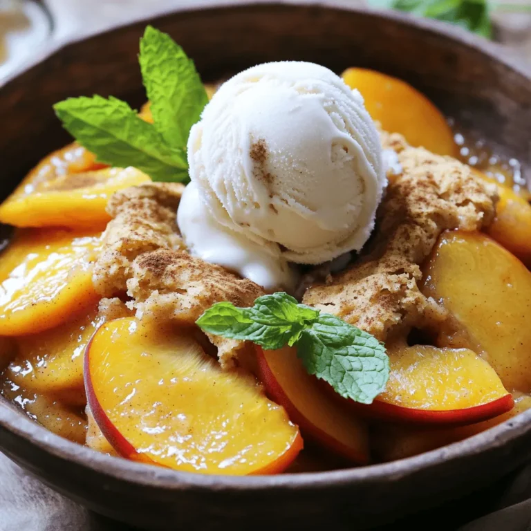 Für den perfekten Southern Peach Cobbler brauchen wir einige frische Zutaten. Diese sind: - 4 Tassen frische Pfirsiche, geschält und in Scheiben geschnitten - 1 Tasse Kristallzucker, aufgeteilt - 1 Esslöffel Zitronensaft - 1 Teelöffel gemahlener Zimt - 1 Esslöffel Maisstärke - 1 Tasse Weizenmehl - 1 Teelöffel Backpulver - 1/2 Teelöffel Salz - 1/2 Tasse ungesalzene Butter, geschmolzen - 1 Tasse Milch - 1 Teelöffel Vanilleextrakt - 1/2 Tasse brauner Zucker, gepackt - 1 Teelöffel Muskatnuss (optional) - Schlagsahne oder Vanilleeis zum Servieren (optional) Diese Zutaten machen den Cobbler zu einem echten Genuss. Frische Pfirsiche sind das Herzstück des Rezepts. Die Gewürze sind wichtig, um den Geschmack zu verbessern. Zimt und Muskatnuss bringen Wärme und Tiefe in die Füllung. Zimt hat einen süßen, warmen Geschmack, der gut zu Pfirsichen passt. Muskatnuss hat einen starken, würzigen Geschmack, der die Süße der Früchte ausgleicht. Die Wahl der Pfirsiche ist entscheidend. Reife, süße Pfirsiche sind am besten. Sie sollten leicht weich sein und einen süßen Duft haben. Saisonale Pfirsiche sind oft besser als importierte. Achten Sie darauf, dass sie keine Druckstellen oder braune Flecken haben. Die richtige Auswahl sorgt für ein saftiges und schmackhaftes Ergebnis. Wenn Sie die richtigen Zutaten wählen, wird Ihr Cobbler zu einem Highlight. Probieren Sie es aus! Um den besten Southern Peach Cobbler zu machen, beginne mit den Vorbereitungen. Heize den Ofen auf 175 °C (350 °F) vor. Fette eine 9x13 Zoll große Auflaufform ein. Dies hilft, dass der Cobbler nicht anklebt. Für die besten Ergebnisse, nutze frische, reife Pfirsiche. Sie geben deinem Cobbler einen tollen Geschmack. Jetzt mach die Pfirsichfüllung. In einer großen Schüssel, mische die geschnittenen Pfirsiche mit 1/2 Tasse Kristallzucker, Zitronensaft, gemahlenem Zimt und Maisstärke. Rühre vorsichtig um. Lass die Mischung beiseite, damit die Säfte sich verbinden. Dies macht die Füllung saftig und aromatisch. Nun bereitest du den Teig vor. In einer anderen Schüssel, vermische das Mehl, Backpulver, Salz, die restlichen 1/2 Tasse Kristallzucker und die Muskatnuss, wenn du sie magst. Füge dann die geschmolzene Butter, Milch und Vanilleextrakt hinzu. Rühre, bis alles gerade so vermischt ist. Klumpen sind in Ordnung, sie machen den Teig fluffig. Gieße den Teig gleichmäßig in die vorbereitete Auflaufform. Löffle dann die Pfirsichmischung über den Teig. Lass den Saft in den Teig fließen. Zum Schluss, verteile den braunen Zucker gleichmäßig über die Pfirsiche. Dies sorgt für eine karamellisierte Schicht. Backe den Cobbler für 40-45 Minuten, bis er goldbraun ist. Ein Zahnstocher sollte sauber herauskommen. Lass ihn etwas abkühlen, bevor du ihn servierst. Für die vollständige Rezeptanleitung, siehe [Full Recipe]. Um den perfekten Pfirsich-Cobbler zu machen, wählen Sie frische, reife Pfirsiche. Sie sollten süß und saftig sein. Schneiden Sie die Pfirsiche in gleichmäßige Scheiben. So garen sie gleichmäßig. Achten Sie darauf, die Pfirsiche mit Zucker und Zitronensaft zu vermengen. Dies bringt den Geschmack hervor. Die richtige Backzeit ist auch wichtig. Backen Sie den Cobbler bei 175 °C für 40 bis 45 Minuten. Achten Sie darauf, dass der Teig goldbraun ist. Ein Zahnstocher sollte sauber herauskommen. Lassen Sie den Cobbler etwas abkühlen, bevor Sie ihn servieren. So bleibt er schön saftig. Ein guter Pfirsich-Cobbler hat eine Balance zwischen süß und sauer. Der Zucker macht die Pfirsiche süß. Der Zitronensaft bringt eine frische, saure Note. Diese Kombination macht den Cobbler lebendig. Sie können auch etwas Muskatnuss hinzufügen. Dies gibt dem Cobbler einen warmen, würzigen Geschmack. Experimentieren Sie mit den Mengen von Zucker und Zitronensaft. So finden Sie den perfekten Geschmack für Ihre Familie. Ein häufiger Fehler ist, die Pfirsiche nicht genug zu würzen. Vergessen Sie nicht, Zucker und Zitronensaft hinzuzufügen. Ein weiterer Fehler ist, den Teig zu stark zu rühren. Klumpen im Teig sind gut. Sie sorgen für eine lockere Textur. Achten Sie darauf, den Cobbler nicht zu lange zu backen. Ein überbackener Cobbler kann trocken werden. Nutzen Sie die Zeit, um ihn regelmäßig zu kontrollieren. Diese Tipps helfen Ihnen, den besten Cobbler zu machen. Für mehr Details können Sie die [Full Recipe] besuchen. {{image_4}} Du kannst deinen Cobbler mit verschiedenen Obstsorten anpassen. Äpfel sind eine tolle Wahl. Ihre Süße ergänzt die Pfirsiche gut. Auch Beeren wie Himbeeren oder Blaubeeren bringen eine herbe Note. Mischungen sind ebenfalls möglich. Probiere eine Kombination aus Pfirsichen und Brombeeren für einen fruchtigen Twist. Wenn du glutenfrei essen möchtest, ersetze das Weizenmehl mit Mandelmehl oder einer glutenfreien Mischung. Das gibt dem Cobbler einen nussigen Geschmack. Verwende auch weniger Zucker. Statt Kristallzucker kannst du Honig oder Agavensirup nutzen. So bleibt der Genuss süß, aber gesünder. Serviere deinen Cobbler warm. Ein Klecks Schlagsahne oder eine Kugel Vanilleeis machen ihn noch besser. Du kannst auch einen Spritzer frischen Zitronensaft darüber geben. Das hebt die Frische. Für eine besondere Note, streue gehackte Nüsse oder Karamellsoße obendrauf. Diese kleinen Extras machen deinen Cobbler einzigartig und lecker. Für das vollständige Rezept, schau dir den Full Recipe an. Um den Cobbler frisch zu halten, lassen Sie ihn zuerst abkühlen. Danach decken Sie ihn gut ab. Verwenden Sie Frischhaltefolie oder einen luftdichten Behälter. So bleibt er saftig und lecker. Bewahren Sie ihn im Kühlschrank auf. Dort hält er sich bis zu fünf Tage. Sie können den Cobbler auch einfrieren. Lassen Sie ihn ganz abkühlen. Schneiden Sie ihn in Portionen und packen Sie diese in Gefrierbeutel. Vergessen Sie nicht, das Datum auf die Beutel zu schreiben. So haben Sie immer etwas Köstliches zur Hand. Um den Cobbler aufzutauen, legen Sie ihn einfach in den Kühlschrank. Lassen Sie ihn dort über Nacht auftauen. Dann können Sie ihn im Ofen kurz aufwärmen. Die beste Methode zur Aufbewahrung ist der Kühlschrank. So bleibt der Cobbler frisch und schmackhaft. Wenn Sie ihn länger lagern möchten, frieren Sie ihn ein. Achten Sie darauf, dass er gut verpackt ist. Das verhindert Gefrierbrand. Wenn Sie den Cobbler aufwärmen, wird er fast wie frisch gebacken schmecken. Genießen Sie den süßen Pfirsich-Cobbler aus dem [Full Recipe]. Die gesamte Zubereitungszeit für den Best Southern Peach Cobbler beträgt etwa eine Stunde. Du brauchst etwa 15 Minuten, um die Zutaten vorzubereiten. Danach backst du den Cobbler für 40 bis 45 Minuten im Ofen. Die Zeit ist schnell vorbei, wenn du an den köstlichen Gerüchen schnupperst! Ja, du kannst Dosenpfirsiche verwenden. Sie sind eine gute Option, wenn frische Pfirsiche nicht erhältlich sind. Achte jedoch darauf, die Dosenpfirsiche gut abzutropfen. Dies verhindert, dass dein Cobbler zu saftig wird. Die Aromen sind zwar etwas anders, aber er wird trotzdem lecker. Zu Pfirsich-Cobbler passen viele Dinge. Am besten schmeckt er warm mit einer Kugel Vanilleeis oder einem Klecks Schlagsahne. Du kannst auch frische Minzblätter für einen frischen Geschmack hinzufügen. Außerdem passt eine Tasse Kaffee oder Tee gut zu diesem süßen Dessert. Der beste Pfirsich-Cobbler beginnt mit frischen Zutaten und den richtigen Gewürzen. Du hast gelernt, wie man die Pfirsichfüllung zubereitet und den perfekten Teig macht. Unsere Tipps helfen dir, häufige Fehler zu vermeiden. Du kannst auch Variationen ausprobieren, um den Cobbler noch spannender zu machen. Denke daran, den Cobbler richtig aufzubewahren, damit er frisch bleibt. Probiere die neuen Ideen aus. So schaffst du ein tolles Dessert, das immer gelingt.