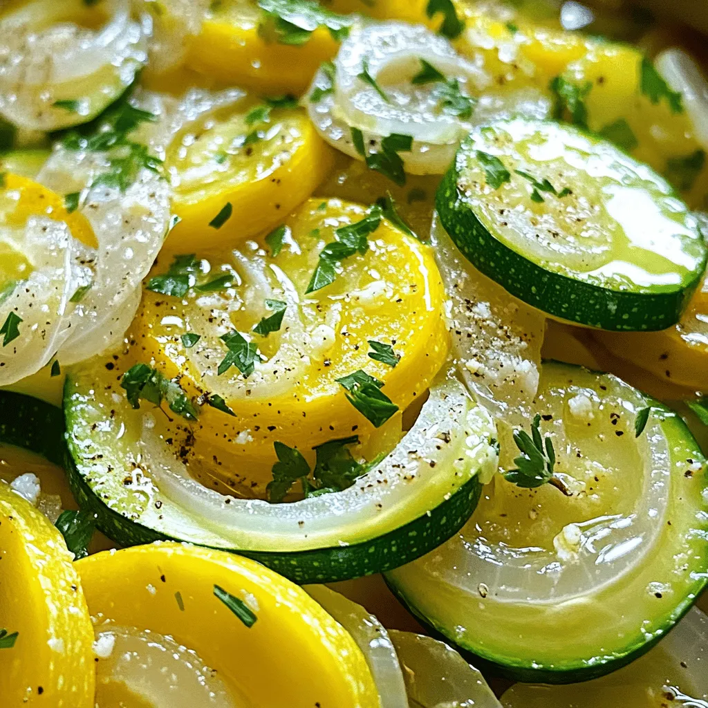 Für dieses einfache Rezept brauchst du folgende Hauptzutaten: - 2 mittelgroße Zucchini, in Scheiben geschnitten - 2 mittelgroße gelbe Kürbisse, in Scheiben geschnitten - 1 große Zwiebel, dünn geschnitten - 3 Esslöffel Olivenöl - 2 Zehen Knoblauch, fein gehackt - 1 Teelöffel frischer Thymian, gehackt (oder ½ Teelöffel getrockneter Thymian) - 1 Teelöffel Salz - ½ Teelöffel frisch gemahlener schwarzer Pfeffer - ¼ Tasse geriebener Parmesan (optional) - Frische Petersilie, gehackt (zur Garnitur) Diese Zutaten sind frisch und einfach zu finden. Sie geben dem Gericht Farbe und Geschmack. Um deinen Zucchini und Zwiebeln mehr Tiefe zu geben, kannst du einige optionale Zutaten hinzufügen: - Eine Prise Paprika für mehr Würze - Frische Kräuter wie Basilikum oder Oregano - Ein Spritzer Zitrone für frische Noten - Chili-Flocken für etwas Schärfe Diese Extras machen das Gericht interessanter und einzigartig. Wähle frische Zucchini und Kürbisse mit diesen Tipps aus: - Suche nach glatten, glänzenden Haut. - Vermeide Zucchini mit dunklen Flecken oder Druckstellen. - Achte darauf, dass sie fest sind, wenn du sie drückst. - Wähle kleinere Exemplare, die zarter sind. Frisches Gemüse macht den Unterschied in jedem Gericht, auch in diesem. Wenn du diese Tipps befolgst, wirst du sicher die besten Zutaten finden. Für das komplette Rezept schaue dir die [Full Recipe] an. Beginnen Sie mit der Vorbereitung. Sie werden 2 mittelgroße Zucchini und 2 gelbe Kürbisse brauchen. Schneiden Sie sie in dünne Scheiben. Nehmen Sie auch 1 große Zwiebel und schneiden Sie sie dünn. Außerdem benötigen Sie 3 Esslöffel Olivenöl und 2 Zehen Knoblauch. Hacken Sie den Knoblauch fein. Bereiten Sie 1 Teelöffel frischen Thymian vor, oder nutzen Sie ½ Teelöffel getrockneten Thymian. Schließlich brauchen Sie 1 Teelöffel Salz und ½ Teelöffel frisch gemahlenen schwarzen Pfeffer. Optional ist ¼ Tasse geriebener Parmesan. Frische Petersilie zum Garnieren macht das Gericht schön. Erhitzen Sie das Olivenöl in einer großen Pfanne bei mittlerer Hitze. Geben Sie die geschnittenen Zwiebeln in die Pfanne. Sautieren Sie sie für etwa 5 Minuten, bis sie weich und glasig sind. Fügen Sie dann den gehackten Knoblauch hinzu. Kochen Sie ihn für 1 Minute, bis er gut riecht. Sehen Sie darauf, dass der Knoblauch nicht anbrennt. Danach fügen Sie die Zucchini- und Kürbisscheiben hinzu. Streuen Sie das Salz, den Pfeffer und den Thymian darüber. Rühren Sie alles gut um. Lassen Sie das Gemüse für 10-12 Minuten kochen. Rühren Sie gelegentlich um. Das Gemüse sollte zart, aber nicht matschig sein. In den letzten 2 Minuten können Sie optional den Parmesan darüberstreuen. Nehmen Sie die Pfanne dann vom Herd. Garnieren Sie das Gericht mit frischer Petersilie. Die Vorbereitung dauert etwa 10 Minuten. Die Kochzeit beträgt 15 Minuten. Insgesamt sind es 25 Minuten für das gesamte Gericht. Dieses Rezept ergibt 4 Portionen. Servieren Sie es in einer großen, flachen Schale. Garnieren Sie mit mehr Parmesan und einem Spritzer Olivenöl. Diese einfache Zubereitung bringt frische Aromen auf Ihren Tisch. Für das vollständige Rezept schauen Sie sich die Details an. Ein häufiger Fehler ist, das Gemüse zu lange zu garen. Das macht es matschig und weniger schmackhaft. Achten Sie darauf, die Zucchini und Zwiebeln nur so lange zu kochen, bis sie zart sind. Ein weiterer Fehler ist die falsche Hitze. Kochen Sie bei mittlerer Hitze, um ein gleichmäßiges Garen zu erreichen. Überfüllen Sie die Pfanne nicht. Das Gemüse braucht Platz, um gleichmäßig zu bräunen. Um das Gemüse perfekt zu garen, schneiden Sie die Zucchini und Zwiebeln gleichmäßig. Dadurch garen sie zur gleichen Zeit. Beginnen Sie mit den Zwiebeln, da sie länger brauchen. Fügen Sie die Zucchini später hinzu, etwa nach fünf Minuten. Rühren Sie oft um, damit nichts anbrennt. Achten Sie darauf, die Pfanne nicht zu überfüllen. Das Gemüse sollte genug Platz haben, um sich gut zu bräunen. Für mehr Geschmack können Sie zusätzlich Paprika oder Kreuzkümmel verwenden. Diese Gewürze bringen eine neue Note in das Gericht. Auch frische Kräuter wie Basilikum oder Oregano passen gut. Servieren Sie das Gericht mit Reis oder Quinoa für eine vollwertige Mahlzeit. Parmesan ist eine tolle Ergänzung. Er schmilzt wunderbar und gibt einen salzigen Geschmack. Sie können das Rezept ganz nach Ihrem Geschmack anpassen. Das macht es spannend und lecker. {{image_4}} Wenn Sie ein vegetarisches oder veganes Gericht möchten, ist das einfach. Lassen Sie den Parmesan weg. Das Gericht bleibt köstlich und frisch. Sie können auch pflanzliche Öle nutzen. Diese Anpassungen machen das Rezept perfekt für jeden. Wenn Sie etwas Würze mögen, fügen Sie Peperoni hinzu. Schneiden Sie sie klein und braten Sie sie mit den Zwiebeln an. Das bringt eine schöne Schärfe. Wenn Sie Speck lieben, können Sie ihn auch verwenden. Braten Sie den Speck zuerst in der Pfanne. Dann entfernen Sie ihn und nutzen das Fett, um das Gemüse zu kochen. Fügen Sie frische Tomaten für einen saftigen Geschmack hinzu. Schneiden Sie sie in kleine Stücke und geben Sie sie in die Pfanne. Paprika ist auch eine tolle Wahl. Sie geben dem Gericht eine süße Note und schöne Farben. Kombinieren Sie verschiedene Gemüsesorten, um neue Geschmäcker zu entdecken. Probieren Sie das Full Recipe für mehr Inspiration! Wenn Sie Reste von klassischer Zucchini und Zwiebeln haben, lagern Sie sie in einem geschlossenen Behälter. Stellen Sie sicher, dass das Essen abgekühlt ist, bevor Sie es in den Kühlschrank legen. So bleibt der Geschmack frisch. Die Reste sollten innerhalb von drei Tagen gegessen werden, um die beste Qualität zu erhalten. Um die Reste aufzuwärmen, können Sie die Mikrowelle verwenden. Legen Sie das Gemüse auf einen mikrowellengeeigneten Teller und decken Sie es ab. Erwärmen Sie es bei mittlerer Hitze für 1-2 Minuten. Überprüfen Sie zwischendurch, ob es gleichmäßig warm wird. Alternativ können Sie das Gemüse in einer Pfanne bei mittlerer Hitze erhitzen. Fügen Sie etwas Olivenöl hinzu, um es saftig zu halten. Die Haltbarkeit von Zucchini und Zwiebeln beträgt im Kühlschrank etwa 3-4 Tage. Verwenden Sie luftdichte Behälter oder wiederverwendbare Frischhaltefolie. Für längere Lagerung können Sie das Gemüse auch einfrieren. In einem Gefrierbehälter hält es bis zu 2 Monate. Denken Sie daran, das Gemüse vor dem Einfrieren vollständig abzukühlen, um die Textur zu bewahren. Es dauert etwa 10 bis 12 Minuten, die Zucchini und Zwiebeln zu kochen. Zuerst sautierst du die Zwiebeln fünf Minuten lang. Dann füge die Zucchini hinzu und koche sie für die restliche Zeit. Rühre das Gemüse gelegentlich um, bis es zart ist, aber nicht matschig. Diese Zeit sorgt dafür, dass die Aromen gut zur Geltung kommen. Ja, du kannst Zucchini und Zwiebeln auch im Ofen zubereiten. Heize den Ofen auf 200 Grad Celsius vor. Schneide die Zucchini und Zwiebeln in Scheiben. Mische sie mit Olivenöl, Salz und Pfeffer. Lege sie dann auf ein Backblech und backe sie für etwa 20 bis 25 Minuten. Wende das Gemüse nach der Hälfte der Zeit. So bekommen sie eine schöne Röstfarbe. Zu Zucchini und Zwiebeln passen viele Beilagen gut. Hier sind einige Ideen: - Reis: Einfach und schnell zuzubereiten. - Quinoa: Nussiger Geschmack, der gut harmoniert. - Pasta: Eine tolle Basis für das Gemüse. - Brot: Knuspriges Brot ist immer eine gute Wahl. Probiere auch eine Kombination aus diesen Beilagen. Das sorgt für mehr Abwechslung auf dem Teller. Für das vollständige Rezept, schau dir die [Full Recipe] an. Zucchini und Zwiebeln sind einfach lecker und vielseitig. Wir haben die besten Zutaten, Tipps zur Zubereitung und mögliche Variationen besprochen. Denken Sie daran, beim Kochen bewusst zu sein und häufige Fehler zu vermeiden. Nutzen Sie auch die Aufbewahrungstipps für Reste. Ob vegetarisch oder würzig, diese einfachen Gerichte erfreuen jeden Gaumen. Probieren Sie die Rezepte aus und passen Sie sie nach Ihrem Geschmack an. Guten Appetit!