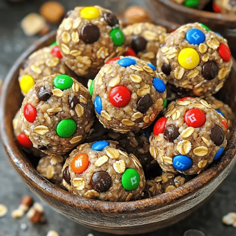 Für die Monster Cookie Proteinbälle brauchen wir einige einfache Zutaten. Hier sind die Hauptzutaten: - 1 Tasse Haferflocken - 1/2 Tasse natürliche Mandelbutter (oder Erdnussbutter) - 1/4 Tasse reiner Ahornsirup (oder Honig) - 1/2 Tasse Proteinpulver (vanille oder schokolade) - 1/2 Tasse mini Schokoladenstückchen - 1/4 Tasse M&Ms (oder ähnliche, mit Schokolade überzogene Süßigkeiten) - 1/4 Tasse gehackte Nüsse (wie Mandeln oder Walnüsse) - 1/2 Teelöffel Vanilleextrakt - 1/4 Teelöffel Meersalz Diese Zutaten sorgen für einen leckeren und gesunden Snack. Die Haferflocken geben Energie, während die Nüsse und das Proteinpulver für die nötige Kraft sorgen. Wenn du keine Nussbutter magst oder allergisch bist, gibt es Alternativen. Du kannst Sonnenblumenbutter oder Sojabutter verwenden. Diese Optionen sind nussfrei und sehr schmackhaft. Für den Süßstoff kannst du auch Agavendicksaft oder Kokosblütenzucker verwenden. Diese Süßstoffe haben einen anderen Geschmack, aber sie sind gesund und lecker. Das richtige Proteinpulver macht einen großen Unterschied. Ich empfehle, ein hochwertiges Proteinpulver zu wählen. Vanille und Schokolade sind beide gute Optionen. Wenn du pflanzliche Proteine bevorzugst, probiere Erbsen- oder Hanfprotein. Sie sind gut für die Gesundheit und passen gut in die Mischung. Für das vollständige Rezept kannst du die folgenden Schritte befolgen: [Full Recipe]. Um die Wholesome Monster Cookie Proteinbälle zu machen, brauchst du einige einfache Schritte. Zuerst nimm eine große Schüssel. Füge die Haferflocken, das Proteinpulver und das Meersalz hinzu. Rühre alles gut um. So mischen sich die trockenen Zutaten gleichmäßig. In einer anderen Schüssel nimm die Mandelbutter und den Ahornsirup. Gib auch den Vanilleextrakt hinzu. Rühre alles mit einem Schneebesen glatt. Diese Mischung ist wichtig, um die Bälle zusammenzuhalten. Gieße dann die feuchte Mischung in die Schüssel mit den trockenen Zutaten. Rühre alles gut zusammen, bis der Teig dick und leicht klebrig ist. Jetzt kommt der spaßige Teil: die Kugeln formen! Nimm etwa einen Esslöffel des Teigs. Rolle ihn zwischen deinen Händen zu einer kleinen Kugel. Achte darauf, dass die Kugeln gleichmäßig groß sind. Das macht das Essen später einfacher. Wiederhole diesen Schritt, bis der gesamte Teig aufgebraucht ist. Lege die Kugeln auf ein Blech, das mit Backpapier ausgelegt ist. So kleben sie nicht fest. Um die Proteinbälle perfekt zu machen, stelle sie für mindestens 30 Minuten in den Kühlschrank. Dies hilft, die Bälle fester zu machen und den Geschmack zu intensivieren. Je länger sie kühlen, desto besser schmecken sie. Bewahre die Bälle in einem luftdichten Behälter im Kühlschrank auf. So bleiben sie frisch und lecker. Du kannst sie auch einfrieren, wenn du sie länger aufbewahren möchtest. Diese kleinen Snacks sind perfekt für jeden Moment! Du findest das vollständige Rezept [hier](#) und kannst es direkt ausprobieren. Ein häufiger Fehler bei der Zubereitung von Monster Cookie Proteinbällen ist, die Zutaten nicht gut zu vermischen. Wenn die trockenen und feuchten Zutaten nicht gleichmäßig verteilt sind, werden die Bällchen nicht gut zusammenhalten. Achte darauf, dass du die Mischung gründlich umrührst. Ein weiterer Fehler ist, nicht genug Zeit zum Kühlen einzuplanen. Die Bällchen brauchen mindestens 30 Minuten im Kühlschrank, um fest zu werden und ihre Form zu behalten. Du kannst dieses Rezept leicht an verschiedene Diäten anpassen. Für eine vegane Variante ersetze die Eier durch ein pflanzliches Proteinpulver und verwende Agavendicksaft anstelle von Honig. Wenn du glutenfrei essen möchtest, nutze glutenfreie Haferflocken. Auch die Nussbutter kann durch eine Sonnenblumenkernbutter ersetzt werden, um Allergien zu vermeiden. Um die Frische deiner Proteinbälle zu bewahren, lagere sie in einem luftdichten Behälter im Kühlschrank. So bleiben sie bis zu einer Woche haltbar. Wenn du sie länger aufbewahren möchtest, friere sie einfach ein. Achte darauf, sie in Portionen zu verpacken, damit du sie einfach entnehmen kannst. Vermeide es, sie bei Raumtemperatur zu lagern, da sie sonst weich werden und ihren Biss verlieren. {{image_4}} Möchtest du deinen Monster Cookie Proteinbällen mehr Textur geben? Trockenfrüchte sind eine großartige Wahl! Du kannst Rosinen, Cranberries oder Aprikosen verwenden. Diese Früchte bringen natürliche Süße und Vitamine. Auch Samen wie Chia oder Leinsamen sind toll. Sie fügen gesunde Fette und Ballaststoffe hinzu. Mische einfach eine halbe Tasse deiner Lieblingszusätze in den Teig. So wird jeder Biss spannend und nahrhaft! Du kannst die Geschmacksrichtung leicht ändern. Wenn du Vanille magst, nimm einfach Vanille-Proteinpulver. Schokoladenliebhaber sollten Schokoladenpulver wählen. Für Erdnussbutter-Fans ist Erdnussbutterpulver eine tolle Option. Der Geschmack variiert, aber die Basis bleibt gleich. Das macht die Bälle vielseitig und spannend für jeden Tag. Allergien sind wichtig zu beachten. Du kannst die Nussbutter durch Sonnenblumenbutter ersetzen. Das ist eine gute Wahl für Nussallergiker. Verwende glutenfreie Haferflocken, wenn du Gluten meiden musst. Reis- oder Erbsenprotein sind tolle Alternativen zu herkömmlichem Proteinpulver. So kannst du das Rezept anpassen und dennoch leckere Proteinbälle genießen. Die Monster Cookie Proteinbälle sind einfach zu lagern. Legen Sie sie in einen luftdichten Behälter. So bleiben sie frisch. Im Kühlschrank halten sie bis zu einer Woche. Die Kälte hilft, die Textur zu bewahren. Wenn Sie einen Snack wollen, sind sie immer bereit. Wenn Sie die Proteinbälle länger aufbewahren möchten, frieren Sie sie ein. Legen Sie sie in einen gefriergeeigneten Behälter. Sie können auch Frischhaltefolie verwenden. So bleibt der Geschmack gut erhalten. Beim Einfrieren halten sie bis zu drei Monate. Zum Verzehr einfach über Nacht im Kühlschrank auftauen. Achten Sie auf Veränderungen in Farbe oder Geruch. Wenn die Proteinbälle komisch riechen, essen Sie sie nicht. Auch eine matschige oder trockene Textur kann ein Zeichen sein. Im Zweifel werfen Sie sie weg. Sicherheit geht vor! Die Proteinbälle halten bis zu einer Woche im Kühlschrank. Bewahre sie in einem luftdichten Behälter auf. So bleiben sie frisch und lecker. Nach einer Woche können sie trockener werden. Ich empfehle, sie in dieser Zeit zu genießen. Ja, du kannst das Rezept vegan anpassen. Verwende pflanzliche Butter und Agavendicksaft anstelle von Honig. Achte darauf, ein veganes Proteinpulver zu wählen. Diese Alternativen machen die Bälle genauso nahrhaft und lecker. Eine Portion sind etwa 2 bis 3 Proteinbälle. Das hängt von deinem Hunger ab. Wenn du sie als Snack verwendest, ist diese Menge ideal. Du kannst sie auch als Teil eines gesunden Frühstücks genießen. Ja, du kannst die Zutaten nach deinem Geschmack verändern. Probiere verschiedene Nussbutter oder füge Trockenfrüchte hinzu. Du kannst auch verschiedene Schokoladensorten verwenden. Lass deiner Kreativität freien Lauf! Wir haben die Hauptzutaten, die Zubereitung und Tipps für Monster Cookie Proteinbälle besprochen. Du hast gelernt, wie man die perfekte Kugel formt und sie richtig lagert. Denke daran, deine Greißvarianten anzupassen und kreativ zu sein. Experimentiere mit verschiedenen Geschmäckern und Zusatzstoffen. Diese Proteinbälle sind gesund, lecker und einfach zu machen. Sie sind perfekt für Snacks gleich unterwegs, als auch für zu Hause. Mach es zu deinem eigenen Rezept und genieße die Vielfalt!