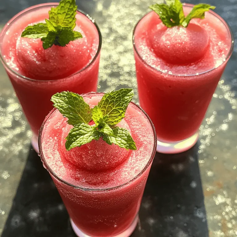 Für einen leckeren Wassermelonen Slushie brauche ich einige einfache Zutaten. Die Hauptzutaten sind: - 4 Tassen entkernte Wassermelone, gewürfelt und gefroren - 1 Tasse Kokoswasser oder Sprudelwasser - 1 Esslöffel Honig oder Agavensirup (optional) - 1 Esslöffel frischer Limettensaft - Frische Minzblätter zur Garnierung Diese Zutaten machen den Slushie frisch und köstlich. Die gefrorene Wassermelone sorgt für die perfekte Konsistenz. Manchmal möchte ich meinen Slushie etwas anders machen. Hier sind einige zusätzliche Zutaten, die ich verwenden kann: - Früchte wie Erdbeeren oder Ananas für mehr Geschmack - Ein Spritzer Zitronensaft für eine saure Note - Ein paar Esslöffel Joghurt für Cremigkeit - Kokosraspeln für einen tropischen Touch Mit diesen Optionen kann ich meinen Slushie nach meinem Geschmack anpassen. Wassermelonen sind nicht nur lecker, sie sind auch gesund. Hier sind einige Vorteile: - Hoher Wassergehalt, was gut für die Hydration ist - Enthält Vitamine A und C für ein starkes Immunsystem - Niedriger Kaloriengehalt, ideal für Snacks - Reich an Antioxidantien, die den Körper schützen Diese Vorteile machen den Wassermelonen Slushie zu einer großartigen Erfrischung für heiße Tage. Wenn du mehr über das Rezept erfahren möchtest, schau dir das Full Recipe an. Die Zubereitung des Wassermelonen Slushies ist einfach. Sie brauchen etwa 10 Minuten, um alles vorzubereiten. Der größte Teil der Zeit geht für das Einfrieren der Wassermelonen drauf. Schneiden Sie die Wassermelonen in Würfel und legen Sie sie in den Gefrierschrank. Lassen Sie sie für mindestens 4 Stunden oder über Nacht gefrieren. So bekommen Sie die beste Konsistenz für Ihren Slushie. Um die perfekte Konsistenz zu erreichen, nutzen Sie einen starken Mixer. Geben Sie die gefrorenen Wassermelonenwürfel mit dem Kokoswasser in den Mixer. Mixen Sie die Mischung auf hoher Stufe. Halten Sie zwischendurch an, um die Seiten abzukratzen. Dies stellt sicher, dass alle Zutaten gut vermischt sind. Wenn die Mischung cremig und slushig aussieht, sind Sie bereit. Für das beste Ergebnis sollten Sie frische Wassermelonen wählen. Achten Sie darauf, dass die Wassermelone reif und süß ist. Wenn Sie eine süßere Slushie möchten, fügen Sie etwas Honig oder Agavensirup hinzu. Garnieren Sie den Slushie mit frischen Minzblättern. Das sieht nicht nur schön aus, sondern sorgt auch für einen frischen Geschmack. Weitere Details finden Sie im Full Recipe. Ein häufiger Fehler ist, nicht genug gefrorene Wassermelonen zu verwenden. Wenn die Frucht nicht kalt genug ist, wird der Slushie nicht cremig. Achte darauf, die Wassermelonen für mindestens vier Stunden einzufrieren. Ein weiterer Fehler ist, zu viel Flüssigkeit hinzuzufügen. Das macht den Slushie wässrig. Halte dich an das Rezept, um die perfekte Konsistenz zu erreichen. Nicht jeder Mixer kann gefrorene Früchte gut zerkleinern. Ein Hochleistungsmixer ist ideal für Slushies. Diese Mixer haben starke Klingen und können gefrorene Zutaten leicht verarbeiten. Wenn du keinen Hochleistungsmixer hast, suche nach einem mit einer Eisfunktion. So wirst du die beste Textur für deinen Slushie erzielen. Serviere deinen Wassermelonen Slushie in kühlen Gläsern. Das sieht toll aus und hält das Getränk länger kühl. Garnierungen machen die Präsentation besser. Frische Minzblätter sind eine einfache und schöne Wahl. Du kannst auch Limettenscheiben oder ein paar Beeren hinzufügen. Diese kleinen Extras machen dein Getränk noch ansprechender. Probiere die Ideen aus und finde deine Lieblingskombination! {{image_4}} Um deinen Wassermelonen Slushie noch besser zu machen, kannst du andere Früchte hinzufügen. Frische Erdbeeren oder Ananas passen perfekt. Diese Früchte bringen eine süße Note und zusätzlichen Geschmack. Probiere auch etwas frischen Ingwer für eine scharfe Note. Eine Handvoll Himbeeren macht den Slushie noch fruchtiger und bunter. Du kannst sogar gefrorene Beeren verwenden, um die Mischung noch kühler zu machen. Du kannst den Wassermelonen Slushie auch in einen Cocktail verwandeln. Füge einfach einen Schuss Rum oder Wodka hinzu, um einen fruchtigen Cocktail zu kreieren. Für eine alkoholfreie Variante kannst du etwas Limonade oder Ingwerbier hinzufügen. Dies gibt dem Slushie eine spritzige Note, die toll im Sommer ist. Experimentiere mit verschiedenen Spirituosen, um deinen perfekten Slushie-Cocktail zu finden. Wenn du auf der Suche nach einer gesunden Option bist, kannst du die Wassermelone mit Spinat oder Grünkohl kombinieren. Diese grünen Blattgemüse fügen viele Nährstoffe hinzu, ohne den Geschmack zu verändern. Du kannst auch Chiasamen oder Leinsamen einmixen, um mehr Ballaststoffe hinzuzufügen. Diese Varianten sind lecker und geben dir einen zusätzlichen Gesundheitsschub. Erinnere dich, dass die Basis immer die gefrorene Wassermelone bleibt. So bleibt der Slushie erfrischend und lecker! Um Ihren Wassermelonen Slushie frisch zu halten, bewahren Sie ihn in einem luftdichten Behälter auf. Stellen Sie sicher, dass der Behälter gut verschlossen ist. So bleibt die Frische erhalten und der Slushie wird nicht matschig. Wenn Sie ihn länger lagern möchten, frieren Sie den Slushie in kleinen Portionen ein. Die Hauptzutaten Ihres Slushies sind Wassermelone und Kokoswasser. Gefrorene Wassermelonen halten sich etwa drei Monate im Gefrierfach. Kokoswasser bleibt bei richtiger Lagerung für etwa sechs Monate frisch. Achten Sie darauf, die Verpackung gut zu verschließen, um Gefrierbrand zu vermeiden. Wenn Sie Reste haben, seien Sie kreativ! Sie können den Slushie in Eiswürfelformen einfrieren. Diese Frucht-Eiswürfel sind perfekt für Getränke oder als gesunde Snack-Option. Alternativ können Sie die Reste in einen Smoothie mischen oder als Topping für Joghurt verwenden. So genießen Sie jeden letzten Bissen und verschwenden nichts! Wenn du keinen Mixer hast, kannst du die Wassermelone auch mit einer Gabel zerdrücken. - Schneide die gefrorenen Wassermelonenstücke in kleine Stücke. - Lege sie in eine große Schüssel. - Zerdrücke die Stücke mit der Gabel, bis sie wie ein Püree aussehen. - Füge Kokoswasser und Limettensaft hinzu. - Mische alles gut mit einem Löffel. So hast du einen leckeren Slushie, auch ohne Mixer! Ja, du kannst gefrorene Wassermelonenstücke im Voraus zubereiten. - Schneide die Wassermelone in Stücke und entkerne sie. - Lege die Stücke auf ein Backblech und friere sie ein. - Wenn sie gefroren sind, kannst du sie in einen Beutel legen. So hast du immer gefrorene Wassermelonenstücke für deinen Slushie bereit. Es gibt viele gesunde Frucht-Slushie-Rezepte, die du ausprobieren kannst. - Erdbeer-Banane-Slushie: Verwende gefrorene Erdbeeren und Bananen mit Wasser. - Mango-Pineapple-Slushie: Mixe gefrorene Mango mit Ananassaft. - Grüner Smoothie-Slushie: Kombiniere gefrorene Spinatblätter mit Ananas und Kokoswasser. Diese Slushies sind lecker und erfrischend! Für das vollständige Rezept, siehe Wassermelonen Bliss Slushie. Wassermelonen Slushies sind erfrischend und einfach zuzubereiten. Wir haben die besten Zutaten und Variationen besprochen. Außerdem gab es Tipps, um häufige Fehler zu vermeiden und die besten Mixer auszuwählen. Lagern Sie Reste richtig, um die Haltbarkeit zu verlängern. Denken Sie daran, dass Slushies auch ohne Mixer gehen. Experimentieren Sie mit neuen Rezepten, um gesunde Alternativen zu schaffen. Genießen Sie jeden Schluck!