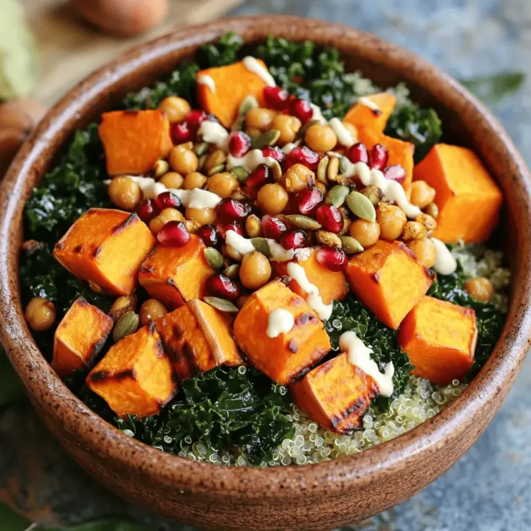 - Süßkartoffeln: Diese leuchtenden Knollen geben der Buddha Bowl eine süße Note. Sie sind sehr nahrhaft und reich an Vitaminen. Ich benutze zwei mittelgroße Süßkartoffeln, gewürfelt. - Quinoa: Quinoa ist ein tolles Getreide, das viel Protein hat. Du brauchst eine Tasse Quinoa, die du gründlich wäschst. Das macht sie leichter verdaulich. - Grünkohl: Grünkohl bringt eine schöne Grüne Farbe. Eine Tasse grob gehackter Grünkohl sorgt für viele Nährstoffe in diesem Gericht. - Zimt: Zimt gibt der Bowl Wärme und Tiefe. Ein Teelöffel reicht, um den Geschmack zu verbessern. - Geräuchertes Paprikapulver: Dieses Gewürz fügt einen rauchigen Geschmack hinzu. Ein Teelöffel ist genug für diesen tollen Effekt. - Olivenöl: Ich benutze Olivenöl für das Rösten. Drei Esslöffel machen die Süßkartoffeln knusprig und lecker. - Granatapfelkerne: Diese kleinen Kerne bringen Frische und eine süße Note. Eine halbe Tasse ist perfekt für das Topping. - Geröstete Kürbiskerne: Sie fügen Knusprigkeit hinzu. Eine Viertel Tasse reicht aus, um einen tollen Crunch zu bieten. - Tahini: Dieses cremige Dressing gibt der Bowl eine besondere Note. Zwei Esslöffel machen den Unterschied. Für das vollständige Rezept schau einfach auf die [Full Recipe]. Heize deinen Ofen auf 200°C (400°F) vor. Das sorgt für das perfekte Rösten. Stelle alle Zutaten bereit. Du brauchst Süßkartoffeln, Quinoa, Grünkohl und Kichererbsen. So hast du alles griffbereit. Schneide die Süßkartoffeln in kleine Würfel. Mische sie in einer großen Schüssel mit 2 Esslöffeln Olivenöl, Zimt, geräuchertem Paprikapulver, Salz und Pfeffer. Breite die Würfel auf einem Backblech aus. Röste sie für 25 bis 30 Minuten. Wende sie nach der Hälfte der Zeit. So werden sie schön weich und karamellisiert. Wasche die Quinoa gründlich. Gib sie in einen mittleren Topf mit 2 Tassen Gemüsebrühe oder Wasser. Bringe die Mischung zum Kochen. Reduziere dann die Hitze auf niedrig und decke den Topf ab. Lass die Quinoa etwa 15 Minuten köcheln. Danach lockere sie mit einer Gabel auf. Erhitze 1 Esslöffel Olivenöl in einer Pfanne bei mittlerer Hitze. Füge den gehackten Grünkohl und die Kichererbsen hinzu. Brate sie 5 bis 7 Minuten an, bis der Grünkohl zusammengefallen ist. Die Kichererbsen sollten leicht knusprig werden. Schmecke alles mit Salz und Pfeffer ab. Nimm eine kleine Schüssel. Vermische Tahini, Zitronensaft, Ahornsirup und eine Prise Salz. Rühre, bis die Mischung glatt ist. Wenn es zu dick ist, füge etwas Wasser hinzu, bis die Konsistenz stimmt. Nimm eine Schüssel. Gib zuerst eine Schicht Quinoa hinein. Darauf kommen die gerösteten Süßkartoffeln, der sautierte Grünkohl und die Kichererbsen. Bestreue alles mit Granatapfelkernen und Kürbiskernen. Träufle das Dressing darüber. Genieße deine leckere Buddha Bowl! Für die vollständige Anleitung und das Rezept, schau dir die [Full Recipe] an. - Perfekte Röstaromen erzielen: Rösten Sie die Süßkartoffeln bei 200°C. Nutzen Sie Olivenöl, Zimt und Paprika. Diese Gewürze bringen den Geschmack zur Geltung. Wenden Sie die Süßkartoffeln nach der Hälfte der Zeit für eine gleichmäßige Röstung. So erhalten Sie eine goldene Farbe und einen tollen Geschmack. - Glutenfreie Optionen: Alle Zutaten in dieser Buddha Bowl sind von Natur aus glutenfrei. Quinoa ist eine großartige Alternative zu Reis. - Vegan und vegetarisch: Diese Bowl ist perfekt für Veganer und Vegetarier. Alle Zutaten sind pflanzlich und gesund. Das Dressing mit Tahini ist auch vegan. - Vorbereitungszeit reduzieren: Um Zeit zu sparen, schneiden Sie die Süßkartoffeln im Voraus. Sie können auch die Quinoa und das Dressing am Tag vorher zubereiten. Das spart Zeit, wenn Sie bereit sind zu essen. So bleibt mehr Zeit für den Genuss Ihrer Buddha Bowl. {{image_4}} Sie können Quinoa durch Reis ersetzen. Reis hat einen anderen Geschmack und eine andere Textur. Er ist auch leicht zu kochen. Wählen Sie braunen Reis für mehr Ballaststoffe. Andere Gemüse sind ebenfalls eine gute Wahl. Brokkoli, Karotten oder Zucchini passen gut. Experimentieren Sie mit Farben und Texturen. So wird Ihre Buddha Bowl noch bunter und nahrhafter. Wenn Sie kein Tahini mögen, probieren Sie Erdnussbutter oder Joghurt. Beide geben Ihrer Bowl einen tollen Geschmack. Erdnussbutter bringt eine nussige Note. Joghurt sorgt für Frische und Cremigkeit. Kreative Kräutermischungen sind eine weitere tolle Idee. Frischer Dill oder Petersilie bringen neue Aromen. Sie können auch Basilikum oder Koriander verwenden. Diese Kräuter sind einfach zu finden und machen das Dressing spannend. Passen Sie die Zutaten je nach Saison an. Im Sommer sind frische Tomaten und Gurken lecker. Im Herbst können Sie Kürbis oder Rosenkohl nutzen. Im Winter sind Wurzelgemüse wie Rüben eine gute Wahl. Schauen Sie auf den Markt, was frisch ist. Saisonale Produkte sind oft günstiger und schmecken besser. So bleibt Ihre Buddha Bowl immer interessant und nahrhaft. Bewahre die Buddha Bowl im Kühlschrank auf. Nutze luftdichte Behälter, um die Frische zu halten. Die Süßkartoffeln und Quinoa bleiben so länger gut. Trenne die Zutaten, wenn möglich. Das verhindert, dass alles matschig wird. Vor dem Essen einfach aufwärmen. Achte darauf, dass du die Schüssel gut abdeckst, um Gerüche zu vermeiden. Du kannst die Mahlzeit im Voraus zubereiten. Koche die Quinoa und die Süßkartoffeln am Sonntag. So hast du eine schnelle Option für die Woche. Lagere die einzelnen Zutaten getrennt. Mische sie erst kurz vor dem Essen. Das hält alles frisch und lecker. Du sparst Zeit und kannst schnell eine gesunde Mahlzeit genießen. Die meisten Zutaten halten sich gut im Kühlschrank. Gekochte Süßkartoffeln bleiben etwa 4–5 Tage frisch. Quinoa kann bis zu einer Woche halten. Grünkohl bleibt in einem feuchten Tuch verpackt etwa 3–5 Tage frisch. Kichererbsen, wenn gekocht, sind auch 4–5 Tage haltbar. Achte darauf, alles gut zu prüfen, bevor du es isst. Die Buddha Bowl bleibt im Kühlschrank bis zu fünf Tage frisch. Bewahre sie in einem luftdichten Behälter auf. Achte darauf, das Dressing separat zu lagern. So bleibt alles knusprig und lecker. Wenn du die Bowl wieder aufwärmst, erwärme sie sanft in der Mikrowelle oder in einer Pfanne. Ja, du kannst die Süßkartoffeln im Voraus zubereiten. Röste sie einfach und lasse sie abkühlen. Danach kannst du sie in einem Behälter im Kühlschrank lagern. So sparst du Zeit, wenn du die Buddha Bowl schnell zubereiten möchtest. Du kannst die Süßkartoffeln auch für andere Gerichte nutzen. Sie passen gut zu Salaten oder Wraps. Ja, die Buddha Bowl ist glutenfrei! Die Hauptzutaten sind Süßkartoffeln, Quinoa und Gemüse. Quinoa ist eine großartige glutenfreie Getreideart. Achte jedoch darauf, dass die Brühe und andere Zutaten ebenfalls glutenfrei sind. So kannst du sicher sein, dass deine Bowl für alle geeignet ist. Diese Buddha Bowl ist einfach und gesund. Sie besteht aus Süßkartoffeln, Quinoa und Grünkohl. Die Gewürze und Toppings bringen viel Geschmack. Mit den Tipps und Variationen wird es nie langweilig. Denk daran, die Bowl kann gut aufbewahrt werden. So hast du immer eine schnelle Mahlzeit bereit. Probiere es aus und passe es nach deinem Geschmack an!