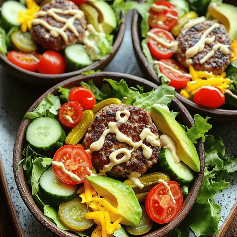 Für eine köstliche Burger Bowl brauchst du: - 450 g Rinderhackfleisch oder Putenhackfleisch - 4 Tassen gemischte Salatblätter (Romaine, Rucola, Spinat) - 1 Tasse Kirschtomaten, halbiert - 1 Tasse Gurke, gewürfelt - 1/2 Tasse Gewürzgurken, in Scheiben geschnitten - 1 Avocado, in Scheiben geschnitten - 1/2 Tasse geriebener Käse (Cheddar oder nach Wahl) - 1/4 Tasse Mayonnaise - 2 Esslöffel Ketchup - 1 Esslöffel Senf - 1 Esslöffel Apfelessig Diese Zutaten machen deine Burger Bowl frisch und lecker. Du kannst das Rinderhackfleisch auch durch veganes Hackfleisch ersetzen. So hast du eine großartige Option für alle. Die richtigen Gewürze bringen Geschmack. Ich empfehle: - 1 Teelöffel Knoblauchpulver - 1 Teelöffel Zwiebelpulver - 1 Teelöffel geräuchertes Paprikapulver Diese Gewürze geben deinem Fleisch ein tolles Aroma. Sie sind einfach zu finden und leicht zu nutzen. Die Nährwerte hängen von den Zutaten ab. Eine Portion Burger Bowl hat etwa: - 500 Kalorien (mit Rinderhack) - 30 g Fett - 40 g Protein Burger Bowls sind eine nahrhafte Option. Sie bieten dir gute Fette und viel Protein. Achte darauf, frische Zutaten zu nutzen. So bleiben die Nährstoffe erhalten. Für mehr gesunde Alternativen kannst du die Mengen an Käse oder Dressings anpassen. Für das vollständige Rezept schau dir die [Full Recipe] an. Zuerst nimmst du das Rinderhackfleisch. In einer großen Schüssel vermischst du das Fleisch mit Knoblauchpulver, Zwiebelpulver und geräuchertem Paprikapulver. Füge dann Salz und Pfeffer nach Geschmack hinzu. Danach forme die Mischung zu vier Patties. Achte darauf, dass sie gleichmäßig dick sind, damit sie gleichmäßig garen. Jetzt erhitze eine Pfanne oder einen Grill auf mittlerer Hitze. Lege die Patties in die Pfanne und brate sie etwa 4 bis 5 Minuten pro Seite. Du kannst die Garzeit anpassen, je nachdem, wie du dein Fleisch magst. Wenn du sie fertig hast, lasse die Patties ein paar Minuten ruhen, damit sie saftig bleiben. Nimm vier Schalen und schichte die gemischten Salatblätter als Basis. Schneide die Burger-Patties in Scheiben und lege sie auf die Salatbasis. Füge dann Kirschtomaten, Gurken, Gewürzgurken und Avocadoscheiben hinzu. Bestreue alles mit dem geriebenen Käse. Zum Schluss, gieße das Dressing darüber und würze nach Geschmack mit Salz und Pfeffer. Sofort genießen! Du findest das vollständige Rezept [hier](#). Um perfekte Burger-Patties zu machen, ist die Größe wichtig. Forme sie etwa 1,5 cm dick. So garen sie gleichmäßig. Lass die Patties etwa 30 Minuten im Kühlschrank ruhen. Diese Zeit hilft der Mischung, fest zu werden und die Form zu halten. Die Wahl des Dressings macht viel aus. Du kannst einfache Mayonnaise oder Ketchup nutzen. Probiere auch Senf oder BBQ-Sauce. Selbstgemachtes Dressing ist frisch und lecker. Mische Joghurt, Kräuter und etwas Zitrone für eine leichte Variante. Kauf-Dressings sind praktisch, aber oft voller Zucker. Eine schöne Anrichtung macht die Burger Bowls ansprechend. Schichte die Zutaten in der Schüssel. Beginne mit dem Salat, dann die Patties, gefolgt von Toppings. Füge ein paar Kirschtomaten für Farbe hinzu. Mach Fotos, um deine Kreation zu zeigen. Nutze gutes Licht für Instagram. So werden deine Burger Bowls zum Hit! {{image_4}} Um Burger Bowls vegan zu machen, verwenden Sie Veggie-Patties. Diese Patties bestehen aus Bohnen, Gemüse oder Tofu. Sie bieten einen leckeren Geschmack und eine gute Textur. Für eine pflanzliche Option passen Sie die Toppings an. Nutzen Sie zum Beispiel Avocado, Kichererbsen und frische Kräuter. Diese Zutaten bringen Farbe und Vielfalt in Ihre Bowl. Wenn Sie gesunde Burger Bowls machen wollen, wählen Sie kalorien- und fettarme Optionen. Sie können mageres Putenhackfleisch oder sogar Linsen als Basis verwenden. Achten Sie auf frische und nahrhafte Zutaten. Fügen Sie reichlich Salat, Tomaten und Gurken hinzu. Diese machen die Bowl frisch und leicht. Für einen internationalen Twist probieren Sie asiatische, mexikanische oder mediterrane Varianten. Bei asiatischen Bowls verwenden Sie Sojasauce und Sesamöl für die Würze. Mexikanische Burger Bowls können mit Guacamole und Salsa ergänzt werden. Mediterrane Variationen funktionieren gut mit Feta-Käse und Oliven. Passen Sie die Gewürze und Zutaten an, um neue Geschmäcker zu entdecken. Für das vollständige Rezept, schauen Sie sich die Burger Bowls an. Um die Frische der Burger Bowls zu bewahren, lagere die Zutaten getrennt. Du kannst das Rinderhackfleisch oder die vegetarische Alternative in einem luftdichten Behälter im Kühlschrank aufbewahren. Sie halten sich dort 1 bis 2 Tage. Frische Salatblätter halten sich nur etwa 3 Tage. Wenn du die Burger Bowls länger aufbewahren möchtest, friere die Patties ein. So bleiben sie bis zu 3 Monate frisch. Zubereitete Burger Bowls sind im Kühlschrank 2 Tage haltbar. Achte darauf, die Dressings separat zu lagern, damit die Salatblätter nicht matschig werden. Wenn du die Burger Bowls aufwärmen möchtest, gibt es zwei Hauptmethoden: Mikrowelle und Ofen. In der Mikrowelle erwärmst du die Patties etwa 1-2 Minuten. Achte darauf, die Schüssel abzudecken, damit die Feuchtigkeit erhalten bleibt. Der Ofen ist besser, um die Textur zu erhalten. Heize ihn auf 180 Grad vor und erwärme die Patties etwa 10 Minuten. Ein kleiner Tipp: Lege ein Stück Backpapier darunter, um ein Ankleben zu verhindern. Bei der Planung deiner Mahlzeiten ist Portionierung wichtig. Überlege, wie viele Portionen du pro Woche benötigst. Für eine Familie von vier Personen sind 4 bis 5 Portionen ideal. Bereite die Zutaten im Voraus vor, damit du sie schnell in die Schüsseln fügen kannst. Dies spart Zeit und sorgt für gesunde Mahlzeiten während der Woche. Eine gute Methode ist, die Zutaten in einzelnen Behältern zu lagern. So hast du alles griffbereit. Burger Bowls sind frisch am besten. Sie halten im Kühlschrank etwa drei Tage. Lagern Sie sie in einem luftdichten Behälter. So bleibt alles frisch und lecker. Wenn Sie die Zutaten getrennt aufbewahren, bleibt die Qualität besser. Das Dressing sollte immer separat gelagert werden, um die Frische zu sichern. Ja, Sie können Burger Bowls im Voraus zubereiten! Kochen Sie die Patties und bereiten Sie das Gemüse vor. Lagern Sie alles getrennt im Kühlschrank. So vermeiden Sie matschige Zutaten. Kurz vor dem Servieren können Sie alles zusammenstellen. Das spart Zeit und macht das Essen einfacher. Ja, Burger Bowls lassen sich einfach glutenfrei anpassen! Verwenden Sie glutenfreies Hackfleisch oder pflanzliche Alternativen. Achten Sie darauf, glutenfreies Dressing zu wählen. Frisches Gemüse und Salat sind immer glutenfrei. So können alle mitessen, ohne sich Sorgen zu machen. Die besten Toppings machen Burger Bowls spannend! Hier sind einige Ideen: - Avocado für Cremigkeit - Kirschtomaten für Süße - Gewürzgurken für einen sauren Kick - Geriebener Käse für Geschmack - Rote Zwiebeln für Schärfe - Knusprige Speckstücke für Crunch Seien Sie kreativ! Fügen Sie andere Lieblingszutaten hinzu. Experimentieren Sie mit verschiedenen Dressings für neuen Geschmack. Burger Bowls bieten eine köstliche und flexible Mahlzeit. Sie bestehen aus frischen Zutaten, gut gewürzten Patties und vielfältigen Toppings. In diesem Blogpost habe ich erklärt, wie man Burger Bowls zubereitet und variieren kann. Achten Sie auf die richtigen Gewürze und die Nährwerte, um gesund zu essen. Mit diesen Tipps und Varianten können Sie Ihre Burger Bowls nach Belieben anpassen. Experimentieren Sie und finden Sie Ihre Lieblingskombination. Gutes Essen macht Freude!