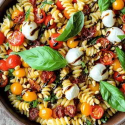 Für einen leckeren Caprese Pasta Salad benötigst du folgende Hauptzutaten: - 225 g tricolore Fusilli-Nudeln - 240 ml Kirschtomaten, halbiert - 240 ml frische Mozzarellabällchen (Bocconcini), halbiert - 240 ml frische Basilikumblätter, grob zerzupft - 60 ml getrocknete Tomaten, gehackt - 60 ml Pinienkerne, geröstet - 3 Esslöffel Balsamico-Glasur - 2 Esslöffel extra vergine Olivenöl - Salz und frisch gemahlener Pfeffer nach Geschmack Diese Zutaten bilden die Basis für deinen Salat. Die Kombination aus frischen Tomaten, Mozzarella und Basilikum sorgt für einen tollen Geschmack. Du kannst deinen Salat ganz nach deinem Geschmack anpassen. Hier sind einige optionale Zutaten: - Avocado für eine cremige Textur - Rucola für etwas Schärfe - Oliven für einen salzigen Kick - Gegrilltes Gemüse für mehr Farbe und Geschmack Diese Zutaten geben dir die Freiheit, kreativ zu sein und neue Aromen zu entdecken. Wenn du keine bestimmten Zutaten hast, gibt es Alternativen: - Verwende Penne oder Spaghetti anstelle von Fusilli. - Statt Mozzarella kannst du Feta-Käse nutzen. - Nimm frische Kräuter wie Petersilie, wenn Basilikum nicht verfügbar ist. Diese einfachen Tipps helfen dir, den Salat nach deinem Geschmack und deinen Vorräten zu gestalten. Wenn du mehr über die Zubereitung erfahren möchtest, schau dir die [Full Recipe] an. Die Vorbereitungszeit beträgt nur 15 Minuten. In dieser Zeit kochen Sie die Nudeln und bereiten die anderen Zutaten vor. Die gesamte Zeit für das Gericht ist 25 Minuten. Diese Zeit ist schnell für einen köstlichen Salat! 1. Bringen Sie einen großen Topf mit gesalzenem Wasser zum Kochen. 2. Fügen Sie die tricolore Fusilli-Nudeln hinzu. Kochen Sie sie al dente, gemäß den Anweisungen auf der Verpackung. 3. Gießen Sie die Nudeln ab und spülen Sie sie unter kaltem Wasser ab. Dies stoppt den Garprozess und kühlt die Nudeln. 4. Nehmen Sie eine große Schüssel. Kombinieren Sie die abgekühlten Nudeln mit Kirschtomaten, Mozzarellabällchen, Basilikum und getrockneten Tomaten. 5. Rösten Sie die Pinienkerne in einer kleinen Pfanne bei mittlerer Hitze für 3-4 Minuten. Rühren Sie oft um, bis sie goldbraun sind. Geben Sie die Pinienkerne zu den Nudeln. 6. Träufeln Sie die Balsamico-Glasur und das Olivenöl über den Salat. Fügen Sie Salz und frisch gemahlenen Pfeffer hinzu. 7. Mischen Sie alles vorsichtig, bis die Zutaten gut vermischt sind. Lassen Sie den Salat 10 Minuten ruhen. So verbinden sich die Aromen besser. 8. Servieren Sie den Salat kalt oder bei Zimmertemperatur. Servieren Sie den Nudelsalat in einer großen Schüssel. Garnieren Sie ihn mit frischen Basilikumblättern obenauf. Ein feiner Spritzer Balsamico-Glasur verleiht dem Gericht eine elegante Note. So sieht der Salat nicht nur gut aus, sondern schmeckt auch fantastisch! Beginnen Sie mit frischen Zutaten. Das macht den Unterschied. Wählen Sie reife Kirschtomaten und frischen Basilikum. Kochen Sie die Fusilli in gesalzenem Wasser. Achten Sie darauf, sie al dente zu kochen. So bleiben die Nudeln bissfest und die Textur ist besser. Spülen Sie die Nudeln nach dem Kochen mit kaltem Wasser ab. Das stoppt den Garprozess und kühlt sie schnell ab. - Do: Verwenden Sie extra vergine Olivenöl für den besten Geschmack. - Don't: Lassen Sie die Nudeln nicht zu lange kochen. Sie werden matschig. - Do: Rühren Sie die Zutaten vorsichtig. So bleiben die Mozzarellabällchen ganz. - Don't: Übersalzen Sie den Salat. Fügen Sie erst am Ende Salz hinzu. Lassen Sie den Salat nach der Zubereitung ruhen. Zehn Minuten reichen aus, damit sich die Aromen entfalten. Die Balsamico-Glasur bringt Süße und Säure. Die gerösteten Pinienkerne fügen einen nussigen Geschmack hinzu. Sie können auch frische Kräuter wie Oregano oder Thymian hinzufügen. Experimentieren Sie mit Aromen. Das macht den Salat einzigartig. Für die vollständige Anleitung und weitere Tipps, schauen Sie sich das Full Recipe an. {{image_4}} Wenn Sie Gluten meiden, können Sie das Rezept leicht anpassen. Verwenden Sie glutenfreie Nudeln wie Reis- oder Quinoanudeln. Diese bieten eine ähnliche Textur. Kochen Sie sie wie normale Nudeln. Achten Sie darauf, die Garzeiten im Blick zu behalten. Um dem Caprese Pasta Salad mehr Geschmack zu geben, fügen Sie Zutaten hinzu. Gehackte Oliven bringen einen salzigen Kick. Gegrillte Zucchini oder Paprika geben eine schöne Farbe und Textur. Auch frischer Rucola kann eine tolle Ergänzung sein. Diese Zutaten verleihen dem Salat mehr Tiefe und machen ihn aufregender. Für eine vegane Version lassen Sie den Käse weg. Nutzen Sie stattdessen eine pflanzliche Alternative wie Cashew- oder Mandelkäse. Diese sind cremig und bieten einen guten Geschmack. Sie können auch Avocado für zusätzliche Cremigkeit hinzufügen. Mit diesen einfachen Änderungen bleibt der Salat frisch und lecker. Zusammen mit dem [Full Recipe] erhalten Sie viele Möglichkeiten, Ihren Caprese Pasta Salad zu variieren. Um den Caprese Pasta Salad frisch zu halten, sollten Sie ihn in einem luftdichten Behälter aufbewahren. Stellen Sie sicher, dass der Salat gut verschlossen ist. So bleibt er länger lecker. Verwenden Sie eine Schüssel aus Glas oder Plastik mit einem gut schließendem Deckel. Im Kühlschrank hält sich der Caprese Pasta Salad etwa 3 bis 5 Tage. Achten Sie darauf, ihn vor dem Servieren gut durchzumischen. So verteilen sich die Aromen wieder gleichmäßig. Wenn Sie feststellen, dass der Salat etwas trocken aussieht, fügen Sie einen Spritzer Olivenöl hinzu. Einfrieren ist für diesen Salat nicht ideal. Die Textur der frischen Zutaten verändert sich. Mozzarella und frische Tomaten verlieren beim Auftauen ihren Biss. Ich empfehle, den Salat frisch zuzubereiten. So genießen Sie den besten Geschmack. Für eine schnelle Zubereitung können Sie die Zutaten vorbereiten und erst kurz vor dem Servieren zusammenfügen. Du kannst den Caprese Pasta Salad bis zu zwei Tage im Voraus zubereiten. Das macht ihn perfekt für Partys oder ein schnelles Abendessen. Bereite die Zutaten einfach vor und mische sie dann kurz vor dem Servieren. Dadurch bleiben die Aromen frisch und die Zutaten knackig. Ja, du kannst verschiedene Käsesorten verwenden, um deinen Salat zu variieren. Feta oder Ricotta können eine tolle Ergänzung sein. Diese Käsesorten bringen einen anderen Geschmack und eine neue Textur in den Salat. Experimentiere ruhig mit deinem Lieblingskäse! Ja, du kannst den Caprese Pasta Salad auch warm servieren. Koche die Nudeln und mische sie dann sofort mit den anderen Zutaten. Achte darauf, dass die frischen Zutaten nicht zu lange erhitzt werden. So bleiben sie frisch und lecker. Wenn du möchtest, kannst du auch die gewürzten Tomaten leicht anbraten, um mehr Geschmack zu bekommen. Dieser Blogpost hat die Grundlagen für einen leckeren Caprese Pasta Salat behandelt. Wir schauten uns die Haupt- und optionalen Zutaten an sowie Tipps zum Substituieren. Die Schritt-für-Schritt-Anleitung zeigte, wie man das Gericht zubereitet und ansprechend präsentiert. Wichtige Tipps halfen, häufige Fehler zu vermeiden und die Aromen zu maximieren. Zudem erkundeten wir verschiedene Varianten, inklusive glutenfreien und veganen Optionen. Zum Schluss gab es Hinweise zur richtigen Lagerung und Haltbarkeit. Nutze diese Tipps, um deinen eigenen Pasta-Salat zu kreieren und zu genießen!