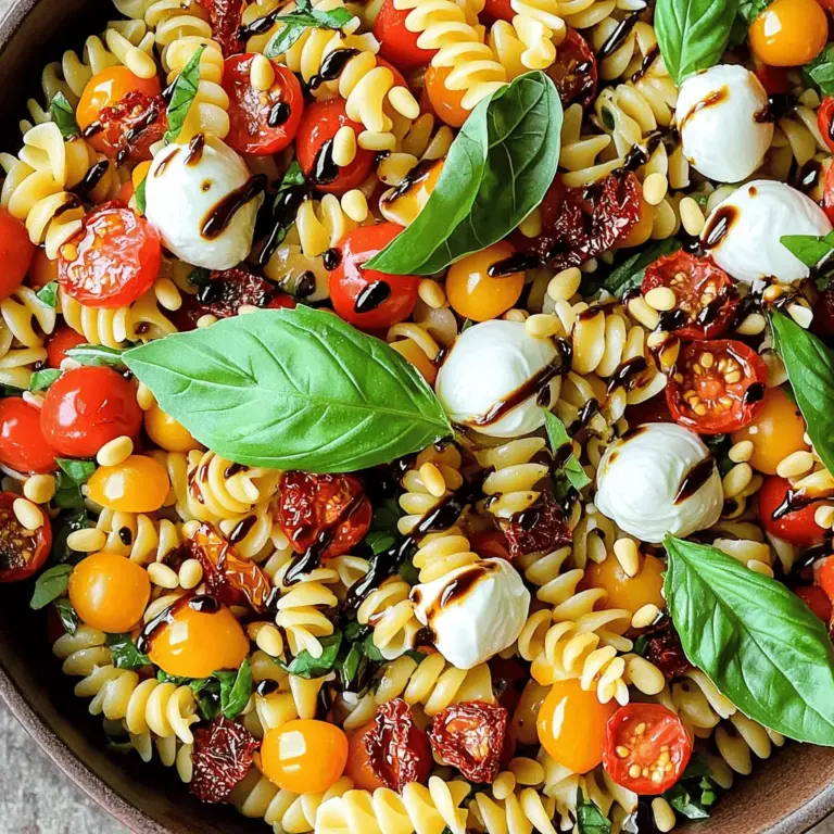 Für einen leckeren Caprese Pasta Salad benötigst du folgende Hauptzutaten: - 225 g tricolore Fusilli-Nudeln - 240 ml Kirschtomaten, halbiert - 240 ml frische Mozzarellabällchen (Bocconcini), halbiert - 240 ml frische Basilikumblätter, grob zerzupft - 60 ml getrocknete Tomaten, gehackt - 60 ml Pinienkerne, geröstet - 3 Esslöffel Balsamico-Glasur - 2 Esslöffel extra vergine Olivenöl - Salz und frisch gemahlener Pfeffer nach Geschmack Diese Zutaten bilden die Basis für deinen Salat. Die Kombination aus frischen Tomaten, Mozzarella und Basilikum sorgt für einen tollen Geschmack. Du kannst deinen Salat ganz nach deinem Geschmack anpassen. Hier sind einige optionale Zutaten: - Avocado für eine cremige Textur - Rucola für etwas Schärfe - Oliven für einen salzigen Kick - Gegrilltes Gemüse für mehr Farbe und Geschmack Diese Zutaten geben dir die Freiheit, kreativ zu sein und neue Aromen zu entdecken. Wenn du keine bestimmten Zutaten hast, gibt es Alternativen: - Verwende Penne oder Spaghetti anstelle von Fusilli. - Statt Mozzarella kannst du Feta-Käse nutzen. - Nimm frische Kräuter wie Petersilie, wenn Basilikum nicht verfügbar ist. Diese einfachen Tipps helfen dir, den Salat nach deinem Geschmack und deinen Vorräten zu gestalten. Wenn du mehr über die Zubereitung erfahren möchtest, schau dir die [Full Recipe] an. Die Vorbereitungszeit beträgt nur 15 Minuten. In dieser Zeit kochen Sie die Nudeln und bereiten die anderen Zutaten vor. Die gesamte Zeit für das Gericht ist 25 Minuten. Diese Zeit ist schnell für einen köstlichen Salat! 1. Bringen Sie einen großen Topf mit gesalzenem Wasser zum Kochen. 2. Fügen Sie die tricolore Fusilli-Nudeln hinzu. Kochen Sie sie al dente, gemäß den Anweisungen auf der Verpackung. 3. Gießen Sie die Nudeln ab und spülen Sie sie unter kaltem Wasser ab. Dies stoppt den Garprozess und kühlt die Nudeln. 4. Nehmen Sie eine große Schüssel. Kombinieren Sie die abgekühlten Nudeln mit Kirschtomaten, Mozzarellabällchen, Basilikum und getrockneten Tomaten. 5. Rösten Sie die Pinienkerne in einer kleinen Pfanne bei mittlerer Hitze für 3-4 Minuten. Rühren Sie oft um, bis sie goldbraun sind. Geben Sie die Pinienkerne zu den Nudeln. 6. Träufeln Sie die Balsamico-Glasur und das Olivenöl über den Salat. Fügen Sie Salz und frisch gemahlenen Pfeffer hinzu. 7. Mischen Sie alles vorsichtig, bis die Zutaten gut vermischt sind. Lassen Sie den Salat 10 Minuten ruhen. So verbinden sich die Aromen besser. 8. Servieren Sie den Salat kalt oder bei Zimmertemperatur. Servieren Sie den Nudelsalat in einer großen Schüssel. Garnieren Sie ihn mit frischen Basilikumblättern obenauf. Ein feiner Spritzer Balsamico-Glasur verleiht dem Gericht eine elegante Note. So sieht der Salat nicht nur gut aus, sondern schmeckt auch fantastisch! Beginnen Sie mit frischen Zutaten. Das macht den Unterschied. Wählen Sie reife Kirschtomaten und frischen Basilikum. Kochen Sie die Fusilli in gesalzenem Wasser. Achten Sie darauf, sie al dente zu kochen. So bleiben die Nudeln bissfest und die Textur ist besser. Spülen Sie die Nudeln nach dem Kochen mit kaltem Wasser ab. Das stoppt den Garprozess und kühlt sie schnell ab. - Do: Verwenden Sie extra vergine Olivenöl für den besten Geschmack. - Don't: Lassen Sie die Nudeln nicht zu lange kochen. Sie werden matschig. - Do: Rühren Sie die Zutaten vorsichtig. So bleiben die Mozzarellabällchen ganz. - Don't: Übersalzen Sie den Salat. Fügen Sie erst am Ende Salz hinzu. Lassen Sie den Salat nach der Zubereitung ruhen. Zehn Minuten reichen aus, damit sich die Aromen entfalten. Die Balsamico-Glasur bringt Süße und Säure. Die gerösteten Pinienkerne fügen einen nussigen Geschmack hinzu. Sie können auch frische Kräuter wie Oregano oder Thymian hinzufügen. Experimentieren Sie mit Aromen. Das macht den Salat einzigartig. Für die vollständige Anleitung und weitere Tipps, schauen Sie sich das Full Recipe an. {{image_4}} Wenn Sie Gluten meiden, können Sie das Rezept leicht anpassen. Verwenden Sie glutenfreie Nudeln wie Reis- oder Quinoanudeln. Diese bieten eine ähnliche Textur. Kochen Sie sie wie normale Nudeln. Achten Sie darauf, die Garzeiten im Blick zu behalten. Um dem Caprese Pasta Salad mehr Geschmack zu geben, fügen Sie Zutaten hinzu. Gehackte Oliven bringen einen salzigen Kick. Gegrillte Zucchini oder Paprika geben eine schöne Farbe und Textur. Auch frischer Rucola kann eine tolle Ergänzung sein. Diese Zutaten verleihen dem Salat mehr Tiefe und machen ihn aufregender. Für eine vegane Version lassen Sie den Käse weg. Nutzen Sie stattdessen eine pflanzliche Alternative wie Cashew- oder Mandelkäse. Diese sind cremig und bieten einen guten Geschmack. Sie können auch Avocado für zusätzliche Cremigkeit hinzufügen. Mit diesen einfachen Änderungen bleibt der Salat frisch und lecker. Zusammen mit dem [Full Recipe] erhalten Sie viele Möglichkeiten, Ihren Caprese Pasta Salad zu variieren. Um den Caprese Pasta Salad frisch zu halten, sollten Sie ihn in einem luftdichten Behälter aufbewahren. Stellen Sie sicher, dass der Salat gut verschlossen ist. So bleibt er länger lecker. Verwenden Sie eine Schüssel aus Glas oder Plastik mit einem gut schließendem Deckel. Im Kühlschrank hält sich der Caprese Pasta Salad etwa 3 bis 5 Tage. Achten Sie darauf, ihn vor dem Servieren gut durchzumischen. So verteilen sich die Aromen wieder gleichmäßig. Wenn Sie feststellen, dass der Salat etwas trocken aussieht, fügen Sie einen Spritzer Olivenöl hinzu. Einfrieren ist für diesen Salat nicht ideal. Die Textur der frischen Zutaten verändert sich. Mozzarella und frische Tomaten verlieren beim Auftauen ihren Biss. Ich empfehle, den Salat frisch zuzubereiten. So genießen Sie den besten Geschmack. Für eine schnelle Zubereitung können Sie die Zutaten vorbereiten und erst kurz vor dem Servieren zusammenfügen. Du kannst den Caprese Pasta Salad bis zu zwei Tage im Voraus zubereiten. Das macht ihn perfekt für Partys oder ein schnelles Abendessen. Bereite die Zutaten einfach vor und mische sie dann kurz vor dem Servieren. Dadurch bleiben die Aromen frisch und die Zutaten knackig. Ja, du kannst verschiedene Käsesorten verwenden, um deinen Salat zu variieren. Feta oder Ricotta können eine tolle Ergänzung sein. Diese Käsesorten bringen einen anderen Geschmack und eine neue Textur in den Salat. Experimentiere ruhig mit deinem Lieblingskäse! Ja, du kannst den Caprese Pasta Salad auch warm servieren. Koche die Nudeln und mische sie dann sofort mit den anderen Zutaten. Achte darauf, dass die frischen Zutaten nicht zu lange erhitzt werden. So bleiben sie frisch und lecker. Wenn du möchtest, kannst du auch die gewürzten Tomaten leicht anbraten, um mehr Geschmack zu bekommen. Dieser Blogpost hat die Grundlagen für einen leckeren Caprese Pasta Salat behandelt. Wir schauten uns die Haupt- und optionalen Zutaten an sowie Tipps zum Substituieren. Die Schritt-für-Schritt-Anleitung zeigte, wie man das Gericht zubereitet und ansprechend präsentiert. Wichtige Tipps halfen, häufige Fehler zu vermeiden und die Aromen zu maximieren. Zudem erkundeten wir verschiedene Varianten, inklusive glutenfreien und veganen Optionen. Zum Schluss gab es Hinweise zur richtigen Lagerung und Haltbarkeit. Nutze diese Tipps, um deinen eigenen Pasta-Salat zu kreieren und zu genießen!