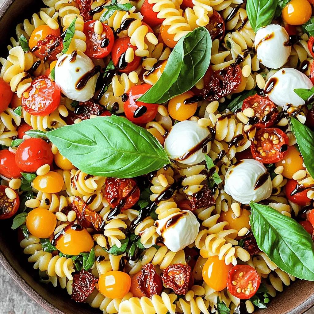 Für einen leckeren Caprese Pasta Salad benötigst du folgende Hauptzutaten: - 225 g tricolore Fusilli-Nudeln - 240 ml Kirschtomaten, halbiert - 240 ml frische Mozzarellabällchen (Bocconcini), halbiert - 240 ml frische Basilikumblätter, grob zerzupft - 60 ml getrocknete Tomaten, gehackt - 60 ml Pinienkerne, geröstet - 3 Esslöffel Balsamico-Glasur - 2 Esslöffel extra vergine Olivenöl - Salz und frisch gemahlener Pfeffer nach Geschmack Diese Zutaten bilden die Basis für deinen Salat. Die Kombination aus frischen Tomaten, Mozzarella und Basilikum sorgt für einen tollen Geschmack. Du kannst deinen Salat ganz nach deinem Geschmack anpassen. Hier sind einige optionale Zutaten: - Avocado für eine cremige Textur - Rucola für etwas Schärfe - Oliven für einen salzigen Kick - Gegrilltes Gemüse für mehr Farbe und Geschmack Diese Zutaten geben dir die Freiheit, kreativ zu sein und neue Aromen zu entdecken. Wenn du keine bestimmten Zutaten hast, gibt es Alternativen: - Verwende Penne oder Spaghetti anstelle von Fusilli. - Statt Mozzarella kannst du Feta-Käse nutzen. - Nimm frische Kräuter wie Petersilie, wenn Basilikum nicht verfügbar ist. Diese einfachen Tipps helfen dir, den Salat nach deinem Geschmack und deinen Vorräten zu gestalten. Wenn du mehr über die Zubereitung erfahren möchtest, schau dir die [Full Recipe] an. Die Vorbereitungszeit beträgt nur 15 Minuten. In dieser Zeit kochen Sie die Nudeln und bereiten die anderen Zutaten vor. Die gesamte Zeit für das Gericht ist 25 Minuten. Diese Zeit ist schnell für einen köstlichen Salat! 1. Bringen Sie einen großen Topf mit gesalzenem Wasser zum Kochen. 2. Fügen Sie die tricolore Fusilli-Nudeln hinzu. Kochen Sie sie al dente, gemäß den Anweisungen auf der Verpackung. 3. Gießen Sie die Nudeln ab und spülen Sie sie unter kaltem Wasser ab. Dies stoppt den Garprozess und kühlt die Nudeln. 4. Nehmen Sie eine große Schüssel. Kombinieren Sie die abgekühlten Nudeln mit Kirschtomaten, Mozzarellabällchen, Basilikum und getrockneten Tomaten. 5. Rösten Sie die Pinienkerne in einer kleinen Pfanne bei mittlerer Hitze für 3-4 Minuten. Rühren Sie oft um, bis sie goldbraun sind. Geben Sie die Pinienkerne zu den Nudeln. 6. Träufeln Sie die Balsamico-Glasur und das Olivenöl über den Salat. Fügen Sie Salz und frisch gemahlenen Pfeffer hinzu. 7. Mischen Sie alles vorsichtig, bis die Zutaten gut vermischt sind. Lassen Sie den Salat 10 Minuten ruhen. So verbinden sich die Aromen besser. 8. Servieren Sie den Salat kalt oder bei Zimmertemperatur. Servieren Sie den Nudelsalat in einer großen Schüssel. Garnieren Sie ihn mit frischen Basilikumblättern obenauf. Ein feiner Spritzer Balsamico-Glasur verleiht dem Gericht eine elegante Note. So sieht der Salat nicht nur gut aus, sondern schmeckt auch fantastisch! Beginnen Sie mit frischen Zutaten. Das macht den Unterschied. Wählen Sie reife Kirschtomaten und frischen Basilikum. Kochen Sie die Fusilli in gesalzenem Wasser. Achten Sie darauf, sie al dente zu kochen. So bleiben die Nudeln bissfest und die Textur ist besser. Spülen Sie die Nudeln nach dem Kochen mit kaltem Wasser ab. Das stoppt den Garprozess und kühlt sie schnell ab. - Do: Verwenden Sie extra vergine Olivenöl für den besten Geschmack. - Don't: Lassen Sie die Nudeln nicht zu lange kochen. Sie werden matschig. - Do: Rühren Sie die Zutaten vorsichtig. So bleiben die Mozzarellabällchen ganz. - Don't: Übersalzen Sie den Salat. Fügen Sie erst am Ende Salz hinzu. Lassen Sie den Salat nach der Zubereitung ruhen. Zehn Minuten reichen aus, damit sich die Aromen entfalten. Die Balsamico-Glasur bringt Süße und Säure. Die gerösteten Pinienkerne fügen einen nussigen Geschmack hinzu. Sie können auch frische Kräuter wie Oregano oder Thymian hinzufügen. Experimentieren Sie mit Aromen. Das macht den Salat einzigartig. Für die vollständige Anleitung und weitere Tipps, schauen Sie sich das Full Recipe an. {{image_4}} Wenn Sie Gluten meiden, können Sie das Rezept leicht anpassen. Verwenden Sie glutenfreie Nudeln wie Reis- oder Quinoanudeln. Diese bieten eine ähnliche Textur. Kochen Sie sie wie normale Nudeln. Achten Sie darauf, die Garzeiten im Blick zu behalten. Um dem Caprese Pasta Salad mehr Geschmack zu geben, fügen Sie Zutaten hinzu. Gehackte Oliven bringen einen salzigen Kick. Gegrillte Zucchini oder Paprika geben eine schöne Farbe und Textur. Auch frischer Rucola kann eine tolle Ergänzung sein. Diese Zutaten verleihen dem Salat mehr Tiefe und machen ihn aufregender. Für eine vegane Version lassen Sie den Käse weg. Nutzen Sie stattdessen eine pflanzliche Alternative wie Cashew- oder Mandelkäse. Diese sind cremig und bieten einen guten Geschmack. Sie können auch Avocado für zusätzliche Cremigkeit hinzufügen. Mit diesen einfachen Änderungen bleibt der Salat frisch und lecker. Zusammen mit dem [Full Recipe] erhalten Sie viele Möglichkeiten, Ihren Caprese Pasta Salad zu variieren. Um den Caprese Pasta Salad frisch zu halten, sollten Sie ihn in einem luftdichten Behälter aufbewahren. Stellen Sie sicher, dass der Salat gut verschlossen ist. So bleibt er länger lecker. Verwenden Sie eine Schüssel aus Glas oder Plastik mit einem gut schließendem Deckel. Im Kühlschrank hält sich der Caprese Pasta Salad etwa 3 bis 5 Tage. Achten Sie darauf, ihn vor dem Servieren gut durchzumischen. So verteilen sich die Aromen wieder gleichmäßig. Wenn Sie feststellen, dass der Salat etwas trocken aussieht, fügen Sie einen Spritzer Olivenöl hinzu. Einfrieren ist für diesen Salat nicht ideal. Die Textur der frischen Zutaten verändert sich. Mozzarella und frische Tomaten verlieren beim Auftauen ihren Biss. Ich empfehle, den Salat frisch zuzubereiten. So genießen Sie den besten Geschmack. Für eine schnelle Zubereitung können Sie die Zutaten vorbereiten und erst kurz vor dem Servieren zusammenfügen. Du kannst den Caprese Pasta Salad bis zu zwei Tage im Voraus zubereiten. Das macht ihn perfekt für Partys oder ein schnelles Abendessen. Bereite die Zutaten einfach vor und mische sie dann kurz vor dem Servieren. Dadurch bleiben die Aromen frisch und die Zutaten knackig. Ja, du kannst verschiedene Käsesorten verwenden, um deinen Salat zu variieren. Feta oder Ricotta können eine tolle Ergänzung sein. Diese Käsesorten bringen einen anderen Geschmack und eine neue Textur in den Salat. Experimentiere ruhig mit deinem Lieblingskäse! Ja, du kannst den Caprese Pasta Salad auch warm servieren. Koche die Nudeln und mische sie dann sofort mit den anderen Zutaten. Achte darauf, dass die frischen Zutaten nicht zu lange erhitzt werden. So bleiben sie frisch und lecker. Wenn du möchtest, kannst du auch die gewürzten Tomaten leicht anbraten, um mehr Geschmack zu bekommen. Dieser Blogpost hat die Grundlagen für einen leckeren Caprese Pasta Salat behandelt. Wir schauten uns die Haupt- und optionalen Zutaten an sowie Tipps zum Substituieren. Die Schritt-für-Schritt-Anleitung zeigte, wie man das Gericht zubereitet und ansprechend präsentiert. Wichtige Tipps halfen, häufige Fehler zu vermeiden und die Aromen zu maximieren. Zudem erkundeten wir verschiedene Varianten, inklusive glutenfreien und veganen Optionen. Zum Schluss gab es Hinweise zur richtigen Lagerung und Haltbarkeit. Nutze diese Tipps, um deinen eigenen Pasta-Salat zu kreieren und zu genießen!