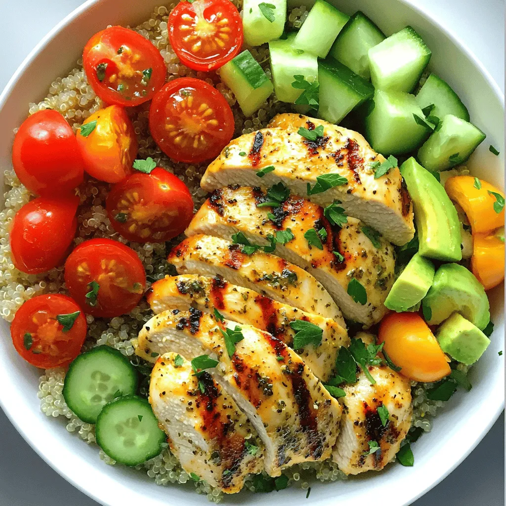 Für dieses Gericht benötigst du einige frische und gesunde Zutaten. Hier sind die Hauptzutaten: - 2 Hähnchenbrustfilets ohne Haut und Knochen - 1 Tasse Quinoa, gewaschen - 2 Tassen Hühnerbrühe oder Gemüsebrühe - 1 Tasse Kirschtomaten, halbiert - 1 Gurke, gewürfelt - 1 Avocado, in Scheiben geschnitten Diese Zutaten sind einfach zu finden und machen das Gericht nahrhaft und lecker. Die Gewürze und Kräuter bringen viel Geschmack in die Schalen. Hier ist, was du brauchst: - 1 Teelöffel Knoblauchpulver - 1 Teelöffel Zwiebelpulver - 1 Teelöffel Paprika - 1 Teelöffel getrockneter Oregano - 1 Teelöffel frischer Thymian, gehackt - 1 Zitrone (abgeriebene Schale und Saft) - 2 Esslöffel Olivenöl - Salz und Pfeffer nach Geschmack Diese Gewürze und Kräuter machen das Hähnchen würzig und frisch. Um die Schalen noch besser zu machen, füge diese Zutaten hinzu: - Frische Petersilie, gehackt, zur Garnitur Die Petersilie gibt dem Gericht Farbe und einen zusätzlichen Frischekick. Für die gesamte Zubereitung schau dir das [Full Recipe] an. Zuerst musst du das Hähnchen marinieren. Nimm eine große Schüssel. Gib das Knoblauchpulver, Zwiebelpulver, Paprika, Oregano, Thymian, Zitronenschale und Zitronensaft hinein. Füge das Olivenöl, Salz und Pfeffer hinzu. Rühre alles gut um. Dann leg die Hähnchenbrustfilets in die Marinade. Sorge dafür, dass sie gleichmäßig bedeckt sind. Decke die Schüssel ab und lasse das Hähnchen mindestens 30 Minuten marinieren. Für mehr Geschmack kannst du das Hähnchen bis zu 2 Stunden im Kühlschrank lassen. Während das Hähnchen mariniert, kannst du die Quinoa kochen. Nimm einen Topf und gib die gewaschene Quinoa und die Hühner- oder Gemüsebrühe hinein. Bringe alles zum Kochen. Reduziere dann die Hitze auf niedrig. Decke den Topf ab und lasse die Quinoa etwa 15 Minuten köcheln. Wenn die Quinoa die Flüssigkeit aufgenommen hat, lockere sie mit einer Gabel auf und stelle sie beiseite. Heize eine Grillpfanne oder normale Pfanne auf mittelhohe Hitze vor. Nimm das Hähnchen aus der Marinade. Brate es für 6-7 Minuten auf jeder Seite. Es sollte durchgegart und goldbraun sein. Lass das Hähnchen einige Minuten ruhen, bevor du es in Scheiben schneidest. Jetzt ist es Zeit, die Schüsseln zusammenzustellen. Nimm eine Servierschüssel und gib eine Portion der lockeren Quinoa als Basis hinein. Belege die Quinoa mit den geschnittenen Hähnchen, halbierten Kirschtomaten, gewürfelter Gurke und Avocadoscheiben. Zum Abschluss kommt die Garnitur. Streue eine Prise frischer Petersilie über die Schüsseln. Das gibt Farbe und Frische. Serviere die Schüsseln sofort und genieße dieses würzige Gericht! Du findest das komplette Rezept im [Full Recipe]. Die Marinade macht das Hähnchen besonders lecker. Mische Knoblauchpulver, Zwiebelpulver, Paprika, Oregano und Thymian in einer Schüssel. Füge den Zitronensaft und die Schale hinzu. Das Olivenöl gibt Geschmack und hält das Hähnchen saftig. Mische alles gut und lege die Hähnchenbrustfilets hinein. Lass die Hähnchen mindestens 30 Minuten marinieren. Für mehr Geschmack, marinier es bis zu 2 Stunden. Quinoa ist einfach zuzubereiten. Spüle die Quinoa zuerst gut ab. Das entfernt Bitterstoffe. Kombiniere dann die Quinoa mit der Hühnerbrühe oder Gemüsebrühe. Bring die Mischung zum Kochen. Reduziere die Hitze und decke den Topf ab. Lass es 15 Minuten köcheln. Die Quinoa sollte die Flüssigkeit aufnehmen und locker sein. Mit einer Gabel auflockern, bevor du sie servierst. Für saftiges Hähnchen heize die Pfanne auf mittelhohe Hitze vor. Nimm das marinierte Hähnchen aus der Marinade. Brate es 6-7 Minuten auf jeder Seite. Achte darauf, dass es goldbraun wird. Lass das Hähnchen nach dem Braten einige Minuten ruhen. Das hilft, die Säfte zu bewahren. Schneide es dann in Scheiben, bevor du es in die Schüsseln legst. {{image_4}} Wenn du eine vegetarische Option suchst, ersetze das Hähnchen durch Kichererbsen oder Tofu. Beides hat viel Protein und nimmt die Aromen gut auf. Mariniere die Kichererbsen oder Tofu-Blockstücke mit der gleichen Mischung wie das Hähnchen. Das bringt den gleichen tollen Geschmack. Du kannst viele verschiedene Gemüsesorten nutzen. Füge Paprika, Zucchini oder Spinat hinzu. Diese Gemüsesorten bringen mehr Farbe und Nährstoffe in die Schüssel. Roste das Gemüse einfach mit etwas Olivenöl und Gewürzen im Ofen. Das gibt einen tollen Geschmack und macht das Gericht noch gesünder. Jeder hat andere Vorlieben. Du kannst die Gewürze ändern, um deinen Geschmack zu treffen. Füge zum Beispiel etwas Chili-Pulver hinzu, wenn du es gerne scharf magst. Oder probiere frische Kräuter wie Basilikum oder Koriander für einen anderen Geschmack aus. Diese kleinen Anpassungen machen das Gericht einzigartig und spannend. Für mehr Ideen schau dir das [Full Recipe] an. Um die Reste von Zesty Lemon Herb Chicken Bowls frisch zu halten, lege sie in einen luftdichten Behälter. Du kannst die Reste bis zu drei Tage im Kühlschrank aufbewahren. Achte darauf, dass der Behälter gut verschlossen ist. So bleibt der Geschmack erhalten und das Hähnchen bleibt saftig. Wenn du die Bowls länger aufbewahren möchtest, kannst du sie auch einfrieren. Teile die Portionen in luftdichte Behälter oder gefriergeeignete Beutel. Achte darauf, die Luft gut herauszudrücken, um Gefrierbrand zu vermeiden. So bleiben die Bowls bis zu drei Monate frisch. Um die Zesty Lemon Herb Chicken Bowls wieder aufzuwärmen, nimm sie aus dem Kühlschrank oder Gefrierfach. Wenn sie gefroren sind, lasse sie zuerst im Kühlschrank auftauen. Erhitze die Bowls in der Mikrowelle oder auf dem Herd. Verwende einen Deckel, um die Feuchtigkeit zu halten. So bleibt das Hähnchen zart und die Quinoa locker. Sie können das Rezept ganz leicht anpassen. Fügen Sie mehr Gemüse hinzu, wie Brokkoli oder Paprika. Experimentieren Sie mit verschiedenen Kräutern. Frischer Basilikum oder Dill geben einen anderen Geschmack. Wenn Sie das Hähnchen nicht mögen, versuchen Sie Tofu oder Fisch. Sie können auch die Quinoa durch Reis ersetzen, um eine andere Textur zu bekommen. Ja, Sie können die Quinoa durch verschiedene Optionen ersetzen. Reis ist eine beliebte Wahl. Auch Bulgur oder Couscous passen gut. Für eine glutenfreie Option nutzen Sie Blumenkohlreis. Diese Alternativen bieten einen anderen Geschmack und machen das Gericht spannend. Die Reste halten sich gut im Kühlschrank. Lagern Sie sie in einem luftdichten Behälter. So bleiben sie frisch. Normalerweise sind sie bis zu drei Tage haltbar. Wenn Sie die Reste länger aufbewahren möchten, frieren Sie sie ein. So können Sie schnell eine leckere Mahlzeit genießen. Zusammenfassend haben wir die Hauptzutaten und deren Aufgabe in den Zesty Lemon Herb Chicken Bowls behandelt. Ich habe Ihnen eine einfache Schritt-für-Schritt-Anleitung geliefert. Wir haben auch Tipps für die perfekte Marinade und das Kochen von Quinoa gesehen. Variationen und Aufbewahrungshinweise waren ebenfalls wichtig. Denken Sie daran, mit den Zutaten zu spielen. Diese Schüssel ist anpassbar und einfach zuzubereiten. Mit diesen Informationen soll Ihnen das Kochen Spaß machen. Probieren Sie es aus und genießen Sie Ihre Mahlzeit!