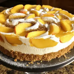 Für den Southern Peach Cobbler Cheesecake brauchst du folgende Zutaten: - 1 ½ Tassen Graham-Cracker-Brösel - ½ Tasse ungesalzene Butter, geschmolzen - 3 Päckchen Frischkäse (à 225 g), auf Zimmertemperatur - 1 Tasse Zucker - 1 Teelöffel Vanilleextrakt - 1 Teelöffel Mandelextrakt - 3 große Eier - 2 Tassen frische Pfirsiche, geschält und in Scheiben geschnitten (oder 1 Dose Pfirsiche in Sirup, abgetropft) - 1 Teelöffel Zimt - 1 Tasse Sauerrahm - ½ Tasse brauner Zucker Diese Zutaten sorgen für einen tollen Geschmack. Die frischen Pfirsiche bringen Süße und Saftigkeit. Sie machen den Käsekuchen besonders lecker. Achte darauf, dass die Pfirsiche reif sind. Reife Pfirsiche haben einen süßen, saftigen Geschmack. Wenn du Dosen-Pfirsiche verwendest, wähle die in Sirup. Diese sind weicher und süßer. Der Frischkäse sollte Zimmertemperatur haben. Das hilft, Klumpen zu vermeiden. Die Butter muss ungesalzen sein, damit der Käsekuchen nicht zu salzig wird. Ich empfehle, Marken wie Philadelphia für Frischkäse zu nutzen. Sie bieten eine gute Qualität und Geschmack. Für Pfirsiche sind Marken wie Del Monte oder Libby's empfehlenswert, wenn du Dosenfrüchte wählst. Bei frischen Pfirsichen versuche, lokale Märkte zu besuchen. Dort findest du oft die besten und frischesten Früchte. Für das gesamte Rezept schau dir [Full Recipe](#) an. Heizen Sie Ihren Ofen auf 160°C (325°F) vor. Dies sorgt für eine gleichmäßige Hitze. Fetten Sie eine 23 cm große Springform mit Backspray ein. So bleibt der Käsekuchen nicht kleben. In einer mittelgroßen Schüssel vermengen Sie 1 ½ Tassen Graham-Cracker-Brösel mit ½ Tasse geschmolzener Butter. Rühren Sie, bis die Brösel gleichmäßig feucht sind. Drücken Sie die Mischung fest auf den Boden der Springform. Backen Sie die Kruste für 10 Minuten und lassen Sie sie leicht abkühlen. Nehmen Sie eine große Rührschüssel. Vermengen Sie 3 Päckchen Frischkäse mit 1 Tasse Zucker. Schlagen Sie die Mischung mit einem elektrischen Mixer glatt. Fügen Sie 1 Teelöffel Vanilleextrakt und 1 Teelöffel Mandelextrakt hinzu. Schlagen Sie nacheinander 3 große Eier unter. Rühren Sie vorsichtig 2 Tassen geschnittene Pfirsiche und 1 Teelöffel Zimt unter. Gießen Sie die Füllung auf die Kruste. In einer separaten Schüssel vermischen Sie 1 Tasse Sauerrahm mit ½ Tasse braunem Zucker. Verteilen Sie diese Mischung gleichmäßig über die Käsekuchenfüllung. Backen Sie den Käsekuchen für 50 bis 60 Minuten, bis die Ränder fest sind. Die Mitte kann leicht wackeln. Schalten Sie den Ofen aus und lassen Sie den Käsekuchen 1 Stunde im Ofen abkühlen. Kühlen Sie den Käsekuchen mindestens 4 Stunden oder über Nacht im Kühlschrank, bevor Sie ihn servieren. Für die besten Ergebnisse, lassen Sie ihn ruhig im Kühlschrank. Für die vollständige Anleitung und Details, schauen Sie sich das [Full Recipe] an. Käsekuchen kann knifflig sein. Hier sind einige Tipps, um Fehler zu vermeiden: - Zutaten auf Zimmertemperatur: Alle Zutaten, besonders der Frischkäse, sollten warm sein. Kalte Zutaten können Klumpen bilden. - Nicht übermixen: Rühren Sie die Mischung nur so lange, bis alles gut vermischt ist. Übermixen macht den Käsekuchen fluffig und brüchig. - Langsame Abkühlung: Lassen Sie den Käsekuchen im Ofen abkühlen. Dies hilft, Risse zu vermeiden. Eine cremige und glatte Konsistenz ist das Ziel. Hier sind einige Schritte, um das zu erreichen: - Frischkäse gut schlagen: Beginnen Sie, den Frischkäse gründlich zu schlagen. Er sollte weich und klumpenfrei sein. - Eier einzeln hinzufügen: Fügen Sie die Eier nacheinander hinzu. Rühren Sie nach jedem Ei vorsichtig, um die Struktur zu bewahren. - Falten, nicht rühren: Falten Sie die Pfirsiche und die anderen Zutaten sanft unter. So bleibt die Luft im Teig und er wird fluffig. Die Präsentation macht viel aus. Hier sind einige Ideen, um Ihren Käsekuchen schön zu servieren: - Zusätzliche Pfirsiche: Servieren Sie den Käsekuchen mit frischen Pfirsichscheiben. Sie verleihen Farbe und Frische. - Schlagsahne: Ein Klecks Schlagsahne auf jedem Stück ist sehr ansprechend. - Puderzucker: Bestäuben Sie den Käsekuchen mit Puderzucker für einen eleganten Look. Diese Tipps machen Ihren Southern Peach Cobbler Cheesecake noch köstlicher! Für das detaillierte Rezept, schauen Sie sich das [Full Recipe] an. {{image_4}} Wenn Sie die Pfirsiche tauschen möchten, probieren Sie Äpfel oder Kirschen. Diese Früchte bringen frischen Geschmack. Sie können auch Himbeeren oder Blaubeeren verwenden. Diese Früchte fügen Süße und Farbe hinzu. Achten Sie auf die Süße der Früchte. Möglicherweise müssen Sie den Zucker anpassen, um den perfekten Geschmack zu erreichen. Für glutenfreie Optionen nutzen Sie glutenfreie Kekse für die Kruste. Mischen Sie die Kekse mit veganer Butter. Wenn Sie eine vegane Version machen, ersetzen Sie den Frischkäse. Cashew-Creme oder Kokoscreme eignen sich gut. Verwenden Sie Chia-Samen als Ei-Ersatz. Mischen Sie sie mit Wasser und lassen Sie es quellen. Diese Alternativen machen den Käsekuchen lecker und freundlich für alle. Zusätzliche Toppings machen den Käsekuchen noch besser. Probieren Sie karamellisierte Nüsse oder frische Früchte. Ein Klecks Schlagsahne rundet das Ganze ab. Sie können auch eine dünne Schicht Zimt-Zucker darüber streuen. Puderzucker gibt dem Käsekuchen ein schönes Finish. Damit sieht Ihr Dessert nicht nur gut aus, es schmeckt auch fantastisch. Für das vollständige Rezept und weitere Tipps, schauen Sie sich das [Full Recipe] an. Um den Geschmack und die Frische Ihres Southern Peach Cobbler Cheesecake zu bewahren, stellen Sie sicher, dass er im Kühlschrank gelagert wird. Wickeln Sie den Käsekuchen fest in Frischhaltefolie oder verwenden Sie einen luftdichten Behälter. So bleibt er bis zu einer Woche frisch. Achten Sie darauf, dass der Kuchen nicht mit anderen stark riechenden Lebensmitteln in Berührung kommt. Wenn Sie den Käsekuchen länger aufbewahren möchten, können Sie ihn einfrieren. Schneiden Sie ihn in Portionen und wickeln Sie jede Portion gut in Frischhaltefolie ein. Legen Sie die Portionen dann in einen gefrierfesten Behälter oder einen Gefrierbeutel. So bleibt der Käsekuchen bis zu drei Monate haltbar. Zum Auftauen legen Sie die Portionen einfach über Nacht in den Kühlschrank. Wenn Sie Reste haben, gibt es viele kreative Möglichkeiten, diese zu nutzen. Sie können die Reste in einer neuen Dessertschicht verwenden. Zerkleinern Sie den Käsekuchen und mischen Sie ihn mit Joghurt für einen schnellen Snack. Alternativ können Sie ihn auch als Füllung für Pfannkuchen oder Waffeln verwenden. Ihre Gäste werden begeistert sein! Ein Käsekuchen kann aus mehreren Gründen reißen. Oft passiert das durch zu hohe Hitze. Wenn der Ofen zu heiß ist, kann die Füllung schnell aufgehen. Das führt zu Rissen. Ein weiterer Grund ist das Übermixen der Füllung. Wenn Sie die Füllung zu lange schlagen, wird sie zu luftig. Um Risse zu vermeiden, backen Sie den Käsekuchen bei niedriger Temperatur. Lassen Sie ihn langsam abkühlen. Ja, Sie können die Pfirsiche durch andere Früchte ersetzen. Äpfel, Birnen oder Kirschen passen gut dazu. Achten Sie darauf, die Früchte gut vorzubereiten. Schneiden Sie sie in kleine Stücke. Verwenden Sie frische oder gefrorene Früchte. Abgetropfte Dosenfrüchte sind auch eine Option. Der Geschmack wird sich leicht ändern, aber das Ergebnis bleibt köstlich. Die gesamte Vorbereitungszeit beträgt etwa 20 Minuten. Das Backen dauert zwischen 50 und 60 Minuten. Nach dem Backen sollten Sie den Käsekuchen mindestens 4 Stunden im Kühlschrank kühlen. Es ist also eine gute Idee, ihn am Vortag zu machen. So hat er genug Zeit, um fest zu werden. Ja, beim Backen in einer Springform gibt es wichtige Tipps. Fetten Sie die Form gut ein, um ein Anhaften zu vermeiden. Nutzen Sie Backpapier für den Boden. Das macht das Herausnehmen einfacher. Stellen Sie die Springform in ein Wasserbad, um gleichmäßige Wärme zu erhalten. So backt der Käsekuchen schön gleichmäßig und bekommt keine Risse. Zusammenfassend haben wir die wichtigsten Zutaten und Schritte zum Käsekuchen behandelt. Du hast gelernt, welche Marken gut sind und wie du die Kruste machst. Tipps helfen dir, Fehler zu vermeiden und den perfekten Käsekuchen zu erzielen. Denk daran, Variationen auszuprobieren und die Reste richtig zu lagern. Mit diesen Informationen bist du bereit, selbst einen tollen Käsekuchen zu backen. Lass deine Kreativität fließen und genieße den Prozess!
