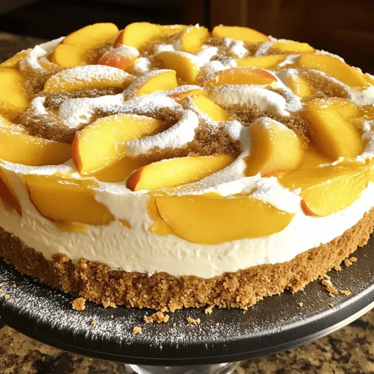Für den Southern Peach Cobbler Cheesecake brauchst du folgende Zutaten: - 1 ½ Tassen Graham-Cracker-Brösel - ½ Tasse ungesalzene Butter, geschmolzen - 3 Päckchen Frischkäse (à 225 g), auf Zimmertemperatur - 1 Tasse Zucker - 1 Teelöffel Vanilleextrakt - 1 Teelöffel Mandelextrakt - 3 große Eier - 2 Tassen frische Pfirsiche, geschält und in Scheiben geschnitten (oder 1 Dose Pfirsiche in Sirup, abgetropft) - 1 Teelöffel Zimt - 1 Tasse Sauerrahm - ½ Tasse brauner Zucker Diese Zutaten sorgen für einen tollen Geschmack. Die frischen Pfirsiche bringen Süße und Saftigkeit. Sie machen den Käsekuchen besonders lecker. Achte darauf, dass die Pfirsiche reif sind. Reife Pfirsiche haben einen süßen, saftigen Geschmack. Wenn du Dosen-Pfirsiche verwendest, wähle die in Sirup. Diese sind weicher und süßer. Der Frischkäse sollte Zimmertemperatur haben. Das hilft, Klumpen zu vermeiden. Die Butter muss ungesalzen sein, damit der Käsekuchen nicht zu salzig wird. Ich empfehle, Marken wie Philadelphia für Frischkäse zu nutzen. Sie bieten eine gute Qualität und Geschmack. Für Pfirsiche sind Marken wie Del Monte oder Libby's empfehlenswert, wenn du Dosenfrüchte wählst. Bei frischen Pfirsichen versuche, lokale Märkte zu besuchen. Dort findest du oft die besten und frischesten Früchte. Für das gesamte Rezept schau dir [Full Recipe](#) an. Heizen Sie Ihren Ofen auf 160°C (325°F) vor. Dies sorgt für eine gleichmäßige Hitze. Fetten Sie eine 23 cm große Springform mit Backspray ein. So bleibt der Käsekuchen nicht kleben. In einer mittelgroßen Schüssel vermengen Sie 1 ½ Tassen Graham-Cracker-Brösel mit ½ Tasse geschmolzener Butter. Rühren Sie, bis die Brösel gleichmäßig feucht sind. Drücken Sie die Mischung fest auf den Boden der Springform. Backen Sie die Kruste für 10 Minuten und lassen Sie sie leicht abkühlen. Nehmen Sie eine große Rührschüssel. Vermengen Sie 3 Päckchen Frischkäse mit 1 Tasse Zucker. Schlagen Sie die Mischung mit einem elektrischen Mixer glatt. Fügen Sie 1 Teelöffel Vanilleextrakt und 1 Teelöffel Mandelextrakt hinzu. Schlagen Sie nacheinander 3 große Eier unter. Rühren Sie vorsichtig 2 Tassen geschnittene Pfirsiche und 1 Teelöffel Zimt unter. Gießen Sie die Füllung auf die Kruste. In einer separaten Schüssel vermischen Sie 1 Tasse Sauerrahm mit ½ Tasse braunem Zucker. Verteilen Sie diese Mischung gleichmäßig über die Käsekuchenfüllung. Backen Sie den Käsekuchen für 50 bis 60 Minuten, bis die Ränder fest sind. Die Mitte kann leicht wackeln. Schalten Sie den Ofen aus und lassen Sie den Käsekuchen 1 Stunde im Ofen abkühlen. Kühlen Sie den Käsekuchen mindestens 4 Stunden oder über Nacht im Kühlschrank, bevor Sie ihn servieren. Für die besten Ergebnisse, lassen Sie ihn ruhig im Kühlschrank. Für die vollständige Anleitung und Details, schauen Sie sich das [Full Recipe] an. Käsekuchen kann knifflig sein. Hier sind einige Tipps, um Fehler zu vermeiden: - Zutaten auf Zimmertemperatur: Alle Zutaten, besonders der Frischkäse, sollten warm sein. Kalte Zutaten können Klumpen bilden. - Nicht übermixen: Rühren Sie die Mischung nur so lange, bis alles gut vermischt ist. Übermixen macht den Käsekuchen fluffig und brüchig. - Langsame Abkühlung: Lassen Sie den Käsekuchen im Ofen abkühlen. Dies hilft, Risse zu vermeiden. Eine cremige und glatte Konsistenz ist das Ziel. Hier sind einige Schritte, um das zu erreichen: - Frischkäse gut schlagen: Beginnen Sie, den Frischkäse gründlich zu schlagen. Er sollte weich und klumpenfrei sein. - Eier einzeln hinzufügen: Fügen Sie die Eier nacheinander hinzu. Rühren Sie nach jedem Ei vorsichtig, um die Struktur zu bewahren. - Falten, nicht rühren: Falten Sie die Pfirsiche und die anderen Zutaten sanft unter. So bleibt die Luft im Teig und er wird fluffig. Die Präsentation macht viel aus. Hier sind einige Ideen, um Ihren Käsekuchen schön zu servieren: - Zusätzliche Pfirsiche: Servieren Sie den Käsekuchen mit frischen Pfirsichscheiben. Sie verleihen Farbe und Frische. - Schlagsahne: Ein Klecks Schlagsahne auf jedem Stück ist sehr ansprechend. - Puderzucker: Bestäuben Sie den Käsekuchen mit Puderzucker für einen eleganten Look. Diese Tipps machen Ihren Southern Peach Cobbler Cheesecake noch köstlicher! Für das detaillierte Rezept, schauen Sie sich das [Full Recipe] an. {{image_4}} Wenn Sie die Pfirsiche tauschen möchten, probieren Sie Äpfel oder Kirschen. Diese Früchte bringen frischen Geschmack. Sie können auch Himbeeren oder Blaubeeren verwenden. Diese Früchte fügen Süße und Farbe hinzu. Achten Sie auf die Süße der Früchte. Möglicherweise müssen Sie den Zucker anpassen, um den perfekten Geschmack zu erreichen. Für glutenfreie Optionen nutzen Sie glutenfreie Kekse für die Kruste. Mischen Sie die Kekse mit veganer Butter. Wenn Sie eine vegane Version machen, ersetzen Sie den Frischkäse. Cashew-Creme oder Kokoscreme eignen sich gut. Verwenden Sie Chia-Samen als Ei-Ersatz. Mischen Sie sie mit Wasser und lassen Sie es quellen. Diese Alternativen machen den Käsekuchen lecker und freundlich für alle. Zusätzliche Toppings machen den Käsekuchen noch besser. Probieren Sie karamellisierte Nüsse oder frische Früchte. Ein Klecks Schlagsahne rundet das Ganze ab. Sie können auch eine dünne Schicht Zimt-Zucker darüber streuen. Puderzucker gibt dem Käsekuchen ein schönes Finish. Damit sieht Ihr Dessert nicht nur gut aus, es schmeckt auch fantastisch. Für das vollständige Rezept und weitere Tipps, schauen Sie sich das [Full Recipe] an. Um den Geschmack und die Frische Ihres Southern Peach Cobbler Cheesecake zu bewahren, stellen Sie sicher, dass er im Kühlschrank gelagert wird. Wickeln Sie den Käsekuchen fest in Frischhaltefolie oder verwenden Sie einen luftdichten Behälter. So bleibt er bis zu einer Woche frisch. Achten Sie darauf, dass der Kuchen nicht mit anderen stark riechenden Lebensmitteln in Berührung kommt. Wenn Sie den Käsekuchen länger aufbewahren möchten, können Sie ihn einfrieren. Schneiden Sie ihn in Portionen und wickeln Sie jede Portion gut in Frischhaltefolie ein. Legen Sie die Portionen dann in einen gefrierfesten Behälter oder einen Gefrierbeutel. So bleibt der Käsekuchen bis zu drei Monate haltbar. Zum Auftauen legen Sie die Portionen einfach über Nacht in den Kühlschrank. Wenn Sie Reste haben, gibt es viele kreative Möglichkeiten, diese zu nutzen. Sie können die Reste in einer neuen Dessertschicht verwenden. Zerkleinern Sie den Käsekuchen und mischen Sie ihn mit Joghurt für einen schnellen Snack. Alternativ können Sie ihn auch als Füllung für Pfannkuchen oder Waffeln verwenden. Ihre Gäste werden begeistert sein! Ein Käsekuchen kann aus mehreren Gründen reißen. Oft passiert das durch zu hohe Hitze. Wenn der Ofen zu heiß ist, kann die Füllung schnell aufgehen. Das führt zu Rissen. Ein weiterer Grund ist das Übermixen der Füllung. Wenn Sie die Füllung zu lange schlagen, wird sie zu luftig. Um Risse zu vermeiden, backen Sie den Käsekuchen bei niedriger Temperatur. Lassen Sie ihn langsam abkühlen. Ja, Sie können die Pfirsiche durch andere Früchte ersetzen. Äpfel, Birnen oder Kirschen passen gut dazu. Achten Sie darauf, die Früchte gut vorzubereiten. Schneiden Sie sie in kleine Stücke. Verwenden Sie frische oder gefrorene Früchte. Abgetropfte Dosenfrüchte sind auch eine Option. Der Geschmack wird sich leicht ändern, aber das Ergebnis bleibt köstlich. Die gesamte Vorbereitungszeit beträgt etwa 20 Minuten. Das Backen dauert zwischen 50 und 60 Minuten. Nach dem Backen sollten Sie den Käsekuchen mindestens 4 Stunden im Kühlschrank kühlen. Es ist also eine gute Idee, ihn am Vortag zu machen. So hat er genug Zeit, um fest zu werden. Ja, beim Backen in einer Springform gibt es wichtige Tipps. Fetten Sie die Form gut ein, um ein Anhaften zu vermeiden. Nutzen Sie Backpapier für den Boden. Das macht das Herausnehmen einfacher. Stellen Sie die Springform in ein Wasserbad, um gleichmäßige Wärme zu erhalten. So backt der Käsekuchen schön gleichmäßig und bekommt keine Risse. Zusammenfassend haben wir die wichtigsten Zutaten und Schritte zum Käsekuchen behandelt. Du hast gelernt, welche Marken gut sind und wie du die Kruste machst. Tipps helfen dir, Fehler zu vermeiden und den perfekten Käsekuchen zu erzielen. Denk daran, Variationen auszuprobieren und die Reste richtig zu lagern. Mit diesen Informationen bist du bereit, selbst einen tollen Käsekuchen zu backen. Lass deine Kreativität fließen und genieße den Prozess!