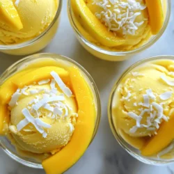 - 3 reife Mangos, geschält und gewürfelt - 3/4 Tasse Kokosmilch - 1/2 Tasse Zucker (je nach Süße der Mangos anpassen) Für das beste Mango Sorbet sind die Hauptzutaten entscheidend. Die Mangos sollten reif sein, damit sie süß und saftig sind. Ich empfehle, die Mangos gut zu prüfen. Ein leichtes Drücken zeigt, ob sie reif sind. Die Kokosmilch sorgt für eine cremige Textur. Sie bringt auch einen leichten, tropischen Geschmack. Der Zucker ist wichtig, um die Süße auszubalancieren. Überprüfen Sie die Süße der Mangos, um den Zuckergehalt anzupassen. - 1 Esslöffel Limettensaft - 1 Teelöffel Vanilleextrakt (optional) - Eine Prise Salz Die Zusatzstoffe geben dem Sorbet eine besondere Note. Limettensaft bringt frische und hebt die Aromen hervor. Vanilleextrakt ist optional, doch er kann das Aroma vertiefen. Eine Prise Salz hilft, die Süße zu verstärken. Diese Zutaten sind einfach, aber sehr wirkungsvoll. Um das volle Aroma zu genießen, verwenden Sie frische Limetten. Für die vollständige Anleitung und die Schritte, um das Mango Sorbet zuzubereiten, schauen Sie sich das Full Recipe an. Es ist einfach und macht Spaß! Gib zuerst alle Zutaten in einen Mixer. Du benötigst 3 reife Mangos, 3/4 Tasse Kokosmilch, 1/2 Tasse Zucker, 1 Esslöffel Limettensaft und eine Prise Salz. Wenn du magst, füge 1 Teelöffel Vanilleextrakt hinzu. Mixe die Mischung bei hoher Geschwindigkeit für 1-2 Minuten. Achte darauf, dass die Mischung schön glatt und cremig wird. Probiere die Mischung und passe die Süße nach Belieben an. Gieße die Mischung in einen gefrierfesten Behälter. Stelle sicher, dass der Behälter groß genug ist. Lass die Mischung für 1 Stunde im Gefrierfach. Nach einer Stunde nimm den Behälter heraus und rühre die Mischung mit einer Gabel um. So brechen wir eventuell entstandene Eiskristalle auf und sorgen für eine bessere Textur. Stelle den Behälter für weitere 2-3 Stunden ins Gefrierfach. Rühre alle 30 Minuten um. Dies hilft, das Sorbet gleichmäßig zu gefrieren. Wenn das Sorbet fest, aber noch gut portionierbar ist, ist es bereit zum Servieren. Lass es vor dem Servieren etwa 5 Minuten bei Raumtemperatur stehen. So kannst du es leichter in Schalen schöpfen. Du findest das vollständige Rezept im Abschnitt Zutaten für Mango Sorbet. Der Zucker kann einfach angepasst werden. Die Süße hängt stark von der Mangosorte ab. Reife Mangos sind süßer und brauchen weniger Zucker. Wenn Sie die Süße erhöhen möchten, probieren Sie Honig oder Agavendicksaft. Diese Alternativen können einen leckeren Geschmack hinzufügen. Um Eiskristalle zu vermeiden, rühren Sie das Sorbet regelmäßig. Nach einer Stunde im Gefrierfach, nehmen Sie es heraus und rühren Sie mit einer Gabel um. Ein Eiscreme-Maker sorgt für eine cremigere Konsistenz. Er mixt die Mischung besser und macht das Sorbet feiner. Halten Sie die Schüsseln kühl, bevor Sie das Sorbet servieren. Dies hilft, die Kälte zu bewahren. Für die Präsentation können Sie frische Mangoscheiben oder geraspelte Kokosnuss verwenden. Diese Garnierungen machen das Dessert noch schöner und leckerer. {{image_4}} Mango Sorbet kann man leicht aufpeppen. Eine tolle Idee ist, Ananas oder Passionsfrucht hinzuzufügen. Diese Früchte bringen frische Aromen und eine tolle Farbe. Du kannst auch verschiedene Milchalternativen ausprobieren. Mandelmilch oder Hafermilch geben einen neuen Geschmack. So wird das Sorbet noch spannender! Wenn du eine leichtere Version möchtest, reduziere den Zucker. So bleibt das Sorbet frisch und fruchtig. Auch frische Minze oder Basilikum können eine gute Wahl sein. Beide Kräuter bringen einen tollen Geschmack. Sie machen das Sorbet besonders erfrischend. Mango Sorbet passt super zu vielen Desserts. Du kannst es mit Kuchen oder Waffeln servieren. Es ist auch lecker als Topping für Pudding oder Parfaits. Die Kombination macht das Essen noch besser. So kannst du dein Sorbet vielseitig nutzen und jeden begeistern! Um dein Mango Sorbet frisch zu halten, solltest du es luftdicht verpacken. Dies hilft, Gefrierbrand zu vermeiden. Ein geeigneter Behälter ist auch wichtig. Verwende einen flachen, gefrierfesten Behälter. So gefriert das Sorbet gleichmäßiger und bleibt cremig. Das Mango Sorbet kann bis zu drei Monate im Gefrierschrank aufbewahrt werden. Achte darauf, das Sorbet regelmäßig zu kontrollieren. Anzeichen für eine Verschlechterung sind Eisbildung oder ein komischer Geruch. Wenn du diese bemerkst, ist es besser, das Sorbet nicht mehr zu essen. Vor dem Servieren solltest du das Sorbet temperieren. Lass es etwa fünf Minuten bei Raumtemperatur stehen. Das macht es leichter, das Sorbet zu schöpfen. Du kannst das Sorbet in kleinen Portionen aufbewahren. So bleibt es frisch und du kannst immer eine Portion genießen. Für das perfekte Erlebnis, serviere das Sorbet in gekühlten Schalen. Garnierungen wie frische Mangoscheiben machen das Dessert noch schöner. Probier auch gerne das [Full Recipe] für noch mehr Spaß beim Kochen! Um Mango Sorbet ohne eine Eismaschine zu machen, brauchen Sie einfach einen Mixer. Mixen Sie die Zutaten gut, bis sie glatt sind. Gießen Sie die Mischung in einen flachen Behälter. Stellen Sie diesen in den Gefrierschrank. Nach einer Stunde nehmen Sie den Behälter heraus und rühren mit einer Gabel um. Dies hilft, Eiskristalle zu brechen. Wiederholen Sie das Rühren alle 30 Minuten für etwa zwei bis drei Stunden. Diese Methode ergibt ein cremiges Sorbet, auch ohne Eismaschine. Die besten Mangos für Sorbet sind die süßesten Sorten. Ich empfehle, Alphonso- oder Haden-Mangos zu wählen. Diese Früchte haben einen vollen, reichen Geschmack. Sie sind auch saftig und süß, was perfekt für Sorbet ist. Achten Sie darauf, reife Mangos zu wählen. Sie sollten leicht auf Druck geben und gut riechen. Je süßer die Mango, desto weniger Zucker brauchen Sie im Rezept. Ja, Sie können das Rezept vegan gestalten! Ersetzen Sie die Kokosmilch durch eine andere Pflanzenmilch, wie Mandel- oder Hafermilch. Auch der Zucker kann durch Agavendicksaft oder Kokoszucker ersetzt werden. Diese Optionen sind pflanzlich und machen das Sorbet weiterhin lecker. Achten Sie darauf, die Konsistenz zu prüfen, da verschiedene Milcharten variieren können. Das Rezept bleibt einfach und köstlich, auch vegan. Wenn Sie mehr über die Zutaten erfahren möchten, schauen Sie sich das Full Recipe an. Mango Sorbet ist frisch und lecker. Du hast gelernt, wie man es zubereitet. Mit wenigen Zutaten und einfachen Schritten erstellst du ein tolles Dessert. Egal, ob du es süßer machst oder mit anderen Früchten variierst, die Optionen sind viele. Achte auf die Lagerung, damit es frisch bleibt. Probiere es aus und genieße den Geschmack des Sommers das ganze Jahr über. Mach dein eigenes Sorbet und überrasche deine Freunde!