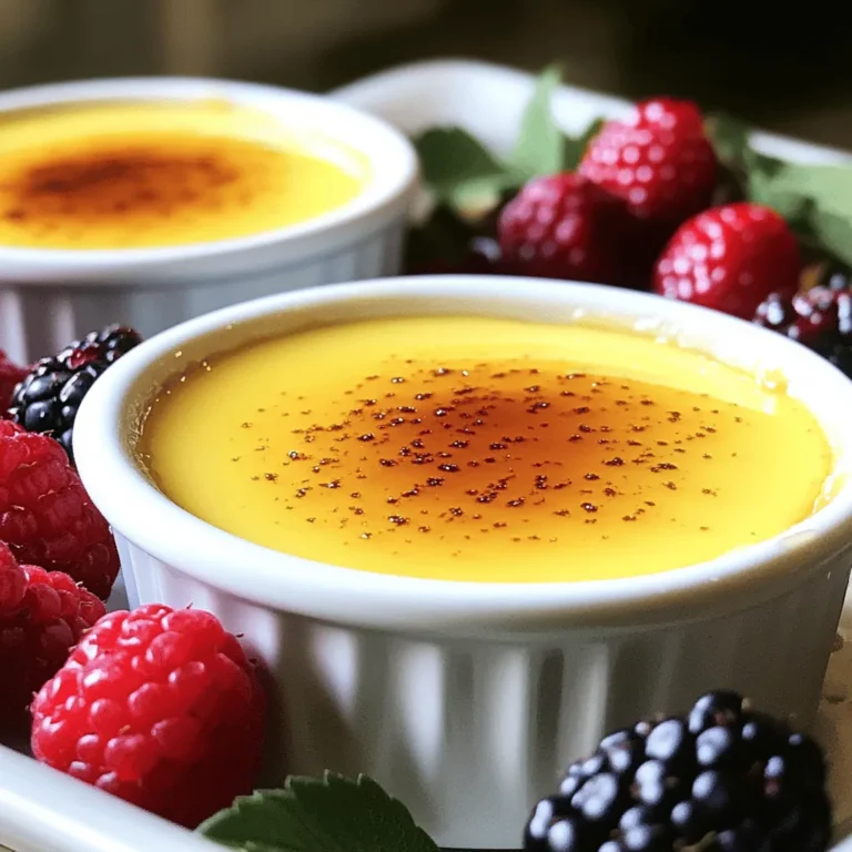 Um die perfekte Crème Brûlée zuzubereiten, benötigen Sie folgende Zutaten: - 500 ml Schlagsahne - 120 ml Vollmilch - 1 Vanilleschote (oder 2 Teelöffel Vanilleextrakt) - 4 große Eigelbe - 100 g Kristallzucker (+ zusätzlicher Zucker zum Karamellisieren) - Eine Prise Salz - Frische Beeren (zur Garnierung) Die Qualität der Zutaten ist entscheidend. Verwenden Sie frische, hochwertige Sahne und Milch. Achten Sie darauf, dass die Vanilleschote aromatisch riecht. Frische Eier sind wichtig für die Textur. Guter Zucker sorgt für einen schönen Karamell. Wenn die Zutaten frisch sind, wird der Geschmack besser. Falls Sie keine Vanilleschote haben, verwenden Sie Vanilleextrakt. Für eine leichtere Version können Sie fettarme Milch nutzen. Anstelle von frischen Beeren können Sie auch gehackte Nüsse oder Schokoladensplitter als Garnitur verwenden. Diese Alternativen bieten neue Geschmackserlebnisse und passen gut zur Crème Brûlée. Zuerst sammeln wir alle Zutaten. Das macht die Zubereitung einfacher. Sie benötigen: - 500 ml Schlagsahne - 120 ml Vollmilch - 1 Vanilleschote (oder 2 Teelöffel Vanilleextrakt) - 4 große Eigelbe - 100 g Kristallzucker (+ zusätzlicher Zucker zum Karamellisieren) - Eine Prise Salz - Frische Beeren (zur Garnierung) Stellen Sie sicher, dass alle Zutaten frisch sind. Frische Zutaten sorgen für den besten Geschmack. Vor allem die Vanille macht einen großen Unterschied. Beginnen Sie, indem Sie den Ofen auf 163 °C vorheizen. In einem Topf geben Sie die Schlagsahne, die Vollmilch und die ausgekratzten Samen der Vanilleschote. Wenn Sie Vanilleextrakt nutzen, fügen Sie diesen hinzu. Erhitzen Sie die Mischung auf mittlerer Hitze, bis sie fast kocht. Nehmen Sie sie dann vom Herd und lassen Sie die Vanille etwa 15 Minuten ziehen. In einer Schüssel verquirlen Sie die Eigelbe, den Kristallzucker und eine Prise Salz. Mischen Sie alles gut, bis die Masse hell aussieht. Gießen Sie dann langsam die warme Sahnemischung dazu. Rühren Sie dabei ständig, damit die Eier nicht gerinnen. Um eine glatte Creme zu bekommen, seihen Sie die Mischung durch ein feines Sieb in einen großen Messbecher. Verteilen Sie die Creme gleichmäßig auf die Ramekins. Stellen Sie diese in eine Auflaufform. Füllen Sie die Auflaufform mit warmem Wasser, sodass die Ränder der Ramekins bis zur Hälfte im Wasser stehen. Backen Sie die Crème Brûlée für 30 bis 35 Minuten. Die Masse sollte fest sein, aber in der Mitte noch wackeln. Nehmen Sie die Ramekins aus dem Wasserbad und lassen Sie sie auf Raumtemperatur abkühlen. Stellen Sie sie für mindestens 4 Stunden in den Kühlschrank. Nach dem Kühlen streuen Sie eine dünne Schicht Kristallzucker auf jede Creme. Verwenden Sie einen Küchentorch, um den Zucker zu karamelisieren, bis er goldbraun wird. Alternativ können Sie die Ramekins einige Minuten unter den Grill im Ofen stellen. Achten Sie gut darauf, damit der Zucker nicht verbrennt. Lassen Sie den Zucker abkühlen, bevor Sie die Crème Brûlée servieren. Garnieren Sie mit frischen Beeren, um einen schönen Farbkontrast zu schaffen. Jetzt können Sie die köstliche Crème Brûlée genießen! Für das vollständige Rezept schauen Sie sich die Full Recipe an. Um die perfekte Crème Brûlée zu erreichen, ist die Konsistenz wichtig. Hier sind meine besten Tipps: - Eier und Sahne gut mischen: Rühren Sie die Eier langsam in die Sahne. So verhindern Sie Klumpen. - Sieben Sie die Mischung: Das Sieben entfernt Klumpen und sorgt für eine glatte Creme. - Wassertemperatur: Das Wasserbad muss warm sein. Das hilft beim gleichmäßigen Garen. Manchmal klappt es nicht gleich beim ersten Mal. Hier sind häufige Probleme und Lösungen: - Zu fest oder zu weich: Wenn die Creme zu fest ist, backen Sie sie kürzer. Ist sie zu weich, backen Sie sie länger. - Karamell brennt an: Halten Sie den Brenner in Bewegung. So vermeiden Sie, dass der Zucker verbrennt. - Luftblasen: Vermeiden Sie zu schnelles Rühren. Luftblasen können die Oberfläche ruinieren. Karamellisieren ist ein wichtiger Schritt. Hier sind die besten Techniken: - Zucker gleichmäßig verteilen: Streuen Sie eine dünne Schicht Zucker auf die Creme. So wird das Karamell gleichmäßig. - Brenner benutzen: Halten Sie den Brenner etwa 5-10 cm über der Creme. Bewegen Sie ihn ständig, um eine gleichmäßige Farbe zu erreichen. - Ofen-Grill: Wenn Sie den Grill verwenden, passen Sie genau auf. Es kann schnell brennen. Diese Tipps helfen Ihnen, eine perfekte Crème Brûlée zu zaubern. Für das vollständige Rezept schauen Sie sich die Full Recipe an! {{image_4}} Die klassische Crème Brûlée hat ihren eigenen Zauber. Aber ich liebe es, sie mit neuen Aromen zu spielen. Vanille ist der Favorit vieler Menschen. Der Geschmack ist reichhaltig und warm. Schokolade bringt eine süße Tiefe. Verwende hochwertige Zartbitterschokolade für das beste Ergebnis. Zitrusfrüchte sorgen für frische und Leichtigkeit. Ich empfehle, die Schale von Zitronen oder Orangen hinzuzufügen. Diese Aromen machen jedes Dessert besonders. Saisonale Zutaten machen die Crème Brûlée aufregend. Im Sommer fügen frische Beeren eine saftige Note hinzu. Himbeeren und Erdbeeren sind großartige Optionen. Im Herbst passen Zimt und Muskatnuss perfekt. Diese Gewürze verleihen der Creme Wärme. Auch Kürbis kann eine interessante Note bringen. Es ist eine wunderbare Idee, die Speisen nach der Saison zu gestalten. So bleibt die Freude am Essen immer frisch. Für Veganer gibt es tolle Alternativen. Verwende Kokosmilch oder Mandelmilch, um die Creme zu ersetzen. Diese pflanzlichen Optionen sind reichhaltig und lecker. Anstelle von Eiern kannst du Seidentofu verwenden. Mixe alles gut, um die richtige Konsistenz zu erreichen. Für laktosefreie Varianten ist Hafermilch eine gute Wahl. Achte darauf, dass der Zucker vegan ist. So bleibt das Dessert für alle zugänglich. Das macht die Crème Brûlée zu einem Genuss für jeden. Wenn du mehr über die Zubereitung erfahren möchtest, schau dir das [Full Recipe] an. Wenn Sie Crème Brûlée übrig haben, bewahren Sie sie gut auf. Decken Sie die Ramekins mit Frischhaltefolie ab. Dies schützt die Creme vor Gerüchen im Kühlschrank. Lagern Sie die Ramekins im Kühlschrank. So bleibt die Creme frisch und lecker. Die Haltbarkeit von Crème Brûlée beträgt etwa drei Tage im Kühlschrank. Nach dieser Zeit kann der Geschmack nachlassen. Achten Sie darauf, die Creme nicht zu lange zu lagern. Wenn die Oberfläche weich oder feucht aussieht, sollten Sie sie besser nicht essen. Die Crème Brûlée sollte nicht erhitzt werden. Die Hitze kann die Textur ruinieren. Servieren Sie die Creme kalt aus dem Kühlschrank. Wenn Sie mehr Farbe möchten, karamellisieren Sie den Zucker direkt vor dem Servieren. Genießen Sie die Crème Brûlée mit frischen Beeren für einen tollen Geschmack. Das Rezept für die perfekte Crème Brûlée finden Sie in der [Full Recipe]. Die Crème Brûlée muss mindestens 4 Stunden kühlen. Am besten ist es, sie über Nacht im Kühlschrank zu lassen. So wird die Creme fest und der Geschmack intensiviert sich. Wenn Sie es eilig haben, versuchen Sie, die Creme für 4 Stunden in den Kühlschrank zu stellen. Aber wirklich, länger ist besser! Es gibt einige Gründe, warum Ihre Crème Brûlée nicht fest wird. Möglicherweise haben Sie die Mischung zu lange gebacken. Die Creme sollte in der Mitte leicht wackelig sein. Wenn Sie die Temperatur beim Backen zu hoch eingestellt haben, kann das auch zu einer weichen Konsistenz führen. Ein weiterer Grund kann sein, dass Sie die Eier nicht gut mit der Sahne vermischt haben. Achten Sie darauf, langsam zu gießen und gut zu rühren. Ja, Sie können Crème Brûlée im Voraus machen! Diese Nachspeise ist perfekt für die Planung. Bereiten Sie sie einfach einen Tag vorher zu und kühlen Sie sie. Vor dem Servieren müssen Sie nur noch den Zucker karamellisieren. Das spart Zeit und macht den Genuss noch einfacher. Wenn Sie Gäste haben, wird das sicher Eindruck machen! Diese Anleitung zur Crème Brûlée deckt alles ab, was Sie brauchen. Wir schauten uns die Zutaten an und wie wichtig deren Qualität ist. Ich gab Ihnen minutenlange Tipps zur Zubereitung, Karamellisierung und Fehlervermeidung. Außerdem fanden wir leckere Variationen und bewahrten die Reste richtig auf. Kochen macht Spaß. Probieren Sie verschiedene Aromen. Genießen Sie die perfekte Crème Brûlée jeden Tag!