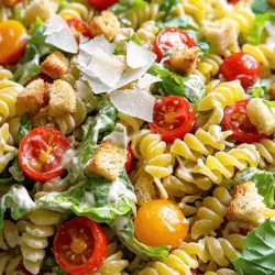 Für diesen Salat benötigen Sie folgende Zutaten: - 225 g Rotini-Pasta - 240 ml Kirschtomaten, halbiert - 240 ml Romaine-Salat, grob gehackt - 120 ml gehobelter Parmesan-Käse - 120 ml Croutons - 60 ml Caesar-Dressing (gekauft oder selbstgemacht) - 30 ml griechischer Joghurt (für zusätzliche Cremigkeit) - 1 Knoblauchzehe, fein gehackt - Salz und Pfeffer nach Geschmack - Optional: frische Basilikumblätter zur Garnierung Diese Zutaten machen den Salat frisch und lecker. Die Kombination aus Pasta, Gemüse und Dressing sorgt für ein ausgewogenes Gericht. Sie können einige Zutaten austauschen, um neue Geschmäcker zu entdecken: - Verwenden Sie Fusilli oder Penne statt Rotini. - Fügen Sie gegrilltes Hähnchen oder Garnelen für mehr Protein hinzu. - Ersetzen Sie Kirschtomaten durch Paprika oder Avocado für eine andere Textur. - Für eine vegane Option, verwenden Sie pflanzliches Joghurt und veganen Parmesan. Diese Alternativen machen Ihren Salat einzigartig und anpassbar an Ihre Vorlieben. Eine Portion des cremigen Caesar Pasta Salats hat folgende Nährwerte: - Kalorien: ca. 350 - Protein: 12 g - Kohlenhydrate: 40 g - Fett: 18 g Diese Nährwerte bieten eine gute Balance und machen den Salat zu einer schmackhaften Wahl. Für das vollständige Rezept, schauen Sie sich den Full Recipe an. Zuerst koche ich die Rotini-Pasta. Ich befolge die Anweisungen auf der Verpackung. Es ist wichtig, dass die Pasta al dente bleibt. Das bedeutet, sie sollte bissfest sein. Nach dem Kochen gieße ich die Pasta ab. Ich spüle sie mit kaltem Wasser, um das Kochen zu stoppen. Nun ist die Pasta bereit. Ich stelle sie zur Seite, während ich die anderen Zutaten vorbereite. Jetzt mache ich das Dressing. In einer kleinen Schüssel verquirle ich das Caesar-Dressing und den griechischen Joghurt. Diese beiden Zutaten machen den Salat cremig. Dann füge ich die fein gehackte Knoblauchzehe hinzu. Ich würze das Dressing mit Salz und Pfeffer. Es ist wichtig, die richtige Menge zu finden. Ich rühre alles gut um, bis die Mischung glatt ist. Jetzt setze ich den Salat zusammen. In einer großen Schüssel gebe ich die gekochte Pasta. Dann füge ich die halbierten Kirschtomaten und den grob gehackten Romaine-Salat hinzu. Ich gieße das Dressing über die Zutaten. Dann mische ich alles vorsichtig. Es ist wichtig, dass alles gut bedeckt ist. Zum Schluss hebe ich den gehobelten Parmesan-Käse und die Croutons unter. Ich probiere den Salat und passe die Würze nach Bedarf an. Um die Aromen zu verstärken, lasse ich den Salat 30 Minuten im Kühlschrank ruhen. Vor dem Servieren rühre ich ihn noch einmal um. So wird der Cremige Caesar Pasta Salat frisch und lecker. Für das gesamte Rezept schau dir den Full Recipe an. Um Ihren cremigen Caesar Pasta Salat besonders reichhaltig zu machen, fügen Sie griechischen Joghurt hinzu. Er gibt dem Salat eine tolle Textur und Geschmack. Verwenden Sie auch frisches Caesar-Dressing. Ein gutes Dressing macht den Unterschied. Mischen Sie bei der Zubereitung alles gut, damit sich die Aromen verbinden. Ein häufiger Fehler ist, die Pasta zu lange zu kochen. Achten Sie darauf, sie al dente zu garen. Wenn die Pasta matschig wird, verliert sie ihre Struktur. Ein weiterer Fehler ist das Würzen. Probieren Sie den Salat vor dem Servieren. So können Sie das Salz und den Pfeffer anpassen. Wenn der Salat zu trocken wirkt, fügen Sie mehr Dressing oder Joghurt hinzu. Für eine ansprechende Präsentation, garnieren Sie den Salat mit frischen Basilikumblättern. Das bringt Farbe und Frische. Servieren Sie den Salat in einer großen Schüssel. So sieht er einladend aus. Achten Sie darauf, die Croutons erst kurz vor dem Servieren hinzuzufügen. So bleiben sie knusprig. Wenn Sie den Salat in Portionen anrichten, verwenden Sie einen großen Löffel. Das macht das Servieren einfacher und sieht gut aus. {{image_4}} Um einen veganen Cremigen Caesar Pasta Salat zu machen, tauschen Sie den Käse und das Dressing aus. Verwenden Sie vegane Alternativen, wie Cashew-Käse oder Hefeflocken. Für das Dressing können Sie pflanzliche Mayo und Zitronensaft mischen. Fügen Sie etwas Senf hinzu, um den Geschmack zu verbessern. Diese Änderungen machen den Salat lecker und schonend für die Umwelt. Um den Geschmack zu intensivieren, können Sie einige zusätzliche Zutaten hinzufügen. Gegrillte Hähnchenstücke passen gut dazu. Auch gebratene Pilze verleihen dem Salat eine herzhaftere Note. Für etwas Schärfe können Sie gewürfelte Peperoni oder Jalapeños verwenden. Diese Zutaten machen Ihren Cremigen Caesar Pasta Salat aufregend und einzigartig. Passen Sie den Salat an die Jahreszeit an. Im Sommer sind frische Kräuter wie Basilikum und Schnittlauch ideal. Diese Kräuter bringen frische Aromen in den Salat. Im Winter können Sie geröstetes Gemüse wie Kürbis oder Rosenkohl hinzufügen. Diese saisonalen Zutaten machen den Salat nicht nur schmackhaft, sondern auch bunt und einladend. Für das vollständige Rezept, schauen Sie sich den [Full Recipe] an. Um den cremigen Caesar Pasta Salat richtig zu lagern, nutzen Sie einen luftdichten Behälter. Füllen Sie den Salat vorsichtig hinein. Stellen Sie sicher, dass keine Luft im Behälter bleibt. Das hilft, die Frische zu bewahren. Lagern Sie ihn dann im Kühlschrank. Achten Sie darauf, den Salat nicht mit heißen Lebensmitteln zu mischen. Hitze kann die Textur und den Geschmack verändern. Der Salat hält sich gut im Kühlschrank. Er bleibt frisch für etwa drei bis vier Tage. Überprüfen Sie vor dem Essen immer den Geruch und das Aussehen. Wenn der Salat unangenehm riecht oder die Farbe sich ändert, werfen Sie ihn weg. Es ist besser, auf Nummer sicher zu gehen. Wenn Sie Reste haben, gibt es viele Möglichkeiten, diese zu nutzen. Fügen Sie den Salat zu einer Wrap-Füllung hinzu. Er passt gut zu gegrilltem Hähnchen oder Fisch. Sie können auch die Reste in einem Omelett verwenden. Die Kombination aus Pasta und Ei ergibt ein leckeres Frühstück. Nutzen Sie Reste kreativ, um keine Lebensmittel zu verschwenden. Du kannst den Salat bis zu drei Tage im Kühlschrank lagern. Achte darauf, ihn in einem luftdichten Behälter zu verstauen. So bleibt der Salat frisch und lecker. Nach ein paar Tagen kann die Pasta weich werden. Um das zu vermeiden, serviere ihn lieber frisch. Ja, du kannst das Dressing bis zu einer Woche im Voraus machen. Bewahre es in einem luftdichten Behälter im Kühlschrank auf. Das gibt dem Dressing Zeit, die Aromen gut zu entwickeln. Rühre es vor der Verwendung gut durch. Es kann sich etwas absetzen, das ist normal. Dieser Salat passt toll zu vielen Gerichten. Du kannst ihn mit gegrilltem Hähnchen oder Garnelen servieren. Auch ein Stück frisches Baguette ist eine gute Wahl. Wenn du es einfach magst, ist er auch allein ein tolles Gericht. Für eine bunte Note füge einen leichten Obstsalat hinzu. Der Cremige Caesar Pasta Salat ist einfach und lecker. Wir haben die Hauptzutaten und Alternativen durchgenommen. Ich habe Schritt-für-Schritt gezeigt, wie man ihn zubereitet. Tipps sorgen für die beste Konsistenz und Präsentation. Variationen ermöglichen, dass jeder Spaß daran hat. Lagertipps helfen, den Salat frisch zu halten. Hoffentlich probierst du dieses Rezept bald aus und genießt es!