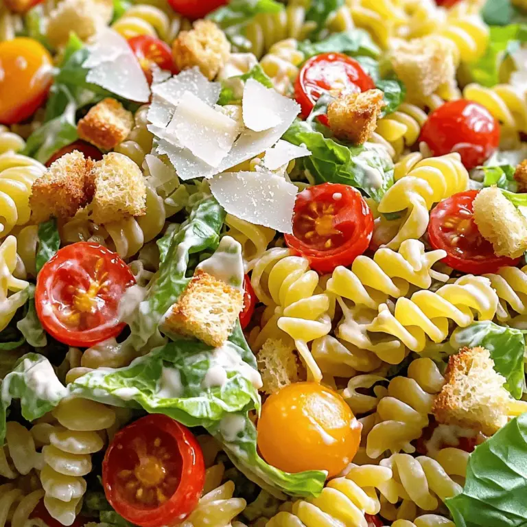 Für diesen Salat benötigen Sie folgende Zutaten: - 225 g Rotini-Pasta - 240 ml Kirschtomaten, halbiert - 240 ml Romaine-Salat, grob gehackt - 120 ml gehobelter Parmesan-Käse - 120 ml Croutons - 60 ml Caesar-Dressing (gekauft oder selbstgemacht) - 30 ml griechischer Joghurt (für zusätzliche Cremigkeit) - 1 Knoblauchzehe, fein gehackt - Salz und Pfeffer nach Geschmack - Optional: frische Basilikumblätter zur Garnierung Diese Zutaten machen den Salat frisch und lecker. Die Kombination aus Pasta, Gemüse und Dressing sorgt für ein ausgewogenes Gericht. Sie können einige Zutaten austauschen, um neue Geschmäcker zu entdecken: - Verwenden Sie Fusilli oder Penne statt Rotini. - Fügen Sie gegrilltes Hähnchen oder Garnelen für mehr Protein hinzu. - Ersetzen Sie Kirschtomaten durch Paprika oder Avocado für eine andere Textur. - Für eine vegane Option, verwenden Sie pflanzliches Joghurt und veganen Parmesan. Diese Alternativen machen Ihren Salat einzigartig und anpassbar an Ihre Vorlieben. Eine Portion des cremigen Caesar Pasta Salats hat folgende Nährwerte: - Kalorien: ca. 350 - Protein: 12 g - Kohlenhydrate: 40 g - Fett: 18 g Diese Nährwerte bieten eine gute Balance und machen den Salat zu einer schmackhaften Wahl. Für das vollständige Rezept, schauen Sie sich den Full Recipe an. Zuerst koche ich die Rotini-Pasta. Ich befolge die Anweisungen auf der Verpackung. Es ist wichtig, dass die Pasta al dente bleibt. Das bedeutet, sie sollte bissfest sein. Nach dem Kochen gieße ich die Pasta ab. Ich spüle sie mit kaltem Wasser, um das Kochen zu stoppen. Nun ist die Pasta bereit. Ich stelle sie zur Seite, während ich die anderen Zutaten vorbereite. Jetzt mache ich das Dressing. In einer kleinen Schüssel verquirle ich das Caesar-Dressing und den griechischen Joghurt. Diese beiden Zutaten machen den Salat cremig. Dann füge ich die fein gehackte Knoblauchzehe hinzu. Ich würze das Dressing mit Salz und Pfeffer. Es ist wichtig, die richtige Menge zu finden. Ich rühre alles gut um, bis die Mischung glatt ist. Jetzt setze ich den Salat zusammen. In einer großen Schüssel gebe ich die gekochte Pasta. Dann füge ich die halbierten Kirschtomaten und den grob gehackten Romaine-Salat hinzu. Ich gieße das Dressing über die Zutaten. Dann mische ich alles vorsichtig. Es ist wichtig, dass alles gut bedeckt ist. Zum Schluss hebe ich den gehobelten Parmesan-Käse und die Croutons unter. Ich probiere den Salat und passe die Würze nach Bedarf an. Um die Aromen zu verstärken, lasse ich den Salat 30 Minuten im Kühlschrank ruhen. Vor dem Servieren rühre ich ihn noch einmal um. So wird der Cremige Caesar Pasta Salat frisch und lecker. Für das gesamte Rezept schau dir den Full Recipe an. Um Ihren cremigen Caesar Pasta Salat besonders reichhaltig zu machen, fügen Sie griechischen Joghurt hinzu. Er gibt dem Salat eine tolle Textur und Geschmack. Verwenden Sie auch frisches Caesar-Dressing. Ein gutes Dressing macht den Unterschied. Mischen Sie bei der Zubereitung alles gut, damit sich die Aromen verbinden. Ein häufiger Fehler ist, die Pasta zu lange zu kochen. Achten Sie darauf, sie al dente zu garen. Wenn die Pasta matschig wird, verliert sie ihre Struktur. Ein weiterer Fehler ist das Würzen. Probieren Sie den Salat vor dem Servieren. So können Sie das Salz und den Pfeffer anpassen. Wenn der Salat zu trocken wirkt, fügen Sie mehr Dressing oder Joghurt hinzu. Für eine ansprechende Präsentation, garnieren Sie den Salat mit frischen Basilikumblättern. Das bringt Farbe und Frische. Servieren Sie den Salat in einer großen Schüssel. So sieht er einladend aus. Achten Sie darauf, die Croutons erst kurz vor dem Servieren hinzuzufügen. So bleiben sie knusprig. Wenn Sie den Salat in Portionen anrichten, verwenden Sie einen großen Löffel. Das macht das Servieren einfacher und sieht gut aus. {{image_4}} Um einen veganen Cremigen Caesar Pasta Salat zu machen, tauschen Sie den Käse und das Dressing aus. Verwenden Sie vegane Alternativen, wie Cashew-Käse oder Hefeflocken. Für das Dressing können Sie pflanzliche Mayo und Zitronensaft mischen. Fügen Sie etwas Senf hinzu, um den Geschmack zu verbessern. Diese Änderungen machen den Salat lecker und schonend für die Umwelt. Um den Geschmack zu intensivieren, können Sie einige zusätzliche Zutaten hinzufügen. Gegrillte Hähnchenstücke passen gut dazu. Auch gebratene Pilze verleihen dem Salat eine herzhaftere Note. Für etwas Schärfe können Sie gewürfelte Peperoni oder Jalapeños verwenden. Diese Zutaten machen Ihren Cremigen Caesar Pasta Salat aufregend und einzigartig. Passen Sie den Salat an die Jahreszeit an. Im Sommer sind frische Kräuter wie Basilikum und Schnittlauch ideal. Diese Kräuter bringen frische Aromen in den Salat. Im Winter können Sie geröstetes Gemüse wie Kürbis oder Rosenkohl hinzufügen. Diese saisonalen Zutaten machen den Salat nicht nur schmackhaft, sondern auch bunt und einladend. Für das vollständige Rezept, schauen Sie sich den [Full Recipe] an. Um den cremigen Caesar Pasta Salat richtig zu lagern, nutzen Sie einen luftdichten Behälter. Füllen Sie den Salat vorsichtig hinein. Stellen Sie sicher, dass keine Luft im Behälter bleibt. Das hilft, die Frische zu bewahren. Lagern Sie ihn dann im Kühlschrank. Achten Sie darauf, den Salat nicht mit heißen Lebensmitteln zu mischen. Hitze kann die Textur und den Geschmack verändern. Der Salat hält sich gut im Kühlschrank. Er bleibt frisch für etwa drei bis vier Tage. Überprüfen Sie vor dem Essen immer den Geruch und das Aussehen. Wenn der Salat unangenehm riecht oder die Farbe sich ändert, werfen Sie ihn weg. Es ist besser, auf Nummer sicher zu gehen. Wenn Sie Reste haben, gibt es viele Möglichkeiten, diese zu nutzen. Fügen Sie den Salat zu einer Wrap-Füllung hinzu. Er passt gut zu gegrilltem Hähnchen oder Fisch. Sie können auch die Reste in einem Omelett verwenden. Die Kombination aus Pasta und Ei ergibt ein leckeres Frühstück. Nutzen Sie Reste kreativ, um keine Lebensmittel zu verschwenden. Du kannst den Salat bis zu drei Tage im Kühlschrank lagern. Achte darauf, ihn in einem luftdichten Behälter zu verstauen. So bleibt der Salat frisch und lecker. Nach ein paar Tagen kann die Pasta weich werden. Um das zu vermeiden, serviere ihn lieber frisch. Ja, du kannst das Dressing bis zu einer Woche im Voraus machen. Bewahre es in einem luftdichten Behälter im Kühlschrank auf. Das gibt dem Dressing Zeit, die Aromen gut zu entwickeln. Rühre es vor der Verwendung gut durch. Es kann sich etwas absetzen, das ist normal. Dieser Salat passt toll zu vielen Gerichten. Du kannst ihn mit gegrilltem Hähnchen oder Garnelen servieren. Auch ein Stück frisches Baguette ist eine gute Wahl. Wenn du es einfach magst, ist er auch allein ein tolles Gericht. Für eine bunte Note füge einen leichten Obstsalat hinzu. Der Cremige Caesar Pasta Salat ist einfach und lecker. Wir haben die Hauptzutaten und Alternativen durchgenommen. Ich habe Schritt-für-Schritt gezeigt, wie man ihn zubereitet. Tipps sorgen für die beste Konsistenz und Präsentation. Variationen ermöglichen, dass jeder Spaß daran hat. Lagertipps helfen, den Salat frisch zu halten. Hoffentlich probierst du dieses Rezept bald aus und genießt es!