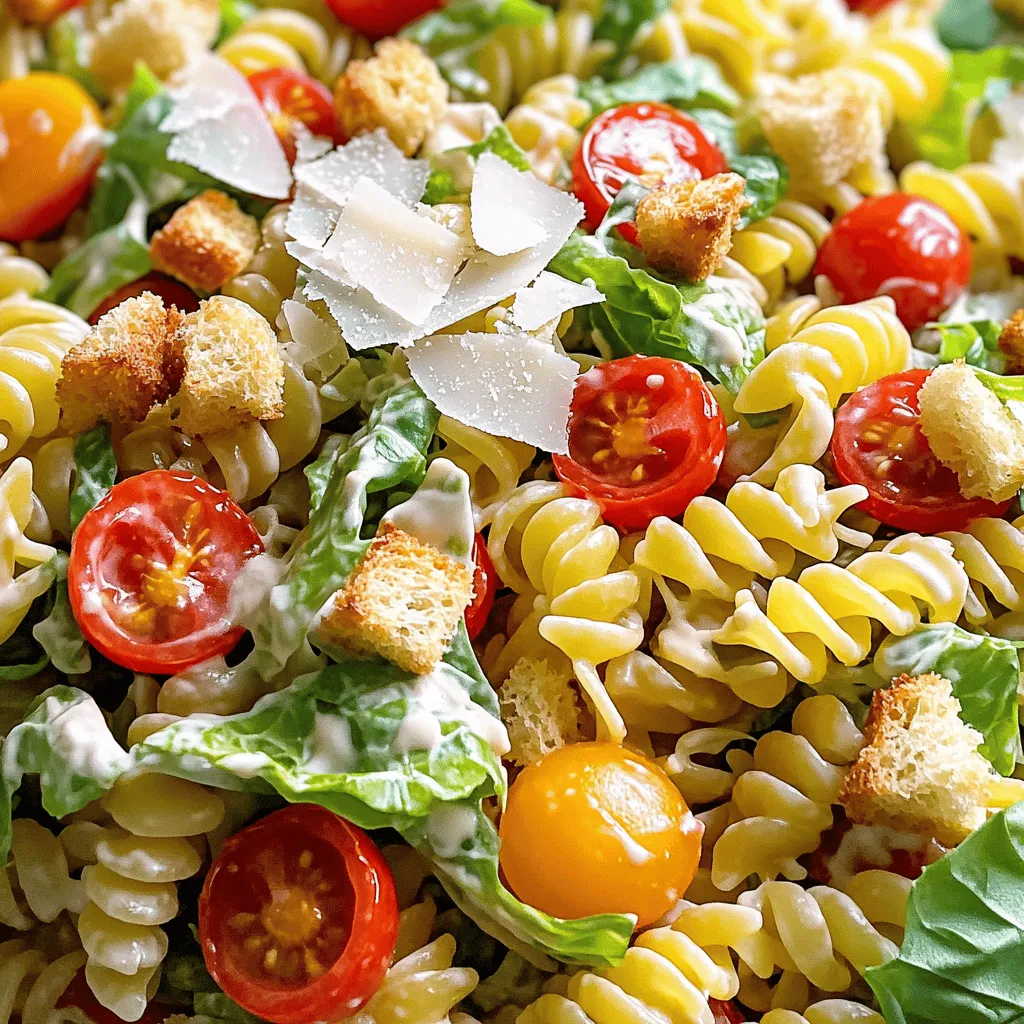 Für diesen Salat benötigen Sie folgende Zutaten: - 225 g Rotini-Pasta - 240 ml Kirschtomaten, halbiert - 240 ml Romaine-Salat, grob gehackt - 120 ml gehobelter Parmesan-Käse - 120 ml Croutons - 60 ml Caesar-Dressing (gekauft oder selbstgemacht) - 30 ml griechischer Joghurt (für zusätzliche Cremigkeit) - 1 Knoblauchzehe, fein gehackt - Salz und Pfeffer nach Geschmack - Optional: frische Basilikumblätter zur Garnierung Diese Zutaten machen den Salat frisch und lecker. Die Kombination aus Pasta, Gemüse und Dressing sorgt für ein ausgewogenes Gericht. Sie können einige Zutaten austauschen, um neue Geschmäcker zu entdecken: - Verwenden Sie Fusilli oder Penne statt Rotini. - Fügen Sie gegrilltes Hähnchen oder Garnelen für mehr Protein hinzu. - Ersetzen Sie Kirschtomaten durch Paprika oder Avocado für eine andere Textur. - Für eine vegane Option, verwenden Sie pflanzliches Joghurt und veganen Parmesan. Diese Alternativen machen Ihren Salat einzigartig und anpassbar an Ihre Vorlieben. Eine Portion des cremigen Caesar Pasta Salats hat folgende Nährwerte: - Kalorien: ca. 350 - Protein: 12 g - Kohlenhydrate: 40 g - Fett: 18 g Diese Nährwerte bieten eine gute Balance und machen den Salat zu einer schmackhaften Wahl. Für das vollständige Rezept, schauen Sie sich den Full Recipe an. Zuerst koche ich die Rotini-Pasta. Ich befolge die Anweisungen auf der Verpackung. Es ist wichtig, dass die Pasta al dente bleibt. Das bedeutet, sie sollte bissfest sein. Nach dem Kochen gieße ich die Pasta ab. Ich spüle sie mit kaltem Wasser, um das Kochen zu stoppen. Nun ist die Pasta bereit. Ich stelle sie zur Seite, während ich die anderen Zutaten vorbereite. Jetzt mache ich das Dressing. In einer kleinen Schüssel verquirle ich das Caesar-Dressing und den griechischen Joghurt. Diese beiden Zutaten machen den Salat cremig. Dann füge ich die fein gehackte Knoblauchzehe hinzu. Ich würze das Dressing mit Salz und Pfeffer. Es ist wichtig, die richtige Menge zu finden. Ich rühre alles gut um, bis die Mischung glatt ist. Jetzt setze ich den Salat zusammen. In einer großen Schüssel gebe ich die gekochte Pasta. Dann füge ich die halbierten Kirschtomaten und den grob gehackten Romaine-Salat hinzu. Ich gieße das Dressing über die Zutaten. Dann mische ich alles vorsichtig. Es ist wichtig, dass alles gut bedeckt ist. Zum Schluss hebe ich den gehobelten Parmesan-Käse und die Croutons unter. Ich probiere den Salat und passe die Würze nach Bedarf an. Um die Aromen zu verstärken, lasse ich den Salat 30 Minuten im Kühlschrank ruhen. Vor dem Servieren rühre ich ihn noch einmal um. So wird der Cremige Caesar Pasta Salat frisch und lecker. Für das gesamte Rezept schau dir den Full Recipe an. Um Ihren cremigen Caesar Pasta Salat besonders reichhaltig zu machen, fügen Sie griechischen Joghurt hinzu. Er gibt dem Salat eine tolle Textur und Geschmack. Verwenden Sie auch frisches Caesar-Dressing. Ein gutes Dressing macht den Unterschied. Mischen Sie bei der Zubereitung alles gut, damit sich die Aromen verbinden. Ein häufiger Fehler ist, die Pasta zu lange zu kochen. Achten Sie darauf, sie al dente zu garen. Wenn die Pasta matschig wird, verliert sie ihre Struktur. Ein weiterer Fehler ist das Würzen. Probieren Sie den Salat vor dem Servieren. So können Sie das Salz und den Pfeffer anpassen. Wenn der Salat zu trocken wirkt, fügen Sie mehr Dressing oder Joghurt hinzu. Für eine ansprechende Präsentation, garnieren Sie den Salat mit frischen Basilikumblättern. Das bringt Farbe und Frische. Servieren Sie den Salat in einer großen Schüssel. So sieht er einladend aus. Achten Sie darauf, die Croutons erst kurz vor dem Servieren hinzuzufügen. So bleiben sie knusprig. Wenn Sie den Salat in Portionen anrichten, verwenden Sie einen großen Löffel. Das macht das Servieren einfacher und sieht gut aus. {{image_4}} Um einen veganen Cremigen Caesar Pasta Salat zu machen, tauschen Sie den Käse und das Dressing aus. Verwenden Sie vegane Alternativen, wie Cashew-Käse oder Hefeflocken. Für das Dressing können Sie pflanzliche Mayo und Zitronensaft mischen. Fügen Sie etwas Senf hinzu, um den Geschmack zu verbessern. Diese Änderungen machen den Salat lecker und schonend für die Umwelt. Um den Geschmack zu intensivieren, können Sie einige zusätzliche Zutaten hinzufügen. Gegrillte Hähnchenstücke passen gut dazu. Auch gebratene Pilze verleihen dem Salat eine herzhaftere Note. Für etwas Schärfe können Sie gewürfelte Peperoni oder Jalapeños verwenden. Diese Zutaten machen Ihren Cremigen Caesar Pasta Salat aufregend und einzigartig. Passen Sie den Salat an die Jahreszeit an. Im Sommer sind frische Kräuter wie Basilikum und Schnittlauch ideal. Diese Kräuter bringen frische Aromen in den Salat. Im Winter können Sie geröstetes Gemüse wie Kürbis oder Rosenkohl hinzufügen. Diese saisonalen Zutaten machen den Salat nicht nur schmackhaft, sondern auch bunt und einladend. Für das vollständige Rezept, schauen Sie sich den [Full Recipe] an. Um den cremigen Caesar Pasta Salat richtig zu lagern, nutzen Sie einen luftdichten Behälter. Füllen Sie den Salat vorsichtig hinein. Stellen Sie sicher, dass keine Luft im Behälter bleibt. Das hilft, die Frische zu bewahren. Lagern Sie ihn dann im Kühlschrank. Achten Sie darauf, den Salat nicht mit heißen Lebensmitteln zu mischen. Hitze kann die Textur und den Geschmack verändern. Der Salat hält sich gut im Kühlschrank. Er bleibt frisch für etwa drei bis vier Tage. Überprüfen Sie vor dem Essen immer den Geruch und das Aussehen. Wenn der Salat unangenehm riecht oder die Farbe sich ändert, werfen Sie ihn weg. Es ist besser, auf Nummer sicher zu gehen. Wenn Sie Reste haben, gibt es viele Möglichkeiten, diese zu nutzen. Fügen Sie den Salat zu einer Wrap-Füllung hinzu. Er passt gut zu gegrilltem Hähnchen oder Fisch. Sie können auch die Reste in einem Omelett verwenden. Die Kombination aus Pasta und Ei ergibt ein leckeres Frühstück. Nutzen Sie Reste kreativ, um keine Lebensmittel zu verschwenden. Du kannst den Salat bis zu drei Tage im Kühlschrank lagern. Achte darauf, ihn in einem luftdichten Behälter zu verstauen. So bleibt der Salat frisch und lecker. Nach ein paar Tagen kann die Pasta weich werden. Um das zu vermeiden, serviere ihn lieber frisch. Ja, du kannst das Dressing bis zu einer Woche im Voraus machen. Bewahre es in einem luftdichten Behälter im Kühlschrank auf. Das gibt dem Dressing Zeit, die Aromen gut zu entwickeln. Rühre es vor der Verwendung gut durch. Es kann sich etwas absetzen, das ist normal. Dieser Salat passt toll zu vielen Gerichten. Du kannst ihn mit gegrilltem Hähnchen oder Garnelen servieren. Auch ein Stück frisches Baguette ist eine gute Wahl. Wenn du es einfach magst, ist er auch allein ein tolles Gericht. Für eine bunte Note füge einen leichten Obstsalat hinzu. Der Cremige Caesar Pasta Salat ist einfach und lecker. Wir haben die Hauptzutaten und Alternativen durchgenommen. Ich habe Schritt-für-Schritt gezeigt, wie man ihn zubereitet. Tipps sorgen für die beste Konsistenz und Präsentation. Variationen ermöglichen, dass jeder Spaß daran hat. Lagertipps helfen, den Salat frisch zu halten. Hoffentlich probierst du dieses Rezept bald aus und genießt es!