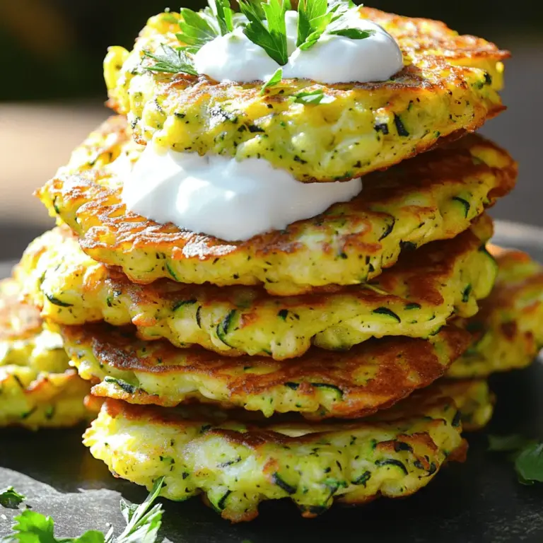 Für die Zucchini Fritter-Stapel brauchst du einige Hauptzutaten: - 2 mittelgroße Zucchini, grob gerieben - 2 große Eier - 1/2 Tasse glutenfreies Allzweckmehl Diese Zutaten bilden die Basis für deine Fritter. Die Zucchini geben Feuchtigkeit und Geschmack. Die Eier halten alles zusammen, und das glutenfreie Mehl sorgt für die richtige Konsistenz. Die Fritter brauchen auch Gewürze und Aromen, um köstlich zu schmecken: - 1/2 Teelöffel Salz und Pfeffer - 1/2 Teelöffel Knoblauchpulver - 1/4 Teelöffel Zwiebelpulver Diese Gewürze bringen die Fritter zum Leben. Salz und Pfeffer sind wichtig für den Geschmack. Knoblauch- und Zwiebelpulver fügen Tiefe hinzu, die du lieben wirst. Du kannst die Fritter noch interessanter machen mit optionalen Zutaten: - 1/4 Tasse geriebener Parmesan oder pflanzliche Alternativen - 1/4 Tasse griechischer Joghurt für das Servieren Parmesan gibt einen herzhaften Geschmack. Wenn du vegan bist, nutze Nährhefe. Der Joghurt ist perfekt, um die Fritter zu servieren. Er sorgt für Cremigkeit und frischen Geschmack. Für das vollständige Rezept schau dir den Abschnitt "Full Recipe" an. Um die Zucchini richtig vorzubereiten, müssen wir überschüssige Flüssigkeit entfernen. Ich empfehle, die geriebene Zucchini in ein sauberes Küchentuch zu legen. Drücke sie vorsichtig, bis keine Flüssigkeit mehr herauskommt. So bleiben die Fritter knusprig und lecker. Für die Raspeltechnik benutze eine grobe Reibe. Diese sorgt dafür, dass die Zucchini gut in den Teig integriert wird und die Fritter die richtige Konsistenz haben. Zuerst mische die trockenen Zutaten in einer großen Schüssel. Gib das Salz, den schwarzen Pfeffer, das Knoblauchpulver, das Zwiebelpulver und das glutenfreie Mehl hinzu. Rühre alles gut um, damit die Gewürze gleichmäßig verteilt sind. In einer separaten Schüssel verquirle die Eier. Füge dann die ausgepresste Zucchini, den geriebenen Parmesan und die gehackte Petersilie hinzu. Mische alles gründlich. Jetzt füge die trockenen Zutaten nach und nach zu der feuchten Mischung hinzu. Falten Sie den Teig vorsichtig, bis alles gut vermischt ist. Er sollte leicht dick, aber flexibel sein. Erhitze in einer großen Pfanne etwa 1 Esslöffel Olivenöl bei mittlerer Hitze. Achte darauf, dass das Öl heiß ist, bevor du die Fritter hineinlegst. Für jeden Fritter forme etwa 2 Esslöffel Teig und lege sie in die Pfanne. Drücke sie leicht flach mit einem Spatel. Brate die Fritter 3-4 Minuten, bis sie goldbraun sind. Wende sie und brate sie weitere 2-3 Minuten. Wiederhole den Vorgang, bis der gesamte Teig aufgebraucht ist. Füge bei Bedarf mehr Öl hinzu. Jetzt kannst du die Fritter stapeln und servieren. Für das Rezept schau dir den [Full Recipe] an. - Flüssigkeitskontrolle: Zucchini hat viel Wasser. Wenn Sie die Zucchini reiben, drücken Sie die Flüssigkeit gut aus. Ein sauberes Küchentuch hilft dabei. Weniger Wasser sorgt für festere Fritter. - Temperatur des Öls: Das Öl muss heiß sein. Ein guter Test ist, ein kleines Stück Teig hineinzulegen. Es sollte sofort brutzeln. Zu kaltes Öl macht die Fritter fettig und matschig. - Platzierung in der Pfanne: Lassen Sie genug Platz zwischen den Frittern. Sie sollten nicht überlappen. So braten sie gleichmäßig und werden schön knusprig. - Wenden der Fritter: Warten Sie, bis die Unterseite goldbraun ist, bevor Sie die Fritter umdrehen. Verwenden Sie einen breiten Spatel. So bleibt die Form erhalten und sie zerfallen nicht. - Anrichten der Stapel: Stapeln Sie die Fritter schön auf einem Teller. Nutzen Sie immer zwei Fritter. Ein Klecks Joghurt zwischen den Schichten sieht toll aus. - Verwendung von frischen Kräutern: Frische Kräuter wie Petersilie oder Schnittlauch machen das Gericht lebendig. Streuen Sie sie über die Fritter. So wird das Gericht nicht nur lecker, sondern auch schön anzusehen. Für das vollständige Rezept, schauen Sie sich das vollständige Rezept an. {{image_4}} Um die Zucchini Fritter vegan zu machen, benutze pflanzlichen Joghurt und Nährhefe. Nährhefe gibt den Frittern einen leckeren, käsigen Geschmack. Du kannst den Parmesan in der Originalrezeptur einfach durch Nährhefe ersetzen. Das hält die Fritter schön schmackhaft und ist perfekt für Veganer. Mische den Joghurt gut mit dem Teig, um die Feuchtigkeit zu halten. Du kannst auch andere Gemüsesorten einfügen, um mehr Geschmack zu erhalten. Karotten oder Paprika passen gut. Zerkleinere sie fein und mische sie mit der Zucchini. Das bringt Abwechslung in das Gericht. Kräuter und Gewürze kannst du nach deinem Geschmack anpassen. Frischer Schnittlauch, Dill oder Oregano geben den Frittern einen neuen Kick. Für mehr Geschmack empfehle ich, Dips zu servieren. Ein einfacher Joghurt-Dip mit Knoblauch und Zitrone passt gut. Du kannst auch eine Avocado-Sauce ausprobieren. Für diese Sauce pürierst du eine reife Avocado mit etwas Limettensaft und Salz. Eine weitere Option ist eine scharfe Salsa, die gut zu den Frittern passt. Diese Dips bringen noch mehr Freude beim Essen. Wenn du das gesamte Rezept ausprobieren möchtest, schau dir das Full Recipe an. Um die Fritter frisch zu halten, lege sie in einen luftdichten Behälter. Trenne jede Schicht mit einem Stück Backpapier. So verhinderst du, dass sie zusammenkleben. Die Fritter bleiben etwa 3 bis 4 Tage frisch. Vor dem Essen einfach kurz aufwärmen. Wenn du Fritter einfrieren möchtest, lass sie zuerst abkühlen. Lege sie dann in eine einzelne Schicht auf ein Backblech. Friere sie für etwa 1 Stunde ein, bis sie fest sind. Danach kannst du sie in einen Gefrierbeutel umpacken. So bleiben sie bis zu 3 Monate haltbar. Um die Fritter wieder aufzutauen, lege sie einfach über Nacht in den Kühlschrank. Erhitze sie dann in einer heißen Pfanne mit etwas Öl. So werden sie wieder schön knusprig. Frisch gebratene Fritter schmecken am besten. Sie sind warm, knusprig und voller Geschmack. Aufbewahrte Fritter sind weich und weniger lecker. Wenn du sie aufwärmst, werden sie nicht ganz wie frisch sein. Dennoch sind sie eine gute Option für schnelle Snacks oder einfache Mahlzeiten. Für das vollständige Rezept der Glutenfreien Zucchini Fritter-Stapel, schau dir die Anleitung an. Um die Fritter knuspriger zu machen, gibt es ein paar einfache Tipps: - Zucchini gut abtropfen lassen: Drücken Sie die Zucchini gut aus, um die Feuchtigkeit zu reduzieren. - Mehl anpassen: Fügen Sie etwas mehr glutenfreies Mehl hinzu, um die Konsistenz zu ändern. - Öl richtig erhitzen: Achten Sie darauf, dass das Öl heiß genug ist, bevor Sie die Fritter hineinlegen. - In kleinen Portionen braten: Braten Sie nur ein paar Fritter gleichzeitig. So bleibt die Temperatur des Öls konstant. Diese Tipps sorgen für eine tolle Textur und machen die Fritter noch leckerer. Ja, Sie können gerne zusätzliches Gemüse verwenden! Hier sind einige Ideen: - Karotten: Fein gerieben, bringen sie Süße und Farbe. - Paprika: In kleine Stücke geschnitten, verleihen sie einen schönen Crunch. - Zucchini-Blüten: Diese sind zart und machen Ihre Fritter besonders. - Spinat: Gekochter und gehackter Spinat gibt einen tollen Geschmack. Experimentieren Sie mit verschiedenen Gemüsesorten, um Ihre Fritter zu variieren und neue Geschmäcker zu entdecken. Haben Sie Fritter übrig? Sie können sie auf verschiedene Arten wiederverwenden: - Frittata: Schneiden Sie die Fritter in Stücke und fügen Sie sie zu einer Eierspeise hinzu. - Salatbeilage: Zerbröseln Sie die Fritter über einen frischen Salat für zusätzlichen Geschmack. - Sandwichfüllung: Nutzen Sie die Fritter als Füllung für ein gesundes Sandwich. Diese Ideen helfen, die Fritter schmackhaft zu halten und Abfall zu vermeiden. Für das vollständige Rezept schauen Sie sich die [Full Recipe] an. Diese Fritter sind einfach zuzubereiten und lecker. Wir haben die Hauptzutaten wie Zucchini, Eier und glutenfreies Mehl betrachtet. Ihr könnt sie nach Belieben würzen und variieren. Tipps zur perfekten Konsistenz und gleichmäßigen Bräunung helfen euch beim Braten. Auch die Aufbewahrung und der ideale Verzehr sind wichtig. Mit verschiedenen Dips und Saucen wird jede Portion besonders. Probiert verschiedene Ideen aus und passt die Fritter an euren Geschmack an. So macht das Kochen Spaß!