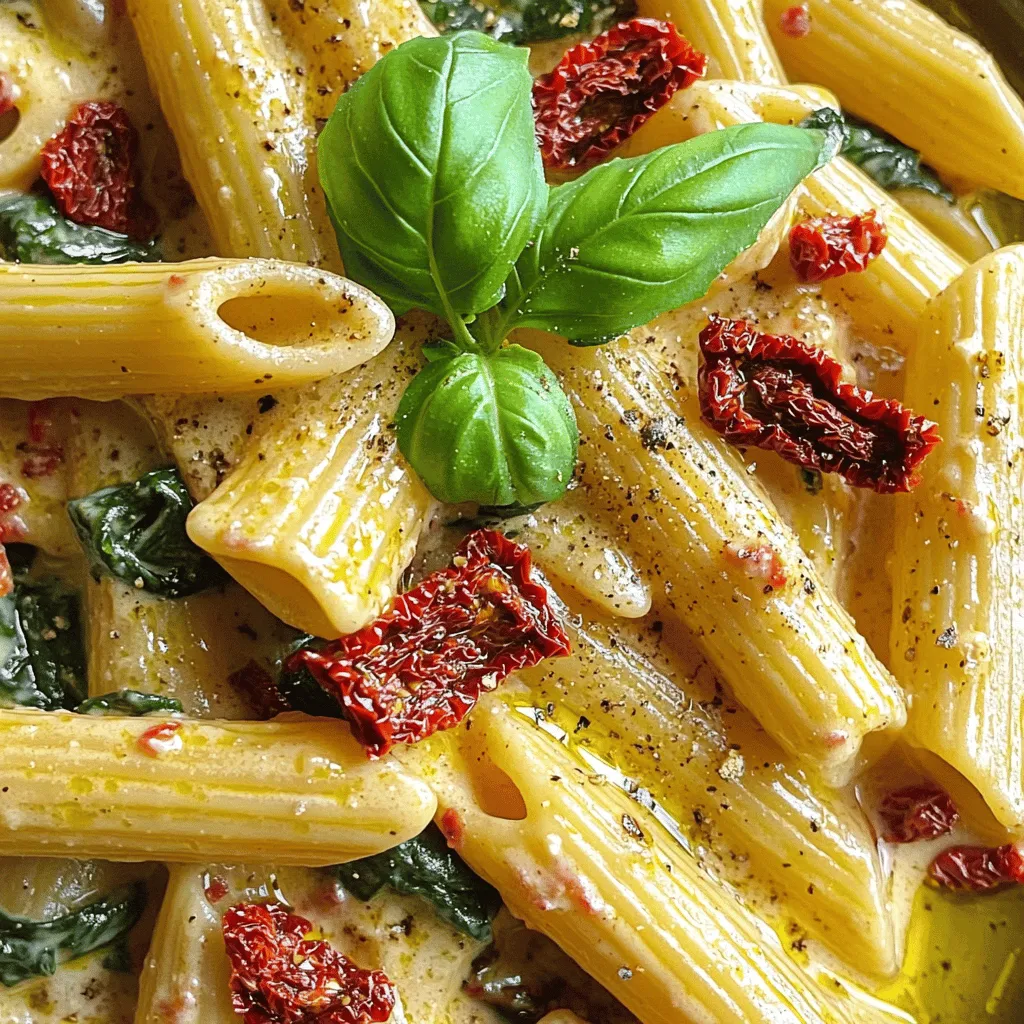 Für die Sonnengetrocknete Tomaten Pasta brauchst du einige wichtige Zutaten. Diese Zutaten geben dem Gericht seinen vollen Geschmack. - 340 g Pasta (Spaghetti oder Penne) - 240 ml sonnengetrocknete Tomaten, in Öl eingelegt, abgetropft und grob gehackt - 3 Esslöffel Olivenöl - 4 Knoblauchzehen, fein gehackt - 1 Teelöffel rote Pfefferflocken (nach Geschmack anpassen) - 240 ml Schlagsahne - 100 g frisch geriebener Parmesan - 240 ml frischer Spinat, grob gehackt - Salz und Pfeffer nach Geschmack - Frische Basilikumblätter zur Dekoration Jede dieser Zutaten hat ihre eigene Rolle. Die sonnengetrockneten Tomaten bringen eine süße und herzhafte Note. Der Knoblauch fügt Tiefe hinzu, während die rote Pfefferflocke für einen kleinen Kick sorgt. Die Wahl der Nudeln ist wichtig. Ich empfehle Spaghetti oder Penne. Diese Nudeln halten die Sauce gut fest und sorgen für einen großartigen Biss. Spaghetti sind lang und glatt, während Penne eine tolle Form hat, um die Sauce zu umarmen. Beide Sorten passen perfekt zu der cremigen Sauce. Du kannst das Rezept nach deinem Geschmack anpassen. Hier sind einige Ideen: - Proteine: Füge Hühnchen, Garnelen oder Tofu hinzu. Das macht das Gericht noch herzhaft. - Gemüse: Erweitere es mit Zucchini, Paprika oder Erbsen. Das bringt Farbe und Frische. - Käse: Probiere Feta oder Mozzarella für einen anderen Käsegeschmack. Diese Ergänzungen machen das Gericht abwechslungsreich. Du kannst immer neue Geschmäcker und Texturen entdecken. Wenn du mehr über die Zubereitung erfahren möchtest, schau dir das Full Recipe an. Um die Pasta perfekt zu kochen, bringe zuerst einen großen Topf mit gesalzenem Wasser zum Kochen. Füge die Pasta hinzu. Ich empfehle, Spaghetti oder Penne zu verwenden. Koche die Pasta nach den Anweisungen auf der Verpackung, bis sie al dente ist. Das bedeutet, sie sollte noch einen leichten Biss haben. Bevor du die Pasta abseihst, bewahre etwa 240 ml des Nudelwassers auf. Das Wasser hilft später, die Sauce zu binden. Nach dem Abseihen stelle die Pasta beiseite. Jetzt ist es Zeit, die Sauce zu machen. Erhitze in einer großen Pfanne das Olivenöl bei mittlerer Hitze. Füge die fein gehackten Knoblauchzehen und die roten Pfefferflocken hinzu. Brate sie 1-2 Minuten lang an, bis sie gut riechen. Danach rührst du die sonnengetrockneten Tomaten ein. Brate sie für 2-3 Minuten mit, damit sie ihre Aromen ins Öl abgeben. Jetzt kommt die Schlagsahne dazu. Lass die Sauce 3-4 Minuten köcheln, bis sie leicht eindickt. Rühre dann den frisch geriebenen Parmesan ein. Er wird schmelzen und die Sauce cremig machen. Wenn die Sauce zu dick ist, füge langsam etwas vom reservierten Nudelwasser hinzu. Jetzt ist der beste Teil dran! Gib die gekochte Pasta in die Pfanne mit der Sauce. Vermenge alles gut, bis die Pasta gleichmäßig mit der Sauce überzogen ist. Schmecke die Mischung mit Salz und Pfeffer ab. Wenn du möchtest, kannst du auch etwas frischen Spinat hinzufügen. Der Spinat sollte nur kurz mitgekocht werden, bis er zusammenfällt. Jetzt ist die sonnengetrocknete Tomaten Pasta fertig! Richte sie auf Tellern an und dekoriere sie mit frischen Basilikumblättern. Du kannst das komplette Rezept [Full Recipe] hier finden und ausprobieren. Ein häufiger Fehler ist, die Pasta zu lange zu kochen. Achte darauf, sie al dente zu garen. Wenn du die Pasta zu weich machst, verliert sie ihre Struktur. Ein weiterer Fehler ist, die Sauce nicht genug zu würzen. Probiere während des Kochens. So kannst du den Geschmack anpassen. Auch das Hinzufügen der sonnengetrockneten Tomaten zu früh kann die Aromen mindern. Brate sie erst mit dem Knoblauch an, um den besten Geschmack herauszuholen. Um den Geschmack zu verbessern, kannst du frische Kräuter wie Basilikum oder Oregano hinzufügen. Diese Kräuter bringen Frische und Tiefe in das Gericht. Du kannst auch geröstete Pinienkerne für einen nussigen Geschmack einstreuen. Für einen zusätzlichen Kick füge ein paar Spritzer Zitronensaft hinzu. Das belebt das Gericht und balanciert die Cremigkeit der Sauce. Die richtige Konsistenz der Sauce ist wichtig. Wenn sie zu dick ist, füge langsam etwas vom reservierten Nudelwasser hinzu. Das Wasser hat Stärke und hilft, die Sauce zu binden. Wenn die Sauce zu dünn ist, lasse sie einfach einige Minuten länger köcheln. So verdampft etwas Flüssigkeit und die Sauce wird dicker. Wichtig ist, dass sie schön cremig bleibt. {{image_4}} Wenn du deine Sonnengetrocknete Tomaten Pasta aufpeppen willst, füge Protein hinzu. Hühnchen ist eine beliebte Wahl. Brate es einfach in der Pfanne, bis es goldbraun ist. Garnelen bringen einen tollen Geschmack. Sie kochen schnell und passen perfekt zur Sauce. Tofu ist eine großartige vegetarische Option. Mariniere ihn und brate ihn an, um mehr Geschmack zu erhalten. Diese Ergänzungen machen dein Gericht nährstoffreicher und sättigender. Du kannst auch mehr Gemüse in dein Gericht bringen. Zucchini oder Paprika sind tolle Optionen. Schneide sie klein und brate sie zusammen mit dem Knoblauch an. Brokkoli fügt eine knackige Textur hinzu. Spinat ist bereits im Rezept, aber du kannst noch mehr verwenden. Er gibt Farbe und Nährstoffe. Diese Variationen machen das Gericht bunter und gesünder. Wenn du Gluten meiden möchtest, gibt es viele Optionen. Reisnudeln sind eine gute Wahl. Sie haben eine ähnliche Textur und Geschmack. Linsen- oder Kichererbsennudeln sind auch lecker. Sie sind reich an Protein und Ballaststoffen. Achte darauf, die Kochzeit anzupassen, da verschiedene Nudelsorten unterschiedlich lange brauchen. Mit diesen Alternativen bleibt dein Gericht köstlich und glutenfrei. Um Reste der Sonnengetrocknete Tomaten Pasta zu lagern, gebe sie in einen luftdichten Behälter. Achte darauf, dass der Behälter gut schließt. So bleiben die Aromen frisch. Lasse die Pasta abkühlen, bevor du sie in den Behälter gibst. Dadurch vermeidest du Kondenswasser und matschige Pasta. Im Kühlschrank hält die Pasta bis zu drei Tage. Stelle sicher, dass sie gut verpackt ist. Wenn du die Pasta länger aufbewahren möchtest, friere sie ein. Im Gefrierschrank bleibt sie bis zu drei Monate frisch. Achte darauf, die Pasta in Portionen zu verpacken. So kannst du einfach die Menge auftauen, die du brauchst. Um die Reste aufzuwärmen, benutze eine Pfanne. Füge etwas Olivenöl oder Wasser hinzu. So bleibt die Pasta nicht trocken. Du kannst auch einen Spritzer Sahne hinzufügen, um die Sauce cremiger zu machen. Erhitze die Pasta bei mittlerer Hitze, bis sie warm ist. Rühre regelmäßig um, damit sie gleichmäßig warm wird. Um selbst Sonnengetrocknete Tomaten zu machen, benötigst du frische Tomaten. Halbiere sie und lege sie auf ein Backblech. Streue etwas Salz darauf und lasse sie bei 60-70 Grad Celsius im Ofen trocknen. Lasse die Tomaten 6-8 Stunden trocknen, bis sie weich, aber nicht knusprig sind. Du kannst sie auch in Öl einlegen, um den Geschmack zu verstärken. Ja, du kannst dieses Rezept vegan machen. Ersetze die Schlagsahne durch eine pflanzliche Sahne, wie Soja- oder Hafercreme. Verwende auch eine vegane Käsealternative statt Parmesan. So bleibt der cremige Geschmack erhalten, ohne tierische Produkte zu verwenden. Zu Sonnengetrocknete Tomaten Pasta passen viele Zutaten gut. Du kannst frisches Gemüse wie Zucchini oder Brokkoli hinzufügen. Auch Oliven und Kapern bringen einen tollen Geschmack. Zusätzlich kannst du frische Kräuter wie Basilikum oder Petersilie verwenden, um das Gericht aufzupeppen. Diese Zutaten machen die Pasta noch interessanter und schmackhafter. Sonnengetrocknete Tomaten Pasta ist einfach lecker und vielseitig. Wir haben die besten Zutaten, Nudelsorten und Variationen betrachtet. Ich habe dir eine Schritt-für-Schritt-Anleitung gegeben, um das Gericht richtig zuzubereiten. Außerdem habe ich Tipps geteilt, um Fehler zu vermeiden und den Geschmack zu verbessern. Denk daran, die Reste gut zu lagern, damit du auch später davon genießen kannst. Mit diesen Ideen kannst du dein Pasta-Gericht nach deinem Geschmack anpassen. Viel Spaß beim Ausprobieren!