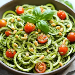 Für diesen Zoodle-Salat brauchen wir einige frische und einfache Zutaten. Hier sind die Hauptbestandteile: - 4 mittelgroße Zucchini (für Zoodles) - 1 Tasse Kirschtomaten, halbiert - 1/2 Tasse Kichererbsen, abgetropft und abgespült Zucchini geben dem Salat eine tolle Textur. Sie sind knackig und leicht. Kirschtomaten fügen Farbe und Süße hinzu. Kichererbsen bringen Protein und machen das Gericht sättigender. Das Pesto bringt den vollen Geschmack in den Salat. Hier sind die Zutaten: - 2 Tassen frische Basilikumblätter - 1/2 Tasse rohe Pinienkerne (oder Walnüsse) - 2 Knoblauchzehen, fein gehackt - 1/4 Tasse Nährhefe - 1/2 Tasse natives Olivenöl extra - Saft von 1 Zitrone - Salz und Pfeffer nach Geschmack Basilikum ist frisch und aromatisch. Pinienkerne geben ein nussiges Aroma. Nährhefe sorgt für einen käsigen Geschmack ohne Milchprodukte. Zitrone bringt Frische und Säure. Um den Salat noch besser zu machen, können Sie einige Toppings hinzufügen: - 1/4 Tasse getrocknete Tomaten, gehackt (optional) - Frische Basilikumblätter zum Garnieren - Zusätzliche Pinienkerne für den Crunch Getrocknete Tomaten geben eine süßliche Tiefe. Frische Basilikumblätter bringen Farbe und Aroma. Zusätzliche Pinienkerne sorgen für mehr Biss. Für die vollständige Anleitung und Zubereitung schauen Sie sich das [Full Recipe] an. Um Zoodles zuzubereiten, nehme ich 4 mittelgroße Zucchini. Ich benutze einen Spiralschneider, um lange, dünne Zoodles zu formen. Wenn ich keinen Spiralschneider habe, schneide ich die Zucchini mit einem Gemüseschäler in feine Streifen. Ich stelle die Zoodles in eine große Schüssel und lasse sie beiseite. Für das vegane Pesto nehme ich 2 Tassen frische Basilikumblätter. Ich füge 1/2 Tasse rohe Pinienkerne oder Walnüsse hinzu, sowie 2 fein gehackte Knoblauchzehen. Dann kommen 1/4 Tasse Nährhefe und der Saft von 1 Zitrone dazu. Ich gebe eine Prise Salz in die Mischung. In der Küchenmaschine pulsieren ich alles gut. Langsam füge ich 1/2 Tasse natives Olivenöl extra hinzu, während die Maschine läuft. So wird das Pesto cremig. Ich probiere es und füge nach Bedarf mehr Salz und Pfeffer hinzu. Jetzt ist es Zeit, alles zu kombinieren. Ich gebe das Pesto zu den Zoodles in die Schüssel. Dann füge ich 1 Tasse halbierte Kirschtomaten und 1/2 Tasse abgetropfte Kichererbsen hinzu. Wenn ich möchte, kommen auch 1/4 Tasse gehackte getrocknete Tomaten dazu. Ich rühre vorsichtig, bis die Zoodles gleichmäßig mit dem Pesto überzogen sind. Ich lasse den Salat etwa 10 Minuten stehen, damit die Aromen gut durchziehen. Dann serviere ich ihn kalt oder bei Raumtemperatur. Vorbereitungszeit für dieses Gericht beträgt 15 Minuten. Die gesamte Zubereitungszeit liegt bei 25 Minuten. Wer mehr Informationen sucht, findet die vollständige Anleitung im [Full Recipe]. Um perfekte Zoodles zu machen, achte auf die Zucchini. Wähle frische, feste Zucchini ohne weiche Stellen. Nutze einen Spiralschneider für gleichmäßige Zoodles. Wenn du keinen Spiralschneider hast, schneide die Zucchini mit einem Gemüseschäler in dünne Streifen. Achte darauf, die Zoodles nicht zu lange zu kochen. Ein kurzes Blanchieren reicht, um sie weich zu machen, aber sie sollten knackig bleiben. Für ein tolles Pesto ist frisches Basilikum wichtig. Wasche die Blätter gründlich und trockne sie gut ab. Nutze einen leistungsstarken Mixer oder eine Küchenmaschine. Gib alle Zutaten in die Maschine, aber halte etwas Olivenöl zurück. So kannst du die Konsistenz besser steuern. Probiere das Pesto während der Zubereitung. Füge mehr Zitronensaft oder Nüsse hinzu, um den Geschmack zu verbessern. Serviere den Salat in einer großen Schüssel oder auf einzelnen Tellern. Eine ansprechende Garnitur macht viel aus. Streue extra Pinienkerne und frische Basilikumblätter darüber. Ein kleiner Spritzer Olivenöl sorgt für Glanz und zusätzlichen Geschmack. Lass den Salat vor dem Servieren etwas stehen. So können die Aromen gut durchziehen. Für die besten Ergebnisse, genieße den Salat kalt oder bei Raumtemperatur. Für das vollständige Rezept schau dir den [Full Recipe] an. {{image_4}} Wenn Sie Nüsse nicht mögen oder eine Allergie haben, gibt es tolle Alternativen. Verwenden Sie Sonnenblumenkerne oder Cashewkerne. Diese Nüsse geben dem Pesto einen anderen, aber leckeren Geschmack. Sie können auch Kürbiskerne ausprobieren. Diese sind nussig und passen gut zu den Zoodles. Ein weiterer Vorschlag sind Erdnüsse. Diese sind günstig und bringen einen süßlichen Geschmack. Ihr Zoodle-Salat kann kreativ angepasst werden. Fügen Sie Paprika oder Gurken hinzu. Diese Gemüsesorten bringen mehr Frische und Knackigkeit. Auch Rucola oder Spinat sind gute Optionen. Diese Kräuter geben dem Salat mehr Farbe und Nährstoffe. Wenn Sie etwas Schärfe mögen, probieren Sie Radieschen oder Jalapeños. Diese bringen einen tollen Kick in den Salat. Die meisten Zutaten in diesem Rezept sind bereits glutenfrei. Zucchini ist von Natur aus glutenfrei. Wenn Sie glutenfreie Pasta mögen, können Sie auch glutenfreie Zoodles verwenden. Diese sind in vielen Geschäften erhältlich. Achten Sie darauf, dass alle anderen Zutaten auch glutenfrei sind. Das Pesto ist ebenfalls glutenfrei, wenn Sie die richtigen Nüsse verwenden. So können alle den Salat genießen, egal ob sie glutenfrei essen oder nicht. Für die vollständige Anleitung, schauen Sie sich das Full Recipe an. Um die Aromen frisch zu halten, lagern Sie den Zoodle-Salat in einem luftdichten Behälter. Stellen Sie sicher, dass der Behälter gut verschlossen ist. Kühlen Sie den Salat im Kühlschrank. So bleiben die Zoodles knackig und das Pesto behält seinen Geschmack. Vermeiden Sie Lagerung in Metallbehältern, da dies den Geschmack beeinflussen kann. Der Zoodle-Salat bleibt im Kühlschrank etwa 2 bis 3 Tage frisch. Nach dieser Zeit können die Zoodles weich werden. Das Pesto kann auch oxidieren und seine grüne Farbe verlieren. Es ist am besten, den Salat frisch zu genießen. Wenn Sie Reste haben, essen Sie sie schnell, um die Qualität zu erhalten. Es ist nicht ratsam, den Zoodle-Salat einzufrieren, da die Zoodles beim Auftauen wässrig werden. Das Pesto kann jedoch gut eingefroren werden. Füllen Sie es in Eiswürfelformen und frieren Sie es ein. So haben Sie immer etwas Pesto bereit, wenn Sie es brauchen. Wenn Sie das Pesto auftauen, schmeckt es frisch und lecker. Um Zoodles ohne Spiralschneider zu machen, können Sie einen Gemüseschäler nutzen. Schneiden Sie die Zucchini in dünne Streifen. Diese Streifen können dann leicht in die gewünschte Zoodle-Form gebracht werden. Achten Sie darauf, gleichmäßige Stücke zu schneiden, damit sie beim Kochen gleichmäßig garen. Ja, Sie können Pesto im Voraus zubereiten. Lagern Sie es in einem luftdichten Behälter im Kühlschrank. Es bleibt frisch für bis zu einer Woche. Um die Farbe zu bewahren, können Sie eine dünne Schicht Olivenöl über das Pesto geben. Dies hilft, Oxidation zu verhindern. Zoodle-Salat kann mit vielen Beilagen ergänzt werden. Kirschtomaten und Kichererbsen sind bereits großartig. Sie können auch gebratene Pilze oder Paprika hinzufügen. Gegrillte Auberginen oder Zucchini passen ebenfalls gut. Fügen Sie frische Kräuter oder etwas Zitronensaft hinzu, um den Geschmack zu heben. Der Zoodle-Salat ist einfach zu machen und sehr gesund. Wir haben die Hauptzutaten, das vegane Pesto und vier Tipps zur perfekten Zubereitung besprochen. Variationen bringen neuen Geschmack, und ich habe dir gezeigt, wie du die Zutaten richtig lagerst. Mit diesen Infos kannst du leckere und frische Zoodle-Salate zubereiten. Experimentiere mit verschiedenen Zutaten und genieße das Ergebnis!