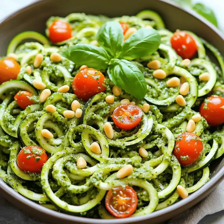 Für diesen Zoodle-Salat brauchen wir einige frische und einfache Zutaten. Hier sind die Hauptbestandteile: - 4 mittelgroße Zucchini (für Zoodles) - 1 Tasse Kirschtomaten, halbiert - 1/2 Tasse Kichererbsen, abgetropft und abgespült Zucchini geben dem Salat eine tolle Textur. Sie sind knackig und leicht. Kirschtomaten fügen Farbe und Süße hinzu. Kichererbsen bringen Protein und machen das Gericht sättigender. Das Pesto bringt den vollen Geschmack in den Salat. Hier sind die Zutaten: - 2 Tassen frische Basilikumblätter - 1/2 Tasse rohe Pinienkerne (oder Walnüsse) - 2 Knoblauchzehen, fein gehackt - 1/4 Tasse Nährhefe - 1/2 Tasse natives Olivenöl extra - Saft von 1 Zitrone - Salz und Pfeffer nach Geschmack Basilikum ist frisch und aromatisch. Pinienkerne geben ein nussiges Aroma. Nährhefe sorgt für einen käsigen Geschmack ohne Milchprodukte. Zitrone bringt Frische und Säure. Um den Salat noch besser zu machen, können Sie einige Toppings hinzufügen: - 1/4 Tasse getrocknete Tomaten, gehackt (optional) - Frische Basilikumblätter zum Garnieren - Zusätzliche Pinienkerne für den Crunch Getrocknete Tomaten geben eine süßliche Tiefe. Frische Basilikumblätter bringen Farbe und Aroma. Zusätzliche Pinienkerne sorgen für mehr Biss. Für die vollständige Anleitung und Zubereitung schauen Sie sich das [Full Recipe] an. Um Zoodles zuzubereiten, nehme ich 4 mittelgroße Zucchini. Ich benutze einen Spiralschneider, um lange, dünne Zoodles zu formen. Wenn ich keinen Spiralschneider habe, schneide ich die Zucchini mit einem Gemüseschäler in feine Streifen. Ich stelle die Zoodles in eine große Schüssel und lasse sie beiseite. Für das vegane Pesto nehme ich 2 Tassen frische Basilikumblätter. Ich füge 1/2 Tasse rohe Pinienkerne oder Walnüsse hinzu, sowie 2 fein gehackte Knoblauchzehen. Dann kommen 1/4 Tasse Nährhefe und der Saft von 1 Zitrone dazu. Ich gebe eine Prise Salz in die Mischung. In der Küchenmaschine pulsieren ich alles gut. Langsam füge ich 1/2 Tasse natives Olivenöl extra hinzu, während die Maschine läuft. So wird das Pesto cremig. Ich probiere es und füge nach Bedarf mehr Salz und Pfeffer hinzu. Jetzt ist es Zeit, alles zu kombinieren. Ich gebe das Pesto zu den Zoodles in die Schüssel. Dann füge ich 1 Tasse halbierte Kirschtomaten und 1/2 Tasse abgetropfte Kichererbsen hinzu. Wenn ich möchte, kommen auch 1/4 Tasse gehackte getrocknete Tomaten dazu. Ich rühre vorsichtig, bis die Zoodles gleichmäßig mit dem Pesto überzogen sind. Ich lasse den Salat etwa 10 Minuten stehen, damit die Aromen gut durchziehen. Dann serviere ich ihn kalt oder bei Raumtemperatur. Vorbereitungszeit für dieses Gericht beträgt 15 Minuten. Die gesamte Zubereitungszeit liegt bei 25 Minuten. Wer mehr Informationen sucht, findet die vollständige Anleitung im [Full Recipe]. Um perfekte Zoodles zu machen, achte auf die Zucchini. Wähle frische, feste Zucchini ohne weiche Stellen. Nutze einen Spiralschneider für gleichmäßige Zoodles. Wenn du keinen Spiralschneider hast, schneide die Zucchini mit einem Gemüseschäler in dünne Streifen. Achte darauf, die Zoodles nicht zu lange zu kochen. Ein kurzes Blanchieren reicht, um sie weich zu machen, aber sie sollten knackig bleiben. Für ein tolles Pesto ist frisches Basilikum wichtig. Wasche die Blätter gründlich und trockne sie gut ab. Nutze einen leistungsstarken Mixer oder eine Küchenmaschine. Gib alle Zutaten in die Maschine, aber halte etwas Olivenöl zurück. So kannst du die Konsistenz besser steuern. Probiere das Pesto während der Zubereitung. Füge mehr Zitronensaft oder Nüsse hinzu, um den Geschmack zu verbessern. Serviere den Salat in einer großen Schüssel oder auf einzelnen Tellern. Eine ansprechende Garnitur macht viel aus. Streue extra Pinienkerne und frische Basilikumblätter darüber. Ein kleiner Spritzer Olivenöl sorgt für Glanz und zusätzlichen Geschmack. Lass den Salat vor dem Servieren etwas stehen. So können die Aromen gut durchziehen. Für die besten Ergebnisse, genieße den Salat kalt oder bei Raumtemperatur. Für das vollständige Rezept schau dir den [Full Recipe] an. {{image_4}} Wenn Sie Nüsse nicht mögen oder eine Allergie haben, gibt es tolle Alternativen. Verwenden Sie Sonnenblumenkerne oder Cashewkerne. Diese Nüsse geben dem Pesto einen anderen, aber leckeren Geschmack. Sie können auch Kürbiskerne ausprobieren. Diese sind nussig und passen gut zu den Zoodles. Ein weiterer Vorschlag sind Erdnüsse. Diese sind günstig und bringen einen süßlichen Geschmack. Ihr Zoodle-Salat kann kreativ angepasst werden. Fügen Sie Paprika oder Gurken hinzu. Diese Gemüsesorten bringen mehr Frische und Knackigkeit. Auch Rucola oder Spinat sind gute Optionen. Diese Kräuter geben dem Salat mehr Farbe und Nährstoffe. Wenn Sie etwas Schärfe mögen, probieren Sie Radieschen oder Jalapeños. Diese bringen einen tollen Kick in den Salat. Die meisten Zutaten in diesem Rezept sind bereits glutenfrei. Zucchini ist von Natur aus glutenfrei. Wenn Sie glutenfreie Pasta mögen, können Sie auch glutenfreie Zoodles verwenden. Diese sind in vielen Geschäften erhältlich. Achten Sie darauf, dass alle anderen Zutaten auch glutenfrei sind. Das Pesto ist ebenfalls glutenfrei, wenn Sie die richtigen Nüsse verwenden. So können alle den Salat genießen, egal ob sie glutenfrei essen oder nicht. Für die vollständige Anleitung, schauen Sie sich das Full Recipe an. Um die Aromen frisch zu halten, lagern Sie den Zoodle-Salat in einem luftdichten Behälter. Stellen Sie sicher, dass der Behälter gut verschlossen ist. Kühlen Sie den Salat im Kühlschrank. So bleiben die Zoodles knackig und das Pesto behält seinen Geschmack. Vermeiden Sie Lagerung in Metallbehältern, da dies den Geschmack beeinflussen kann. Der Zoodle-Salat bleibt im Kühlschrank etwa 2 bis 3 Tage frisch. Nach dieser Zeit können die Zoodles weich werden. Das Pesto kann auch oxidieren und seine grüne Farbe verlieren. Es ist am besten, den Salat frisch zu genießen. Wenn Sie Reste haben, essen Sie sie schnell, um die Qualität zu erhalten. Es ist nicht ratsam, den Zoodle-Salat einzufrieren, da die Zoodles beim Auftauen wässrig werden. Das Pesto kann jedoch gut eingefroren werden. Füllen Sie es in Eiswürfelformen und frieren Sie es ein. So haben Sie immer etwas Pesto bereit, wenn Sie es brauchen. Wenn Sie das Pesto auftauen, schmeckt es frisch und lecker. Um Zoodles ohne Spiralschneider zu machen, können Sie einen Gemüseschäler nutzen. Schneiden Sie die Zucchini in dünne Streifen. Diese Streifen können dann leicht in die gewünschte Zoodle-Form gebracht werden. Achten Sie darauf, gleichmäßige Stücke zu schneiden, damit sie beim Kochen gleichmäßig garen. Ja, Sie können Pesto im Voraus zubereiten. Lagern Sie es in einem luftdichten Behälter im Kühlschrank. Es bleibt frisch für bis zu einer Woche. Um die Farbe zu bewahren, können Sie eine dünne Schicht Olivenöl über das Pesto geben. Dies hilft, Oxidation zu verhindern. Zoodle-Salat kann mit vielen Beilagen ergänzt werden. Kirschtomaten und Kichererbsen sind bereits großartig. Sie können auch gebratene Pilze oder Paprika hinzufügen. Gegrillte Auberginen oder Zucchini passen ebenfalls gut. Fügen Sie frische Kräuter oder etwas Zitronensaft hinzu, um den Geschmack zu heben. Der Zoodle-Salat ist einfach zu machen und sehr gesund. Wir haben die Hauptzutaten, das vegane Pesto und vier Tipps zur perfekten Zubereitung besprochen. Variationen bringen neuen Geschmack, und ich habe dir gezeigt, wie du die Zutaten richtig lagerst. Mit diesen Infos kannst du leckere und frische Zoodle-Salate zubereiten. Experimentiere mit verschiedenen Zutaten und genieße das Ergebnis!