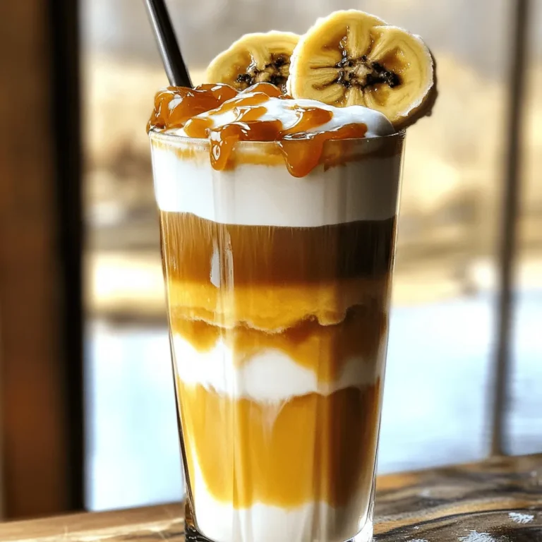 - 2 reife Bananen - 2 Esslöffel brauner Zucker - 1 Esslöffel Butter - 1 Tasse frisch gebrühter, abgekühlter Kaffee - 1 Tasse Milch (tierisch oder pflanzlich) - 1 Tasse Eiswürfel - 1 Teelöffel Vanilleextrakt - 1 Esslöffel Schlagsahne (optional) - Zusätzliche Bananenscheiben und Karamellsauce zur Garnitur Die Hauptzutaten für diesen Frappe sind einfach zu finden. Reife Bananen bringen die nötige Süße. Der braune Zucker sorgt für eine schöne Karamellnote. Butter hilft, die Bananen perfekt zu rösten und ein tolles Aroma zu entwickeln. Frisch gebrühter, abgekühlter Kaffee bringt die Kaffeebasis in den Frappe. Für die weiteren Zutaten wählst du eine Milch deiner Wahl. Ob tierisch oder pflanzlich, beides funktioniert gut. Eiswürfel geben dem Frappe seine kalte, erfrischende Textur. Der Vanilleextrakt fügt eine aromatische Tiefe hinzu. Wenn du magst, kannst du Schlagsahne oben drauf geben. Das sieht toll aus und schmeckt lecker. Garnieren kannst du mit Bananenscheiben und Karamellsauce. So wird dein Frappe nicht nur geschmacklich, sondern auch optisch ein Hit. Wenn du mehr über die Zubereitung erfahren möchtest, schau dir das vollständige Rezept an. - Erhitze eine Pfanne bei mittlerer Hitze. - Schneide die Bananen in Scheiben und gib sie in die Pfanne. - Füge zwei Esslöffel braunen Zucker hinzu. - Brate die Mischung etwa drei bis vier Minuten lang. - Achte darauf, dass die Bananen weich und goldbraun sind. - Rühre vorsichtig um, um die Bananen nicht zu zerdrücken. - Nimm die Pfanne vom Herd und lasse die Bananen leicht abkühlen. - Gib in einen Mixer den abgekühlten Kaffee, die Milch und die Eiswürfel. - Füge die karamellisierten Bananen hinzu, aber spare ein paar für die Garnitur. - Mixe alles gut durch, bis die Mischung glatt und schaumig ist. - Stelle sicher, dass die Konsistenz cremig bleibt, aber nicht zu flüssig wird. - In einer kleinen Schüssel schlage die restliche Milch auf. - Nutze dafür einen Handfrother oder einen Schneebesen. - Achte darauf, dass der Schaum leicht und luftig wird. - Die Konsistenz sollte cremig sein, aber nicht zu fest. - Gieße die gemixte Frappe-Mischung in ein hohes Glas. - Lass oben etwas Platz für den kalten Schaum. - Löffle vorsichtig den kalten Schaum auf die Frappe. - Setze die reservierten Bananenscheiben auf den Schaum. - Träufle Karamellsauce darüber für mehr Geschmack. - Serviere die Frappe mit einem Strohhalm und genieße die süße Köstlichkeit. Das ist eine einfache Schritt-für-Schritt-Anleitung, um deinen eigenen Karamellisierte Bananen Cold Foam Frappe zu machen. Du wirst erstaunt sein, wie lecker und erfrischend er ist! Wenn du mehr erfahren möchtest, schau dir das Full Recipe an. Um die besten Ergebnisse zu erzielen, achte auf die Temperatur. Erhitze die Pfanne auf mittlere Hitze. Wenn die Butter schmilzt, füge die Bananen und den Zucker hinzu. Rühre sanft, damit die Bananen nicht zerbrechen. Die perfekte Karamellisierung hat eine goldene Farbe und eine weiche Textur. Wenn du keinen braunen Zucker hast, probiere Honig oder Agavendicksaft. Diese Alternativen geben eine süße Note und sind leicht zu finden. Beim Mixen ist es wichtig, die Zutaten gut zu vermengen. Achte darauf, dass die Eiswürfel nicht zu groß sind. So vermeidest du Klumpen in deiner Frappe. Mixe die Mischung für etwa 30 Sekunden. Wenn du eine dickere Konsistenz möchtest, füge mehr Eis hinzu. Experimentiere mit der Mixdauer, um die für dich ideale Konsistenz zu finden. Für ein wenig Extra-Genuss kannst du Zimt über die Frappe streuen. Schokolade in kleinen Stückchen macht die Frappe noch leckerer. Du kannst auch eine Sahnehaube hinzufügen und mit Karamellsauce verzieren. Für einen fruchtigen Look, lege ein paar Bananenscheiben auf den Schaum. Diese kleinen Details machen deine Frappe einzigartig und ansprechend. {{image_4}} Du kannst viele Früchte in deinem Frappe verwenden. Hier sind einige Vorschläge: - Erdbeeren: Diese machen den Frappe frisch und süß. - Mango: Mango gibt einen tropischen Geschmack. - Himbeeren: Sie bringen eine leicht saure Note. Jede Frucht hat ihren eigenen Geschmack. Der Geschmack ändert sich, wenn du die Frucht wechselst. Zum Beispiel, Erdbeeren sorgen für eine hellere Farbe und einen fruchtigeren Geschmack. Mango verleiht eine samtige Textur. Himbeeren fügen eine schöne Säure hinzu. Wenn du vegan bist, kannst du die Milchprodukte leicht ersetzen. Hier sind einige Tipps: - Milch: Verwende Mandelmilch oder Hafermilch. Beide sind cremig und lecker. - Süßstoffe: Statt Zucker kannst du Ahornsirup oder Agavendicksaft nehmen. Diese sind gesünder und haben einen anderen Geschmack. Diese Alternativen machen deinen Frappe genauso köstlich. Du musst auf nichts verzichten. Kaffee kann auf viele Arten angepasst werden. Hier sind einige Ideen: - Espresso: Füge einen Schuss Espresso für mehr Koffein hinzu. - Kaffeearomen: Probier Vanille- oder Karamellgeschmack aus. Diese bringen einen neuen Twist. Diese Abwandlungen können deinen Frappe aufpeppen. Du kannst deinen Lieblingskaffee nutzen und das Getränk ganz nach deinem Geschmack gestalten. Wenn du Reste hast, kannst du sie im Kühlschrank oder Gefrierschrank lagern. - Kühlschrank: Die Frappe bleibt bis zu zwei Tage frisch. Stelle sicher, dass du sie in einem luftdichten Behälter aufbewahrst. - Gefrierschrank: In einem gefrierfesten Behälter hält sie bis zu einem Monat. Die Frappe kann nach dem Einfrieren eine andere Textur haben. Sie könnte etwas weniger cremig sein. Du kannst die Frappe auch im Voraus zubereiten. Hier sind einige Tipps: - Vorbereitung: Karamellisiere die Bananen und bereite den Kaffee. Mische die anderen Zutaten. - Ideale Lagerbedingungen: Stelle die gemischte Frappe in den Kühlschrank. So bleibt sie kühl und frisch. Denke daran, den kalten Schaum erst kurz vor dem Servieren zuzubereiten. So bleibt er luftig und frisch. Die Frappe bleibt frisch für etwa 1 bis 2 Tage im Kühlschrank. Lagere sie in einem dicht verschlossenen Behälter. Beachte, dass die Konsistenz sich ändern kann. Sie könnte weniger schaumig sein, wenn du sie später trinkst. Rühre die Frappe gut durch, bevor du sie genießt. Ja, du kannst die Frappe ohne Kaffee zubereiten. Verwende stattdessen einen starken Tee oder eine Schokoladenmilch. So erhältst du einen leckeren, koffeinfreien Drink. Dies ist eine tolle Option für Kinder oder für Leute, die keinen Kaffee mögen. Ja, dieser Drink ist für Kinder geeignet. Die Frappe hat einen hohen Zuckergehalt, aufgrund der Bananen und des Zuckers. Du kannst die Menge an Zucker anpassen, um es gesünder zu machen. Es enthält keinen Alkohol, also ist es eine sichere Wahl für die Kleinen. Das Rezept ergibt 2 Portionen. Jede Portion ist ideal für einen kleinen Snack oder ein erfrischendes Getränk. Du kannst die Menge leicht verdoppeln, wenn du mehr Gäste hast. Sie sind perfekt, um mit Freunden oder Familie zu teilen. Probiere auch die Anweisungen im Full Recipe für weitere Details. Zusammenfassend haben wir das Rezept für die köstliche Bananen-Kaffee-Frappe erkundet. Wir haben die besten Zutaten, Schritte und Tipps für ein perfektes Ergebnis besprochen. Du kannst kreativ sein und verschiedene Variationen ausprobieren. Denke daran, Reste richtig zu lagern, um die Frische zu bewahren. Diese Frappe ist ein Spaß für alle, auch für Kinder in moderaten Mengen. Viel Freude beim Ausprobieren und Genießen deiner eigenen Kreation!