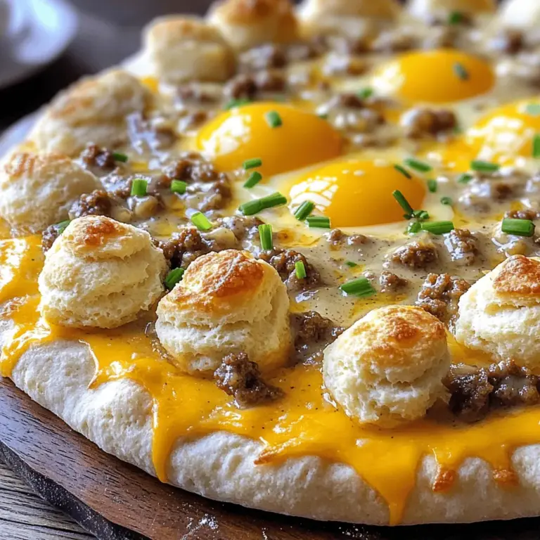 - 1 vorbereiteter Pizzateig (aus dem Laden oder hausgemacht) - 1 Tasse Buttermilch Biscuit-Mischung - 450 g würzige Frühstückswurst, zerkrümelt Die Basis für diese Pizza ist der Pizzateig. Er kann gekauft oder selbst gemacht sein. Ich finde, selbstgemachter Teig hat oft den besten Geschmack. Die Buttermilch Biscuit-Mischung sorgt für eine weiche, flauschige Textur. Die würzige Frühstückswurst gibt der Pizza einen kräftigen und herzhaften Kick. - 2 Esslöffel Butter - 1/4 Tasse Weizenmehl - 480 ml Vollmilch (für die Soße) - 1 Teelöffel Knoblauchpulver - 1 Teelöffel Zwiebelpulver - 1/2 Teelöffel schwarzer Pfeffer - 1/4 Teelöffel Cayennepfeffer (optional für extra Schärfe) Die Soße bringt alles zusammen. Butter und Mehl bilden eine Basis, die dick und reichhaltig ist. Vollmilch macht die Soße cremig. Knoblauch- und Zwiebelpulver fügen Geschmack hinzu. Der schwarze Pfeffer bringt Würze, während Cayennepfeffer eine optionale Schärfe gibt. - Frischer Schnittlauch oder Petersilie - Salz nach Geschmack Die Garnitur ist der letzte Schliff. Frischer Schnittlauch oder Petersilie gibt Farbe und Frische. Salz hilft, die Aromen zu verstärken. Du kannst die Menge nach deinem Geschmack anpassen. Wenn du mehr über die Zubereitung erfahren möchtest, schau dir die [Full Recipe] an. - Heize deinen Ofen auf 220°C vor. - Rolle den Pizzateig auf einer bemehlten Fläche zu einem 30 cm großen Kreis aus. - Übertrage den Teig auf ein Backblech oder einen Pizzastein. - Mische die Biscuit-Mischung mit der Milch in einer Schüssel. Rühre, bis der Teig weich ist. - Setze mit einem Löffel gleichmäßige Biscuit-Häufchen auf den Pizzateig. - Brate die zerkrümelte Wurst in einer Pfanne bei mittlerer Hitze an. - Koche sie, bis sie braun ist, etwa 5-7 Minuten. - Lass das überschüssige Fett abtropfen und lege die Wurst beiseite. - Schmelze in der gleichen Pfanne die Butter. - Streue das Mehl ein und koche es 1-2 Minuten lang, bis es goldbraun ist. - Gieße langsam die Vollmilch dazu. Rühre ständig, um Klumpen zu vermeiden. - Füge Knoblauchpulver, Zwiebelpulver, schwarzen Pfeffer und Cayennepfeffer hinzu. - Koche die Soße unter ständigem Rühren, bis sie eindickt, etwa 4-5 Minuten. - Schmecke die Soße mit Salz ab. - Verteile die angebratene Wurst gleichmäßig über den Biscuit-Boden. - Gieße die Soße gleichmäßig darüber. - Bestreue die Soße mit geriebenem Cheddar-Käse. - Mache zwei kleine Vertiefungen in den Käse und schlage jeweils ein Ei hinein. - Stelle die Pizza in den vorgeheizten Ofen. - Backe sie etwa 20-25 Minuten, bis der Teig goldbraun ist und die Eier gar sind. - Lass die Pizza nach dem Backen ein paar Minuten abkühlen. - Garniere sie mit frischem Schnittlauch oder Petersilie, bevor du sie anschneidest. Für das vollständige Rezept, schaue dir die vollständige Anleitung an. - Das richtige Mehl verwenden: Für flauschige Biscuits ist Weizenmehl ideal. Es gibt dem Teig Struktur und schafft eine leichte Konsistenz. - Teig nicht überarbeiten: Mischen Sie den Teig gerade genug. Wenn Sie zu lange kneten, wird der Biscuit fest und zäh. - Alternativen zur Frühstückswurst: Probieren Sie Hähnchenwurst oder vegetarische Wurst. Diese Optionen bringen neue Aromen und sind leichter. - Gewürze anpassen für verschiedene Geschmäcker: Fügen Sie Paprika oder Kreuzkümmel hinzu. Diese Gewürze verleihen der Soße eine besondere Note und Vielfalt. - Gas- vs. Elektroherd: Gasöfen heizen schneller und gleichmäßiger. Elektroöfen sind oft einfacher zu steuern. Wählen Sie je nach Ihrer Erfahrung und Vorliebe. - Verwendung eines Pizzasteins: Ein Pizzastein speichert die Hitze gut. Er sorgt für einen knusprigen Boden. Heizen Sie ihn immer mit dem Ofen vor. Für detaillierte Anweisungen, schauen Sie sich das Full Recipe an. {{image_4}} Um Ihrer Pizza eine persönliche Note zu geben, probieren Sie, Gemüse hinzuzufügen. Paprika, Zwiebeln oder Spinat passen gut dazu. Sie bringen Farbe und Nährstoffe. Einfach das Gemüse vorher anbraten und dann auf die Pizza legen. Eine andere Möglichkeit ist, verschiedene Käsesorten zu verwenden. Cheddar ist toll, aber probieren Sie auch Mozzarella oder Gouda. Jeder Käse bringt einen eigenen Geschmack mit. Experimentieren Sie und finden Sie Ihre Lieblingskombination. Für alle, die glutenfrei essen, gibt es Optionen. Sie können glutenfreien Pizzateig kaufen oder selbst machen. Viele Rezepte sind einfach und lecker. Außerdem gibt es alternative Biscuit-Mischungen. Diese sind oft aus Reis- und Mandelmehl. Achten Sie auf die Anweisungen auf der Verpackung, um die besten Ergebnisse zu erzielen. Eine spannende Methode ist die Zubereitung im Air Fryer. Sie erhalten eine knusprige Kruste in kürzerer Zeit. Stellen Sie die Temperatur auf 200°C ein und backen Sie die Pizza etwa 15-20 Minuten. Überprüfen Sie sie regelmäßig, um sicherzustellen, dass sie nicht verbrennt. Eine weitere Variation ist, die Frühstücks-Pizza als Omelette zu machen. Dazu schlagen Sie Eier und fügen die Wurst und Soße hinzu. Kochen Sie alles in einer Pfanne, bis die Eier fest sind. So haben Sie ein schnelles und leckeres Frühstück. Um mehr über die Zubereitung zu erfahren, schauen Sie sich das Full Recipe an. Um die Reste der Pizza frisch zu halten, lege sie in einen luftdichten Behälter. Stelle sicher, dass der Behälter gut verschlossen ist, damit keine Luft eindringt. So bleibt die Pizza für bis zu drei Tage im Kühlschrank gut. Wenn du die Reste aufwärmen möchtest, gibt es zwei einfache Methoden. Du kannst die Pizza in der Mikrowelle erhitzen. Dies geht schnell, aber die Kruste wird wieder weich. Eine bessere Wahl ist der Ofen. Heize ihn auf 175 Grad vor und lege die Pizza auf ein Blech. Backe sie für etwa 10 Minuten. So wird die Kruste schön knusprig. Die Frische der Wurst und der Biscuits ist wichtig. Frische Wurst hält sich im Kühlschrank etwa eine Woche. Achte darauf, das Verfallsdatum auf der Verpackung zu prüfen. Die Biscuit-Mischung bleibt in einer trockenen, kühlen Umgebung bis zu einem Jahr haltbar. Für die Soße kannst du sie in einem luftdichten Behälter im Kühlschrank aufbewahren. Sie bleibt dort etwa drei Tage frisch. Wenn du die Soße aufwärmst, rühre sie gut um, um eine gleichmäßige Konsistenz zu erreichen. Das Einfrieren der Pizza hat Vor- und Nachteile. Der Vorteil ist, dass du Reste lange lagern kannst. Die Pizza bleibt bis zu drei Monate frisch im Gefrierfach. Der Nachteil ist, dass die Textur beim Auftauen nicht immer perfekt ist. Um die Pizza einzufrieren, lasse sie zuerst vollständig abkühlen. Wickele sie dann in Frischhaltefolie und lege sie in einen Gefrierbeutel. Vergiss nicht, das Datum darauf zu schreiben. Zum Auftauen stelle die Pizza über Nacht in den Kühlschrank. Du kannst sie dann im Ofen aufwärmen, wie oben beschrieben. So bleibt sie so gut wie neu. Die gesamte Zubereitung dauert etwa 45 Minuten. Die Vorbereitungszeit beträgt etwa 20 Minuten. Danach backen Sie die Pizza für 20 bis 25 Minuten. So haben Sie in kurzer Zeit eine köstliche Frühstücksoption. Ja, Sie können die Wurst leicht ersetzen. Verwenden Sie zum Beispiel eine vegetarische Wurst oder Tofu. Diese Optionen bieten einen ähnlichen Geschmack. Auch gebratene Pilze oder Spinat passen gut dazu. Servieren Sie die Pizza heiß und frisch aus dem Ofen. Ein einfacher Beilagensalat passt gut dazu. Sie können auch etwas frische Salsa oder Avocado dazugeben. Garnieren Sie die Pizza mit Schnittlauch oder Petersilie für mehr Geschmack. Die Zubereitung dieser leckeren Pizza ist einfach und macht Spaß. Wir haben alles behandelt, was du brauchst: von den Hauptzutaten wie Pizzateig und Frühstückswurst bis hin zu den perfekten Soßen und Garnituren. Denk daran, dass du mit verschiedenen Zutaten und Zubereitungsmethoden experimentieren kannst. So findest du deinen eigenen Geschmack. Abgesehen davon sorgen richtige Lagerung und Aufbewahrung dafür, dass dein Essen frisch bleibt. Viel Freude beim Ausprobieren und guten Appetit!