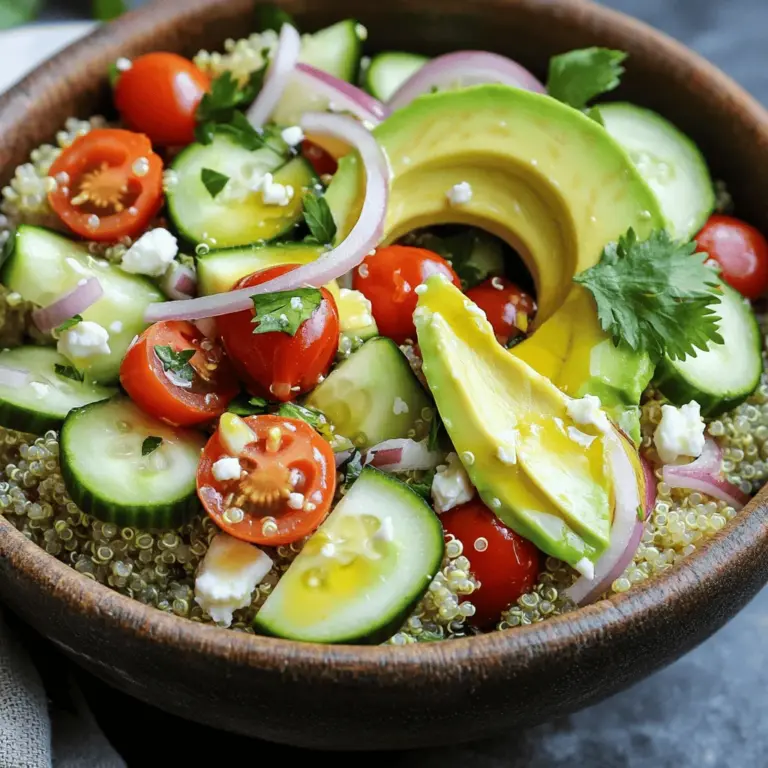 Für die Sommer Veggie Quinoa Bowl brauchen Sie einige frische und leckere Zutaten. Hier ist die Liste: - 1 Tasse Quinoa - 2 Tassen Gemüsebrühe oder Wasser - 1 rote Paprika, gewürfelt - 1 Tasse Cherrytomaten, halbiert - 1 mittelgroße Zucchini, gewürfelt - 1 Tasse Maiskörner (frisch oder gefroren) - 1 Avocado, in Scheiben geschnitten - 1 Gurke, gewürfelt - 1/4 Tasse rote Zwiebel, dünn geschnitten - 1/4 Tasse frischer Koriander, gehackt - 3 Esslöffel Olivenöl - 2 Esslöffel Zitronensaft - Salz und Pfeffer nach Geschmack Ich liebe, wie die Quinoa die anderen Zutaten ergänzt. Sie ist nahrhaft und gibt der Bowl eine schöne Basis. Die Auswahl an Gemüse ist wichtig. Rote Paprika liefert Vitamin C. Cherrytomaten sind reich an Antioxidantien. Zucchini bringt Ballaststoffe und Wasser. Gurken sind erfrischend und hydratisierend. Mais gibt einen süßen Geschmack und ist voller Energie. Das Hinzufügen von frischem Koriander bringt einen tollen Geschmack. Diese Nahrungsmittel sind nicht nur lecker, sondern auch gesund. Sie helfen, die Sommerhitze zu besiegen. Um Ihrer Quinoa-Bowl ein wenig Extra zu verleihen, können Sie einige Toppings hinzufügen. Feta-Käse bringt Cremigkeit und einen salzigen Geschmack. Kürbiskerne oder Sonnenblumenkerne fügen einen schönen Crunch hinzu. Diese Zutaten bieten mehr Textur und Geschmack. Die Kombination aus frischem Gemüse und den Toppings macht das Gericht spannend. Für das vollständige Rezept und detaillierte Anweisungen, schauen Sie sich die [Full Recipe] an. Um die Quinoa perfekt zuzubereiten, spüle sie zuerst unter kaltem Wasser. Dies entfernt Bitterstoffe. Koche in einem mittelgroßen Topf zwei Tassen Gemüsebrühe oder Wasser. Das Wasser sollte sprudelnd kochen. Füge dann eine Tasse Quinoa hinzu. Reduziere die Hitze auf niedrig und decke den Topf ab. Lass die Quinoa etwa 15 Minuten lang köcheln, bis sie fluffig ist. Wenn das Wasser aufgesogen ist, ist die Quinoa fertig. Lass sie kurz abkühlen. Jetzt kommt der Spaß! Nimm eine rote Paprika und schneide sie in kleine Würfel. Halbiere die Cherrytomaten und würfle die Zucchini. Die Gurke wird auch gewürfelt. Wenn du frischen Mais hast, schneide ihn ab. Ansonsten kannst du gefrorenen Mais nutzen. Schneide die rote Zwiebel in dünne Ringe und hacke den frischen Koriander. Mische das gesamte Gemüse in einer großen Schüssel gut durch. Das Dressing ist einfach und lecker. Nimm eine kleine Schüssel und gib drei Esslöffel Olivenöl hinein. Füge zwei Esslöffel Zitronensaft hinzu. Jetzt kommt Salz und Pfeffer nach Geschmack. Verquirle alles gut mit einer Gabel oder einem kleinen Schneebesen. Das Dressing sollte frisch und leicht sein. Gieße es gleichmäßig über die Quinoa-Gemüse-Mischung. Mische alles vorsichtig, damit die Quinoa und das Gemüse gut verteilt sind. Füge am Ende den Koriander und die Avocado hinzu. So wird alles noch besser. Du kannst die Sommer Veggie Quinoa Bowls nun anrichten und genießen! Für mehr Details, schau dir das Full Recipe an. Um Quinoa perfekt zu kochen, spüle die Körner zuerst gut ab. Dies entfernt Bitterstoffe. Verwende dann zwei Teile Flüssigkeit für einen Teil Quinoa. Bring die Flüssigkeit zum Kochen. Füge die Quinoa hinzu und reduziere die Hitze. Lass die Quinoa für 15 Minuten köcheln. Danach nimm sie vom Herd und lass sie abgedeckt stehen. So wird sie fluffig und lecker. Die Sommerliche Gemüse-Quinoa-Bowl ist flexibel. Du kannst dein Lieblingsgemüse verwenden. Versuche Brokkoli, Karotten oder Spinat. Auch geröstetes Gemüse schmeckt toll. Mixe verschiedene Farben, um die Bowl bunt und einladend zu machen. So bleibt sie auch spannend und nahrhaft. Die Quinoa-Bowl ist von Natur aus vegan und glutenfrei. Das macht sie ideal für viele Diäten. Achte darauf, glutenfreie Brühe zu verwenden. Für eine proteinreiche Variante füge Kichererbsen oder Linsen hinzu. Wenn du auf Milchprodukte verzichtest, lasse den Feta-Käse weg oder ersetze ihn durch einen veganen Käse. So kannst du jeden glücklich machen. Probiere die Rezeptur aus dem [Full Recipe]. {{image_4}} Für die mediterrane Sommer-Veggie-Bowl wähle ich Gemüse wie Auberginen und Oliven. Diese Zutaten geben dem Gericht einen herzhaften Geschmack. Ich füge auch Feta-Käse hinzu, um eine salzige Note zu erzeugen. Ein Spritzer Balsamico-Essig macht das Ganze frisch und lebendig. Diese Bowl passt perfekt zu einem warmen Sommerabend. In der asiatischen Quinoa-Bowl verwende ich Sojasauce und frischen Ingwer. Diese Zutaten bringen ein tolles Aroma in die Schüssel. Ich füge auch Karotten und Brokkoli hinzu, um mehr Farbe und Nährstoffe zu bekommen. Ein Schuss Sesamöl rundet den Geschmack ab. Diese Bowl besitzt einen leicht würzigen Kick, der sehr ansprechend ist. Für die herzhafte-nussige Variante mische ich verschiedene Nüsse wie Mandeln und Walnüsse. Diese sorgen für einen tollen Crunch. Ich füge auch Chiasamen oder Leinsamen hinzu, um gesunde Fette zu integrieren. Ein wenig Honig oder Agavendicksaft bringt eine süße Note. Diese Bowl ist ein wahrer Genuss für alle, die Nüsse mögen. Jede dieser Variationen bringt frische und nahrhafte Zutaten auf den Tisch. Du kannst mit verschiedenen Aromen und Texturen spielen. Wenn du mehr über die Grundrezepte erfahren möchtest, schau dir das [Full Recipe] an. Um die Frische der Sommer Veggie Quinoa Bowls zu bewahren, lagere sie im Kühlschrank. Verwende einen luftdichten Behälter. So bleibt dein Gericht für bis zu vier Tage frisch. Achte darauf, die Quinoa-Bowl vollständig abzukühlen, bevor du sie in den Kühlschrank stellst. Das verhindert Kondensation, die die Textur beeinträchtigen kann. Du kannst die Quinoa Bowls auch einfrieren. Teile sie in Portionen auf und lege sie in gefriergeeignete Behälter. Achte darauf, die Mischung vor dem Einfrieren gut abzukühlen. Die Bowls halten sich bis zu drei Monate im Gefrierfach. Zum Auftauen lege sie einfach über Nacht in den Kühlschrank oder erwärme sie in der Mikrowelle. Die Haltbarkeit der Sommer Veggie Quinoa Bowl hängt von der Lagerung ab. Im Kühlschrank bleibt sie für vier Tage genießbar. Einfrieren verlängert die Haltbarkeit auf bis zu drei Monate. Überprüfe immer auf Geruch oder Veränderungen in der Farbe, bevor du sie isst. So stellst du sicher, dass du die bestmögliche Qualität hast. Die Zubereitung der Sommerlichen Gemüse-Quinoa-Bowl dauert insgesamt etwa 30 Minuten. Du benötigst 15 Minuten, um die Quinoa und das Gemüse vorzubereiten. Das Kochen der Quinoa braucht weitere 15 Minuten. So hast du schnell ein gesundes Gericht. Ja, du kannst die Quinoa-Bowl im Voraus zubereiten. Bereite die Quinoa und das Gemüse einfach einen Tag vorher vor. Lagere sie in einem luftdichten Behälter im Kühlschrank. Wenn du bereit bist zu essen, mische das Dressing frisch hinzu. So bleiben die Aromen frisch und lecker. Du kannst viele verschiedene Gemüsesorten nutzen. Einige gute Optionen sind: - Brokkoli - Karotten - Spinat - Süßkartoffeln - Erbsen Experimentiere mit deinen Lieblingsgemüsesorten und finde deine perfekte Mischung. Das macht die Bowl spannend und lecker. Diese Anleitung zeigte dir, wie du eine leckere sommerliche Gemüse-Quinoa-Bowl machst. Wir haben die Hauptzutaten, die Zubereitung und viele nützliche Tipps behandelt. Variationen wie die mediterrane oder asiatische Bowl bieten Abwechslung. Du kannst die Quinoa-Bowl auch leicht lagern und einfrieren. Probier diese Rezepte aus und genieße gesunde, leckere Mahlzeiten. Du wirst begeistert sein!