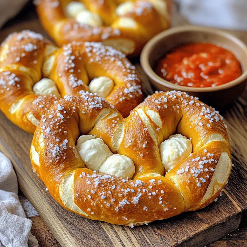 Für die leckeren Mozzarella gefüllten Brezeln benötigst du die folgenden Zutaten: - 1 Tasse warmes Wasser (43°C bis 46°C) - 2 Esslöffel Zucker - 2 Teelöffel Trockenhefe - 4 Tassen Weizenmehl - 1 Teelöffel Salz - 2/3 Tasse Natron - 1 großes Ei (für die Eimischung) - Grobes Meersalz (zum Bestreuen) - 225 g frische Mozzarella, in kleine Würfel geschnitten - 1 Esslöffel Olivenöl (zum Einfetten) Die Eimischung ist wichtig für den Glanz der Brezeln. Du brauchst dafür: - 1 großes Ei Um den Geschmack deiner Brezeln zu verbessern, kannst du folgende Zutaten hinzufügen: - 1 Teelöffel Knoblauchpulver - 1 Teelöffel italienische Gewürze Diese Zutaten machen deine Brezeln noch schmackhafter. Du kannst sie nach Belieben hinzufügen. Sie passen perfekt zu dem geschmolzenen Mozzarella. Wenn du mehr über die Zubereitung erfahren möchtest, schau dir das [Full Recipe] an. Hefe ist ein wichtiger Teil dieses Rezepts. Sie hilft dem Teig, zu wachsen und fluffig zu werden. Wir aktivieren die Hefe mit warmem Wasser und Zucker. Das Wasser sollte zwischen 43°C und 46°C sein. Nach etwa 5-10 Minuten wird die Mischung schaumig. Das zeigt, dass die Hefe aktiv ist. Für den Teig mischen wir in einer großen Schüssel Weizenmehl und Salz. Wenn die Hefemischung bereit ist, gießen wir sie in die Mehlmischung. Rühren Sie mit einem Löffel, bis ein Teig entsteht. Dann kommt die Knetarbeit. Kneten Sie den Teig auf einer bemehlten Fläche etwa 5-7 Minuten lang. Der Teig sollte glatt und elastisch sein. Danach legen wir ihn in eine geölte Schüssel, decken ihn ab und lassen ihn an einem warmen Ort etwa eine Stunde gehen. Wenn der Teig aufgegangen ist, drücken wir ihn herunter und teilen ihn in 8 Stücke. Jedes Stück rollen wir zu einem langen Strang, etwa 60 cm. Danach drücken wir jeden Strang leicht flach. In die Mitte legen wir ein Stück Mozzarella. Falten Sie den Teig über den Käse und drücken Sie die Ränder gut zusammen. Drehen Sie die Enden, um die Brezel zu formen. Jetzt sind wir bereit für das Backnatronbad, das den Brezeln ihren typischen Geschmack gibt. Um die perfekte Konsistenz zu erreichen, achte auf die Hefe. Sie muss schaumig sein. Wenn sie es nicht ist, benutze frische Hefe. Der Teig sollte glatt und elastisch sein. Knete ihn mindestens 5 Minuten. Das sorgt für die richtige Textur. Lass den Teig genug Zeit zum Gehen. Ein warmer Ort hilft, damit er sich verdoppeln kann. Ein häufiger Fehler ist, nicht genug Wasser zu verwenden. Zu wenig Wasser macht den Teig trocken. Achte auch darauf, die Brezeln nicht zu lange im Wasser zu kochen. 30 Sekunden sind genug. Wenn du sie zu lange kochst, werden sie zäh. Ein weiterer Fehler ist, die Ränder nicht gut zu schließen. Das Käse könnte beim Backen auslaufen. Vorbereitung ist der Schlüssel! Bereite alle Zutaten im Voraus vor. Mische Wasser, Zucker und Hefe zuerst. Lass diese Mischung schäumen, während du das Mehl abmisst. So sparst du Zeit. Wenn du die Brezeln backst, halte sie warm. Serviere sie direkt nach dem Backen. So bleiben sie frisch und lecker. Für den besten Geschmack, bereite Dips wie Marinara-Sauce vor. Sie passen perfekt zu den Brezeln. {{image_4}} Für eine mediterrane Note kannst du frische Kräuter hinzufügen. Verwende Basilikum, Oregano und Thymian. Diese Kräuter geben den Brezeln einen tollen Geschmack. Du kannst auch getrocknete Tomaten und Olivenstücke in die Füllung geben. Diese Zutaten machen die Brezeln besonders. Sie sind perfekt für einen Snack oder als Vorspeise. Wenn du etwas Süßes suchst, probiere süße Brezeln. Nutze eine Käsealternative wie Frischkäse. Mische ihn mit etwas Zimt und Zucker. Diese Mischung füllst du in die Brezeln. So bekommst du einen leckeren süßen Snack. Diese Brezeln sind toll für Kinder und perfekt zu einem Kaffee. Falls du Gluten meiden musst, gibt es auch glutenfreie Optionen. Verwende glutenfreies Mehl, das du in jedem Supermarkt findest. Achte darauf, dass du auch glutenfreies Natron nutzt. Der Teig braucht vielleicht etwas mehr Wasser. So wird er geschmeidig und gut formbar. Glutenfreie Brezeln sind ebenso lecker wie die klassischen. Teile das Rezept mit deinen Freunden und genieße die Vielfalt. Für mehr Details und die vollständige Anleitung, schau dir das Full Recipe an! Um übrig gebliebene Brezeln frisch zu halten, lege sie in einen luftdichten Behälter. Das schützt sie vor Feuchtigkeit und hält sie weich. Wenn du die Brezeln in Frischhaltefolie wickelst, bleibt die Frische länger erhalten. Du kannst sie auch in ein Tuch wickeln, aber das Tuch sollte nicht zu feucht sein. Lagere die Brezeln bei Raumtemperatur und vermeide direkte Sonneneinstrahlung. Wenn die Brezeln hart geworden sind, gibt es einfache Wege, sie wieder frisch zu machen. Heize deinen Ofen auf 180 °C vor. Lege die Brezeln auf ein Backblech und sprühe sie leicht mit Wasser ein. Das hilft, die Feuchtigkeit wiederherzustellen. Backe sie für etwa 5-7 Minuten. Das macht die Brezeln wieder weich und lecker. Eine Mikrowelle kann auch helfen, aber nur für kurze Zeit. Das Einfrieren ist eine großartige Option, um Brezeln für später zu bewahren. Lasse die Brezeln zuerst vollständig abkühlen, damit sie nicht matschig werden. Wickele jede Brezel in Frischhaltefolie und lege sie in einen Gefrierbeutel. So bleiben sie bis zu drei Monate frisch. Wenn du bereit bist, sie zu essen, lasse sie im Kühlschrank auftauen. Danach kannst du sie im Ofen aufwärmen, um die Knusprigkeit zurückzubringen. Gefüllte Brezeln bleiben frisch, wenn du sie richtig lagerst. Du kannst sie in einem luftdichten Behälter bis zu 3 Tage im Kühlschrank aufbewahren. Wichtig ist, dass sie abgekühlt sind, bevor du sie verpackst. Für eine längere Haltbarkeit kannst du die Brezeln auch einfrieren. In einem Gefrierbeutel halten sie sich bis zu 3 Monate. Ja, die Füllung ist ganz nach deinem Geschmack. Du kannst verschiedene Käsesorten verwenden, wie Cheddar oder Gouda. Auch Gemüse wie Spinat oder getrocknete Tomaten passen gut. Für eine süße Variante kannst du Schokoladenstückchen oder Nüsse verwenden. Sei kreativ und experimentiere mit verschiedenen Zutaten. Die besten Dips für gefüllte Brezeln sind einfach und lecker. Marinara-Sauce ist klassisch und passt gut. Knoblauchbutter oder ein cremiger Käsedip sind auch großartig. Du kannst auch einen scharfen Senf oder Hummus ausprobieren. Diese Dips ergänzen den Geschmack der Brezeln perfekt! Mozzarella gefüllte Brezeln sind einfach zu machen und bieten viele Möglichkeiten. Ich habe die Zutaten aufgelistet und erklärt, wie Sie den Teig richtig zubereiten. Tipps helfen Ihnen, typische Fehler zu vermeiden und die perfekte Konsistenz zu erreichen. Variationen bringen neuen Geschmack, selbst glutenfreie Optionen sind möglich. Lagern Sie Ihre Brezeln richtig, um sie frisch zu halten. Jetzt sind Sie bereit, Ihre eigenen köstlichen Brezeln zu genießen. Viel Spaß beim Ausprobieren!