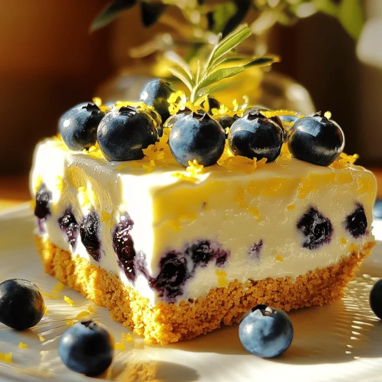 Für diesen köstlichen No-Bake Lemon Blueberry Cream Cake brauchen wir: - 1 ½ Tassen Graham-Cracker-Brösel - ½ Tasse ungesalzene Butter, geschmolzen - 1 Tasse Frischkäse, weich gerührt - 1 Tasse Puderzucker - 1 Tasse schwere Schlagsahne - 1 Teelöffel Vanilleextrakt - Abgeriebene Schale von 1 Zitrone - ½ Tasse frischer Zitronensaft - 1 ½ Tassen frische Blaubeeren (plus zusätzliche für die Garnitur) Die Qualität der Zutaten macht den Unterschied. Verwende frische Blaubeeren für den besten Geschmack. Achte darauf, den Frischkäse gut zu rühren, bis er cremig ist. So gelingt die Füllung besser. Die Zitronenschale bringt ein intensives Aroma. Sie gibt dem Kuchen einen frischen Kick. Die Graham-Cracker-Brösel sind die Basis für die Kruste. Stelle sicher, dass sie fein sind. Grobe Brösel könnten die Konsistenz der Kruste stören. Wenn du eine glutenfreie Option suchst, ersetze die Graham-Cracker durch glutenfreie Kekse. Für eine kalorienärmere Variante verwende fettarmen Frischkäse und leichte Schlagsahne. Veganer können den Frischkäse durch pflanzliche Alternativen ersetzen. Statt Sahne kannst du Kokoscreme verwenden. Diese Alternativen helfen, den Kuchen an verschiedene Diäten anzupassen. Für das vollständige Rezept, schau dir den [Full Recipe] an. Um die Kruste zu machen, brauchen wir Graham-Cracker-Brösel und geschmolzene Butter. Mische 1 ½ Tassen Brösel mit ½ Tasse Butter in einer Schüssel. Rühre gut, bis die Brösel gleichmäßig feucht sind. Drücke die Mischung in den Boden einer 9-Zoll-Springform. Achte darauf, dass die Kruste fest ist. Stelle die Form dann in den Kühlschrank, während du die Füllung machst. Jetzt geht es an die Füllung. Nimm 1 Tasse Frischkäse und schlage sie mit 1 Tasse Puderzucker in einer großen Schüssel. Mische bis die Mischung cremig ist. Füge dann die abgeriebene Schale von 1 Zitrone, ½ Tasse frischen Zitronensaft und 1 Teelöffel Vanilleextrakt hinzu. Rühre alles gut um. In einer anderen Schüssel schlage 1 Tasse schwere Schlagsahne, bis sie steife Spitzen hat. Hebe die geschlagene Sahne vorsichtig unter die Frischkäse-Mischung. Füge dann 1 ½ Tassen frische Blaubeeren hinzu, ohne sie zu zerdrücken. Gieße die Zitronen-Blaubeer-Füllung auf die gekühlte Kruste. Glätte die Oberfläche mit einem Spatel. Decke den Kuchen mit Frischhaltefolie ab. Stelle ihn für mindestens 4 Stunden oder über Nacht in den Kühlschrank. Das Festwerden ist wichtig, damit der Kuchen stabil bleibt. Nach dem Kühlen kannst du die Springform vorsichtig abnehmen. Garniere den Kuchen mit frischen Blaubeeren und etwas Zitronenschale. Für das vollständige Rezept schaue dir die [Full Recipe] an. Um die ideale Konsistenz zu erreichen, achte auf die Sahne. Schlage sie gut, bis steife Spitzen entstehen. Das gibt deinem Kuchen die nötige Fülle. Bei der Frischkäse-Mischung ist es wichtig, dass der Frischkäse weich ist. So vermischt er sich gut mit dem Puderzucker und anderen Zutaten. Wenn die Mischung zu fest erscheint, kannst du etwas mehr Zitronensaft hinzufügen. Das hilft, die Textur zu lockern. Eine schöne Dekoration bringt deinen Kuchen zum Strahlen. Verwende frische Blaubeeren und etwas Zitronenschale für einen tollen Look. Du kannst die Blaubeeren gleichmäßig auf der Oberfläche anordnen. Ein spritziger Zuckerguss kann ebenfalls einen schönen Effekt erzielen. Wenn du einen besonderen Touch möchtest, streue einige Minzblätter darüber. Das sieht hübsch aus und gibt einen frischen Geschmack. Ein häufiger Fehler ist, die Sahne nicht lange genug zu schlagen. Das führt dazu, dass der Kuchen nicht fest wird. Achte auch darauf, die Blaubeeren vorsichtig unterzuheben. Wenn du sie zerdrückst, wird die Füllung unansehnlich. Lass den Kuchen ausreichend im Kühlschrank. Mindestens vier Stunden sind ideal. Wenn du diese Tipps befolgst, gelingt dir der No-Bake Lemon Blueberry Cream Cake perfekt. Für mehr Details, schau dir das [Full Recipe] an. {{image_4}} Du kannst diesen Kuchen leicht mit anderen Früchten anpassen. Himbeeren oder Erdbeeren passen gut. Diese Früchte bringen eine süße Note. Auch Pfirsiche oder Mangos sind tolle Alternativen. Der Prozess bleibt gleich, aber die Aromen ändern sich. Experimentiere mit verschiedenen Früchten und finde deinen Favoriten! Eine vegane Version ist einfach umzusetzen. Ersetze den Frischkäse durch einen veganen Frischkäse. Nutze Kokoscreme anstelle von schwerer Sahne. Auch hier bleibt der Geschmack frisch und lecker. Stelle sicher, dass alle Zutaten pflanzlich sind. Der Kuchen bleibt cremig und köstlich, ganz ohne tierische Produkte. Für eine glutenfreie Version kannst du glutenfreie Kekse verwenden. Die Graham-Cracker-Brösel sind leicht ersetzbar. Achte darauf, dass die restlichen Zutaten glutenfrei sind. Das sorgt dafür, dass jeder den Kuchen genießen kann. Geschmack und Textur bleiben unverändert, und du hast einen tollen Leckerbissen. Um deinen No-Bake Zitronen-Blaubeer-Cream-Kuchen frisch zu halten, ist die richtige Lagerung wichtig. Du solltest den Kuchen in einem luftdichten Behälter aufbewahren. So bleibt die Füllung cremig und die Kruste knusprig. Stelle sicher, dass der Kuchen gut abgedeckt ist, um den Kontakt mit Luft zu vermeiden. Der Kuchen bleibt im Kühlschrank etwa 4 bis 5 Tage frisch. Nach dieser Zeit kann die Füllung ihre Textur ändern. Die Blaubeeren können auch ihre Frische verlieren. Ich empfehle, den Kuchen innerhalb diesen Zeitraums zu genießen, um das beste Geschmackserlebnis zu haben. Wenn du den Kuchen länger aufbewahren möchtest, kannst du ihn einfrieren. Bedecke ihn gut mit Frischhaltefolie und lege ihn in einen gefrierfesten Behälter. So bleibt er bis zu 2 Monate haltbar. Zum Auftauen lege den Kuchen einfach über Nacht in den Kühlschrank. Vermeide das Auftauen bei Raumtemperatur, um die Textur zu erhalten. Der Kuchen sollte mindestens 4 Stunden im Kühlschrank fest werden. Am besten lässt man ihn über Nacht stehen. So wird die Füllung schön fest und der Geschmack kann sich gut entfalten. Wenn du die Zeit hast, ist das Warten wirklich wert. Ja, du kannst den Kuchen im Voraus machen. Er bleibt im Kühlschrank für bis zu 3 Tage frisch. Das ist perfekt, wenn du Gäste erwartest oder eine Feier planst. Du kannst auch die Kruste und die Füllung getrennt zubereiten und sie dann am Tag der Feier zusammenfügen. Wenn die Füllung zu flüssig ist, gibt es ein paar Lösungen. Du kannst mehr Frischkäse hinzufügen, um die Konsistenz zu verbessern. Auch etwas mehr geschlagene Sahne kann helfen. In manchen Fällen kann es nützlich sein, die Füllung für eine kurze Zeit im Kühlschrank zu kühlen, bevor du sie in die Kruste gießt. Achte darauf, dass alle Zutaten gut gekühlt sind, bevor du mit dem Rezept beginnst. Das hilft, die richtige Festigkeit zu erreichen. In diesem Artikel haben wir die Zutaten und deren besondere Hinweise erkundet. Ich habe Schritt für Schritt erklärt, wie du die perfekte Kruste und Füllung herstellst. Zudem habe ich Tipps und Tricks geteilt, um Fehler zu vermeiden und die Konsistenz zu verbessern. Variationen zeigen, wie du den Kuchen anpassen kannst. Abschließend gab ich Tipps zur Aufbewahrung und beantwortete häufige Fragen. Denke daran, dass Kreativität in der Küche viel Freude bringt. Experimentiere und finde deinen eigenen perfekten Kuchen!