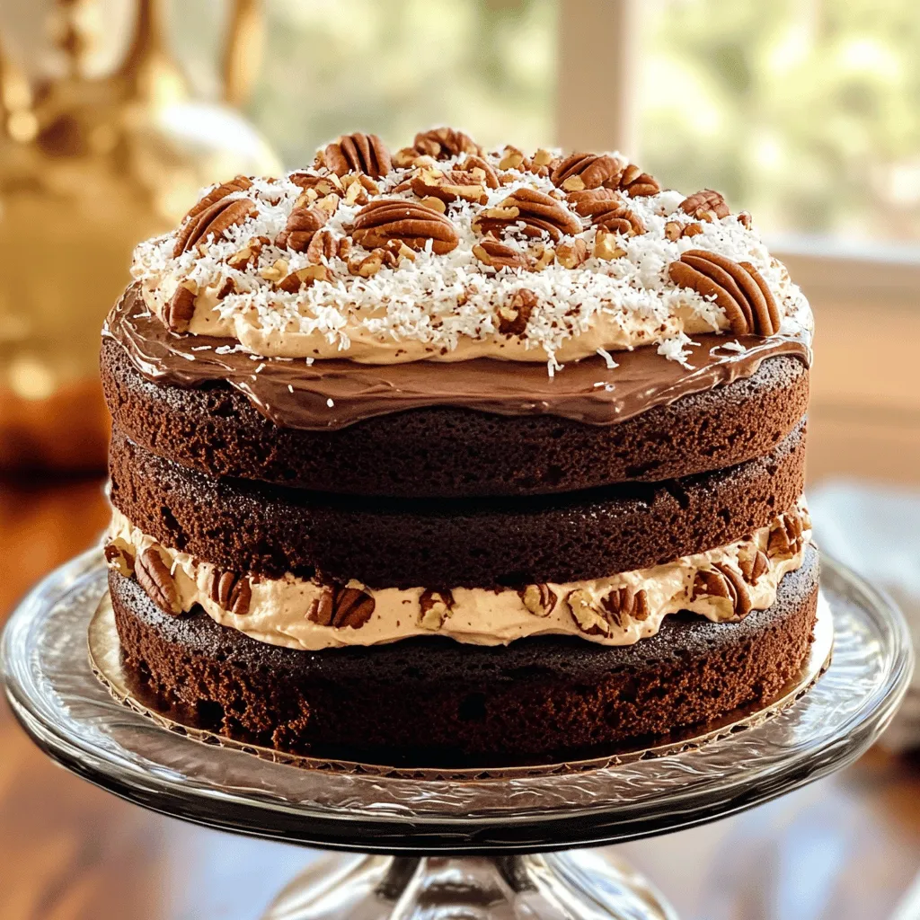 Um einen köstlichen deutschen Schokoladenkuchen zu machen, brauchst du einige Hauptzutaten. Diese sind: - 1 3/4 Tassen Allzweckmehl - 1 1/2 Teelöffel Backnatron - 1/2 Teelöffel Salz - 1/2 Tasse ungesüßtes Kakaopulver - 1 Tasse ungesalzene Butter, weich - 2 Tassen Kristallzucker - 4 große Eier, getrennt - 1 Teelöffel Vanilleextrakt - 1 Tasse Buttermilch Diese Zutaten geben deinem Kuchen die perfekte Textur und den besten Geschmack. Für das Frosting benötigst du weitere leckere Zutaten. Diese sind: - 2 Tassen gesüßte, geraspelte Kokosnuss - 1 Tasse gehackte Pekannüsse - 1/2 Tasse brauner Zucker - 1/4 Tasse Schlagsahne Das Frosting bringt eine wunderbare Süße und bietet einen tollen Kontrast zum Schokoladenteig. Die Wahl der richtigen Zutaten ist sehr wichtig. Hier sind einige Tipps: - Wähle frische Eier und hochwertige Butter. Das verbessert den Geschmack. - Verwende ungesüßtes Kakaopulver für den besten Schokoladengeschmack. - Achte darauf, dass die Kokosnuss frisch ist. So bleibt der Geschmack lebendig. - Kaufe Pekannüsse, die ungesalzen sind. So passt ihr Geschmack perfekt zum Kuchen. Verwende diese Tipps, um die besten Zutaten für deinen deutschen Schokoladenkuchen auszuwählen. So wird dein Kuchen ein echter Hit! Für das komplette Rezept siehe [Full Recipe]. Zuerst heize den Ofen auf 175°C vor. Das ist wichtig, damit dein Kuchen gleichmäßig backt. Nimm drei runde 9-Zoll-Kuchenformen. Fette sie mit etwas Butter ein. Streue dann etwas Mehl hinein, damit der Kuchen nicht kleben bleibt. Diese Schritte machen das Backen viel einfacher. Jetzt geht es an den Teig. In einer Schüssel vermischst du das Mehl, Backnatron, Salz und Kakaopulver. Stelle die Schüssel beiseite. In einer großen Schüssel schlägst du die weiche Butter und den Kristallzucker zusammen. Mische sie bis die Mischung leicht und fluffig ist. Füge die Eigelbe einzeln hinzu. Rühre nach jeder Zugabe gut um. Dann kommt der Vanilleextrakt dazu. Jetzt gib die trockenen Zutaten langsam zur Buttermischung. Abwechselnd mit der Buttermilch mischen, bis alles gut vermischt ist. In einer separaten Schüssel schlägst du die Eiweiße steif. Diese hebst du dann vorsichtig unter den Teig. Das macht den Kuchen schön luftig. Verteile den Teig gleichmäßig auf die vorbereiteten Formen. Backe die Kuchen 25 bis 30 Minuten lang. Ein Zahnstocher sollte sauber herauskommen, wenn der Kuchen fertig ist. Lass die Kuchen dann in den Formen für etwa 10 Minuten abkühlen. Danach nimm sie heraus und lass sie auf einem Gitter vollständig abkühlen. Dies ist wichtig, damit der Kuchen nicht matschig wird. Jetzt bist du bereit für das Frosting! Du kannst das vollständige Rezept für mehr Details nachlesen. Ein häufiger Fehler ist, nicht alle Zutaten auf Raumtemperatur zu bringen. Kalte Zutaten können den Teig schwer und klumpig machen. Ein weiterer Fehler ist, den Teig zu lange zu mischen. Das führt zu einem dichten Kuchen. Achte auch darauf, die Backzeit genau zu überwachen. Jeder Ofen ist anders, also teste mit einem Zahnstocher. Um die perfekte Konsistenz zu erreichen, ist es wichtig, die Eier getrennt zu schlagen. Die steifen Eiweiße geben dem Kuchen Luftigkeit. Mische die trockenen Zutaten gut, bevor du sie hinzufügst. Gib die Buttermilch nach und nach dazu. Der Teig sollte leicht flüssig, aber nicht zu dünn sein. Dies hilft, dass der Kuchen beim Backen gleichmäßig aufgeht. Für die Präsentation ist die Schichtung wichtig. Lege das Kokos-Pekannuss-Frosting zwischen die Schichten. Das macht den Kuchen saftig und lecker. Oben kannst du mehr Frosting und gehackte Pekannüsse hinzufügen. Eine Prise Kakaopulver auf der Oberseite sieht schön aus. Serviere den Kuchen mit Vanilleeis für einen besonderen Genuss. Wenn du das Rezept magst, schau dir das Full Recipe an! {{image_4}} Für eine vegane Variante des deutschen Schokoladenkuchens tauschen wir einige Zutaten aus. Verwenden Sie statt Eiern Apfelmus oder Leinsamen. Diese Zutaten helfen, den Teig zu binden. Statt Butter können Sie vegane Margarine nutzen. Auch die Buttermilch lässt sich ersetzen. Einfach Pflanzenmilch mit etwas Essig mischen. Das gibt den gleichen, tollen Geschmack. Wenn Sie glutenfrei backen möchten, verwenden Sie glutenfreies Mehl. Es gibt viele gute Mischungen im Handel. Achten Sie darauf, dass das Mehl auch für Kuchen geeignet ist. Der Geschmack bleibt lecker, und die Textur wird gut. Auch das Backnatron kann glutenfrei verwendet werden. So gelingt der Kuchen auch ohne Gluten. Um dem Kuchen eine besondere Note zu geben, probieren Sie verschiedene Aromen! Fügen Sie einen Spritzer Espresso hinzu. Das verstärkt den Schokoladengeschmack. Auch ein Hauch von Zimt kann eine feine Würze bringen. Für eine fruchtige Variante können Sie pürierte Kirschen oder Himbeeren einarbeiten. Diese Ideen machen Ihren Kuchen einzigartig und spannend! Für das vollständige Rezept, schauen Sie sich den Abschnitt "Full Recipe" an. Um deinen deutschen Schokoladenkuchen frisch zu halten, lege ihn in einen luftdichten Behälter. Du kannst den Kuchen auch in Frischhaltefolie wickeln. So bleibt er saftig und lecker. Achte darauf, den Kuchen an einem kühlen, trockenen Ort zu lagern. Vermeide Sonnenschein, damit er nicht austrocknet. Wenn du Kuchenreste hast, kannst du sie einfrieren. Schneide den Kuchen in Stücke. Wickel jedes Stück in Frischhaltefolie. Lege die Stücke dann in einen gefrierfesten Behälter. So bleibt der Geschmack erhalten. Du kannst die Stücke bis zu drei Monate einfrieren. Zum Auftauen lege sie einfach in den Kühlschrank. Bei Zimmertemperatur hält der Kuchen etwa zwei bis drei Tage. Wenn du ihn im Kühlschrank lagerst, bleibt er bis zu einer Woche frisch. Achte darauf, dass der Kuchen gut verpackt ist, um Gerüche aus dem Kühlschrank zu vermeiden. So schmeckt dein deutscher Schokoladenkuchen immer lecker und frisch! Der deutsche Schokoladenkuchen hat einen besonderen Geschmack. Er verwendet ungesüßtes Kakaopulver und Buttermilch, was ihn saftiger macht. Zudem kommt das Frosting mit Kokosnuss und Pekannüssen. Diese Zutaten verleihen dem Kuchen eine reichhaltige, nussige Note. Andere Schokoladenkuchen nutzen oft Schokolade oder weniger besondere Zutaten. Um weniger Zucker zu verwenden, probiere, den Kristallzucker zu reduzieren. Du kannst auch eine Mischung aus Zucker und Zuckerersatzstoffen nutzen. Einige Leser haben erfolgreich ungesüßtes Apfelmus verwendet. Das macht den Kuchen süß und fügt Feuchtigkeit hinzu. Experimentiere mit diesen Optionen, um deinen perfekten Kuchen zu finden. Ja, du kannst den Kuchen im Voraus backen. Lass ihn vollständig abkühlen und bewahre ihn gut verpackt auf. Du kannst ihn bis zu drei Tage bei Raumtemperatur lagern. Für längere Lagerung friere die Kuchen ein. Wickele sie fest in Frischhaltefolie. So bleibt der Kuchen frisch, wenn du ihn später genießen möchtest. Jetzt haben wir alles über den deutschen Schokoladenkuchen besprochen. Wir haben die Hauptzutaten, das Frosting und die besten Tipps zur Zubereitung behandelt. Zudem gab es Ratschläge, um Fehler zu vermeiden und den Kuchen perfekt zu präsentieren. Variationen für Veganer und Glutenfreie sowie Aufbewahrungshinweise machten das Thema rund. Denke daran, mit frischen Zutaten zu arbeiten. So schaffst du einen leckeren Kuchen. Experimentiere mit neuen Geschmäckern. Viel Spaß beim Backen!
