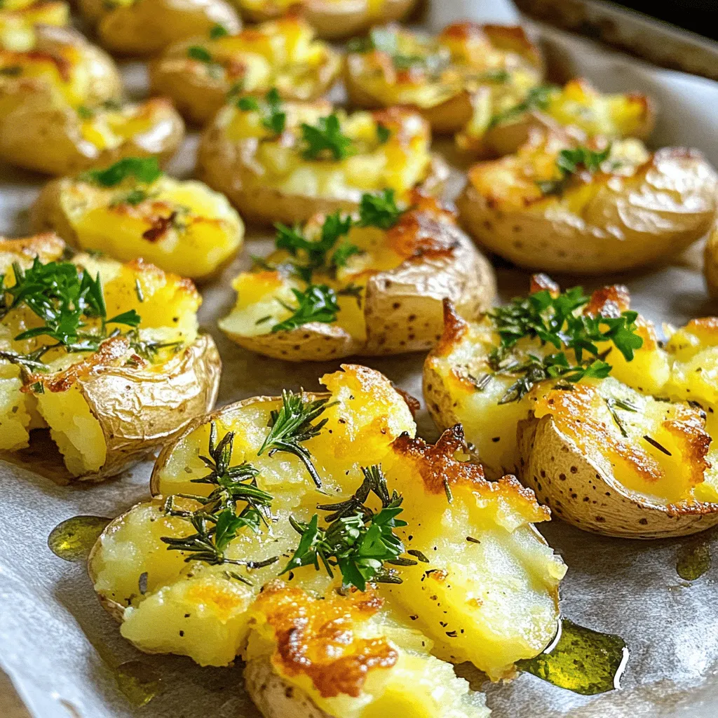 - Baby-Kartoffeln (Yukon Gold) - Olivenöl - Knoblauch Für knusprige zerschlagene Kartoffeln sind Baby-Kartoffeln die beste Wahl. Yukon Gold ist ideal. Sie sind cremig und haben einen tollen Geschmack. Olivenöl macht die Kartoffeln goldbraun und knusprig. Frischer Knoblauch bringt ein tolles Aroma. - Rosmarin - Thymian - Salz und Pfeffer Um den perfekten Geschmack zu erzielen, verwenden Sie Rosmarin und Thymian. Diese Kräuter geben den Kartoffeln eine besondere Note. Salz und Pfeffer sind wichtige Gewürze. Sie heben den Geschmack der Zutaten hervor. - Parmesan - Frische Petersilie Für ein extra leckeres Erlebnis können Sie Parmesan hinzufügen. Er schmilzt in den letzten Minuten und macht die Kartoffeln noch besser. Frische Petersilie sorgt für Farbe und frischen Geschmack. Diese Zutaten sind nicht nötig, aber sie machen das Gericht besonders. Für das vollständige Rezept schauen Sie sich die [Full Recipe] an. Heizen Sie Ihren Ofen auf 230°C vor. Diese hohe Temperatur sorgt für die perfekte Knusprigkeit. Vergessen Sie nicht, das Backblech mit Backpapier auszulegen. So bleiben die Kartoffeln nicht kleben und lassen sich leicht herausnehmen. Geben Sie die Baby-Kartoffeln in einen großen Topf. Decken Sie sie mit Wasser ab. Fügen Sie eine Prise Salz hinzu. Bringen Sie das Wasser zum Kochen. Kochen Sie die Kartoffeln 15-20 Minuten lang, bis sie weich sind. Eine Gabel hilft, die Zartheit zu testen. Wenn die Gabel leicht hinein gleitet, sind sie bereit. Lassen Sie die Kartoffeln abtropfen und kurz abkühlen. So können Sie sie besser anfassen. Legen Sie die abgekühlten Kartoffeln auf das Backblech. Nehmen Sie einen Kartoffelstampfer oder eine Gabel. Drücken Sie jede Kartoffel vorsichtig, bis sie flach ist. Achten Sie darauf, dass die Dicke etwa 1,5 cm beträgt. So werden die Kartoffeln gleichmäßig knusprig. Vermeiden Sie es, sie zu zerdrücken! Ziel ist es, die Form zu behalten und die Oberfläche zu vergrößern. Dies hilft beim Bräunen und Knusprigwerden. Um die perfekte Knusprigkeit zu erreichen, ist die Menge an Öl wichtig. Zu wenig Öl macht die Kartoffeln weich. Ich empfehle, mindestens 60 ml Olivenöl zu verwenden. Dies hilft, die Kanten schön knusprig zu machen. Achte auch auf die Backzeit. Backe die Kartoffeln 20 bis 25 Minuten. Wenn du sie goldbraun siehst, sind sie fertig. Nicht alle Kartoffelsorten sind gleich. Yukon Gold ist meine Lieblingssorte. Sie sind cremig und behalten die Form. Andere Sorten wie rote Kartoffeln sind fest, aber weniger cremig. Mehlige Kartoffeln sind leicht, aber sie zerfallen schnell. Wenn du experimentierst, probiere verschiedene Sorten aus. So findest du die, die dir am besten schmeckt. Häufige Fehler können das Ergebnis ruinieren. Ein großer Fehler ist, die Kartoffeln nicht genug zu zerdrücken. Sie sollten flach, aber nicht zerfallen sein. Ein weiterer Fehler ist, die Backzeit zu kurz zu halten. Wenn du die Kartoffeln zu früh herausnimmst, sind sie nicht knusprig. Achte darauf, dass sie wirklich goldbraun sind. So werden sie perfekt. Wenn du das Rezept genau befolgst, wirst du tolle Ergebnisse erzielen. Du kannst auch die [Full Recipe] für mehr Details nutzen. {{image_4}} Du kannst die Kräuter ganz nach deinem Geschmack anpassen. Wenn du keinen Rosmarin oder Thymian magst, probiere Oregano oder Basilikum. Diese Kräuter geben den Kartoffeln einen besonderen Kick. Ein Hauch von Paprika oder Kreuzkümmel kann auch gut passen. Experimentiere mit verschiedenen Gewürzen, um deinen eigenen Lieblingsgeschmack zu finden. Käse kann den Geschmack deiner zerschlagenen Kartoffeln noch besser machen. Neben Parmesan kannst du auch Cheddar oder Feta verwenden. Cheddar gibt einen reichen, herzhaften Geschmack. Feta fügt eine salzige Note hinzu, die gut zu den Kartoffeln passt. Du kannst sogar eine Mischung aus verschiedenen Käsesorten verwenden, um neue Geschmäcker zu entdecken. Zerschlagene Kartoffeln passen zu vielen Gerichten. Du kannst sie zu gegrilltem Fleisch oder Fisch servieren. Sie sind auch lecker mit einem frischen Salat. Wenn du ein vegetarisches Gericht suchst, kombiniere sie mit gebratenem Gemüse. Diese Kartoffeln sind eine tolle Beilage für jedes Essen. Du findest die vollständige Zubereitung in dem Rezept für köstlich knusprige, zerschlagene Kartoffeln. Nach dem Genuss Ihrer knusprigen zerschlagenen Kartoffeln können Sie die Reste aufbewahren. Lassen Sie die Kartoffeln auf Raumtemperatur abkühlen. Danach legen Sie sie in einen luftdichten Behälter. Stellen Sie sicher, dass der Behälter gut verschlossen ist. So bleiben die Kartoffeln frisch. Im Kühlschrank können sie bis zu drei Tage halten. Wenn Sie die Kartoffeln wieder aufwärmen, gibt es ein paar gute Methoden. Die beste ist, sie im Ofen zu erhitzen. Heizen Sie den Ofen auf 200°C (390°F) vor. Legen Sie die Kartoffeln auf ein Backblech und backen Sie sie für etwa 10 bis 15 Minuten. So werden sie wieder knusprig. Eine andere Möglichkeit ist die Pfanne. Erhitzen Sie etwas Öl in einer Pfanne und fügen Sie die Kartoffeln hinzu. Braten Sie sie an, bis sie heiß und knusprig sind. Wenn Sie Zeit sparen möchten, können Sie die Kartoffeln im Voraus vorbereiten. Kochen Sie die Kartoffeln und zerschlagen Sie sie wie im Full Recipe beschrieben. Lagern Sie die zerschlagenen Kartoffeln dann im Kühlschrank. Sie können sie bis zu zwei Tage im Voraus machen. Am Tag des Servierens können Sie sie einfach würzen und backen. So haben Sie eine schnelle und leckere Beilage. Zerschlagene Kartoffeln bleiben im Kühlschrank etwa 3 bis 5 Tage frisch. Achte darauf, sie in einem luftdichten Behälter zu lagern. Wenn du sie länger aufbewahren möchtest, friere sie ein. Achte darauf, dass sie gut abgekühlt sind, bevor du sie in den Gefrierschrank legst. Zum Aufwärmen, lege sie in den Ofen, um die Knusprigkeit zu erhalten. Ja, du kannst andere Kartoffelsorten wie rote Kartoffeln oder kleine festkochende Sorten verwenden. Yukon Gold sind jedoch besonders gut, weil sie cremig und leicht süßlich sind. Andere Sorten können unterschiedliche Texturen und Geschmäcker bieten. Probiere es aus und finde deinen Favoriten! Um die Kartoffeln vegan zu machen, lasse den Parmesan einfach weg. Du kannst etwas mehr Olivenöl oder Nährhefe hinzufügen, um einen käsigen Geschmack zu erzielen. Nährhefe ist eine tolle Option für vegane Gerichte. Sie gibt einen leckeren, käsigen Umami-Geschmack ohne Milchprodukte. Zerschlagene Kartoffeln sind einfach zu machen und sehr lecker. Du brauchst nur wenige Hauptzutaten wie Baby-Kartoffeln, Olivenöl und Knoblauch. Mit einfachen Tipps erreichst du die perfekte Knusprigkeit. Variationen mit anderen Kräutern oder Käsesorten bringen neue Geschmäcker. Denk daran, wie du übrig gebliebene Kartoffeln lagerst und aufwärmst. So genießt du sie immer lecker. Geheftet werden sie zum Hit auf jedem Tisch. Lass der Kreativität freien Lauf und verwandele ein einfaches Rezept in dein Lieblingsgericht!